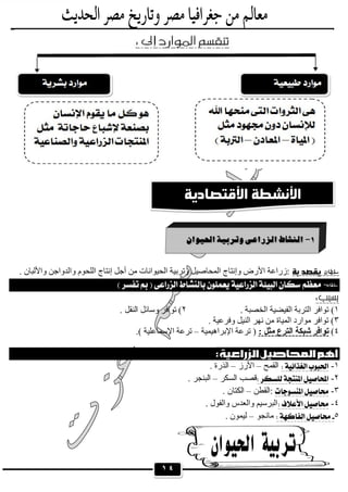 ١٤
. ‫واﻷﻟﺒﺎن‬ ‫واﻟﺪواﺟﻦ‬ ‫اﻟﻠﺤﻮم‬ ‫إﻧﺘﺎج‬ ‫أﺟﻞ‬ ‫ﻣﻦ‬ ‫اﻟﺤﯿﻮاﻧﺎت‬ ‫وﺗﺮﺑﯿﺔ‬ ‫اﻟﻤﺤﺎﺻﯿﻞ‬ ‫وإﻧﺘﺎج‬ ‫اﻷرض‬ ‫:زراﻋﺔ‬
 
 
١. ‫اﻟﺨﺼﺒﺔ‬ ‫اﻟﻔﯿﻀﯿﺔ‬ ‫اﻟﺘﺮﺑﺔ‬ ‫ﺗﻮاﻓﺮ‬ (٢‫ﺗﻮ‬ (. ‫اﻟﻨﻘﻞ‬ ‫وﺳﺎﺋﻞ‬ ‫اﻓﺮ‬
٣. ‫وﻓﺮﻋﯿﺔ‬ ‫اﻟﻨﯿﻞ‬ ‫ﻧﮭﺮ‬ ‫ﻣﻦ‬ ‫اﻟﻤﯿﺎة‬ ‫ﻣﻮارد‬ ‫ﺗﻮاﻓﺮ‬ (
٤(: ‫ﻣﺜﻞ‬ ‫اﻟﺘﺮع‬ ‫ﺷﺒﻜﺔ‬ ‫ﺗﻮاﻓﺮ‬‫اﻹﺑﺮاھﯿﻤﯿﺔ‬ ‫ﺗﺮﻋﺔ‬ )–.( ‫اﻹﺳﻤﺎﻋﻠﯿﺔ‬ ‫ﺗﺮﻋﺔ‬
١-‫اﻟﻘﻤﺢ‬–‫اﻷرز‬–. ‫اﻟﺬرة‬
٢-‫اﻟﺴﻜﺮ‬ ‫ﻗﺼﺐ‬–. ‫اﻟﺒﻨﺠﺮ‬
٣-‫:اﻟﻘﻄﻦ‬–. ‫اﻟﻜﺘﺎن‬
٤-. ‫واﻟﻔﻮل‬ ‫واﻟﻌﺪس‬ ‫اﻟﺒﺮﺳﯿﻢ‬
٥‫ﻣﺎﻧﺠﻮ‬–. ‫ﻟﯿﻤﻮن‬


 