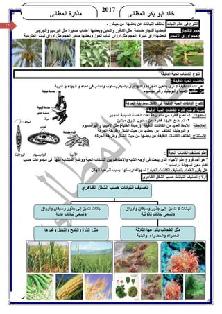 ١٦/ ‫أ‬‫ﺧﺎﻟﺪ‬‫ﺑﻜﺮ‬ ‫اﺑﻮ‬‫اﻟﻤﻈﺎﻟﻰ‬ ٠١١٤٠٢٣٧٩٩
‫ﺍﻟﻤﻅﺎﻟﻰ‬ ‫ﺒﻜﺭ‬ ‫ﺍﺒﻭ‬ ‫ﺨﺎﻟﺩ‬
2017
‫ﺍﻟﻤﻅﺎﻟﻰ‬ ‫ﻤﺫﻜﺭﺓ‬KHALED
١٦
‫اﻟﻈﺎھﺮي‬ ‫اﻟﺸﻜﻞ‬ ‫ﺣﺴﺐ‬ ‫اﻟﻨﺒﺎﺗﺎت‬ ‫ﺗﺼﻨﯿﻒ‬
‫وأوراق‬ ‫وﺳﯿﻘﺎن‬ ‫ﺟﺬور‬ ‫إﻟﻰ‬ ‫ﺗﺘﻤﯿﺰ‬ ‫ﻧﺒﺎﺗﺎت‬
‫ﻧﺒﺎﺗﺎت‬ ‫وﺗﺴﻤﻰ‬‫ﻋﺎدﯾﺔ‬
‫ﻻ‬ ‫ﻧﺒﺎﺗﺎت‬‫ﺗﺘﻤﯿﺰ‬‫وأوراق‬ ‫وﺳﯿﻘﺎن‬ ‫ﺟﺬور‬ ‫إﻟﻰ‬
‫ﺛﺎﻟﻮﺛﯿﺔ‬ ‫ﻧﺒﺎﺗﺎت‬ ‫وﺗﺴﻤﻰ‬
‫ﻣﺜﻞ‬‫وﻏﯿﺮھﺎ‬ ‫واﻟﻨﺨﯿﻞ‬ ‫واﻟﻘﻤﺢ‬ ‫اﻟﺬرة‬ ‫ﻣﺜﻞ‬‫ﺑﺄﻧﻮاﻋﮭﺎ‬ ‫اﻟﻄﺤﺎﻟﺐ‬‫اﻟﺜﻼﺛﺔ‬
‫اﻟﺤﻤﺮاء‬‫و‬‫واﻟﺒﻨﯿﺔ‬ ‫اﻟﺨﻀﺮاء‬
‫اﻟﺘﻨﻮع‬‫ﻓﻲ‬‫ﻋﺎﻟﻢ‬‫اﻟﻨﺒﺎت‬‫اﻟﻨﺒﺎﺗﺎت‬ ‫ﺗﺨﺘﻠﻒ‬‫ﺑﻌﻀﮭﺎ‬ ‫ﻋﻦ‬‫ﺣﯿﺚ‬ ‫ﻣﻦ‬:-
‫ﺣﺠﻢ‬‫اﻻﺷﺠﺎر‬‫واﻟﺠﺮﺟﯿﺮ‬ ‫اﻟﺒﺮﺳﯿﻢ‬ ‫ﻣﺜﻞ‬ ‫ﺻﻐﯿﺮة‬ ‫أﻋﺸﺎب‬ ‫وﺑﻌﻀﮭﺎ‬ ‫واﻟﻨﺨﯿﻞ‬ ‫اﻟﻜﺎﻓﻮر‬ ‫ﻣﺜﻞ‬ ‫ﺿﺨﻤﺔ‬ ‫أﺷﺠﺎر‬ ‫ﻓﺒﻌﻀﮭﺎ‬
‫وﺣﺠﻢ‬‫أوراق‬‫اﻻﺷﺠﺎر‬‫ﻓﺒﻌﻀﮭﺎ‬‫اراق‬‫ﻛﺒﯿﺮ‬‫ة‬‫ﻣﺜﻞ‬ ‫اﻟﺤﺠﻢ‬‫اوراق‬‫وﺑﻌﻀﮭﺎ‬ ‫اﻟﻤﻮز‬ ‫ﻧﺒﺎت‬‫اﻟﺤﺠﻢ‬ ‫ﺻﻐﯿﺮ‬‫ﻣﺜﻞ‬‫ﻧﺒﺎت‬ ‫اوراق‬‫اﻟﻤﻠﻮﺧﯿﺔ‬
‫اﻟﺪﻗﯿﻘﺔ‬ ‫اﻟﺤﯿﺔ‬ ‫اﻟﻜﺎﺋﻨﺎت‬ ‫ﺗﻨﻮع‬
: ‫اﻟﺪﻗﯿﻘﺔ‬ ‫اﻟﺤﯿﺔ‬ ‫اﻟﻜﺎﺋﻨﺎت‬
‫ﻛﺎﺋﻨﺎت‬ ‫ھﻲ‬‫دﻗﯿﻘﺔ‬‫ﺗﺮ‬ ‫ﻻ‬‫ى‬‫وﻟﻜﻨﮭﺎ‬ ‫اﻟﻤﺠﺮدة‬ ‫ﺑﺎﻟﻌﯿﻦ‬‫و‬ ‫ﺑﺎﻟﻤﯿﻜﺮوﺳﻜﻮب‬ ‫ﺗﺮى‬‫ﺗﻨﺘﺸﺮ‬‫اﻟﺘﺮﺑﺔ‬ ‫و‬ ‫اﻟﮭﻮاء‬ ‫و‬ ‫اﻟﻤﺎء‬ ‫ﻓﻰ‬
‫ﻣﻦ‬‫أﻣﺜﻠﺘﮭﺎ‬‫واﻟﺒﺮاﻣﯿﺴﯿﻮم‬ ‫واﻟﯿﻮﺟﻠﯿﻨﺎ‬ ‫اﻷﻣﯿﺒﺎ‬
‫ﺗﺘﻨﻮع‬‫اﻟﻜﺎﺋﻨﺎت‬‫اﻟﺤﯿﺔ‬‫اﻟﺪﻗﯿﻘﺔ‬‫ﻓﻲ‬‫اﻟﺸﻜﻞ‬‫وﻃﺮﯾﻘﺔ‬‫اﻟﺤﺮﻛﺔ‬
‫اﻟﺪﻗﯿﻘﺔ‬ ‫اﻟﺤﯿﺔ‬ ‫اﻟﻜﺎﺋﻨﺎت‬ ‫ﺗﻨﻮع‬ ‫ﺗﻮﺿﺢ‬ ‫ﺗﺠﺮﺑﺔ‬
‫اﻟﺨﻄﻮات‬١-‫ﻧ‬‫ﺑﺮﻛﺔ‬ ‫ﻣﺎء‬ ‫ﻣﻦ‬ ‫ﻗﻄﺮة‬ ‫ﻀﻊ‬‫ﺗﺤﺖ‬‫ﻟﻠﻤﺠﮭﺮ‬ ‫اﻟﺸﯿﺌﯿﺔ‬ ‫اﻟﻌﺪﺳﺔ‬
٢-‫ﻧ‬ ‫ﺛﻢ‬‫ﻀﻊ‬‫ﻋﻠﯿﮭﺎ‬‫ﻣﻦ‬ ‫ﻗﻄﺮة‬‫ﻣﺤﻠﻮل‬‫ﻣﯿﺜﻠﯿﻦ‬ ‫ازرق‬
‫اﻟﻤﻼﺣﻈﺔ‬‫ﻧﻼﺣﻆ‬‫اﻻﻣﯿﺒﯿﺎ‬ ‫ﻣﺜﻞ‬ (‫اﻟﺨﻠﯿﺔ‬ ‫)وﺣﯿﺪة‬ ‫اﻟﺪﻗﯿﻘﺔ‬ ‫اﻟﻜﺎﺋﻨﺎت‬ ‫ﻣﻦ‬ ‫اﻟﻌﺪﯾﺪ‬‫و‬‫اﻟﺒﺮاﻣﺴﯿﻮم‬
‫و‬‫اﻟﯿﻮﺟﻠﯿﻨﺎ‬.‫اﻟﺤﺮﻛﺔ‬ ‫وﻃﺮﯾﻘﺔ‬ ‫اﻟﺸﻜﻞ‬ ‫ﺣﯿﺚ‬ ‫ﻣﻦ‬ ‫ﺑﻌﻀﮭﺎ‬ ‫ﻋﻦ‬ ‫ﺗﺨﺘﻠﻒ‬
‫اﻻﺳﺘﻨﺘﺎج‬‫ﺑﻌﻀﮭﺎ‬ ‫ﻋﻦ‬ ‫اﻟﺪﻗﯿﻘﺔ‬ ‫اﻟﻜﺎﺋﻨﺎت‬ ‫ﺗﺨﺘﻠﻒ‬‫ﻣﻦ‬‫ﺣﯿﺚ‬‫اﻟﺤﺮﻛﺔ‬ ‫وﻃﺮﯾﻘﺔ‬ ‫اﻟﺸﻜﻞ‬
‫ﻋﻠﻢ‬‫ﺗﺼﻨﯿﻒ‬‫اﻟﻜﺎﺋﻨﺎ‬‫ت‬‫اﻟﺤﯿﺔ‬:
‫ووﺿﻊ‬ ‫اﻟﺤﯿﺔ‬ ‫اﻟﻜﺎﺋﻨﺎت‬ ‫ﺑﯿﻦ‬ ‫واﻷﺧﺘﻼف‬ ‫اﻟﺸﺒﮫ‬ ‫أوﺟﮫ‬ ‫ﻓﻲ‬ ‫ﯾﺒﺤﺚ‬ ‫اﻟﺬي‬ ‫اﻷﺣﯿﺎء‬ ‫ﻋﻠﻢ‬ ‫ﻓﺮوع‬ ‫أﺣﺪ‬ ‫ھﻮ‬ "‫ﻣﻨﮭﺎ‬ ‫اﻟﻤﺘﺸﺎﺑﮫ‬‫ﺣﺴﺐ‬ ‫ﻣﺠﻤﻮﻋﺎت‬ ‫ﻓﻲ‬
‫ﻣﻌﯿﻦ‬ ‫ﻧﻈﺎم‬‫دراﺳﺘﮭﺎ‬ ‫ﻟﺴﮭﻮﻟﺔ‬"
‫ﯾ‬ ‫ﻋﻠﻞ‬‫ﻘﻮم‬‫اﻟﻌﻠﻤﺎء‬‫اﻟﺤﯿﺔ‬ ‫اﻟﻜﺎﺋﻨﺎت‬ ‫ﺑﺘﺼﻨﯿﻒ‬‫؟‬‫ﻟ‬‫ﺑﺴﺒﺐ‬ ‫دراﺳﺘﮭﺎ‬ ‫ﺴﮭﻮﻟﺔ‬‫اﻟﮭﺎﺋﻞ‬ ‫ﺗﻨﻮﻋﮭﺎ‬
‫أوﻻ‬:‫ﺗﺼﻨﯿﻒ‬‫اﻟﻨﺒﺎﺗﺎت‬‫ﺣﺴﺐ‬‫ا‬‫ﻟﺸﻜﻞ‬‫اﻟﻈﺎھﺮي‬
 