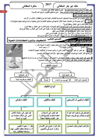١٩/ ‫أ‬‫ﺧﺎﻟﺪ‬‫ﺑﻜﺮ‬ ‫اﺑﻮ‬‫اﻟﻤﻈﺎﻟﻰ‬ ٠١١٤٠٢٣٧٩٩
‫ﺍﻟﻤﻅﺎﻟﻰ‬ ‫ﺒﻜﺭ‬ ‫ﺍﺒﻭ‬ ‫ﺨﺎﻟﺩ‬
2017
‫ﺍﻟﻤﻅﺎﻟﻰ‬ ‫ﻤﺫﻜﺭﺓ‬KHALED
١٩
‫ﻟﻠﺨﺎرج؟‬ ‫ﻣﻤﺘﺪة‬ ‫اﻣﺎﻣﯿﺔ‬ ‫اﺳﻨﺎن‬ ‫ﻟﺔ‬ ‫اﻟﻘﻨﻔﺬ‬ ‫ﻋﻠﻠﻰ‬‫اﻟﺤﺸﺮات‬ ‫ﻋﻠﻰ‬ ‫اﻟﺘﻘﺎط‬ ‫ﺗﺴﺘﻄﯿﻊ‬ ‫ﺣﺘﻰ‬
‫ﻋﻠﻠﻰ‬‫ﺣﺎدة‬ ‫ﺿﺮوس‬ ‫و‬ ‫ﻣﺪﺑﺒﺔ‬ ‫اﻧﯿﺎب‬ ‫ﻟﺔ‬ ‫اﻟﻨﻤﺮ‬ ‫و‬ ‫اﻻﺳﺪ‬‫اﻟﻔﺮﯾﺴﺔ‬ ‫ﻟﺤﻢ‬ ‫ﺗﻤﺰﯾﻖ‬ ‫و‬ ‫ﺗﻘﻄﯿﻊ‬ ‫ﯾﺴﺘﻄﯿﻊ‬ ‫ﺣﺘﻰ‬
‫وﺣﺪة‬‫ﺗﺼﻨﯿﻒ‬‫اﻟﻜﺎﺋﻨﺎت‬‫اﻟﺤﯿﺔ‬
‫ﻟﯿﻨ‬ ‫اﻟﻌﺎﻟﻢ‬ ‫اﺗﺨﺬ‬‫ﯿ‬‫اﻟﻨـﻮع‬ ‫ﻣﻦ‬ ‫ﻮس‬‫وﺣﺪة‬‫اﻟﺘﺼﻨﯿﻒ‬‫اﻻﺳﺎﺳﯿﺔ‬‫اﻟﺤﯿﺔ‬ ‫ﻟﻠﻜﺎﺋﻨﺎت‬‫اﻷراﻧﺐ‬ ‫أو‬ ‫اﻟﻜﻼب‬ ‫أو‬ ‫اﻟﻘﻄﻂ‬ ‫ﻧﻮع‬ ‫ﻣﺜﻞ‬
‫اﻟﻨﻮع‬‫اﻷﻛﺜﺮ‬ ‫اﻟﺤﯿﺔ‬ ‫اﻟﻜﺎﺋﻨﺎت‬ ‫ﻣﻦ‬ ‫ﻣﺠﻤﻮﻋﺔ‬ ‫"ھﻮ‬ :‫أﻓﺮادا‬ ‫وﺗﻨﺘﺞ‬ ‫ﺑﯿﻨﮭﺎ‬ ‫ﻓﯿﻤﺎ‬ ‫ﺗﺘﺰاوج‬ ‫أن‬ ‫ﯾﻤﻜﻨﮭﺎ‬ ‫واﻟﺘﻲ‬ ‫اﻟﻈﺎھﺮﯾﺔ‬ ‫ﺻﻔﺎﺗﮭﺎ‬ ‫ﻓﻲ‬ ‫ﺗﺸﺎﺑﮭﺎ‬
" ‫اﻟﻨﻮع‬ ‫وﺣﻔﻆ‬ ‫اﻟﺘﻜﺎﺛﺮ‬ ‫ﻋﻠﻰ‬ ‫ﻗﺎدرة‬ ‫ﺧﺼﺒﺔ‬ ‫ﺟﺪﯾﺪة‬
١-‫ﻋﻠﻞ‬‫اﻟﻮاﺣﺪ؟‬ ‫اﻟﻨﻮع‬ ‫اﻓﺮاد‬ ‫ﺑﯿﻦ‬ ‫ﺗﺰاوج‬ ‫ﺣﺪوث‬ ‫ﯾﻤﻜﻦ‬‫اﻟﻨﻮع‬ ‫ﺣﻔﻆ‬ ‫و‬ ‫اﻟﺘﻜﺎﺛﺮ‬ ‫ﻋﻠﻰ‬ ‫ﻗﺎدرة‬ ‫ﺧﺼﺒﺔ‬ ‫اﻓﺮاد‬ ‫ﺗﻨﺘﺞ‬ ‫ﻻﻧﮭﺎ‬
٢-‫اﻓﺮاد‬ ‫ﺑﯿﻦ‬ ‫ﺗﺰاوج‬ ‫ﺣﺪوث‬ ‫ﻻﯾﻤﻜﻦ‬‫ﻣﺨﺘﻠ‬ ‫اﻧﻮاع‬‫ﻔﺔ‬‫ﻻ‬ ‫؟‬‫اﻟﻨﻮع‬ ‫ﺣﻔﻆ‬ ‫و‬ ‫اﻟﺘﻜﺎﺛﺮ‬ ‫ﻋﻠﻰ‬ ‫ﻗﺎدرة‬ ‫ﻏﯿﺮ‬ ‫ﻋﻘﯿﻤﺔ‬ ‫اﻓﺮاد‬ ‫ﺗﻨﺘﺞ‬ ‫ﻧﮭﺎ‬‫ﻣﺜﻞ‬
‫ﺗﺰاوج‬‫ذﻛﺮ‬‫و‬ ‫ﺣﻤﺎر‬‫اﻟ‬ ‫اﻧﺜﻰ‬‫ﺤﺼﺎن‬‫ﯾﻨﺘﺞ‬‫اﻟﺒﻐﻞ‬ ‫ﺗﺴﻤﻰ‬ ‫ﻋﻘﯿﻤﺔ‬ ‫أﻧﺜﻰ‬
‫ذﻧﻜﻰ‬ ‫ﺗﺴﻤﻰ‬ ‫ﻋﻘﯿﻤﺔ‬ ‫اﻧﺜﻰ‬ ‫ﺗﻨﺘﺞ‬ ‫ﺑﺮى‬ ‫ﺣﻤﺎر‬ ‫اﻧﺜﻰ‬ ‫و‬ ‫وﺣﺸﻰ‬ ‫ﺣﻤﺎر‬ ‫ذﻛﺮ‬ ‫ﺗﺰاوج‬
‫اﺳﯿﻮﯾﺔ؟‬ ‫ﺑﺎﻣﺮاة‬ ‫اﻓﺮﯾﻘﻰ‬ ‫رﺟﻞ‬ ‫ﺗﺰاوج‬ ‫ﻋﻨﺪ‬ ‫ﯾﺤﺪث‬ ‫ﻣﺎذا‬‫ﻻﻧﮭ‬ ‫ﺧﺼﺒﺔ‬ ‫اﻓﺮاد‬ ‫ﺗﻨﺘﺞ‬‫واﺣﺪ‬ ‫ﻧﻮع‬ ‫ﻤﺎ‬
‫ﺳﺒﺐ‬ ‫ھﻮ‬ ‫ﻣﺎ‬‫اﻟﺤﯿﺔ‬ ‫اﻟﻜﺎﺋﻨﺎت‬ ‫ﺗﻨﻮع‬‫؟‬‫ﻓﯿﮭﺎ‬ ‫ﺗﻌﯿﺶ‬ ‫اﻟﺘﻲ‬ ‫اﻟﺒﯿﺌﺎت‬ ‫ﺗﻌﺪد‬‫و‬‫ﻣﺜﻞ‬ ‫اﻟﺒﯿﺌﯿﺔ‬ ‫اﻟﺘﻐﯿﺮات‬:-
١–‫اﻟﻤﻨﺎخ‬ ‫ﺗﻐﯿﺮ‬٢–‫اﻟﻐﺬاء‬ ‫ﺗﻨﻮع‬٣–‫اﻟﻤﺎء‬ ‫وﺟﻮد‬
‫اﻟﺘﻜﯿﻒ‬:‫ھﻮ‬‫ﺗﺤﻮر‬‫او‬‫ﻷﻋﻀﺎﺋﮫ‬ ‫اﻟﺤﯿﻮﯾﺔ‬ ‫اﻟﻮﻇﺎﺋﻒ‬ ‫أو‬ ‫ﺟﺴﻤﮫ‬ ‫ﺗﺮﻛﯿﺐ‬ ‫أو‬ ‫اﻟﺤﻲ‬ ‫اﻟﻜﺎﺋﻦ‬ ‫ﺳﻠﻮك‬ ‫ﻓﻲ‬ ‫ﺗﻐﯿﺮ‬
‫ﻟ‬‫و‬ ‫اﻟﺠﻤﻞ‬ ‫ﻗﺪم‬ ‫ﻣﺜﺎل‬ ‫ﻓﯿﮭﺎ‬ ‫ﯾﻌﯿﺶ‬ ‫اﻟﺘﻲ‬ ‫اﻟﺒﯿﺌﺔ‬ ‫ﻇﺮوف‬ ‫ﻣﻊ‬ ‫ﺗﻼؤﻣﺎ‬ ‫أﻛﺜﺮ‬ ‫ﯾﺼﺒﺢ‬ ‫ﻜﻲ‬‫ﻗﺪم‬‫اﻟﺤﺼﺎن‬
1-‫ﺳﻤﯿﻚ‬ ‫ﺑﺨﻒ‬ ‫اﻟﺠﻤﻞ‬ ‫ﻗﺪم‬ ‫ﺗﻨﺘﮭﻲ‬‫و‬‫ﻣﻔﻠﻄﺢ‬(‫)ﻋﻠﻞ‬‫ﺣﺘﻰ‬‫اﻟﻤﻠﺘﮭﺒﺔ‬ ‫اﻟﺮﻣﺎل‬ ‫ﺣﺮارة‬ ‫ﻣﻦ‬ ‫ﺗﺤﻤﯿﺔ‬ ‫و‬ ‫اﻟﺮﻣﺎل‬ ‫ﻓﻰ‬ ‫ﺗﻐﻮص‬ ‫ﻻ‬
٢-( ‫)ﻋﻠﻞ‬ ‫ﻗﻮي‬ ‫ﺑﺤﺎﻓﺮ‬ ‫اﻟﺤﺼﺎن‬ ‫ﻗﺪم‬ ‫ﺗﻨﺘﮭﻲ‬‫ﺣﺘﻰ‬‫ﯾﺴﺘﻄﯿﻊ‬‫اﻟﺼﺨﺮﯾﺔ‬ ‫اﻟﺘﺮﺑﺔ‬ ‫ﻋﻠﻰ‬ ‫اﻟﺠﺮي‬
‫اﻟﺘﻜﯿﻒ‬ ‫أﻧﻮاع‬
‫ﺳﻠﻮﻛﻲ‬ ‫ﺗﻜﯿﻒ‬ ‫وﻇﯿﻔﻲ‬ ‫ﺗﻜﯿﻒ‬ ‫ﺗﺸﺮﯾﺤﻲ‬ ‫أو‬ ‫ﺗﺮﻛﯿﺒﻲ‬ ‫ﺗﻜﯿﻒ‬
‫اﻟﻜﺎﺋﻦ‬ ‫ﺳﻠﻮك‬ ‫ﻓﻰ‬ ‫ﺗﺤﻮر‬ ‫ھﻮ‬
‫ﻣﻦ‬ ‫ﻣﺤﺪدة‬ ‫أوﻗﺎت‬ ‫ﻓﻲ‬ ‫اﻟﺤﻰ‬
‫اﻟﺴﻨﺔ‬ ‫او‬ ‫اﻟﯿﻮم‬
‫و‬ ‫أﻧﺴﺠﺔ‬ ‫ﻓﻰ‬ ‫ﺗﺤﻮر‬ ‫ھﻮ‬
‫اﻋﻀﺎ‬‫ﻗﺎدرة‬ ‫ﻟﺘﺼﺒﺢ‬ ‫ءاﻟﺠﺴﻢ‬
‫ﻣﻌﯿﻨﺔ‬ ‫ﺑﻮﻇﯿﻔﺔ‬ ‫اﻟﻘﯿﺎم‬ ‫ﻋﻠﻰ‬
‫أﺟﺰاء‬ ‫أﺣﺪ‬ ‫ﺗﺮﻛﯿﺐ‬ ‫ھﻮﺗﺤﻮرﻓﻰ‬
‫اﻟﺒﯿﺌﺔ‬ ‫ﻇﺮوف‬ ‫ﻣﻊ‬ ‫ﻟﯿﺘﻼﺋﻢ‬ ‫اﻟﺠﺴﻢ‬
‫اﻟﺤﺼﺎن‬ ‫وﻗﺪم‬ ‫اﻟﺠﻤﻞ‬ ‫ﻗﺪم‬ ‫ﻣﺜﻞ‬‫اﻷﻧﺴﺎن‬ ‫ﻓﻰ‬ ‫اﻟﻌﺮق‬ ‫اﻓﺮاز‬ ‫ﻣﺜﻞ‬
‫اﻟﺜﻌﺎﺑﯿﻦ‬ ‫ﻓﻲ‬ ‫اﻟﺴﻢ‬ ‫واﻓﺮاز‬
‫ﻣﺜﻞ‬١-‫اﻟﻄﯿﻮر‬ ‫ھﺠﺮة‬
٢-‫ﻧﮭﺎرا‬ ‫اﻟﻄﯿﻮر‬ ‫ﻣﻌﻈﻢ‬ ‫ﻧﺸﺎط‬ ‫و‬
‫ﻟﯿﻼ‬ ‫اﻟﺨﻔﺎﻓﯿﺶ‬ ‫وﻧﺸﺎط‬
‫ا‬ ‫ﻓﻲ‬‫ﻟﺤﯿﻮاﻧﺎت‬‫اﻟﻨﺒﺎﺗﺎت‬ ‫ﻓﻲ‬
‫اﻟﻐﺬاء‬ ‫ﻋﻠﻰ‬ ‫ﻟﻠﺤﺼﻮل‬‫اﻻﻋﺪاء‬ ‫ﻣﻦ‬ ‫اﻟﮭﺮوب‬‫اﻟﺤﺮﻛﺔ‬‫اﻟﺒﯿﺌﺔ‬ ‫ﻇﺮوف‬ ‫ﻣﻊ‬ ‫ﻟﻠﺘﻜﯿﻒ‬
‫اﻟﺘﻜﯿﻒ‬ ‫أﺳﺒﺎب‬
 