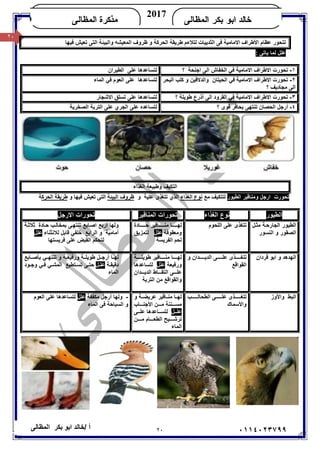 ٢٠/ ‫أ‬‫ﺧﺎﻟﺪ‬‫ﺑﻜﺮ‬ ‫اﺑﻮ‬‫اﻟﻤﻈﺎﻟﻰ‬ ٠١١٤٠٢٣٧٩٩
‫ﺍﻟﻤﻅﺎﻟﻰ‬ ‫ﺒﻜﺭ‬ ‫ﺍﺒﻭ‬ ‫ﺨﺎﻟﺩ‬
2017
‫ﺍﻟﻤﻅﺎﻟﻰ‬ ‫ﻤﺫﻜﺭﺓ‬KHALED
٢٠
‫اﻷﻃﺮاف‬ ‫ﻋﻈﺎم‬ ‫ﺗﺘﺤﻮر‬‫اﻟﺜﺪﯾﯿﺎت‬ ‫ﻓﻰ‬ ‫اﻻﻣﺎﻣﯿﺔ‬‫ﻃﺮﯾﻘﺔ‬ ‫ﻟﺘﻼءم‬‫اﻟ‬‫ﺤﺮﻛﺔ‬‫اﻟ‬ ‫ﻇﺮوف‬ ‫و‬‫واﻟﺒﯿﺌﺔ‬ ‫ﻤﻌﯿﺸﮫ‬‫ﻓﯿﮭﺎ‬ ‫ﺗﻌﯿﺶ‬ ‫اﻟﺘﻰ‬
: ‫ﯾﺎﺗﻰ‬ ‫ﻟﻤﺎ‬ ‫ﻋﻠﻞ‬
١-‫؟‬ ‫اﺟﻨﺤﺔ‬ ‫اﻟﻰ‬ ‫اﻟﺨﻔﺎش‬ ‫ﻓﻲ‬ ‫اﻻﻣﺎﻣﯿﺔ‬ ‫اﻻﻃﺮاف‬ ‫ﺗﺤﻮرت‬‫اﻟﻄﯿﺮان‬ ‫ﻋﻠﻰ‬ ‫ﻟﺘﺴﺎﻋﺪھﺎ‬
٢-‫ﺗﺤﻮرت‬‫اﻟﺤ‬ ‫ﻓﻲ‬ ‫اﻻﻣﺎﻣﯿﺔ‬ ‫اﻻﻃﺮاف‬‫ﯿﺘﺎن‬‫واﻟﺪ‬‫اﻟﺒﺤﺮ‬ ‫ﻛﻠﺐ‬ ‫و‬ ‫ﻻﻓﯿﻦ‬
‫؟‬ ‫ﻣﺠﺎدﯾﻒ‬ ‫اﻟﻰ‬
‫اﻟﻤﺎء‬ ‫ﻓﻲ‬ ‫اﻟﻌﻮم‬ ‫ﻋﻠﻰ‬ ‫ﻟﺘﺴﺎﻋﺪھﺎ‬
٣-‫؟‬ ‫ﻃﻮﯾﻠﺔ‬ ‫أذرع‬ ‫اﻟﻰ‬ ‫اﻟﻘﺮود‬ ‫ﻓﻲ‬ ‫اﻻﻣﺎﻣﯿﺔ‬ ‫اﻻﻃﺮاف‬ ‫ﺗﺤﻮرت‬‫اﻻﺷﺠﺎر‬ ‫ﺗﺴﻠﻖ‬ ‫ﻋﻠﻰ‬ ‫ﻟﺘﺴﺎﻋﺪھﺎ‬
٤-‫؟‬ ‫ﻗﻮى‬ ‫ﺑﺤﺎﻓﺮ‬ ‫ﺗﻨﺘﮭﻰ‬ ‫اﻟﺤﺼﺎن‬ ‫أرﺟﻞ‬‫اﻟﺼﺨﺮﯾﺔ‬ ‫اﻟﺘﺮﺑﺔ‬ ‫ﻋﻠﻰ‬ ‫اﻟﺠﺮي‬ ‫ﻋﻠﻰ‬ ‫ﻟﺘﺴﺎﻋﺪه‬
‫اﻟﻐﺬاء‬ ‫وﻃﺒﯿﻌﺔ‬ ‫اﻟﺘﻜﯿﻒ‬
‫ﺗﺤﻮر‬‫ت‬‫ا‬‫اﻟﻄﯿﻮر‬ ‫وﻣﻨﺎﻗﯿﺮ‬ ‫رﺟﻞ‬‫ﻣﻊ‬ ‫ﻟﺘﺘﻜﯿﻒ‬‫اﻟﻐﺬاء‬ ‫ﻧﻮع‬‫ﺗﺘﻐﺬى‬ ‫اﻟﺬي‬‫ﻋﻠﯿﺔ‬‫و‬‫اﻟﺒﯿﺌﺔ‬ ‫ﻇﺮوف‬‫ﻓﯿﮭﺎ‬ ‫ﺗﻌﯿﺶ‬ ‫اﻟﺘﻰ‬‫و‬‫ﻃﺮﯾﻘﺔ‬‫اﻟ‬‫ﺤﺮﻛ‬‫ﺔ‬
‫اﻟﻄﯿﻮر‬‫اﻟﻐﺬاء‬ ‫ﻧﻮع‬‫اﻟﻤﻨﺎﻗﯿﺮ‬ ‫ﺗﺤﻮرات‬‫اﻻرﺟﻞ‬ ‫ﺗﺤﻮرات‬
‫ﻞ‬‫ﻣﺜ‬ ‫ﺔ‬‫اﻟﺠﺎرﺣ‬ ‫اﻟﻄﯿﻮر‬
‫اﻟﻨﺴﻮر‬ ‫و‬ ‫اﻟﺼﻘﻮر‬
‫اﻟﻠﺤﻮم‬ ‫ﻋﻠﻰ‬ ‫ﺗﺘﻐﺬى‬‫ﺎدة‬ ‫ﺣ‬ ‫ﺎﻗﯿﺮ‬ ‫ﻣﻨ‬ ‫ﺎ‬ ‫ﻟﮭ‬
‫و‬‫ﻣﻌﻘﻮﻓﺔ‬‫ﻋﻠﻞ‬‫ﻟﺘﻤﺰﯾﻖ‬
‫اﻟﻔﺮﯾﺴﺔ‬ ‫ﻟﺤﻢ‬
‫ﻰ‬‫ﺗﻨﺘﮭ‬ ‫ﺎﺑﻊ‬‫اﺻ‬ ‫ارﺑﻊ‬ ‫وﻟﮭﺎ‬‫ﺔ‬‫ﺛﻼﺛ‬ ‫ﺎدة‬‫ﺣ‬ ‫ﺐ‬‫ﺑﻤﺨﺎﻟ‬
‫ﻟﻼﻧﺜﻨﺎء‬ ‫ﻗﺎﺑﻞ‬ ‫ﺧﻠﻔﻲ‬ ‫اﻟﺮاﺑﻊ‬ ‫و‬ ‫أﻣﺎﻣﯿﺔ‬‫ﻋﻠﻞ‬
‫ﻓﺮﯾﺴﺘﮭﺎ‬ ‫ﻋﻠﻰ‬ ‫اﻟﻘﺒﺾ‬ ‫ﻟﺘﺤﻜﻢ‬
‫ﻗﺮدان‬ ‫اﺑﻮ‬ ‫و‬ ‫اﻟﮭﺪھﺪ‬‫و‬ ‫ﺪان‬ ‫اﻟﺪﯾ‬ ‫ﻰ‬ ‫ﻋﻠ‬ ‫ﺬى‬ ‫ﺗﺘﻐ‬
‫اﻟﻘﻮاﻗﻊ‬
‫ﺎ‬ ‫ﻟﮭ‬‫ﺔ‬ ‫ﻃﻮﯾﻠ‬ ‫ﺎﻗﯿﺮ‬ ‫ﻣﻨ‬
‫ورﻓﯿﻌﺔ‬‫ﻋﻠﻞ‬‫ﻟﺘﺴﺎﻋﺪھﺎ‬
‫ﺪان‬ ‫اﻟﺪﯾ‬ ‫ﺎط‬ ‫اﻟﺘﻘ‬ ‫ﻰ‬ ‫ﻋﻠ‬
‫اﻟﺘﺮﺑﺔ‬ ‫ﻣﻦ‬ ‫واﻟﻘﻮاﻗﻊ‬
‫ﺎﺑﻊ‬ ‫ﺑﺄﺻ‬ ‫ﻲ‬ ‫ﺗﻨﺘﮭ‬ ‫و‬ ‫ﺔ‬ ‫ورﻓﯿﻌ‬ ‫ﺔ‬ ‫ﻃﻮﯾﻠ‬ ‫ﻞ‬ ‫أرﺟ‬ ‫ﺎ‬ ‫ﻟﮭ‬
‫ﺔ‬ ‫دﻗﯿﻘ‬‫ﻞ‬ ‫ﻋﻠ‬‫ﻮد‬ ‫وﺟ‬ ‫ﻲ‬ ‫ﻓ‬ ‫ﻲ‬ ‫اﻟﻤﺸ‬ ‫ﺘﻄﯿﻊ‬ ‫ﺗﺴ‬ ‫ﻰ‬ ‫ﺣﺘ‬
‫اﻟﻤﺎء‬
‫واﻷوز‬ ‫اﻟﺒﻂ‬‫ﺐ‬ ‫اﻟﻄﺤﺎﻟ‬ ‫ﻰ‬ ‫ﻋﻠ‬ ‫ﺬى‬ ‫ﺗﺘﻐ‬
‫واﻷﺳﻤﺎك‬
‫و‬ ‫ﺔ‬ ‫ﻋﺮﯾﻀ‬ ‫ﺎﻗﯿﺮ‬ ‫ﻣﻨ‬ ‫ﺎ‬ ‫ﻟﮭ‬
‫ﺎب‬ ‫اﻷﺟﻨ‬ ‫ﻦ‬ ‫ﻣ‬ ‫ﻨﻨﺔ‬ ‫ﻣﺴ‬
‫ﻞ‬ ‫ﻋﻠ‬‫ﻰ‬ ‫ﻋﻠ‬ ‫ﺎﻋﺪھﺎ‬ ‫ﻟﺘﺴ‬
‫ﻦ‬ ‫ﻣ‬ ‫ﺎم‬ ‫اﻟﻄﻌ‬ ‫ﯿﺢ‬ ‫ﺗﺮﺷ‬
‫اﻟﻤﺎء‬
-‫ﻣﻜﻔﻔﺔ‬ ‫أرﺟﻞ‬ ‫وﻟﮭﺎ‬‫ﻋﻠﻞ‬‫ﻋﻠﻰ‬ ‫ﻟﺘﺴﺎﻋﺪھﺎ‬‫اﻟﻌﻮم‬
‫اﻟﻤﺎء‬ ‫ﻓﻰ‬ ‫اﻟﺴﺒﺎﺣﺔ‬ ‫و‬
 