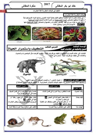 ٢١/ ‫أ‬‫ﺧﺎﻟﺪ‬‫ﺑﻜﺮ‬ ‫اﺑﻮ‬‫اﻟﻤﻈﺎﻟﻰ‬ ٠١١٤٠٢٣٧٩٩
‫ﺍﻟﻤﻅﺎﻟﻰ‬ ‫ﺒﻜﺭ‬ ‫ﺍﺒﻭ‬ ‫ﺨﺎﻟﺩ‬
2017
‫ﺍﻟﻤﻅﺎﻟﻰ‬ ‫ﻤﺫﻜﺭﺓ‬KHALED
٢١ ‫اﻟﻨﺒﺎﺗﺎت‬ ‫ﻓﻲ‬ ‫اﻟﺘﻜﯿﻒ‬‫اﻟﻤﻔﺘﺮﺳﺔ‬‫اﻟﺤﺸﺮات‬ ‫أﻛﻠﺔ‬
‫اﻟﻨﺒﺎﺗﺎت‬‫اﻟﻤﻔﺘﺮﺳﺔ‬‫اﻛﻠﺔ‬‫اﻟﺤﺸﺮات‬:
١-‫اﻟﻜﺮﺑﻮھﯿﺪراﺗﯿﺔ‬ ‫اﻟﻤﻮاد‬ ‫وﺻﻨﻊ‬ ‫اﻟﻀﻮﺋﻲ‬ ‫اﻟﺒﻨﺎء‬ ‫ﺑﻌﻤﻠﯿﺔ‬ ‫اﻟﻘﯿﺎم‬ ‫ﺗﺴﺘﻄﯿﻊ‬ ‫اﻟﺘﻐﺬﯾﺔ‬ ‫ذاﺗﯿﺔ‬ ‫ﺧﻀﺮاء‬ ‫ﻧﺒﺎﺗﺎت‬ ‫ھﻲ‬
٢-‫ﻟﻜﻨﮭ‬‫اﻣﺘﺼﺎص‬ ‫ﺗﺴﺘﻄﯿﻊ‬ ‫ﻻ‬ ‫ﺎ‬‫اﻟﻨﯿﺘﺮوﺟﯿﻨﯿﺔ‬ ‫اﻟﻤﻮاد‬‫اﻟﻼزﻣﺔ‬ ‫اﻟﺘﺮﺑﺔ‬ ‫ﻣﻦ‬‫ﻟﺼﻨﻊ‬‫اﻟﻤﻮاد‬‫اﻟﺒﺮوﺗﯿﻨ‬‫ﯿﺔ‬
٣-‫ﺗﺤﻮرت‬ ‫ﻟﺬﻟﻚ‬‫ﻣﻦ‬ ‫اﺟﺰاء‬‫اوراﻗﮭﺎ‬‫اﻟﺤﺸﺮات‬ ‫ﻷﻗﺘﻨﺎص‬‫ھﻀﻤﮭﺎ‬ ‫و‬‫و‬‫ا‬‫ﻣﺘﺼ‬‫ﺎص‬‫اﻟ‬‫ﻤﻮاد‬‫اﻟ‬‫ﺒﺮوﺗﯿﻨﯿﺔ‬‫ﻣﻨﮭﺎ‬
‫أﻣﺜﻠﺘﮭﺎ‬ ‫وﻣﻦ‬‫اﻟﻤﺎء‬ ‫وﺣﺎﻣﻮل‬ ‫واﻟﺪروﺳﯿﺮا‬ ‫اﻟﺪاﯾﻮﻧﯿﺎ‬
‫ﻗ‬ ‫ﻋﺎﺷﺖ‬ ‫اﻟﺘﻲ‬ ‫اﻟﻜﺎﺋﻨﺎت‬‫وﻟﻢ‬ ‫ﺪﯾﻤﺎ‬‫ااﻟﺒﯿﺌﺔ‬ ‫ﻇﺮوف‬ ‫ﻣﻊ‬ ‫ﺗﺘﻜﯿﻒ‬ ‫ان‬ ‫ﺗﺴﺘﻄﯿﻊ‬‫و‬ ‫ﻣﺎﺗﺖ‬‫ﻣﺜﻞ‬ ‫أﻧﻘﺮﺿﺖ‬‫ا‬‫واﻟﻤﺎﻣﻮث‬ ‫ﻟﺪﯾﻨﺎﺻﻮرات‬
‫و‬‫اﻟﻜﺎﺋﻨﺎت‬‫اﻟﺘﻰ‬‫ﻣﻊ‬ ‫ﺗﻜﯿﻔﺖ‬‫اﻟﺒﯿﺌﺔ‬ ‫ﻇﺮوف‬‫ا‬‫ﺳﺘﻤﺮ‬‫ت‬‫اﻟﺤﯿﺎة‬ ‫ﻓﻲ‬
‫ﻣﻦ‬‫ﺻﻮر‬‫ﻓﻲ‬ ‫اﻟﺘﻜﯿﻒ‬‫اﻟﺤﯿﺔ‬ ‫اﻟﻜﺎﺋﻨﺎت‬١-‫اﻟﺸﺘﻮي‬ ‫اﻟﺒﯿﺎت‬٢-‫اﻟﺼﯿﻔﻲ‬ ‫واﻟﺨﻤﻮل‬٣-‫اﻟﻄﯿﻮر‬ ‫وھﺠﺮة‬
‫ﻟﻠﺘﻜ‬ ‫أﻣﺜﻠﺔ‬ ‫وﺟﻤﯿﻌﮭﺎ‬ )( ‫اﻟﺴﻠﻮﻛﻲ‬ ‫ﯿﻒ‬٤-‫اﻟﺼﺤﺮاوﯾﺔ‬ ‫و‬ ‫اﻟﻤﺎﺋﯿﺔ‬ ‫اﻟﻨﺒﺎﺗﺎت‬ ‫ﺗﻜﯿﻒ‬٥-( ‫اﻟﻤﻤﺎﺗﻨﺔ‬ )‫اﻟﺘﺨﻔﻰ‬ ‫ﺑﻐﺮض‬ ‫اﻟﺘﻜﯿﻒ‬
‫اﻟﻤﻘﺎرﻧﺔ‬ ‫وﺟﮫ‬
١-‫اﻟﺸﺘﻮي‬ ‫اﻟﺒﯿﺎت‬٢-‫اﻟﺼﯿﻔﻲ‬ ‫اﻟﺨﻤﻮل‬
‫اﻟﺤﺪوث‬ ‫وﻗﺖ‬‫اﻟﺸﺘﺎء‬ ‫ﻓﺼﻞ‬ ‫ﻓﻲ‬ ‫اﻟﺤﺮارة‬ ‫درﺟﺔ‬ ‫ﺗﻨﺨﻔﺾ‬ ‫ﻋﻨﺪﻣﺎ‬‫اﻟﺼﯿﻒ‬ ‫ﻓﺼﻞ‬ ‫ﻓﻰ‬ ‫اﻟﺤﺮارة‬ ‫درﺟﺔ‬ ‫ﺗﺮﺗﻔﻊ‬ ‫ﻋﻨﺪﻣﺎ‬
‫اﻟﺼﺤﺮاوﯾﺔ‬ ‫اﻟﻤﻨﺎﻃﻖ‬ ‫ﻓﻲ‬ ‫ﺧﺎﺻﺔ‬
‫ﯾ‬ ‫ﻛﯿﻒ‬‫ﺤﺪث‬١-‫اﻟﺠﺤﻮر‬ ‫ﻓﻲ‬ ‫اﻟﺤﯿﻮاﻧﺎت‬ ‫ﺑﻌﺾ‬ ‫ﺗﺨﺘﺒﺎ‬‫ﻣﺜﻞ‬
‫اﻟﺤﺸﺮات‬ ‫و‬ ‫اﻟﺰواﺣﻒ‬
٢-‫اﻟﺘﻐﺬﯾﺔ‬ ‫ﻋﻦ‬ ‫وﺗﺘﻮﻗﻒ‬ ‫اﻟﻄﯿﻦ‬ ‫ﻓﻲ‬ ‫ﻧﻔﺴﮭﺎ‬ ‫ﺗﺪﻓﻦ‬ ‫أو‬
‫ﻧﺸﺎﻃﮭﺎ‬ ‫وﯾﻘﻞ‬‫ﻣﺜﻞ‬‫اﻟﻀﻔﺎدع‬
‫او‬ ‫رﻃﺒﺔ‬ ‫ﺟﺤﻮر‬ ‫ﻓﻲ‬ ‫اﻟﻜﺎﺋﻨﺎت‬ ‫ﺑﻌﺾ‬ ‫ﺗﺨﺘﺒﺎ‬
‫اﻟﺴﻜﻮن‬ ‫اﻟﻰ‬ ‫ﺗﻠﺠﺄ‬‫ﻣﺜﻞ‬
‫اﻟﺤﺸﺮات‬ ‫وﺑﻌﺾ‬ ‫اﻟﺼﺤﺮاوي‬ ‫واﻟﻘﻮﻗﻊ‬ ‫اﻟﯿﺮﺑﻮع‬
‫ﻣﻨﮫ‬ ‫اﻟﮭﺪف‬‫ﻋﻠ‬ ‫اﻟﺘﻐﻠﺐ‬‫اﻟﺤﺮارة‬ ‫درﺟﺔ‬ ‫اﻧﺨﻔﺎض‬ ‫ﻰ‬‫اﻟﻤﺎء‬ ‫وﻗﻠﺔ‬ ‫اﻟﺤﺮارة‬ ‫درﺟﺔ‬ ‫أرﺗﻔﺎع‬ ‫ﻋﻠﻰ‬ ‫اﻟﺘﻐﻠﺐ‬
 