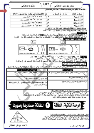 ٩/ ‫أ‬‫ﺧﺎﻟﺪ‬‫ﺑﻜﺮ‬ ‫اﺑﻮ‬‫اﻟﻤﻈﺎﻟﻰ‬ ٠١١٤٠٢٣٧٩٩
‫ﺍﻟﻤﻅﺎﻟﻰ‬ ‫ﺒﻜﺭ‬ ‫ﺍﺒﻭ‬ ‫ﺨﺎﻟﺩ‬
2017
‫ﺍﻟﻤﻅﺎﻟﻰ‬ ‫ﻤﺫﻜﺭﺓ‬KHALED
٩
: ‫ﻛﺎﻟﺘﺎﻟﻲ‬ ‫ﻓﻘﻂ‬ ‫اﻷوﻟﻰ‬ ‫اﻷرﺑﻌﺔ‬ ‫اﻟﻄﺎﻗﺔ‬ ‫ﻣﺴﺘﻮﯾﺎت‬ ‫ﻋﻠﻰ‬ ‫ﺗﻨﻄﺒﻖ‬ ‫اﻟﻌﻼﻗﺔ‬ ‫وھﺬة‬
‫اﻟﻄﺎﻗﺔ‬ ‫ﻣﺴﺘﻮى‬= (‫)ن‬‫اﻟﻤﺴﺘﻮى‬ ‫رﻗﻢ‬)‫اﻟﻤﺴﺘﻮى‬ ‫ﺑﮭﺎ‬ ‫ﯾﺘﺸﺒﻊ‬ ‫اﻟﺘﻲ‬ ‫اﻹﻟﻜﺘﺮوﻧﺎت‬ ‫ﻋﺪد‬٢‫ن‬٢(
‫اﻟﻤﺴﺘﻮى‬K١٢‫ن‬٢
=٢×٢
١=٢‫اﻟﻜﺘﺮون‬
‫اﻟﻤﺴﺘﻮى‬L٢٢‫ن‬٢
=٢×٢
٢=٨‫إﻟﻜﺘــــﺮون‬
‫اﻟﻤﺴﺘﻮى‬M٣٢‫ن‬٢
=٢×٢
٣=١٨‫إﻟﻜﺘــــﺮون‬
‫اﻟﻤﺴﺘﻮى‬N٤٢‫ن‬٢
=٢×٢
٤=٣٢‫إﻟﻜﺘــــﺮون‬
:‫ﻋـــــــﻠﻞ‬-‫ﻣﺴﺘﻮى‬‫اﻟﺜﺎﻟﺚ‬ ‫ﻟﻄﺎﻗﺔ‬ ‫ا‬M‫ﻣﻦ‬ ‫أﻛﺜﺮ‬ ‫ﯾﺘﺤﻤﻞ‬ ‫ﻻ‬١٨.‫إﻟﻜﺘﺮون‬
=‫ن‬ ‫:ﻷن‬ ‫ﺟـــ‬٣‫وﻋﺪ‬‫اﻟﻌﻼﻗﺔ‬ ‫ﻣﻦ‬ ‫ﯾﺘﺤﺪد‬ ‫اﻹﻟﻜﺘﺮوﻧﺎت‬ ‫د‬٢‫ن‬٢=
٢×٢
٣=١٨
: ‫ھﺎﻣﺔ‬ ‫ﻣﻼﺣﻈﺎت‬
١-‫اﻟﻌﻼﻗﺔ‬ ‫ﺗﻨﻄﺒﻖ‬ ‫ﻻ‬٢‫ن‬٢
‫اﻟﺮاﺑﻊ‬ ‫اﻟﻤﺴﺘﻮى‬ ‫ﻣﻦ‬ ‫اﻷﻋﻠﻰ‬ ‫اﻟﻤﺴﺘﻮﯾﺎت‬ ‫ﻋﻠﻰ‬(‫)ﻋﻠﻞ‬‫ﻣﺴﺘﻘﺮة‬ ‫ﻏﯿﺮ‬ ‫ﺗﺼﺒﺢ‬ ‫اﻟﺬرة‬ ‫ﻷن‬
٢-‫اﻟﻄﺎﻗﺔ‬ ‫ﻣﺴﺘﻮى‬ ‫ﻓﻰ‬ ‫اﻹﻟﻜﺘﺮوﻧﺎت‬ ‫ﻋﺪد‬ ‫ﯾﺰﯾﺪ‬ ‫ﻻ‬‫اﻻﺧﯿﺮ‬‫ﻋﻦ‬٨‫اﻟﻤﺴﺘﻮى‬ ‫ﻋﺪا‬ ‫ﻣﺎ‬ ‫إﻟﻜﺘﺮوﻧﺎت‬k‫ﻻ‬‫ﯾﺘﺸﺒﻊ‬‫ﺑ‬‫ﺄﻛﺜ‬‫ﻣﻦ‬ ‫ﺮ‬٢‫إﻟﻜﺘﺮون‬
‫اﻹﻟﻜﺘﺮوﻧﻲ‬ ‫اﻟﺘﻮزﯾﻊ‬: ‫اﻟﻌﻨﺎﺻﺮ‬ ‫ﻟﺒﻌﺾ‬-
) ‫ﻣﺜﺎل‬٣(‫ﻋﻨﺼﺮ‬X)‫ﻋﻠﻰ‬ ‫اﻟﻜﺘﺮوﻧﺎﺗﺔ‬ ‫ﺗﺘﻮزع‬ (٣‫اﻟﻜﺘﺮوﻧﺎت‬ ‫ﻋﺪد‬ ‫ﻃﺎﻗﺔ‬ ‫ﻣﺴﺘﻮﯾﺎت‬M‫ﺗﺴﺎوى‬
‫اﻟﻜﺘﺮوﻧﺎت‬ ‫ﻋﺪد‬K= ‫اﻟﻨﯿﻮﺗﺮوﻧﺎت‬ ‫ﻋﺪد‬ ‫و‬١٢‫اﻟﺬرى‬ ‫اﻟﻌﺪد‬ ‫اﺣﺴﺒﻰ‬–‫اﻟﻜﺘﻠﻰ‬ ‫اﻟﻌﺪد‬ ‫و‬
‫اﻟﻤﺴﺘﻮى‬ ‫ﯾﻤﻸ‬ ‫ﻋﻠﻞ‬K‫ا‬ ‫ﻗﺒﻞ‬ ‫ﺑﺎﻻﻟﻜﺘﺮوﻧﺎت‬‫ﻟﻤﺴﺘﻮى‬L‫؟‬‫اﻟﻤﺴﺘﻮى‬ ‫ﻃﺎﻗﺔ‬ ‫ﻻن‬K‫اﻟﻤﺴﺘﻮى‬ ‫ﻃﺎﻗﺔ‬ ‫ﻣﻦ‬ ‫اﻗﻞ‬L‫ﻟﻠﻨﻮاة‬ ‫اﻗﺮب‬ ‫و‬
‫اﻟﺘﺮﻛﯿﺐ‬‫اﻻﻟﻜﺘﺮوﻧﻲ‬‫واﻟﻨﺸﺎط‬‫اﻟﻜﯿﻤﯿﺎﺋﻲ‬
‫ﻋﺪد‬‫ا‬‫ﻣﺴﺘﻮى‬ ‫ﻟﻜﺘﺮوﻧﺎت‬‫اﻻﺧﯿﺮ‬ ‫اﻟﻄﺎﻗﺔ‬‫ﻟﻠﺬرة‬‫اﻟﺬى‬ ‫ھﻮ‬‫ﯾﺤﺪد‬‫ﺗ‬ )‫ﻧﺸﻄﺔ‬ ‫اوﻏﯿﺮ‬ ‫ﻧﺸﻄﺔ‬ ‫اﻟﺬرة‬ ‫ﻛﺎﻧﺖ‬ ‫اذا‬‫ﻛﯿﻤﯿﺎﺋﻲ‬ ‫ﺗﻔﺎﻋﻞ‬ ‫ﻓﻰ‬ ‫ﺪﺧﻞ‬( ‫ﺗﺪﺧﻞ‬ ‫ﻻ‬ ‫او‬
‫ﺗﻜﻮن‬‫ﻧﺸﻄﺔ‬ ‫اﻟﺬرة‬-‫ﺗﻜﻮن‬‫ﻏ‬ ‫اﻟﺬرة‬‫ﻧﺸﻄﺔ‬ ‫ﯿﺮ‬‫ﺧﺎﻣﻠﺔ‬ ‫او‬
‫ﻣﺴﺘﻮى‬ ‫ﻛﺎن‬ ‫إذا‬‫اﻻﺧﯿﺮ‬ ‫اﻟﻄﺎﻗﺔ‬‫اى‬ ‫ﺑﺎﻻﻟﻜﺘﺮوﻧﺎت‬ ‫ﻣﻜﺘﻤﻞ‬ ‫ﻟﮭﺎﻏﯿﺮ‬‫أﻗﻞ‬
‫ﻣﻦ‬٨
‫ﻣﺴﺘﻮى‬ ‫ﻛﺎن‬ ‫اذا‬‫اﻟﻄﺎﻗﺔ‬‫ﻟﮭﺎ‬ ‫اﻻﺧﯿﺮ‬‫ﺑﺎﻻﻟﻜﺘﺮوﻧﺎت‬ ‫ﻣﻜﺘﻤﻞ‬
‫ﻓ‬‫اﻟﻜﯿﻤﯿﺎﺋﯿﺔ‬ ‫اﻟﺘﻔﺎﻋﻼت‬ ‫ﻓﻲ‬ ‫ﺘﺪﺧﻞ‬
‫ﻓﻼ‬‫ﻓﻲ‬ ‫ﺗﺪﺧﻞ‬‫اﻟ‬‫ﺘﻔﺎﻋﻼ‬‫ت‬‫اﻟ‬‫ﻜﯿﻤﯿﺎﺋ‬‫ﯿﺔ‬
‫اﻟﺒﻮﺗﺎﺳﯿﻮم‬ ‫و‬ ‫اﻟﺼﻮدﯾﻮم‬ ‫و‬ ‫اﻻﻛﺴﯿﺠﯿﻦ‬ ‫ﻣﺜﻞ‬
‫ﻣﺜﻞ‬‫)اﻟﻐﺎزا‬‫اﻟﮭﯿﻠﯿﻮم‬ ‫ذرة‬ ( ‫اﻟﺨﺎﻣﻠﺔ‬ ‫ت‬2 He‫و‬‫اﻟﻨﯿﻮن‬ ‫ذرة‬Ne١٠
‫اﻷرﺟﻮن‬ ‫وذرة‬18Ar
‫؟‬ ‫اﻟﻜﯿﻤﯿﺎﺋﯿﺔ‬ ‫اﻟﺘﻔﺎﻋﻼت‬ ‫ﻓﻰ‬ ‫ﺗﺪﺧﻞ‬ ‫و‬ ‫ﻧﺸﻄﺔ‬ ‫اﻟﺼﻮدﯾﻮم‬ ‫ذرة‬ ‫ﻋﻠﻞ‬
‫ﻻن‬‫ﻣﺴﺘﻮى‬‫اﻟﻄﺎﻗﺔ‬‫ﻟﮭﺎ‬ ‫اﻻﺧﯿﺮ‬‫ﺑﺎﻻﻟﻜﺘﺮوﻧﺎت‬ ‫ﻣﻜﺘﻤﻞ‬ ‫ﻏﯿﺮ‬‫اى‬‫ﻣﻦ‬ ‫أﻗﻞ‬٨.‫إﻟﻜﺘﺮوﻧﺎت‬
.‫ﻛﯿﻤﯿﺎﺋﯿﺔ‬ ‫ﺗﻔﺎﻋﻼت‬ ‫ﻓﻲ‬ ‫ﺗﺪﺧﻞ‬ ‫ﻻ‬ ‫اﻟﺨﺎﻣﻠﺔ‬ ‫اﻟﻐﺎزات‬ :‫ﻋﻠﻞ‬‫اﻟﻨﯿﻮن‬ ‫ذرة‬ :‫أو‬Ne١٠.‫ﻛﯿﻤﯿﺎﺋﯿﺔ‬ ‫ﺗﻔﺎﻋﻼت‬ ‫ﻓﻲ‬ ‫ﺗﺪﺧﻞ‬ ‫ﻻ‬
:‫ﺟـــ‬‫ﻻن‬‫ﻣﺴﺘﻮى‬‫اﻟﻄﺎﻗﺔ‬‫ﻟﮭﺎ‬ ‫اﻻﺧﯿﺮ‬‫ﺑﺎﻻﻟﻜﺘﺮوﻧﺎت‬ ‫ﻣﻜﺘﻤﻞ‬
‫ﻟﻼﻧﺴﺎن؟‬ ‫ﺑﺎﻟﻨﺴﺒﺔ‬ ‫اﻟﻐﺬاء‬ ‫و‬ ‫ﻟﻠﺴﯿﺎرة‬ ‫ﺑﺎﻟﻨﺴﺒﺔ‬ ‫اﻟﻮﻗﻮد‬ ‫اھﻤﯿﺔ‬ ‫ھﻰ‬ ‫ﻣﺎ‬
‫اﻟﺤﺮﻛﺔ‬ ‫ﻋﻠﻰ‬ ‫ﻗﺎدرة‬ ‫ﺗﺠﻌﻠﮭﺎ‬ ‫اﻟﺴﯿﺎرة‬ ‫داﺧﻞ‬ ‫اﻟﻮﻗﻮد‬ ‫اﺣﺘﺮاق‬ ‫ﻣﻦ‬ ‫اﻟﻨﺎﺗﺠﺔ‬ ‫اﻟﻄﺎﻗﺔ‬
‫و‬‫اﻟﻄﺎﻗﺔ‬‫ﻣﻦ‬ ‫اﻟﻨﺎﺗﺠﺔ‬‫اﺣﺘﺮاق‬‫اﻟﻤﺨﺘﻠﻔﺔ‬ ‫ﺑﺎﻷﻧﺸﻄﺔ‬ ‫اﻟﻘﯿﺎم‬ ‫ﻣﻦ‬ ‫اﻹﻧﺴﺎن‬ ‫ﺗﻤﻜﻦ‬ ‫اﻟﻐﺬاء‬
 