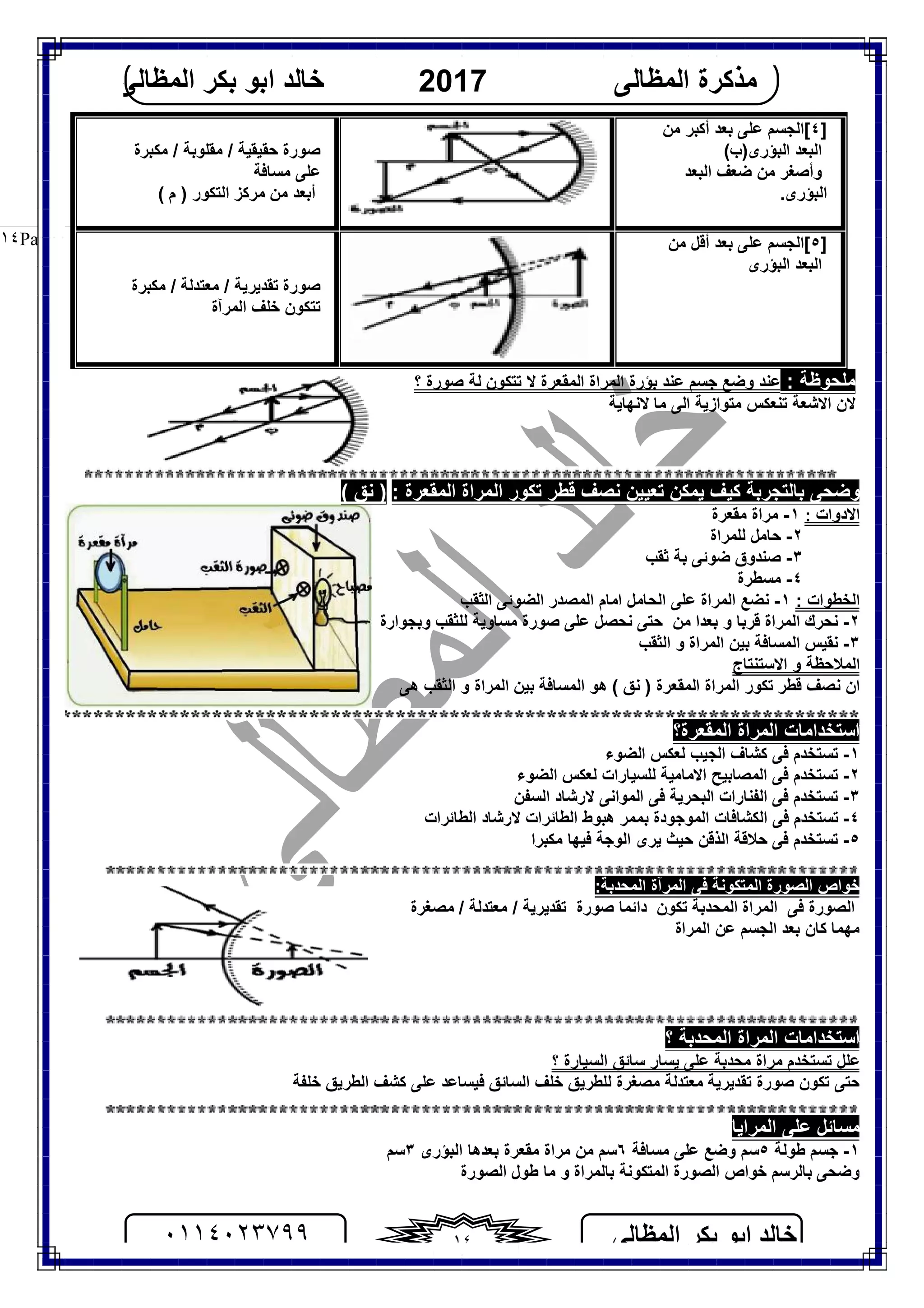‫اﻟﻤﻈﺎﻟﻰ‬ ‫ﺑﻜﺮ‬ ‫اﺑﻮ‬ ‫ﺧﺎﻟﺪ‬٠١١٤٠٢٣٧٩٩ ١٤
‫اﻟﻤﻈﺎﻟﻰ‬ ‫ﻣﺬﻛﺮة‬2017‫اﻟﻤﻈﺎﻟﻰ‬ ‫ﺑﻜﺮ‬ ‫اﺑﻮ‬ ‫ﺧﺎﻟﺪ‬
Page |١٤
]٤[‫ﻣﻦ‬ ‫أﻛﺒﺮ‬ ‫ﺑﻌﺪ‬ ‫ﻋﻠﻰ‬ ‫اﻟﺠﺴﻢ‬
‫اﻟﺒﺆرى‬ ‫اﻟﺒﻌﺪ‬(‫)ب‬
‫اﻟﺒﻌﺪ‬ ‫ﺿﻌﻒ‬ ‫ﻣﻦ‬ ‫وأﺻﻐﺮ‬
.‫اﻟﺒﺆرى‬
‫ﺻﻮرة‬‫ﻣﻜﺒﺮة‬ / ‫ﻣﻘﻠﻮﺑﺔ‬ / ‫ﺣﻘﯿﻘﯿﺔ‬
‫ﻣﺴﺎﻓﺔ‬ ‫ﻋﻠﻰ‬
‫ﻣﺮﻛﺰ‬ ‫ﻣﻦ‬ ‫أﺑﻌﺪ‬‫اﻟﺘﻜﻮر‬)‫م‬(
]٥[‫ﻣﻦ‬ ‫أﻗﻞ‬ ‫ﺑﻌﺪ‬ ‫ﻋﻠﻰ‬ ‫اﻟﺠﺴﻢ‬
‫اﻟﺒﺆرى‬ ‫اﻟﺒﻌﺪ‬
‫ﺻﻮرة‬‫ﻣﻜﺒﺮة‬ / ‫ﻣﻌﺘﺪﻟﺔ‬ / ‫ﺗﻘﺪﯾﺮﯾﺔ‬
‫ﺧﻠﻒ‬ ‫ﺗﺘﻜﻮن‬‫اﻟﻤﺮآة‬
: ‫ﻣﻠﺤﻮﻇﺔ‬‫؟‬ ‫ﺻﻮرة‬ ‫ﻟﺔ‬ ‫ﺗﺘﻜﻮن‬ ‫ﻻ‬ ‫اﻟﻤﻘﻌﺮة‬ ‫اﻟﻤﺮاة‬ ‫ﺑﺆرة‬ ‫ﻋﻨﺪ‬ ‫ﺟﺴﻢ‬ ‫وﺿﻊ‬ ‫ﻋﻨﺪ‬
‫ﻻﻧﮭﺎﯾﺔ‬ ‫ﻣﺎ‬ ‫اﻟﻰ‬ ‫ﻣﺘﻮازﯾﺔ‬ ‫ﺗﻨﻌﻜﺲ‬ ‫اﻻﺷﻌﺔ‬ ‫ﻻن‬
‫ﺑﺎﻟﺘﺠ‬ ‫وﺿﺤﻰ‬‫ﺗﻌﯿﯿﻦ‬ ‫ﯾﻤﻜﻦ‬ ‫ﻛﯿﻒ‬ ‫ﺮﺑﺔ‬‫ا‬ ‫ﺗﻜﻮر‬ ‫ﻗﻄﺮ‬ ‫ﻧﺼﻒ‬‫ﻟﻤﺮاة‬‫اﻟ‬: ‫ﻤﻘﻌﺮة‬( ‫ﻧﻖ‬ )
‫اﻻدوات‬:١-‫ﻣﻘﻌﺮة‬ ‫ﻣﺮاة‬
٢-‫ﻟﻠﻤﺮاة‬ ‫ﺣﺎﻣﻞ‬
٣-‫ﺛﻘﺐ‬ ‫ﺑﺔ‬ ‫ﺿﻮﺋﻰ‬ ‫ﺻﻨﺪوق‬
٤-‫ﻣﺴﻄﺮة‬
: ‫اﻟﺨﻄﻮات‬١-‫اﻟﺜﻘﺐ‬ ‫اﻟﻀﻮﺋﻰ‬ ‫اﻟﻤﺼﺪر‬ ‫اﻣﺎم‬ ‫اﻟﺤﺎﻣﻞ‬ ‫ﻋﻠﻰ‬ ‫اﻟﻤﺮاة‬ ‫ﻧﻀﻊ‬
٢-‫ﻣﻦ‬ ‫ﺑﻌﺪا‬ ‫و‬ ‫ﻗﺮﺑﺎ‬ ‫اﻟﻤﺮاة‬ ‫ﻧﺤﺮك‬‫وﺑﺠﻮارة‬ ‫ﻟﻠﺜﻘﺐ‬ ‫ﻣﺴﺎوﯾﺔ‬ ‫ﺻﻮرة‬ ‫ﻋﻠﻰ‬ ‫ﻧﺤﺼﻞ‬ ‫ﺣﺘﻰ‬
٣-‫اﻟﺜﻘﺐ‬ ‫و‬ ‫اﻟﻤﺮاة‬ ‫ﺑﯿﻦ‬ ‫اﻟﻤﺴﺎﻓﺔ‬ ‫ﻧﻘﯿﺲ‬
‫اﻻﺳﺘﻨﺘﺎج‬ ‫و‬ ‫اﻟﻤﻼﺣﻈﺔ‬
‫ان‬‫ا‬ ‫ﺗﻜﻮر‬ ‫ﻗﻄﺮ‬ ‫ﻧﺼﻒ‬‫ﻟﻤﺮاة‬‫اﻟ‬‫ﻤﻘﻌﺮة‬( ‫ﻧﻖ‬ )‫ھﻰ‬ ‫اﻟﺜﻘﺐ‬ ‫و‬ ‫اﻟﻤﺮاة‬ ‫ﺑﯿﻦ‬ ‫اﻟﻤﺴﺎﻓﺔ‬ ‫ھﻮ‬
‫اﺳﺘﺨﺪاﻣﺎت‬‫اﻟﻤﻘﻌﺮة‬ ‫اﻟﻤﺮاة‬‫؟‬
١-‫اﻟﻀﻮء‬ ‫ﻟﻌﻜﺲ‬ ‫اﻟﺠﯿﺐ‬ ‫ﻛﺸﺎف‬ ‫ﻓﻰ‬ ‫ﺗﺴﺘﺨﺪم‬
٢-‫اﻟﻤﺼﺎﺑﯿ‬ ‫ﻓﻰ‬ ‫ﺗﺴﺘﺨﺪم‬‫اﻟﻀﻮء‬ ‫ﻟﻌﻜﺲ‬ ‫ﻟﻠﺴﯿﺎرات‬ ‫اﻻﻣﺎﻣﯿﺔ‬ ‫ﺢ‬
٣-‫ﻓﻰ‬ ‫ﺗﺴﺘﺨﺪم‬‫اﻟﺴﻔﻦ‬ ‫ﻻرﺷﺎد‬ ‫اﻟﻤﻮاﻧﻰ‬ ‫ﻓﻰ‬ ‫اﻟﺒﺤﺮﯾﺔ‬ ‫اﻟﻔﻨﺎرات‬
٤-‫اﻟﻄﺎﺋﺮات‬ ‫ﻻرﺷﺎد‬ ‫اﻟﻄﺎﺋﺮات‬ ‫ھﺒﻮط‬ ‫ﺑﻤﻤﺮ‬ ‫اﻟﻤﻮﺟﻮدة‬ ‫اﻟﻜﺸﺎﻓﺎت‬ ‫ﻓﻰ‬ ‫ﺗﺴﺘﺨﺪم‬
٥-‫ﻓﻰ‬ ‫ﺗﺴﺘﺨﺪم‬‫ﻣﻜﺒﺮا‬ ‫ﻓﯿﮭﺎ‬ ‫اﻟﻮﺟﺔ‬ ‫ﯾﺮى‬ ‫ﺣﯿﺚ‬ ‫اﻟﺬﻗﻦ‬ ‫ﺣﻼﻗﺔ‬
‫ﻓﻰ‬ ‫اﻟﻤﺘﻜﻮﻧﺔ‬ ‫اﻟﺼﻮرة‬ ‫ﺧﻮاص‬:‫اﻟﻤﺤﺪﺑﺔ‬ ‫اﻟﻤﺮآة‬
‫ﻓﻰ‬ ‫اﻟﺼﻮرة‬‫اﻟﻤﺮاة‬‫اﻟﻤﺤﺪﺑﺔ‬‫ﺗﻜﻮن‬‫ﺻﻮرة‬ ‫داﺋﻤﺎ‬‫ﻣﻌﺘﺪﻟﺔ‬ / ‫ﺗﻘﺪﯾﺮﯾﺔ‬/‫ﻣﺼﻐﺮة‬
‫اﻟﻤﺮاة‬ ‫ﻋﻦ‬ ‫اﻟﺠﺴﻢ‬ ‫ﺑﻌﺪ‬ ‫ﻛﺎن‬ ‫ﻣﮭﻤﺎ‬
‫اﺳﺘﺨﺪاﻣﺎت‬‫اﻟﻤ‬ ‫اﻟﻤﺮاة‬‫؟‬ ‫ﺤﺪﺑﺔ‬
‫؟‬ ‫اﻟﺴﯿﺎرة‬ ‫ﺳﺎﺋﻖ‬ ‫ﯾﺴﺎر‬ ‫ﻋﻠﻰ‬ ‫ﻣﺤﺪﺑﺔ‬ ‫ﻣﺮاة‬ ‫ﺗﺴﺘﺨﺪم‬ ‫ﻋﻠﻞ‬
‫ﻣﺼﻐ‬ ‫ﻣﻌﺘﺪﻟﺔ‬ ‫ﺗﻘﺪﯾﺮﯾﺔ‬ ‫ﺻﻮرة‬ ‫ﺗﻜﻮن‬ ‫ﺣﺘﻰ‬‫اﻟﺴﺎﺋﻖ‬ ‫ﺧﻠﻒ‬ ‫ﻟﻠﻄﺮﯾﻖ‬ ‫ﺮة‬‫ﻛﺸﻒ‬ ‫ﻋﻠﻰ‬ ‫ﻓﯿﺴﺎﻋﺪ‬‫اﻟﻄﺮﯾﻖ‬‫ﺧﻠﻔﺔ‬
‫اﻟﻤﺮاﯾﺎ‬ ‫ﻋﻠﻰ‬ ‫ﻣﺴﺎﺋﻞ‬
١-‫ﻃﻮﻟﺔ‬ ‫ﺟﺴﻢ‬٥‫ﻣﺴﺎﻓﺔ‬ ‫ﻋﻠﻰ‬ ‫وﺿﻊ‬ ‫ﺳﻢ‬٦‫اﻟﺒﺆرى‬ ‫ﺑﻌﺪھﺎ‬ ‫ﻣﻘﻌﺮة‬ ‫ﻣﺮاة‬ ‫ﻣﻦ‬ ‫ﺳﻢ‬٣‫ﺳﻢ‬
‫ﺑﺎﻟﻤﺮاة‬ ‫اﻟﻤﺘﻜﻮﻧﺔ‬ ‫اﻟﺼﻮرة‬ ‫ﺧﻮاص‬ ‫ﺑﺎﻟﺮﺳﻢ‬ ‫وﺿﺤﻰ‬‫اﻟﺼﻮرة‬ ‫ﻃﻮل‬ ‫ﻣﺎ‬ ‫و‬
 