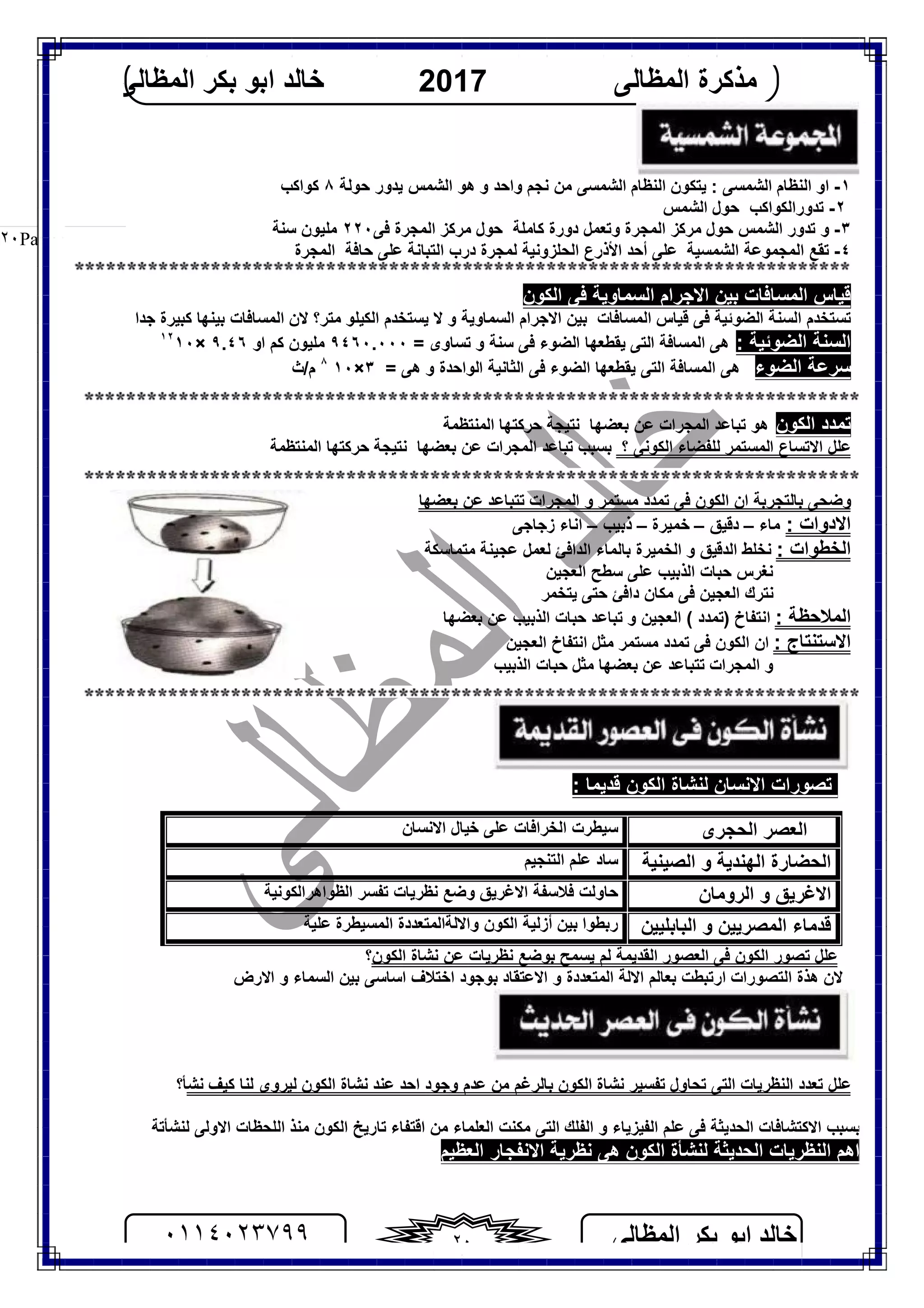 ‫اﻟﻤﻈﺎﻟﻰ‬ ‫ﺑﻜﺮ‬ ‫اﺑﻮ‬ ‫ﺧﺎﻟﺪ‬٠١١٤٠٢٣٧٩٩ ٢٠
‫اﻟﻤﻈﺎﻟﻰ‬ ‫ﻣﺬﻛﺮة‬2017‫اﻟﻤﻈﺎﻟﻰ‬ ‫ﺑﻜﺮ‬ ‫اﺑﻮ‬ ‫ﺧﺎﻟﺪ‬
Page |٢٠
١-: ‫اﻟﺸﻤﺴﻰ‬ ‫اﻟﻨﻈﺎم‬ ‫او‬‫اﻟﺸﻤﺴ‬ ‫اﻟﻨﻈﺎم‬ ‫ﯾﺘﻜﻮن‬‫اﻟﺸﻤﺲ‬ ‫ھﻮ‬ ‫و‬ ‫واﺣﺪ‬ ‫ﻧﺠﻢ‬ ‫ﻣﻦ‬ ‫ﻰ‬‫ﯾ‬‫ﺣﻮﻟﺔ‬ ‫ﺪور‬٨‫ﻛﻮاﻛﺐ‬
٢-‫ﺗﺪور‬‫اﻟﻜﻮاﻛﺐ‬‫ﺣﻮل‬‫اﻟﺸﻤﺲ‬
٣-‫ﻓﻰ‬ ‫اﻟﻤﺠﺮة‬ ‫ﻣﺮﻛﺰ‬ ‫ﺣﻮل‬ ‫ﻛﺎﻣﻠﺔ‬ ‫دورة‬ ‫وﺗﻌﻤﻞ‬ ‫اﻟﻤﺠﺮة‬ ‫ﻣﺮﻛﺰ‬ ‫ﺣﻮل‬ ‫اﻟﺸﻤﺲ‬ ‫ﺗﺪور‬ ‫و‬٢٢٠‫ﺳﻨﺔ‬ ‫ﻣﻠﯿﻮن‬
٤-‫اﻟﺸﻤﺴﯿﺔ‬ ‫اﻟﻤﺠﻤﻮﻋﺔ‬ ‫ﺗﻘﻊ‬‫ﻋﻠﻰ‬‫اﻟﺤﻠﺰوﻧﯿﺔ‬ ‫اﻷذرع‬ ‫أﺣﺪ‬‫ﻟﻤﺠﺮة‬‫اﻟﺘﺒﺎﻧﺔ‬ ‫درب‬‫اﻟﻤﺠﺮة‬ ‫ﺣﺎﻓﺔ‬ ‫ﻋﻠﻰ‬
‫اﻟﻜﻮن‬ ‫ﻓﻰ‬ ‫اﻟﺴﻤﺎوﯾﺔ‬ ‫اﻻﺟﺮام‬ ‫ﺑﯿﻦ‬ ‫اﻟﻤﺴﺎﻓﺎت‬ ‫ﻗﯿﺎس‬
‫اﻟﻀﻮﺋﯿﺔ‬ ‫اﻟﺴﻨﺔ‬ ‫ﺗﺴﺘﺨﺪم‬‫ﻻ‬ ‫و‬ ‫اﻟﺴﻤﺎوﯾﺔ‬ ‫اﻻﺟﺮام‬ ‫ﺑﯿﻦ‬ ‫اﻟﻤﺴﺎﻓﺎت‬ ‫ﻗﯿﺎس‬ ‫ﻓﻰ‬‫ﯾ‬‫ﻣﺘﺮ‬ ‫اﻟﻜﯿﻠﻮ‬ ‫ﺴﺘﺨﺪم‬‫ﺟﺪا‬ ‫ﻛﺒﯿﺮة‬ ‫ﺑﯿﻨﮭﺎ‬ ‫اﻟﻤﺴﺎﻓﺎت‬ ‫ﻻن‬ ‫؟‬
: ‫اﻟﻀﻮﺋﯿﺔ‬ ‫اﻟﺴﻨﺔ‬= ‫ﺗﺴﺎوى‬ ‫و‬ ‫ﺳﻨﺔ‬ ‫ﻓﻰ‬ ‫اﻟﻀﻮء‬ ‫ﯾﻘﻄﻌﮭﺎ‬ ‫اﻟﺘﻰ‬ ‫اﻟﻤﺴﺎﻓﺔ‬ ‫ھﻰ‬٩٤٦٠.٠٠٠‫ﻛﻢ‬ ‫ﻣﻠﯿﻮن‬‫او‬٩.٤٦×١٢
١٠
‫اﻟﻀﻮء‬ ‫ﺳﺮﻋﺔ‬= ‫ھﻰ‬ ‫و‬ ‫اﻟﻮاﺣﺪة‬ ‫اﻟﺜﺎﻧﯿﺔ‬ ‫ﻓﻰ‬ ‫اﻟﻀﻮء‬ ‫ﯾﻘﻄﻌﮭﺎ‬ ‫اﻟﺘﻰ‬ ‫اﻟﻤﺴﺎﻓﺔ‬ ‫ھﻰ‬٣×١٠٨
‫م/ث‬
‫اﻟﻜﻮن‬ ‫ﺗﻤﺪد‬‫اﻟﻤﺠﺮات‬ ‫ﺗﺒﺎﻋﺪ‬ ‫ھﻮ‬‫ﺑﻌﻀﮭﺎ‬ ‫ﻋﻦ‬‫ﻧﺘﯿﺠﺔ‬‫ﺣﺮﻛ‬‫ﺘﮭﺎ‬‫اﻟﻤﻨﺘﻈﻤﺔ‬
‫؟‬ ‫اﻟﻜﻮﻧﻰ‬ ‫ﻟﻠﻔﻀﺎء‬ ‫اﻟﻤﺴﺘﻤﺮ‬ ‫اﻻﺗﺴﺎع‬ ‫ﻋﻠﻞ‬‫ﺑﺴﺒﺐ‬‫اﻟﻤﺠﺮات‬ ‫ﺗﺒﺎﻋﺪ‬‫ﺑﻌﻀﮭﺎ‬ ‫ﻋﻦ‬‫ﻧﺘﯿﺠﺔ‬‫ﺣﺮﻛ‬‫ﺘﮭﺎ‬‫اﻟﻤﻨﺘﻈﻤﺔ‬
‫ﺑﻌﻀﮭﺎ‬ ‫ﻋﻦ‬ ‫ﺗﺘﺒﺎﻋﺪ‬ ‫اﻟﻤﺠﺮات‬ ‫و‬ ‫ﻣﺴﺘﻤﺮ‬ ‫ﺗﻤﺪد‬ ‫ﻓﻰ‬ ‫اﻟﻜﻮن‬ ‫ان‬ ‫ﺑﺎﻟﺘﺠﺮﺑﺔ‬ ‫وﺿﺤﻰ‬
: ‫اﻻدوات‬‫ﻣﺎء‬–‫دﻗﯿﻖ‬–‫ﺧﻤﯿﺮة‬–‫ذﺑﯿﺐ‬–‫زﺟﺎﺟﻰ‬ ‫اﻧﺎء‬
: ‫اﻟﺨﻄﻮات‬‫ﻣﺘﻤﺎﺳﻜﺔ‬ ‫ﻋﺠﯿﻨﺔ‬ ‫ﻟﻌﻤﻞ‬ ‫اﻟﺪاﻓﺊ‬ ‫ﺑﺎﻟﻤﺎء‬ ‫اﻟﺨﻤﯿﺮة‬ ‫و‬ ‫اﻟﺪﻗﯿﻖ‬ ‫ﻧﺨﻠﻂ‬
‫اﻟﻌﺠﯿﻦ‬ ‫ﺳﻄﺢ‬ ‫ﻋﻠﻰ‬ ‫اﻟﺬﺑﯿﺐ‬ ‫ﺣﺒﺎت‬ ‫ﻧﻐﺮس‬
‫ﯾﺘﺨﻤﺮ‬ ‫ﺣﺘﻰ‬ ‫داﻓﺊ‬ ‫ﻣﻜﺎن‬ ‫ﻓﻰ‬ ‫اﻟﻌﺠﯿﻦ‬ ‫ﻧﺘﺮك‬
: ‫اﻟﻤﻼﺣﻈﺔ‬‫ﺑﻌﻀﮭﺎ‬ ‫ﻋﻦ‬ ‫اﻟﺬﺑﯿﺐ‬ ‫ﺣﺒﺎت‬ ‫ﺗﺒﺎﻋﺪ‬ ‫و‬ ‫اﻟﻌﺠﯿﻦ‬ ( ‫)ﺗﻤﺪد‬ ‫اﻧﺘﻔﺎخ‬
‫اﻻﺳﺘﻨﺘ‬: ‫ﺎج‬‫اﻟﻌﺠﯿﻦ‬ ‫اﻧﺘﻔﺎخ‬ ‫ﻣﺜﻞ‬ ‫ﻣﺴﺘﻤﺮ‬ ‫ﺗﻤﺪد‬ ‫ﻓﻰ‬ ‫اﻟﻜﻮن‬ ‫ان‬
‫اﻟﺬﺑﯿﺐ‬ ‫ﺣﺒﺎت‬ ‫ﻣﺜﻞ‬ ‫ﺑﻌﻀﮭﺎ‬ ‫ﻋﻦ‬ ‫ﺗﺘﺒﺎﻋﺪ‬ ‫اﻟﻤﺠﺮات‬ ‫و‬
‫اﻟﻜﻮن‬ ‫ﻟﻨﺸﺎة‬ ‫اﻻﻧﺴﺎن‬ ‫ﺗﺼﻮرات‬‫ﻗﺪﯾﻤﺎ‬:
‫اﻟﻜﻮن‬ ‫ﺗﺼﻮر‬ ‫ﻋﻠﻞ‬‫ﻓﻰ‬‫ﻧﻈﺮﯾﺎت‬ ‫ﺑﻮﺿﻊ‬ ‫ﯾﺴﻤﺢ‬ ‫ﻟﻢ‬ ‫اﻟﻘﺪﯾﻤﺔ‬ ‫اﻟﻌﺼﻮر‬‫اﻟﻜﻮن‬ ‫ﻧﺸﺎة‬ ‫ﻋﻦ‬‫؟‬
‫اﻻﻋ‬ ‫و‬ ‫اﻟﻤﺘﻌﺪدة‬ ‫اﻻﻟﺔ‬ ‫ﺑﻌﺎﻟﻢ‬ ‫ارﺗﺒﻄﺖ‬ ‫اﻟﺘﺼﻮرات‬ ‫ھﺬة‬ ‫ﻻن‬‫اﻻرض‬ ‫و‬ ‫اﻟﺴﻤﺎء‬ ‫ﺑﯿﻦ‬ ‫اﺳﺎﺳﻰ‬ ‫اﺧﺘﻼف‬ ‫ﺑﻮﺟﻮد‬ ‫ﺘﻘﺎد‬
‫اﺣﺪ‬ ‫وﺟﻮد‬ ‫ﻋﺪم‬ ‫ﻣﻦ‬ ‫ﺑﺎﻟﺮﻏﻢ‬ ‫اﻟﻜﻮن‬ ‫ﻧﺸﺎة‬ ‫ﺗﻔﺴﯿﺮ‬ ‫ﺗﺤﺎول‬ ‫اﻟﺘﻰ‬ ‫اﻟﻨﻈﺮﯾﺎت‬ ‫ﺗﻌﺪد‬ ‫ﻋﻠﻞ‬‫اﻟﻜﻮن‬ ‫ﻧﺸﺎة‬ ‫ﻋﻨﺪ‬‫ﻟ‬‫ﻧﺸ‬ ‫ﻛﯿﻒ‬ ‫ﻟﻨﺎ‬ ‫ﯿﺮوى‬‫ﺄ؟‬
‫ﻣﻦ‬ ‫اﻟﻌﻠﻤﺎء‬ ‫ﻣﻜﻨﺖ‬ ‫اﻟﺘﻰ‬ ‫اﻟﻔﻠﻚ‬ ‫و‬ ‫اﻟﻔﯿﺰﯾﺎء‬ ‫ﻋﻠﻢ‬ ‫ﻓﻰ‬ ‫اﻟﺤﺪﯾﺜﺔ‬ ‫اﻻﻛﺘﺸﺎﻓﺎت‬ ‫ﺑﺴﺒﺐ‬‫اﻗﺘﻔﺎء‬‫اﻻو‬ ‫اﻟﻠﺤﻈﺎت‬ ‫ﻣﻨﺬ‬ ‫اﻟﻜﻮن‬ ‫ﺗﺎرﯾﺦ‬‫ﻟﻨﺸﺄﺗﺔ‬ ‫ﻟﻰ‬
‫اﻟﻌﻈﯿﻢ‬ ‫اﻻﻧﻔﺠﺎر‬ ‫ﻧﻈﺮﯾﺔ‬ ‫ھﻰ‬ ‫اﻟﻜﻮن‬ ‫ﻟﻨﺸﺄة‬ ‫اﻟﺤﺪﯾﺜﺔ‬ ‫اﻟﻨﻈﺮﯾﺎت‬ ‫اھﻢ‬
‫اﻟﻌﺼﺮ‬‫اﻟﺤﺠﺮى‬‫ﻋﻠﻰ‬ ‫اﻟﺨﺮاﻓﺎت‬ ‫ﺳﯿﻄﺮت‬‫ﺧﯿﺎل‬‫اﻻﻧﺴﺎن‬
‫اﻟﺼﯿﻨﯿﺔ‬ ‫و‬ ‫اﻟﮭﻨﺪﯾﺔ‬ ‫اﻟﺤﻀﺎرة‬‫اﻟﺘﻨﺠﯿﻢ‬ ‫ﻋﻠﻢ‬ ‫ﺳﺎد‬
‫اﻟﺮوﻣﺎن‬ ‫و‬ ‫اﻻﻏﺮﯾﻖ‬‫ﻧﻈﺮﯾﺎت‬ ‫وﺿﻊ‬ ‫اﻻﻏﺮﯾﻖ‬ ‫ﻓﻼﺳﻔﺔ‬ ‫ﺣﺎوﻟﺖ‬‫ﺗ‬‫ا‬ ‫ﻔﺴﺮ‬‫ﻟﻈﻮاھﺮاﻟﻜﻮﻧﯿﺔ‬
‫اﻟﺒﺎﺑﻠﯿﯿﻦ‬ ‫و‬ ‫اﻟﻤﺼﺮﯾﯿﻦ‬ ‫ﻗﺪﻣﺎء‬‫رﺑﻄﻮا‬‫ﻋﻠﯿﺔ‬ ‫اﻟﻤﺴﯿﻄﺮة‬ ‫واﻻﻟﺔاﻟﻤﺘﻌﺪدة‬ ‫اﻟﻜﻮن‬ ‫أزﻟﯿﺔ‬ ‫ﺑﯿﻦ‬
 