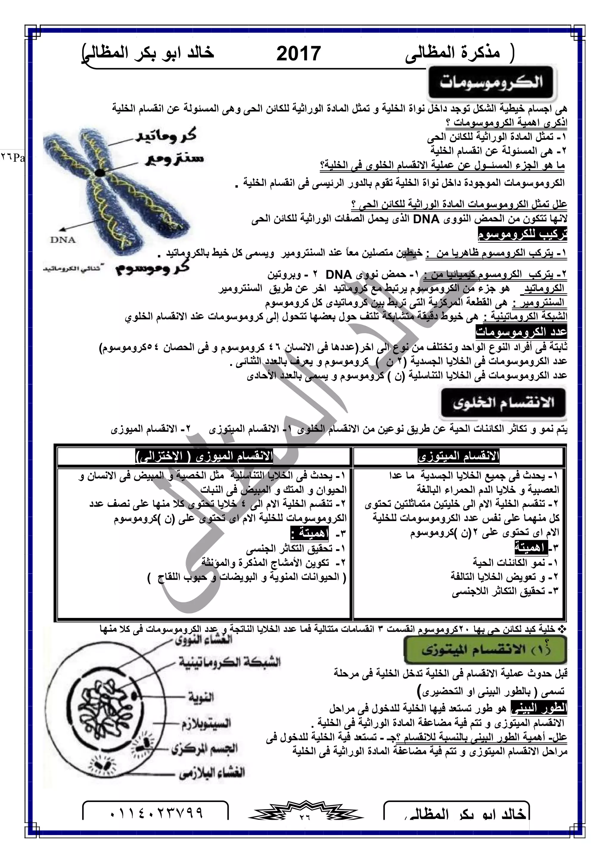 ‫اﻟﻤﻈﺎﻟﻰ‬ ‫ﺑﻜﺮ‬ ‫اﺑﻮ‬ ‫ﺧﺎﻟﺪ‬٠١١٤٠٢٣٧٩٩ ٢٦
‫اﻟﻤﻈﺎﻟﻰ‬ ‫ﻣﺬﻛﺮة‬2017‫اﻟﻤﻈﺎﻟﻰ‬ ‫ﺑﻜﺮ‬ ‫اﺑﻮ‬ ‫ﺧﺎﻟﺪ‬
Page |٢٦
‫اﻟﺤﻰ‬ ‫ﻟﻠﻜﺎﺋﻦ‬ ‫اﻟﻮراﺛﯿﺔ‬ ‫اﻟﻤﺎدة‬ ‫ﺗﻤﺜﻞ‬ ‫و‬ ‫اﻟﺨﻠﯿﺔ‬ ‫ﻧﻮاة‬ ‫داﺧﻞ‬ ‫ﺗﻮﺟﺪ‬ ‫اﻟﺸﻜﻞ‬ ‫ﺧﯿﻄﯿﺔ‬ ‫اﺟﺴﺎم‬ ‫ھﻰ‬‫اﻟﺨﻠﯿﺔ‬ ‫اﻧﻘﺴﺎم‬ ‫ﻋﻦ‬ ‫اﻟﻤﺴﺌﻮﻟﺔ‬ ‫وھﻰ‬
‫؟‬ ‫اﻟﻜﺮوﻣﻮﺳﻮﻣﺎت‬ ‫اھﻤﯿﺔ‬ ‫اذﻛﺮى‬
١-‫اﻟﺤﻰ‬ ‫ﻟﻠﻜﺎﺋﻦ‬ ‫اﻟﻮراﺛﯿﺔ‬ ‫اﻟﻤﺎدة‬ ‫ﺗﻤﺜﻞ‬
٢-‫اﻟﺨﻠﯿﺔ‬ ‫اﻧﻘﺴﺎم‬ ‫ﻋﻦ‬ ‫اﻟﻤﺴﺌﻮﻟﺔ‬ ‫ھﻰ‬
‫اﻟﻤ‬ ‫اﻟﺠﺰء‬ ‫ھﻮ‬ ‫ﻣﺎ‬‫اﻟﺨﻠﯿﺔ؟‬ ‫ﻓﻰ‬ ‫اﻟﺨﻠﻮى‬ ‫اﻻﻧﻘﺴﺎم‬ ‫ﻋﻤﻠﯿﺔ‬ ‫ﻋﻦ‬ ‫ﺴﺌــﻮل‬
‫اﻟﻜﺮوﻣﻮﺳﻮﻣﺎت‬‫اﻟﺨﻠﯿﺔ‬ ‫ﻧﻮاة‬ ‫داﺧﻞ‬ ‫اﻟﻤﻮﺟﻮدة‬‫اﻟﺨﻠﯿﺔ‬ ‫اﻧﻘﺴﺎم‬ ‫ﻓﻰ‬ ‫اﻟﺮﺋﯿﺴﻰ‬ ‫ﺑﺎﻟﺪور‬ ‫ﺗﻘﻮم‬.
‫؟‬ ‫اﻟﺤﻰ‬ ‫ﻟﻠﻜﺎﺋﻦ‬ ‫اﻟﻮراﺛﯿﺔ‬ ‫اﻟﻤﺎدة‬ ‫اﻟﻜﺮوﻣﻮﺳﻮﻣﺎت‬ ‫ﺗﻤﺜﻞ‬ ‫ﻋﻠﻞ‬
‫اﻟﻨﻮوى‬ ‫اﻟﺤﻤﺾ‬ ‫ﻣﻦ‬ ‫ﺗﺘﻜﻮن‬ ‫ﻻﻧﮭﺎ‬DNA‫ﯾﺤﻤﻞ‬ ‫اﻟﺬى‬‫اﻟﺼﻔﺎت‬‫اﻟﺤﻰ‬ ‫ﻟﻠﻜﺎﺋﻦ‬ ‫اﻟﻮراﺛﯿﺔ‬
‫ﻟﻠﻜ‬ ‫ﺗﺮﻛﯿﺐ‬‫ﺮوﻣﻮﺳﻮم‬
١-‫ﯾﺘﺮﻛﺐ‬‫ﻣﻦ‬ ‫ﻇﺎھﺮﯾﺎ‬ ‫اﻟﻜﺮوﻣﺴﻮم‬:‫ﺑﺎﻟﻜﺮوﻣﺎﺗﯿﺪ‬ ‫ﺧﯿﻂ‬ ‫ﻛﻞ‬ ‫وﯾﺴﻤﻰ‬ ‫اﻟﺴﻨﺘﺮوﻣﯿﺮ‬ ‫ﻋﻨﺪ‬ ً‫ﺎ‬‫ﻣﻌ‬ ‫ﻣﺘﺼﻠﯿﻦ‬ ‫ﺧﯿﻄﯿﻦ‬.
٢-‫اﻟﻜﺮوﻣﺴﻮم‬ ‫ﯾﺘﺮﻛﺐ‬‫ﻣﻦ‬ ‫ﻛﯿﻤﯿﺎﺋﯿﺎ‬:١-‫ﻧﻮوى‬ ‫ﺣﻤﺾ‬DNA٢-‫و‬‫ﺑﺮوﺗﯿﻦ‬
‫اﻟﻜﺮوﻣﺎﺗﯿﺪ‬‫اﺧﺮ‬ ‫ﻛﺮوﻣﺎﺗﯿﺪ‬ ‫ﻣﻊ‬ ‫ﯾﺮﺗﺒﻂ‬ ‫اﻟﻜﺮوﻣﻮﺳﻮم‬ ‫ﻣﻦ‬ ‫ﺟﺰء‬ ‫ھﻮ‬‫ﻃﺮﯾﻖ‬ ‫ﻋﻦ‬‫اﻟﺴﻨﺘﺮوﻣﯿﺮ‬
‫اﻟﺴﻨﺘﺮو‬: ‫ﻣﯿﺮ‬‫ﻛﺮوﻣﻮﺳﻮم‬ ‫ﻛﻞ‬ ‫ﻛﺮوﻣﺎﺗﯿﺪى‬ ‫ﺑﯿﻦ‬ ‫ﺗﺮﺑﻂ‬ ‫اﻟﺘﻰ‬ ‫اﻟﻤﺮﻛﺰﯾﺔ‬ ‫اﻟﻘﻄﻌﺔ‬ ‫ھﻰ‬
: ‫اﻟﻜﺮوﻣﺎﺗﯿﻨﯿﺔ‬ ‫اﻟﺸﺒﻜﺔ‬‫ﻛﺮوﻣﻮﺳﻮﻣﺎت‬ ‫إﻟﻰ‬ ‫ﺗﺘﺤﻮل‬ ‫ﺑﻌﻀﮭﺎ‬ ‫ﺣﻮل‬ ‫ﺗﻠﺘﻒ‬ ‫ﻣﺘﺸﺎﺑﻜﺔ‬ ‫دﻗﯿﻘﺔ‬ ‫ﺧﯿﻮط‬ ‫ھﻰ‬‫ﻋﻨﺪ‬‫اﻟﺨﻠﻮي‬ ‫اﻻﻧﻘﺴﺎم‬
‫اﻟﻜﺮوﻣﻮﺳﻮﻣﺎت‬ ‫ﻋﺪد‬
‫ﺛﺎﺑﺘ‬‫ﺔ‬‫وﺗﺨﺘﻠﻒ‬ ‫اﻟﻮاﺣﺪ‬ ‫اﻟﻨﻮع‬ ‫أﻓﺮاد‬ ‫ﻓﻰ‬‫اﻻﻧﺴﺎن‬ ‫ﻓﻰ‬ ‫اﺧﺮ)ﻋﺪدھﺎ‬ ‫اﻟﻰ‬ ‫ﻧﻮع‬ ‫ﻣﻦ‬٤٦‫ﻛﺮ‬‫اﻟﺤﺼﺎن‬ ‫ﻓﻰ‬ ‫و‬ ‫وﻣﻮﺳﻮم‬٥٤(‫ﻛﺮوﻣﻮﺳﻮم‬
‫اﻟﺠﺴﺪﯾﺔ‬ ‫اﻟﺨﻼﯾﺎ‬ ‫ﻓﻰ‬ ‫اﻟﻜﺮوﻣﻮﺳﻮﻣﺎت‬ ‫ﻋﺪد‬)٢‫ن‬(‫ﻛﺮوﻣﻮﺳﻮم‬‫ﯾﻌﺮف‬ ‫و‬‫اﻟﺜﻨﺎﺋﻰ‬ ‫ﺑﺎﻟﻌﺪد‬.
‫اﻟﺘﻨﺎﺳﻠﯿﺔ‬ ‫اﻟﺨﻼﯾﺎ‬ ‫ﻓﻰ‬ ‫اﻟﻜﺮوﻣﻮﺳﻮﻣﺎت‬ ‫ﻋﺪد‬( ‫)ن‬‫ﻛﺮوﻣﻮﺳﻮم‬‫ﯾﺴﻤﻰ‬ ‫و‬‫اﻷﺣﺎدى‬ ‫ﺑﺎﻟﻌﺪد‬
‫اﻟﺨﻠﻮى‬ ‫اﻻﻧﻘﺴﺎم‬ ‫ﻣﻦ‬ ‫ﻧﻮﻋﯿﻦ‬ ‫ﻃﺮﯾﻖ‬ ‫ﻋﻦ‬ ‫اﻟﺤﯿﺔ‬ ‫اﻟﻜﺎﺋﻨﺎت‬ ‫ﺗﻜﺎﺛﺮ‬ ‫و‬ ‫ﻧﻤﻮ‬ ‫ﯾﺘﻢ‬١-‫اﻻ‬‫اﻟﻤﯿﺘﻮزى‬ ‫ﻧﻘﺴﺎم‬٢-‫اﻟﻤﯿﻮزى‬ ‫اﻻﻧﻘﺴﺎم‬
‫اﻟﻤﯿﺘﻮزى‬ ‫اﻻﻧﻘﺴﺎم‬‫اﻹﺧﺘﺰاﻟﻰ‬ ) ‫اﻟﻤﯿﻮزى‬ ‫اﻻﻧﻘﺴﺎم‬(
١-‫ﻓﻰ‬ ‫ﯾﺤﺪث‬‫ﺟﻤﯿﻊ‬‫اﻟﺠﺴ‬ ‫اﻟﺨﻼﯾﺎ‬‫ﺪﯾﺔ‬‫ﻋﺪا‬ ‫ﻣﺎ‬
‫اﻟﻌﺼﺒﯿﺔ‬‫اﻟﺒﺎﻟﻐﺔ‬ ‫اﻟﺤﻤﺮاء‬ ‫اﻟﺪم‬ ‫ﺧﻼﯾﺎ‬ ‫و‬
٢-‫ﺗﺤﺘﻮى‬ ‫ﻣﺘﻤﺎﺛﻠﺘﯿﻦ‬ ‫ﺧﻠﯿﺘﯿﻦ‬ ‫اﻟﻰ‬ ‫اﻻم‬ ‫اﻟﺨﻠﯿﺔ‬ ‫ﺗﻨﻘﺴﻢ‬
‫ﻟﻠﺨﻠﯿﺔ‬ ‫اﻟﻜﺮوﻣﻮﺳﻮﻣﺎت‬ ‫ﻋﺪد‬ ‫ﻧﻔﺲ‬ ‫ﻋﻠﻰ‬ ‫ﻣﻨﮭﻤﺎ‬ ‫ﻛﻞ‬
‫اى‬ ‫اﻻم‬‫ﺗﺤﺘﻮى‬‫ﻋﻠﻰ‬٢)‫ن‬(‫ﻛﺮوﻣﻮﺳﻮم‬
٣-‫اھﻤﯿﺘﺔ‬
١-‫اﻟﺤﯿﺔ‬ ‫اﻟﻜﺎﺋﻨﺎت‬ ‫ﻧﻤﻮ‬
٢-‫اﻟﺘﺎﻟﻔﺔ‬ ‫اﻟﺨﻼﯾﺎ‬ ‫ﺗﻌﻮﯾﺾ‬ ‫و‬
٣-‫اﻟﻼ‬ ‫اﻟﺘﻜﺎﺛﺮ‬ ‫ﺗﺤﻘﯿﻖ‬‫ﺟﻨﺴﻰ‬
١-‫اﻟﺘﻨﺎ‬ ‫اﻟﺨﻼﯾﺎ‬ ‫ﻓﻰ‬ ‫ﯾﺤﺪث‬‫ﺳ‬‫ﻠﯿﺔ‬‫و‬ ‫اﻻﻧﺴﺎن‬ ‫ﻓﻰ‬ ‫اﻟﻤﺒﯿﺾ‬ ‫و‬ ‫اﻟﺨﺼﯿﺔ‬ ‫ﻣﺜﻞ‬
‫اﻟﺤﯿﻮان‬‫اﻟﻨﺒﺎت‬ ‫ﻓﻰ‬ ‫اﻟﻤﺒﯿﺾ‬ ‫و‬ ‫اﻟﻤﺘﻚ‬ ‫و‬
٢-‫اﻟﻰ‬ ‫اﻻم‬ ‫اﻟﺨﻠﯿﺔ‬ ‫ﺗﻨﻘﺴﻢ‬٤‫ﺗﺤﺘﻮى‬ ‫ﺧﻼﯾﺎ‬‫ﻋﺪد‬ ‫ﻧﺼﻒ‬ ‫ﻋﻠﻰ‬ ‫ﻣﻨﮭﺎ‬ ‫ﻛﻼ‬
‫اى‬ ‫اﻻم‬ ‫ﻟﻠﺨﻠﯿﺔ‬ ‫اﻟﻜﺮوﻣﻮﺳﻮﻣﺎت‬‫ﺗﺤﺘﻮى‬‫ﻋﻠﻰ‬)‫ن‬(‫ﻛﺮوﻣﻮﺳﻮم‬
٣-: ‫اھﻤﯿﺘﺔ‬
١-‫اﻟﺠﻨﺴﻰ‬ ‫اﻟﺘﻜﺎﺛﺮ‬ ‫ﺗﺤﻘﯿﻖ‬
٢-‫واﻟﻤﺆﻧﺜﺔ‬ ‫اﻟﻤﺬﻛﺮة‬ ‫اﻷﻣﺸﺎج‬ ‫ﺗﻜﻮﯾﻦ‬
)‫اﻟﻠﻘﺎح‬ ‫ﺣﺒﻮب‬ ‫و‬ ‫اﻟﺒﻮﯾﻀﺎت‬ ‫و‬ ‫اﻟﻤﻨﻮﯾﺔ‬ ‫اﻟﺤﯿﻮاﻧﺎت‬(
‫ﺑﮭﺎ‬ ‫ﺣﻰ‬ ‫ﻟﻜﺎﺋﻦ‬ ‫ﻛﺒﺪ‬ ‫ﺧﻠﯿﺔ‬٢٠‫اﻧﻘﺴﻤﺖ‬ ‫ﻛﺮوﻣﻮﺳﻮم‬٣‫ﻣﺘﺘﺎﻟ‬ ‫اﻧﻘﺴﺎﻣﺎت‬‫ﻛﻼ‬ ‫ﻓﻰ‬ ‫اﻟﻜﺮوﻣﻮﺳﻮﻣﺎت‬ ‫ﻋﺪد‬ ‫و‬ ‫اﻟﻨﺎﺗﺠﺔ‬ ‫اﻟﺨﻼﯾﺎ‬ ‫ﻋﺪد‬ ‫ﻓﻤﺎ‬ ‫ﯿﺔ‬‫ﻣﻨﮭﺎ‬
‫؟‬
‫ﻣﺮﺣﻠﺔ‬ ‫ﻓﻰ‬ ‫اﻟﺨﻠﯿﺔ‬ ‫ﺗﺪﺧﻞ‬ ‫اﻟﺨﻠﯿﺔ‬ ‫ﻓﻰ‬ ‫اﻻﻧﻘﺴﺎم‬ ‫ﻋﻤﻠﯿﺔ‬ ‫ﺣﺪوث‬ ‫ﻗﺒﻞ‬
‫اﻟﺒﯿﻨﻰ‬ ‫ﺑﺎﻟﻄﻮر‬ ) ‫ﺗﺴﻤﻰ‬‫اﻟﺘﺤﻀﯿﺮى‬ ‫او‬(
‫اﻟﺒﯿﻨﻰ‬ ‫اﻟﻄﻮر‬‫ﻃﻮر‬ ‫ھﻮ‬‫ﻣﺮاﺣﻞ‬ ‫ﻓﻰ‬ ‫ﻟﻠﺪﺧﻮل‬ ‫اﻟﺨﻠﯿﺔ‬ ‫ﻓﯿﮭﺎ‬ ‫ﺗﺴﺘﻌﺪ‬
‫و‬ ‫اﻟﻤﯿﺘﻮزى‬ ‫اﻻﻧﻘﺴﺎم‬‫ﺗﺘﻢ‬‫ﻓﯿ‬‫ﺔ‬‫اﻟﻮراﺛ‬ ‫اﻟﻤﺎدة‬ ‫ﻣﻀﺎﻋﻔﺔ‬‫ﯿﺔ‬‫اﻟﺨﻠﯿﺔ‬ ‫ﻓﻰ‬.
‫ﻋﻠﻞ‬-‫؟‬ ‫ﻟﻼﻧﻘﺴﺎم‬ ‫ﺑﺎﻟﻨﺴﺒﺔ‬ ‫اﻟﺒﯿﻨﻰ‬ ‫اﻟﻄﻮر‬ ‫أھﻤﯿﺔ‬‫ﺟـ‬-‫ﻓﻰ‬ ‫ﻟﻠﺪﺧﻮل‬ ‫اﻟﺨﻠﯿﺔ‬ ‫ﻓﯿﺔ‬ ‫ﺗﺴﺘﻌﺪ‬
‫و‬ ‫اﻟﻤﯿﺘﻮزى‬ ‫اﻻﻧﻘﺴﺎم‬ ‫ﻣﺮاﺣﻞ‬‫ﺗﺘﻢ‬‫ﻓﯿ‬‫ﺔ‬‫اﻟﺨﻠﯿﺔ‬ ‫ﻓﻰ‬ ‫اﻟﻮراﺛﯿﺔ‬ ‫اﻟﻤﺎدة‬ ‫ﻣﻀﺎﻋﻔﺔ‬
 