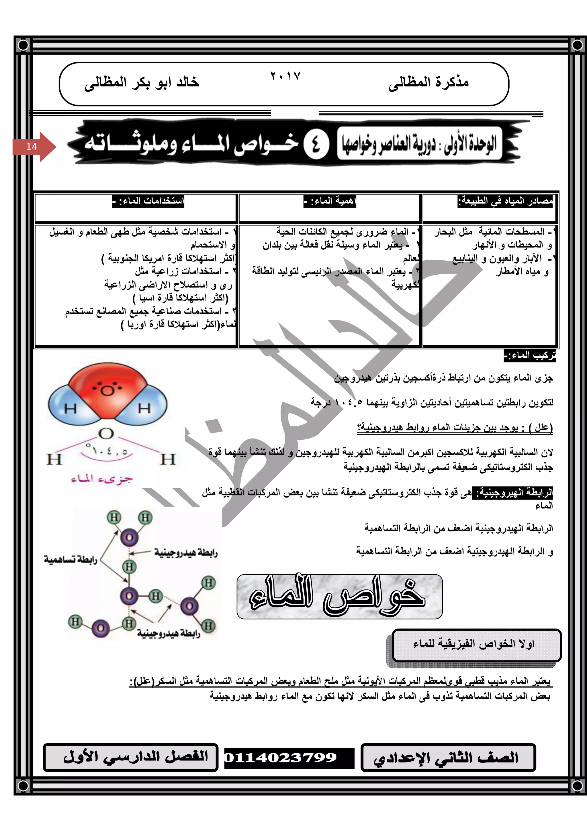 /‫ا‬
١٤
14
‫اﻟﻤﻈﺎﻟﻰ‬ ‫ﻣﺬﻛﺮة‬٢٠١٧‫اﻟﻤﻈﺎﻟﻰ‬ ‫ﺑﻜﺮ‬ ‫اﺑﻮ‬ ‫ﺧﺎﻟﺪ‬
14
:‫اﻟﻤﺎء‬ ‫ﺗﺮﻛﯿﺐ‬-
‫ھﯿﺪروﺟﯿﻦ‬ ‫ﺑﺬرﺗﯿﻦ‬ ‫ذرةأﻛﺴﺠﯿﻦ‬ ‫ارﺗﺒﺎط‬ ‫ﻣﻦ‬ ‫ﯾﺘﻜﻮن‬ ‫اﻟﻤﺎء‬ ‫ﺟﺰئ‬
‫ﺑﯿﻨﮭﻤﺎ‬ ‫اﻟﺰاوﯾﺔ‬ ‫أﺣﺎدﯾﺘﯿﻦ‬ ‫ﺗﺴﺎھﻤﯿﺘﯿﻦ‬ ‫راﺑﻄﺘﯿﻦ‬ ‫ﻟﺘﻜﻮﯾﻦ‬١٠٤.٥‫درﺟﺔ‬
‫ﺑﯿﻦ‬ ‫ﯾﻮﺟﺪ‬ : ( ‫)ﻋﻠﻞ‬‫ھﯿﺪروﺟﯿﻨﯿﺔ؟‬ ‫رواﺑﻂ‬ ‫اﻟﻤﺎء‬ ‫ﺟﺰﯾﺌﺎت‬
‫ﻟﻼﻛﺴﺠﯿﻦ‬ ‫اﻟﻜﮭﺮﺑﯿﺔ‬ ‫اﻟﺴﺎﻟﺒﯿﺔ‬ ‫ﻻن‬‫اﻛﺒﺮﻣﻦ‬‫ﻟﻠﮭﯿﺪروﺟﯿﻦ‬ ‫اﻟﻜﮭﺮﺑﯿﺔ‬ ‫اﻟﺴﺎﻟﺒﯿﺔ‬‫ﻗﻮة‬ ‫ﺑﯿﻨﮭﻤﺎ‬ ‫ﺗﻨﺸﺄ‬ ‫ﻟﺬﻟﻚ‬ ‫و‬
‫اﻟﻜﺘﺮوﺳﺘﺎﺗﯿﻜﻰ‬ ‫ﺟﺬب‬‫اﻟﮭﯿﺪروﺟﯿﻨﯿﺔ‬ ‫ﺑﺎﻟﺮاﺑﻄﺔ‬ ‫ﺗﺴﻤﻰ‬ ‫ﺿﻌﯿﻔﺔ‬
:‫اﻟﮭﯿﺮوﺟﯿﻨﯿﺔ‬ ‫اﻟﺮاﺑﻄﺔ‬‫ﻣﺜﻞ‬ ‫اﻟﻘﻄﺒﯿﺔ‬ ‫اﻟﻤﺮﻛﺒﺎت‬ ‫ﺑﻌﺾ‬ ‫ﺑﯿﻦ‬ ‫ﺗﻨﺸﺎ‬ ‫ﺿﻌﯿﻔﺔ‬ ‫اﻟﻜﺘﺮوﺳﺘﺎﺗﯿﻜﻰ‬ ‫ﺟﺬب‬ ‫ﻗﻮة‬ ‫ھﻰ‬
‫اﻟﻤﺎء‬
‫اﻟﺘﺴﺎھﻤﯿﺔ‬ ‫اﻟﺮاﺑﻄﺔ‬ ‫ﻣﻦ‬ ‫اﺿﻌﻒ‬ ‫اﻟﮭﯿﺪروﺟﯿﻨﯿﺔ‬ ‫اﻟﺮاﺑﻄﺔ‬
‫اﻟﺮاﺑﻄﺔ‬ ‫و‬‫اﻟﺘﺴﺎھﻤﯿﺔ‬ ‫اﻟﺮاﺑﻄﺔ‬ ‫ﻣﻦ‬ ‫اﺿﻌﻒ‬ ‫اﻟﮭﯿﺪروﺟﯿﻨﯿﺔ‬
‫ﻟﻠﻤﺎء‬ ‫اﻟﻔﯿﺰﯾﻘﯿﺔ‬ ‫اﻟﺨﻮاص‬ ‫اوﻻ‬
‫ﻗﻮىﻠﻤﻌﻈﻢ‬ ‫ﻗﻄﺒﻲ‬ ‫ﻣﺬﯾﺐ‬ ‫اﻟﻤﺎء‬ ‫ﯾﻌﺘﺒﺮ‬:(‫اﻟﺴﻜﺮ)ﻋﻠﻞ‬ ‫ﻣﺜﻞ‬ ‫اﻟﺘﺴﺎھﻤﯿﺔ‬ ‫اﻟﻤﺮﻛﺒﺎت‬ ‫وﺑﻌﺾ‬ ‫اﻟﻄﻌﺎم‬ ‫ﻣﻠﺢ‬ ‫ﻣﺜﻞ‬ ‫اﻷﯾﻮﻧﯿﺔ‬ ‫اﻟﻤﺮﻛﺒﺎت‬
‫ھﯿﺪروﺟﯿﻨﯿﺔ‬ ‫رواﺑﻂ‬ ‫اﻟﻤﺎء‬ ‫ﻣﻊ‬ ‫ﺗﻜﻮن‬ ‫ﻻﻧﮭﺎ‬ ‫اﻟﺴﻜﺮ‬ ‫ﻣﺜﻞ‬ ‫اﻟﻤﺎء‬ ‫ﻓﻰ‬ ‫ﺗﺬوب‬ ‫اﻟﺘﺴﺎھﻤﯿﺔ‬ ‫اﻟﻤﺮﻛﺒﺎت‬ ‫ﺑﻌﺾ‬
:‫اﻟﻄﺒﯿﻌﺔ‬ ‫ﻓﻲ‬ ‫اﻟﻤﯿﺎه‬ ‫ﻣﺼﺎدر‬:‫اﻟﻤﺎء‬ ‫اھﻤﯿﺔ‬-:‫اﻟﻤﺎء‬ ‫اﺳﺘﺨﺪاﻣﺎت‬-
١-‫اﻟﺒﺤﺎر‬ ‫ﻣﺜﻞ‬ ‫اﻟﻤﺎﺋﯿﺔ‬ ‫اﻟﻤﺴﻄﺤﺎت‬
‫اﻟﻤﺤﯿﻄﺎت‬ ‫و‬‫و‬‫اﻷﻧﮭﺎر‬
٢-‫اﻟﯿﻨﺎﺑﯿﻊ‬ ‫و‬ ‫واﻟﻌﯿﻮن‬ ‫اﻵﺑﺎر‬
‫اﻷﻣﻄﺎر‬ ‫ﻣﯿﺎه‬ ‫و‬
١-‫اﻟﺤﯿﺔ‬ ‫اﻟﻜﺎﺋﻨﺎت‬ ‫ﻟﺠﻤﯿﻊ‬ ‫ﺿﺮورى‬ ‫اﻟﻤﺎء‬
٢-‫ﺑﻠﺪان‬ ‫ﺑﯿﻦ‬ ‫ﻓﻌﺎﻟﺔ‬ ‫ﻧﻘﻞ‬ ‫وﺳﯿﻠﺔ‬ ‫اﻟﻤﺎء‬ ‫ﯾﻌﺘﺒﺮ‬
‫اﻟﻌﺎﻟﻢ‬
٣-‫ﻟﺘﻮﻟﯿﺪ‬ ‫اﻟﺮﺋﯿﺴﻰ‬ ‫اﻟﻤﺼﺪر‬ ‫اﻟﻤﺎء‬ ‫ﯾﻌﺘﺒﺮ‬‫اﻟﻄﺎﻗﺔ‬
‫اﻟﻜﮭﺮﺑﯿﺔ‬
١-‫اﻟﻐﺴﯿﻞ‬ ‫و‬ ‫اﻟﻄﻌﺎم‬ ‫ﻃﮭﻰ‬ ‫ﻣﺜﻞ‬ ‫ﺷﺨﺼﯿﺔ‬ ‫اﺳﺘﺨﺪاﻣﺎت‬
‫اﻻﺳﺘﺤﻤﺎم‬ ‫و‬
( ‫اﻟﺠﻨﻮﺑﯿﺔ‬ ‫اﻣﺮﯾﻜﺎ‬ ‫ﻗﺎرة‬ ‫اﺳﺘﮭﻼﻛﺎ‬ ‫)اﻛﺜﺮ‬
٢-‫ﻣﺜﻞ‬ ‫زراﻋﯿﺔ‬ ‫اﺳﺘﺨﺪاﻣﺎت‬
‫اﻻراﺿﻰ‬ ‫اﺳﺘﺼﻼح‬ ‫و‬ ‫رى‬‫ا‬‫ﻟﺰراﻋﯿﺔ‬
( ‫اﺳﯿﺎ‬ ‫ﻗﺎرة‬ ‫اﺳﺘﮭﻼﻛﺎ‬ ‫)اﻛﺜﺮ‬
٣-‫ﺗﺴﺘﺨﺪم‬ ‫اﻟﻤﺼﺎﻧﻊ‬ ‫ﺟﻤﯿﻊ‬ ‫ﺻﻨﺎﻋﯿﺔ‬ ‫اﺳﺘﺨﺪﻣﺎت‬
‫اﻟﻤﺎء)اﻛﺜﺮ‬( ‫اورﺑﺎ‬ ‫ﻗﺎرة‬ ‫اﺳﺘﮭﻼﻛﺎ‬
 