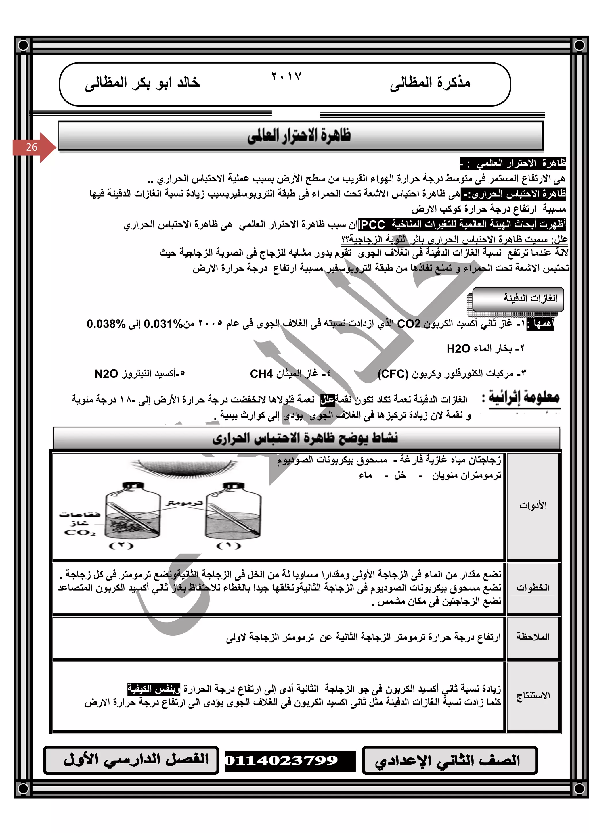 /‫ا‬
٢٦
26
‫اﻟﻤﻈﺎﻟﻰ‬ ‫ﻣﺬﻛﺮة‬٢٠١٧‫اﻟﻤﻈﺎﻟﻰ‬ ‫ﺑﻜﺮ‬ ‫اﺑﻮ‬ ‫ﺧﺎﻟﺪ‬
26
‫اﻻﺣﺘﺮار‬ ‫ﻇﺎھﺮة‬: ‫اﻟﻌﺎﻟﻤﻲ‬-
‫اﻻﺣﺘﺒﺎس‬ ‫ﻋﻤﻠﯿﺔ‬ ‫ﺑﺴﺒﺐ‬ ‫اﻷرض‬ ‫ﺳﻄﺢ‬ ‫ﻣﻦ‬ ‫اﻟﻘﺮﯾﺐ‬ ‫اﻟﮭﻮاء‬ ‫ﺣﺮارة‬ ‫درﺟﺔ‬ ‫ﻣﺘﻮﺳﻂ‬ ‫ﻓﻰ‬ ‫اﻟﻤﺴﺘﻤﺮ‬ ‫اﻻرﺗﻔﺎع‬ ‫ھﻰ‬.. ‫اﻟﺤﺮاري‬
:‫اﻟﺤﺮارى‬ ‫اﻻﺣﺘﺒﺎس‬ ‫ﻇﺎھﺮة‬-‫ﻇﺎھﺮة‬ ‫ھﻰ‬‫اﻟﺤﻤﺮاء‬ ‫ﺗﺤﺖ‬ ‫اﻻﺷﻌﺔ‬ ‫اﺣﺘﺒﺎس‬‫اﻟﺘﺮوﺑﻮﺳﻔﯿﺮ‬ ‫ﻃﺒﻘﺔ‬ ‫ﻓﻰ‬‫ﻓ‬ ‫اﻟﺪﻓﯿﺌﺔ‬ ‫اﻟﻐﺎزات‬ ‫ﻧﺴﺒﺔ‬ ‫زﯾﺎدة‬ ‫ﺑﺴﺒﺐ‬‫ﯿﮭﺎ‬
‫ﻣﺴﺒﺒﺔ‬‫ﺣﺮارة‬ ‫درﺟﺔ‬ ‫ارﺗﻔﺎع‬‫ﻛﻮﻛﺐ‬‫اﻻرض‬
‫اﻟﻤﻨﺎﺧﯿﺔ‬ ‫ﻟﻠﺘﻐﯿﺮات‬ ‫اﻟﻌﺎﻟﻤﯿﺔ‬ ‫اﻟﮭﯿﺌﺔ‬ ‫أﺑﺤﺎث‬ ‫أﻇﮭﺮت‬IPCC‫اﻟﺤﺮاري‬ ‫اﻻﺣﺘﺒﺎس‬ ‫ﻇﺎھﺮة‬ ‫ھﻰ‬ ‫اﻟﻌﺎﻟﻤﻲ‬ ‫اﻻﺣﺘﺮار‬ ‫ﻇﺎھﺮة‬ ‫ﺳﺒﺐ‬ ‫ان‬
‫اﻟﺰﺟﺎﺟﯿﺔ؟؟‬ ‫اﻟﺜﻮﺑﺔ‬ ‫ﺑﺎﺛﺮ‬ ‫اﻟﺤﺮارى‬ ‫اﻻﺣﺘﺒﺎس‬ ‫ﻇﺎھﺮة‬ ‫ﺳﻤﯿﺖ‬ :‫ﻋﻠﻞ‬
‫ﺑﺪور‬ ‫ﺗﻘﻮم‬ ‫اﻟﺠﻮى‬ ‫اﻟﻐﻼف‬ ‫ﻓﻰ‬ ‫اﻟﺪﻓﯿﺌﺔ‬ ‫اﻟﻐﺎزات‬ ‫ﻧﺴﺒﺔ‬ ‫ﺗﺮﺗﻔﻊ‬ ‫ﻋﻨﺪﻣﺎ‬ ‫ﻻﻧﺔ‬‫ﺣﯿﺚ‬ ‫اﻟﺰﺟﺎﺟﯿﺔ‬ ‫اﻟﺼﻮﺑﺔ‬ ‫ﻓﻰ‬ ‫ﻟﻠﺰﺟﺎج‬ ‫ﻣﺸﺎﺑﮫ‬
‫اﻻرض‬ ‫ﺣﺮارة‬ ‫درﺟﺔ‬ ‫ارﺗﻔﺎع‬ ‫ﻣﺴﺒﺒﺔ‬ ‫اﻟﺘﺮوﺑﻮﺳﻔﯿﺮ‬ ‫ﻃﺒﻘﺔ‬ ‫ﻣﻦ‬ ‫ﻧﻔﺎذھﺎ‬ ‫ﺗﻤﻨﻊ‬ ‫و‬ ‫اﻟﺤﻤﺮاء‬ ‫ﺗﺤﺖ‬ ‫اﻻﺷﻌﺔ‬ ‫ﺗﺤﺘﺒﺲ‬
‫اﻟﺪﻓﯿﺌﺔ‬ ‫اﻟﻐﺎزات‬
: ‫أھﻤﮭﺎ‬١-‫اﻟﻜﺮﺑﻮن‬ ‫أﻛﺴﯿﺪ‬ ‫ﺛﺎﻧﻲ‬ ‫ﻏﺎز‬CO2‫ﻋﺎم‬ ‫ﻓﻰ‬ ‫اﻟﺠﻮى‬ ‫اﻟﻐﻼف‬ ‫ﻓﻰ‬ ‫ﻧﺴﺒﺘﮫ‬ ‫ازدادت‬ ‫اﻟﺬي‬٢٠٠٥‫ﻣﻦ‬0.031%‫إﻟﻰ‬0.038%
٢-‫اﻟﻤﺎء‬ ‫ﺑﺨﺎر‬H2O
٣-‫وﻛﺮﺑﻮن‬ ‫اﻟﻜﻠﻮرﻓﻠﻮر‬ ‫ﻣﺮﻛﺒﺎت‬(CFC)٤-‫اﻟﻤﯿﺜﺎن‬ ‫ﻏﺎز‬CH4٥-‫اﻟﻨﯿﺘﺮوز‬ ‫أﻛﺴﯿﺪ‬N2O
‫ﻧﻘﻤﺔ‬ ‫ﺗﻜﻮن‬ ‫ﺗﻜﺎد‬ ‫ﻧﻌﻤﺔ‬ ‫اﻟﺪﻓﯿﺌﺔ‬ ‫اﻟﻐﺎزات‬‫ﻋﻠ‬‫ﻞ‬‫إﻟﻰ‬ ‫اﻷرض‬ ‫ﺣﺮارة‬ ‫درﺟﺔ‬ ‫ﻻﻧﺨﻔﻀﺖ‬ ‫ﻓﻠﻮﻻھﺎ‬ ‫ﻧﻌﻤﺔ‬-١٨‫ﻣﺌﻮﯾﺔ‬ ‫درﺟﺔ‬
. ‫ﺑﯿﺌﯿﺔ‬ ‫ﻛﻮارث‬ ‫إﻟﻰ‬ ‫ﯾﺆدى‬ ‫اﻟﺠﻮى‬ ‫اﻟﻐﻼف‬ ‫ﻓﻰ‬ ‫ﺗﺮﻛﯿﺰھﺎ‬ ‫زﯾﺎدة‬ ‫ﻻن‬ ‫ﻧﻘﻤﺔ‬ ‫و‬
‫اﻷدوات‬
‫ﻓﺎرﻏﺔ‬ ‫ﻏﺎزﯾﺔ‬ ‫ﻣﯿﺎه‬ ‫زﺟﺎﺟﺘﺎن‬-‫اﻟﺼﻮدﯾﻮم‬ ‫ﺑﯿﻜﺮﺑﻮﻧﺎت‬ ‫ﻣﺴﺤﻮق‬
‫ﻣﺌﻮﯾﺎن‬ ‫ﺗﺮﻣﻮﻣﺘﺮان‬-‫ﺧﻞ‬-‫ﻣﺎء‬
‫اﻟﺨﻄﻮات‬
-‫ﻣﺴﺎوﯾﺎ‬ ‫وﻣﻘﺪارا‬ ‫اﻷوﻟﻰ‬ ‫اﻟﺰﺟﺎﺟﺔ‬ ‫ﻓﻰ‬ ‫اﻟﻤﺎء‬ ‫ﻣﻦ‬ ‫ﻣﻘﺪار‬ ‫ﻧﻀﻊ‬‫ﻟﺔ‬. ‫زﺟﺎﺟﺔ‬ ‫ﻛﻞ‬ ‫ﻓﻰ‬ ‫ﺗﺮﻣﻮﻣﺘﺮ‬ ‫اﻟﺜﺎﻧﯿﺔوﻧﻀﻊ‬ ‫اﻟﺰﺟﺎﺟﺔ‬ ‫ﻓﻰ‬ ‫اﻟﺨﻞ‬ ‫ﻣﻦ‬
-‫اﻟﻤﺘﺼﺎﻋﺪ‬ ‫اﻟﻜﺮﺑﻮن‬ ‫أﻛﺴﯿﺪ‬ ‫ﺛﺎﻧﻲ‬ ‫ﺑﻐﺎز‬ ‫ﻟﻼﺣﺘﻔﺎظ‬ ‫ﺑﺎﻟﻐﻄﺎء‬ ‫ﺟﯿﺪا‬ ‫اﻟﺜﺎﻧﯿﺔوﻧﻐﻠﻘﮭﺎ‬ ‫اﻟﺰﺟﺎﺟﺔ‬ ‫ﻓﻰ‬ ‫اﻟﺼﻮدﯾﻮم‬ ‫ﺑﯿﻜﺮﺑﻮﻧﺎت‬ ‫ﻣﺴﺤﻮق‬ ‫ﻧﻀﻊ‬
-‫ﻣﺸﻤﺲ‬ ‫ﻣﻜﺎن‬ ‫ﻓﻰ‬ ‫اﻟﺰﺟﺎﺟﺘﯿﻦ‬ ‫ﻧﻀﻊ‬.
‫اﻟﻤﻼﺣﻈﺔ‬‫ارﺗﻔﺎع‬‫ﺣﺮارة‬ ‫درﺟﺔ‬‫ﺗﺮﻣﻮﻣﺘﺮ‬‫اﻟﺜﺎﻧﯿﺔ‬ ‫اﻟﺰﺟﺎﺟﺔ‬‫ﻋﻦ‬‫ﺗﺮﻣﻮﻣﺘﺮ‬‫ﻻوﻟﻰ‬ ‫اﻟﺰﺟﺎﺟﺔ‬
‫اﻻﺳﺘﻨﺘﺎج‬
‫ﻧﺴﺒﺔ‬ ‫زﯾﺎدة‬‫اﻟﺜﺎﻧﯿﺔ‬ ‫اﻟﺰﺟﺎﺟﺔ‬ ‫ﺟﻮ‬ ‫ﻓﻰ‬ ‫اﻟﻜﺮﺑﻮن‬ ‫أﻛﺴﯿﺪ‬ ‫ﺛﺎﻧﻲ‬‫اﻟﺤﺮارة‬ ‫درﺟﺔ‬ ‫ارﺗﻔﺎع‬ ‫إﻟﻰ‬ ‫أدى‬‫اﻟﻜﯿﻔﯿﺔ‬ ‫وﺑﻨﻔﺲ‬
‫اﻟﻐﻼف‬ ‫ﻓﻰ‬ ‫اﻟﻜﺮﺑﻮن‬ ‫اﻛﺴﯿﺪ‬ ‫ﺛﺎﻧﻰ‬ ‫ﻣﺜﻞ‬ ‫اﻟﺪﻓﯿﺌﺔ‬ ‫اﻟﻐﺎزات‬ ‫ﻧﺴﺒﺔ‬ ‫زادت‬ ‫ﻛﻠﻤﺎ‬‫اﻻرض‬ ‫ﺣﺮارة‬ ‫درﺟﺔ‬ ‫ارﺗﻔﺎع‬ ‫اﻟﻰ‬ ‫ﯾﺆدى‬ ‫اﻟﺠﻮى‬
 