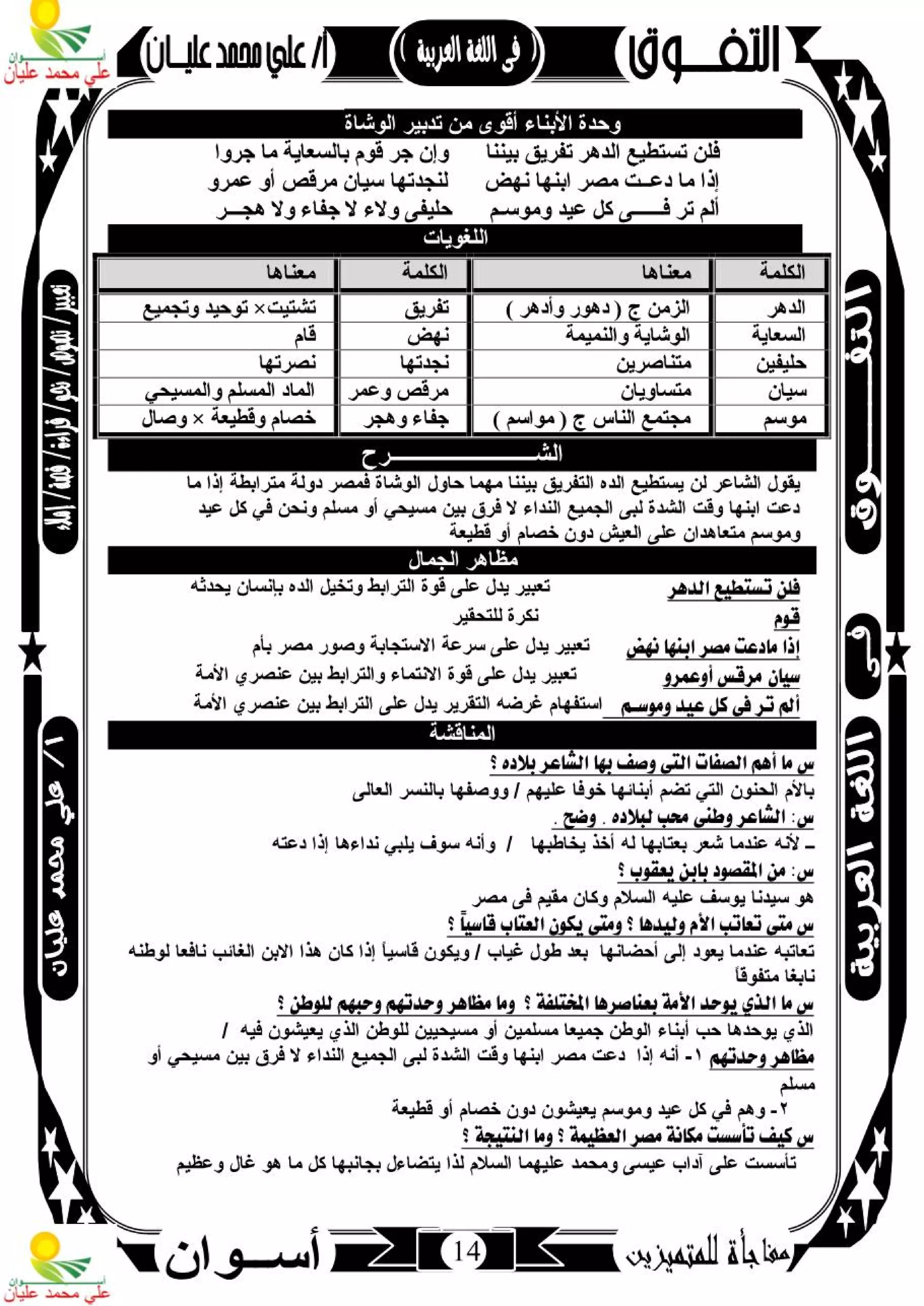 مذكرة لغة عربية للصف الثاني الإعدادي الترم الأول 2017 - موقع ملزمتي