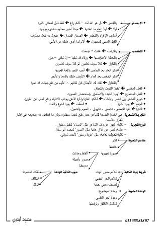 01158881807
‫اإلجيـ‬‫ـــ‬‫از‬‫صر‬ِ‫بالق‬‫أحد‬ ‫اهلل‬ ‫ىو‬ ‫قل‬–‫اع‬‫ر‬ ‫كمكم‬‫ة‬‫ر‬‫كثي‬ ‫لمعاني‬ ‫قميل‬ ‫لفظ‬
‫ال‬‫و‬‫ل‬‫ال‬‫و‬‫ل‬‫العمم‬‫اىتدينا‬ ‫ما‬‫موجود‬ ‫ه‬‫ر‬‫تقدي‬ ‫محذوف‬ ‫لخبر‬ ‫مبتدأ‬
‫أس‬‫التحذير‬‫و‬ ‫اء‬‫ر‬‫اإلغ‬ ‫موب‬‫الصدق‬ ‫الصدق‬‫محذوف‬ ‫لفعل‬ ‫بو‬ ‫مفعول‬
‫لممجيول‬ ‫المبني‬ ‫الفعل‬‫ُالم‬‫أ‬.‫األسى‬ ‫من‬ ‫عميك‬ ‫أبدي‬ ‫لما‬
‫اإلطنــاب‬‫ادف‬‫ر‬‫بالت‬‫تبسمت‬ = ‫ىشت‬
‫اضية‬‫ر‬‫االعت‬ ‫بالجممة‬‫شقيا‬ ‫قد‬ ‫قاء‬‫ر‬‫و‬–‫شقني‬ ‫إذ‬–‫حزن‬
‫ار‬‫ر‬‫بالتك‬‫تعم‬ ‫سوف‬ ‫كال‬ ‫ثم‬ ‫تعممون‬ ‫سوف‬ ‫كال‬‫مون‬
‫الخاص‬ ‫بعد‬ ‫العام‬ ‫ذكر‬‫بية‬‫ر‬‫الع‬ ‫المغة‬‫و‬ ‫النحو‬ ‫أحب‬
‫العام‬ ‫بعد‬ ‫الخاص‬ ‫ذكر‬‫األنجم‬‫و‬ ‫السما‬‫و‬ ‫ممكك‬ ‫األرض‬
‫بالتعميل‬‫لقائيم‬ ‫قبل‬ ‫األبطال‬ ‫لك‬ ‫تقاد‬‫ا‬‫و‬‫عم‬ ‫قد‬ ‫جيشك‬ ‫نقع‬ ‫من‬ ‫ألنيم‬
‫الماضي‬ ‫الفعل‬"‫يفيد‬".‫التحقق‬‫و‬ ‫الثبوت‬
‫ع‬‫المضار‬ ‫الفعل‬"‫يفيد‬".‫ة‬‫ر‬‫الصو‬ ‫استحضار‬‫و‬ ‫ار‬‫ر‬‫االستم‬‫و‬ ‫التجدد‬
‫اإلنشاء‬‫و‬ ‫الخبر‬ ‫بين‬ ‫الشاعر‬ ‫تنويع‬.‫ئ‬‫القار‬ ‫عن‬ ‫الممل‬ ‫ودفع‬ ‫االنتباه‬ ‫وجذب‬ ‫الذىن‬ ‫ة‬‫ر‬‫ثا‬‫ا‬‫و‬ ‫ة‬‫ر‬‫الفك‬ ‫لتسكيد‬
‫الجمع‬‫ة‬‫ر‬‫الكث‬ ‫يفيد‬‫العطف‬‫التعدد‬‫و‬ ‫ع‬‫التنو‬ ‫يفيد‬
‫ة‬‫ر‬‫النك‬.‫الشمول‬‫و‬ ‫العموم‬ ، ‫التيويل‬ ، ‫التحقير‬ ، ‫التعظيم‬ ‫تفيد‬
‫الصــعرية‬‫ـة‬‫ـ‬‫التجرب‬‫ـار‬‫ـ‬‫ط‬‫إ‬ ‫ـي‬‫ـ‬‫ف‬ ‫ـو‬‫ـ‬‫ج‬‫ويخر‬ ‫ـو‬‫ـ‬‫ب‬ ‫ـل‬‫ـ‬‫ع‬‫فينف‬ ‫ـا‬‫ـ‬‫م‬ ‫ـؤثر‬‫ـ‬‫م‬ ‫ة‬‫ر‬‫ـيط‬‫ـ‬‫س‬ ‫ـت‬‫ـ‬‫ح‬‫ت‬ ‫ـع‬‫ـ‬‫ق‬‫ي‬ ‫ـين‬‫ـ‬‫ح‬ ‫ـاعر‬‫ـ‬‫ش‬‫لم‬ ‫ـية‬‫ـ‬‫س‬‫النف‬ ‫ة‬‫ر‬‫ـ‬‫ـ‬‫ب‬‫الخ‬ ‫ـي‬‫ـ‬‫ى‬ :
.‫مناسب‬ ‫ي‬‫شعر‬
‫التجربة‬‫أنواع‬:-‫ذاتية‬‫مثل‬ ‫الشاعر‬ ‫ذات‬ ‫عن‬ ‫تعبر‬ :"‫المساء‬".‫ان‬‫ر‬‫مط‬ ‫لخميل‬
-‫عامة‬‫مثل‬ ‫عامة‬ ‫آفاق‬ ‫عن‬ ‫تعبر‬ :"‫النسور‬".‫سنة‬ ‫أبو‬ ‫لمحمد‬
-‫لعام‬ ‫تحولت‬ ‫ذاتية‬‫ة‬‫مثل‬ :"‫وسنين‬ ‫بة‬‫ر‬‫غ‬".‫شوقي‬ ‫ألحمد‬
‫التجربة‬‫عهاصر‬‫ـر‬‫ك‬‫ف‬
‫عاطفة‬
‫ية‬‫ر‬‫تعبي‬ ‫ة‬‫ر‬‫صو‬‫وعادات‬ ‫ألفاظ‬
‫أخيمة‬‫و‬ ‫صور‬
‫ـا‬‫ـ‬‫ـ‬‫ق‬‫موسي‬
‫القافية‬‫جودة‬‫شروط‬‫البيت‬ ‫معنى‬ ‫تالءم‬‫املوحدة‬‫القافية‬‫عيوب‬‫القصيدة‬ ‫تفكك‬
‫النفسي‬ ‫الجو‬ ‫تالءم‬‫التكمف‬
‫م‬ ‫تضيف‬‫ا‬ً‫جديد‬ ‫عنى‬‫الممل‬
‫العضوية‬‫الوحدة‬‫ع‬‫الموضو‬ ‫وحدة‬
‫النفسي‬ ‫الجو‬ ‫وحدة‬
‫ابطيا‬‫ر‬‫وت‬ ‫األفكار‬ ‫تسمسل‬
 