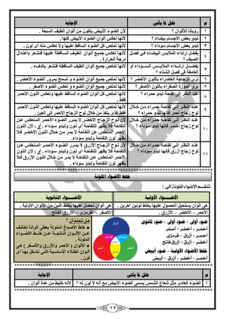 12
‫و‬ً‫يأر‬ ‫دلب‬ ‫عهم‬‫اإلعبثخ‬
1‫؟‬ ْ‫ٌؤلٌٛا‬ ‫سؤيزٕب‬‫اٌنٛء‬ ْ‫أل‬‫األثيل‬ْٛ‫يزى‬ِْٓ‫أٌٛا‬‫اٌييف‬‫اٌغجْخ‬.
2‫ث‬ ٚ‫رجذ‬‫ثينبء‬ َ‫األعغب‬ ‫ْل‬‫؟‬ٔ‫أل‬ٙ‫ب‬ْ‫أٌٛا‬ ‫رْىظ‬‫وٍٙب‬ ‫األثيل‬ ‫اٌنٛء‬.
3‫ثْل‬ ٚ‫رجذ‬‫عٛداء‬ َ‫األعغب‬‫؟‬ً‫و‬ ‫رّزـ‬ ‫ألٔٙب‬ِٕٗ ‫رْىظ‬ ‫ٚال‬ ‫ٍّيٙب‬ ‫اٌغبلو‬ ‫اٌنٛء‬ٜ‫أ‬ٌْٛ.
4
ً‫فقق‬ ‫فقي‬ ‫اٌجينقبء‬ ‫اٌّبلثظ‬ ‫اسرذاء‬ ً‫يفن‬
‫؟‬ ‫اٌقيف‬
‫ألٔٙقب‬‫ر‬ِ‫عّيق‬ ‫ْىقظ‬ْ‫أٌقٛا‬‫اٌييقف‬‫ثبّزقذاي‬ ‫فٕؾقْش‬ ‫ٍّيٙقب‬ ‫اٌغقبليخ‬
‫اٌؾشاسح‬ ‫دسعخ‬.
5
ٚ‫أ‬ ‫قٛداء‬‫ق‬‫اٌغققق‬ ‫قظ‬‫ق‬‫اٌّبلثققق‬ ‫قذاء‬‫ق‬‫اسرققق‬ ً‫ق‬‫ق‬‫يفنققق‬
‫؟‬ ‫اٌؾزبء‬ ً‫فق‬ ‫في‬ ‫اٌغبِمخ‬
ِ‫عّي‬ ‫رّزـ‬ ‫ألٔٙب‬ْ‫أٌٛا‬‫اٌييف‬. ‫ثبٌذفء‬ ‫فٕؾْش‬ ‫اٌغبليخ‬
6‫؟‬ ‫األخنش‬ ٌٍْٛ‫ثب‬ ‫اٌخنشاء‬ ‫اٌضعبعخ‬ ٜ‫ٔش‬ِ‫عّي‬ ‫رّزـ‬ ‫ألٔٙب‬ْ‫أٌٛا‬‫اٌنٛء‬‫ثّشٚس‬ ‫رغّؼ‬ ٚ‫اٌنٛء‬. ‫األخنش‬
7‫؟‬ ‫األففش‬ ٌٍْٛ‫ثب‬ ‫اٌقفشاء‬ ‫اٌّٛصح‬ ٜ‫ٔش‬ٔ‫أل‬‫ٙب‬‫ع‬ ‫رّزـ‬ْ‫أٌٛا‬ ِ‫ّي‬‫اٌنٛء‬‫رْىظ‬ ٚ‫اٌنٛء‬. ‫األففش‬
8
‫؟‬ ‫ؽّشاء‬ ٚ‫رجذ‬ ‫رفبؽخ‬ ٌٝ‫ئ‬ ‫إٌَش‬ ‫ّٕذ‬‫األؽّقش‬ ْٛ‫اٌٍق‬ ‫ٚرْىظ‬ ‫ٍّيٙب‬ ‫اٌغبلو‬ ‫اٌنٛء‬ ْ‫أٌٛا‬ ً‫و‬ ‫رّزـ‬ ‫ألٔٙب‬
. ‫فمو‬
9
‫قبلي‬‫ق‬‫خ‬ ٓ‫ق‬‫ق‬ِ ‫قشاء‬‫ق‬ّ‫ؽ‬ ‫قخ‬‫ق‬‫رفبؽ‬ ٝ‫ق‬‫ق‬ٌ‫ئ‬ ‫قش‬‫ق‬ٌَٕ‫ا‬ ‫قذ‬‫ق‬ّٕ
‫؟‬ ‫ؽّشاء‬ ٚ‫رجذ‬ ‫فأٙب‬ ‫أؽّش‬ ‫صعبط‬ ‫ٌٛػ‬
‫اٌٍق‬ ‫ٚرْىظ‬ ‫ٍّيٙب‬ ‫اٌغبلو‬ ‫اٌنٛء‬ ْ‫أٌٛا‬ ً‫و‬ ‫رّزـ‬ ‫ألٔٙب‬‫األؽّقش‬ ْٛ
‫فمو‬‫خبلي‬ ِٓ ‫يٕفز‬ ٜ‫اٌز‬‫األؽّش‬ ‫اٌضعبط‬ ‫ٌٛػ‬ٓ‫اٌْي‬ ٌٝ‫ئ‬.
14
‫قبلي‬‫ق‬‫خ‬ ٓ‫ق‬‫ق‬ِ ‫قشاء‬‫ق‬ّ‫ؽ‬ ‫قخ‬‫ق‬‫رفبؽ‬ ٝ‫ق‬‫ق‬ٌ‫ئ‬ ‫قش‬‫ق‬ٌَٕ‫ا‬ ‫قذ‬‫ق‬ّٕ
‫؟‬ ‫عٛداء‬ ٚ‫رجذ‬ ‫فأٙب‬ ‫أخنش‬ ‫صعبط‬ ‫ٌٛػ‬
ٓ‫ق‬‫ق‬ّ ‫قْٕىظ‬‫ق‬ٌّ‫ا‬ ‫قش‬‫ق‬ّ‫األؽ‬ ‫قٛء‬‫ق‬‫اٌن‬ ‫قشس‬‫ق‬ّ‫ي‬ ‫ال‬ ‫قش‬‫ق‬‫األخن‬ ‫قبط‬‫ق‬‫اٌضع‬ ‫قٛػ‬‫ق‬ٌ ْ‫أل‬
‫اٌزفبؽخ‬‫ف‬. ‫عقٛداء‬ ٚ‫ٚرجقذ‬ ْٛ‫ٌق‬ ٜ‫أ‬ ‫ٌٍزفبؽقخ‬ ‫يَٙش‬ ‫بل‬ٚ‫أ‬ْٛ‫اٌٍق‬ ْ‫أل‬ :
‫ا‬ ‫األؽّش‬‫فقبل‬ ‫األخنقش‬ ْٛ‫اٌٍق‬ ‫خقبلي‬ ٓ‫ِق‬ ‫يّقش‬ ‫ال‬ ‫اٌزفبؽخ‬ ّٓ ‫ٌّْٕىظ‬
‫اٌزفبؽخ‬ ٌْٛ ‫يَٙش‬.‫عٛداء‬ ٚ‫ٚرجذ‬
11
‫قبلي‬‫ق‬‫خ‬ ٓ‫ق‬‫ق‬ِ ‫قشاء‬‫ق‬ّ‫ؽ‬ ‫قخ‬‫ق‬‫رفبؽ‬ ٝ‫ق‬‫ق‬ٌ‫ئ‬ ‫قش‬‫ق‬ٌَٕ‫ا‬ ‫قذ‬‫ق‬ّٕ
‫؟‬ ‫عٛداء‬ ٚ‫رجذ‬ ‫فأٙب‬ ‫أصسق‬ ‫صعبط‬ ‫ٌٛػ‬
‫قبط‬‫ق‬‫اٌضع‬ ‫قٛػ‬‫ق‬ٌ ْ‫أل‬‫األصسق‬ٓ‫ق‬‫ق‬ّ ‫قْٕىظ‬‫ق‬ٌّ‫ا‬ ‫قش‬‫ق‬ّ‫األؽ‬ ‫قٛء‬‫ق‬‫اٌن‬ ‫قشس‬‫ق‬ّ‫ي‬ ‫ال‬
‫اٌزفبؽخ‬‫ف‬. ‫عقٛداء‬ ٚ‫ٚرجقذ‬ ْٛ‫ٌق‬ ٜ‫أ‬ ‫ٌٍزفبؽقخ‬ ‫يَٙش‬ ‫بل‬ٚ‫أ‬ْٛ‫اٌٍق‬ ْ‫أل‬ :
‫فقبل‬ ‫األصسق‬ ْٛ‫اٌٍق‬ ‫خقبلي‬ ٓ‫ِق‬ ‫يّقش‬ ‫ال‬ ‫اٌزفبؽقخ‬ ٓ‫ّق‬ ‫اٌّقْٕىظ‬ ‫األؽّش‬
. ‫عٛداء‬ ٚ‫ٚرجذ‬ ‫اٌزفبؽخ‬ ٌْٛ ‫يَٙش‬
***************************************************************************
‫إىل‬ ‫امللوىة‬ ‫األضواء‬ ‫تيقطه‬:
‫األظــــىا‬‫ء‬‫األونيخ‬‫انضبَىيخ‬ ‫األظــــىاء‬
٘ٓ‫آخشي‬ ٓ‫ٌٛٔي‬ ‫ثخٍو‬ ‫ٍّيٙب‬ ‫اٌؾقٛي‬ ً‫يغزؾي‬ ْ‫أٌٛا‬ ٝ.‫األٌٚيخ‬ ْ‫األٌٛا‬ ِٓ ٓ‫اصٕي‬ ‫ثخٍو‬ ‫ٍّيٙب‬ ً‫ٔؾق‬ ْ‫أٌٛا‬ ٝ٘.
‫األؽّش‬–‫األخنش‬–. ‫األصسق‬‫األففش‬–ٜ‫اٌمشِض‬–‫األصسق‬. ‫اٌفبرؼ‬
‫صبَىي‬ ‫ظىء‬ = ‫أوىل‬ ‫ظىء‬ + ‫أوىل‬ ‫ظىء‬
‫أصفس‬ = ‫أخضس‬ + ‫أمحـس‬
‫قسمصى‬ = ‫أشزق‬ + ‫أمحـس‬
‫أش‬ = ‫أشزق‬ + ‫أخضس‬‫فاتح‬ ‫زق‬
‫أثيط‬ ‫ظىء‬ = ‫األونيخ‬ ‫األظىاء‬ ‫خهػ‬
‫أبيض‬ = ‫أشزق‬ + ‫أخضس‬ + ‫أمحـس‬
ٌ‫أ‬ ‫تعله‬ ‫ٍل‬‫؟‬
●‫اٌٍّٛٔخ‬ ٓ‫األفجب‬ ‫خٍو‬ً‫ب‬‫أٌٛأق‬ ٝ‫يْي‬‫رخزٍقف‬
‫إٌبرغقققخ‬ ْ‫األٌقققٛا‬ ٓ‫ّققق‬‫ّققق‬‫األمقققٛاء‬ ‫خٍقققو‬ ٓ
. ‫اٌٍّٛٔخ‬
●ٝ‫٘ق‬ ) ‫ٚاألفقفش‬ ‫ٚاألصسق‬ ‫األؽّش‬ ( ْ‫األٌٛا‬
‫قيخ‬‫ق‬‫األعبع‬ ‫قبلء‬‫ق‬‫اٌي‬ ْ‫قٛا‬‫ق‬ٌ‫أ‬ٝ‫ق‬‫ق‬‫اٌز‬ٜٔ‫أ‬ ‫قب‬‫ق‬ٙ‫ث‬ ً‫قى‬‫ق‬‫ؾ‬
ٌْٛ.
***************************************************************************
‫و‬ً‫يأر‬ ‫دلب‬ ‫عهم‬‫اإلعبثخ‬
1‫اٌنٛء‬ٜ‫اٌْبد‬ً‫ِض‬‫اٌؾّظ‬ ُ‫ؽْب‬ّٝ‫يغ‬‫اٌنٛء‬‫األثيل‬ٗٔ‫أ‬ ِِ‫ال‬ٌْٛ‫؟‬ ٌٗٗٔ‫أل‬ِٓ ‫خٍيو‬ْ‫أٌٛا‬ ‫ّذح‬.
***************************************************************************
‫ادلهىَخ‬ ‫األظىاء‬ ‫خهػ‬
 