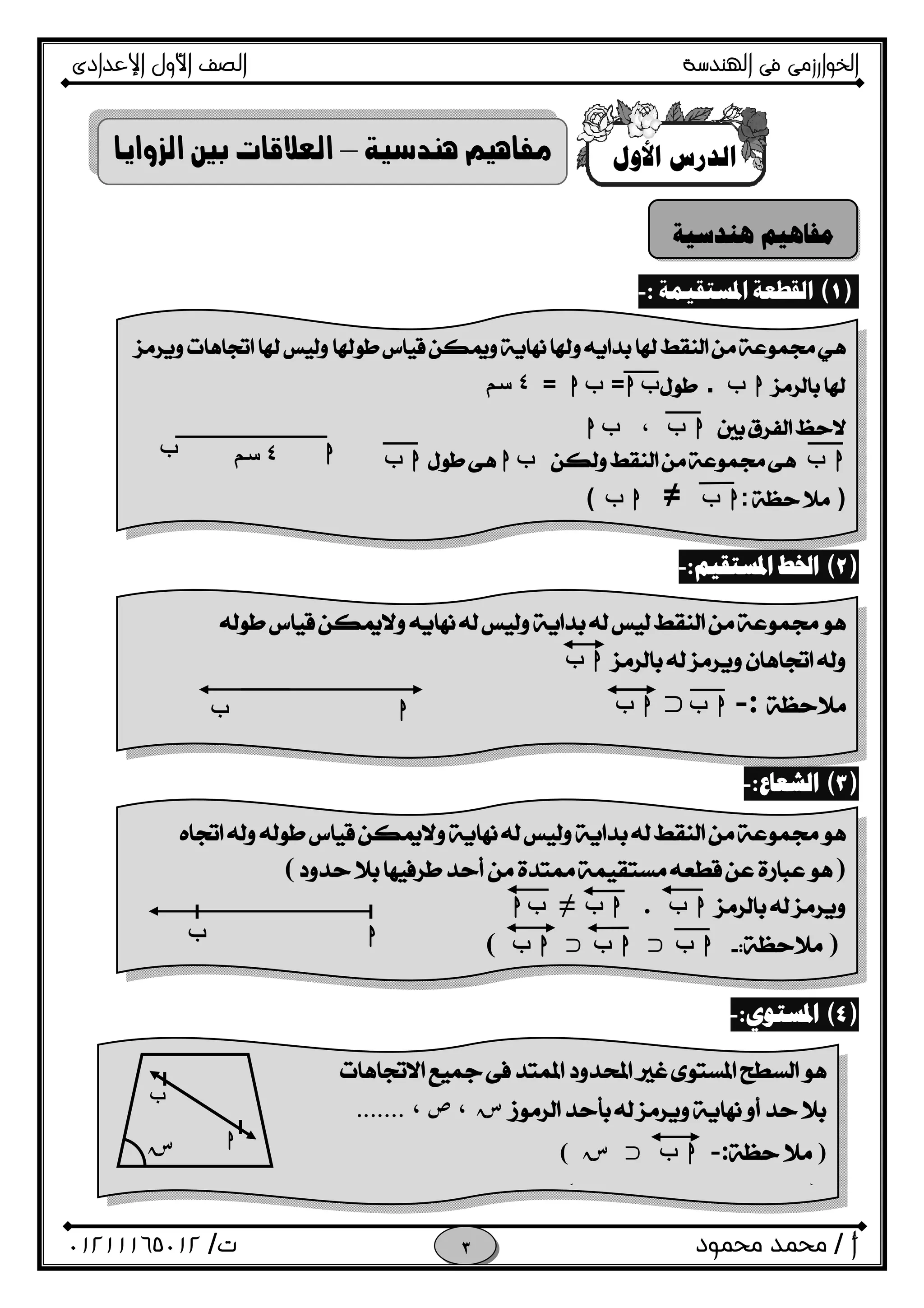 ‫اﻟﺨﻮا‬‫ر‬‫اﻟ‬ ‫ﻓﻰ‬ ‫زﻣﻰ‬‫ﻬﻨﺪﺳﺔ‬‫اﻹﻋﺪادى‬ ‫اﻷول‬ ‫اﻟﺼﻒ‬
‫أ‬/‫ﻣﺤﻤﻮد‬ ‫ﻣﺤﻤﺪ‬‫ت‬/٠١٢١١١٦٥٠١٢ 
‫ﺍﻷﻭﻝ‬ ‫ﺍﻟﺪﺭﺱ‬
 
 
 
)(:- 
 
 
 
 
 
 
 
 
)(:- 
 
 
 
 
 
 
)(:- 
 
 
 
 
 
 
)(:- 
 
 
 
 
 
–
‫ﻫﻨﺪﺳﻴﺔ‬ ‫ﻣﻔﺎﻫﻴﻢ‬

hf.hf=hf=٤‫ﺳﻢ‬
hf،hf
hfhfhf
):hf≠hf(
h‫ب‬ ٤‫ﺳﻢ‬
 
 
hf 
:-hf‫ﺥ‬hfhf

)(
hf.hf≠fh
)hf‫ﺥ‬hf‫ﺥ‬hf(
 
‫ﺲ‬‫ﺳ‬،‫ﺹ‬،.......
):-hf‫ﺲ‬‫ﺳ‬ ‫ﺥ‬(
)hf‫ﺥ‬hf‫ﺥ‬hf(
‫أ‬
‫ب‬
‫ﺳ‬ h
‫ب‬
hf
 