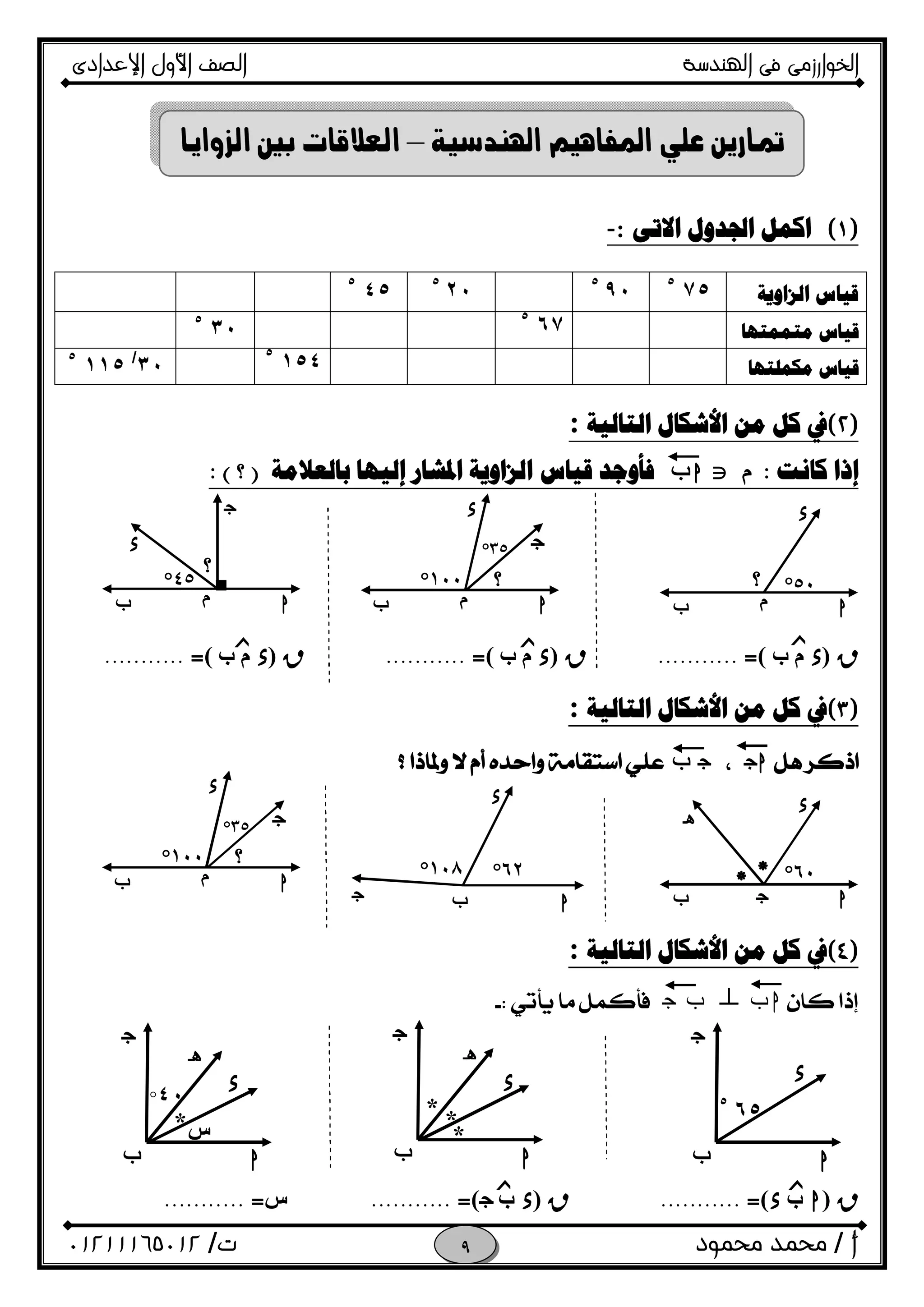 ‫اﻟﺨﻮا‬‫ر‬‫اﻟ‬ ‫ﻓﻰ‬ ‫زﻣﻰ‬‫ﻬﻨﺪﺳﺔ‬‫اﻹﻋﺪادى‬ ‫اﻷول‬ ‫اﻟﺼﻒ‬
‫أ‬/‫ﻣﺤﻤﻮد‬ ‫ﻣﺤﻤﺪ‬‫ت‬/٠١٢١١١٦٥٠١٢ 
)١(‫ﺍﻻﺗﻰ‬ ‫ﺍﳉﺪﻭﻝ‬ ‫ﺍﻛﻤﻞ‬:-
‫ﺍﻟﺰﺍﻭﻳﺔ‬ ‫ﻗﻴﺎﺱ‬٧٥٥
٩٠٥
٢٠٥
٤٥٥
‫ﻣﺘﻤﻤﺘﻬﺎ‬ ‫ﻗﻴﺎﺱ‬٦٧٥
٣٠٥
‫ﻣﻜﻤﻠﺘﻬﺎ‬ ‫ﻗﻴﺎﺱ‬١٥٤٥
٣٠/
١١٥٥
)٢(‫ﺍﻟﺘﺎﻟﻴﺔ‬ ‫ﺍﻷﺷﻜﺎﻝ‬ ‫ﻣﻦ‬ ‫ﻛﻞ‬ ‫ﰲ‬:
‫ﻛﺎﻧﺖ‬ ‫ﺇﺫﺍ‬:‫م‬Jhf‫ﺑﺎﻟﻌﻼﻣﺔ‬ ‫ﺇﻟﻴﻬﺎ‬ ‫ﺍﳌﺸﺎﺭ‬ ‫ﺍﻟﺰﺍﻭﻳﺔ‬ ‫ﻗﻴﺎﺱ‬ ‫ﻓﺄﻭﺟﺪ‬)‫؟‬: (
R)x‫ب‬ ‫م‬(=...........R)x‫ب‬ ‫م‬(=...........R)x‫ب‬ ‫م‬(=...........
)٣(‫ﰲ‬‫ﺍﻟﺘﺎﻟﻴﺔ‬ ‫ﺍﻷﺷﻜﺎﻝ‬ ‫ﻣﻦ‬ ‫ﻛﻞ‬:
OhOf 
 
 
 
 
)٤(‫ﺍﻟﺘﺎﻟﻴﺔ‬ ‫ﺍﻷﺷﻜﺎﻝ‬ ‫ﻣﻦ‬ ‫ﻛﻞ‬ ‫ﰲ‬:
fhnfO 
 
 
 
 
 
R)h‫ب‬x(=...........R)x‫ب‬O(=...........‫س‬=........... 
–
‫ﺯ‬
h
x
‫م‬‫ب‬
٥٠°‫؟‬
٣٥°
١٠٠°
h
x
‫م‬‫ب‬
‫؟‬
O
h
x
‫م‬‫ب‬
٤٥°
‫؟‬
■
O
‫ﺯ‬‫ﺯ‬
* ٦٠°*
h
x
O‫ب‬
i
١٠٨° ٦٢°
x
O ‫ب‬ h
٣٥°
١٠٠°
h
x
‫م‬‫ب‬
‫؟‬
O
‫ب‬
O
h
x
٦٥٥
‫ب‬
O
h
x
*
* *
i
x
‫ب‬
O
h
‫س‬
٤٠°
*
i
‫ﺯ‬‫ﺯ‬
 