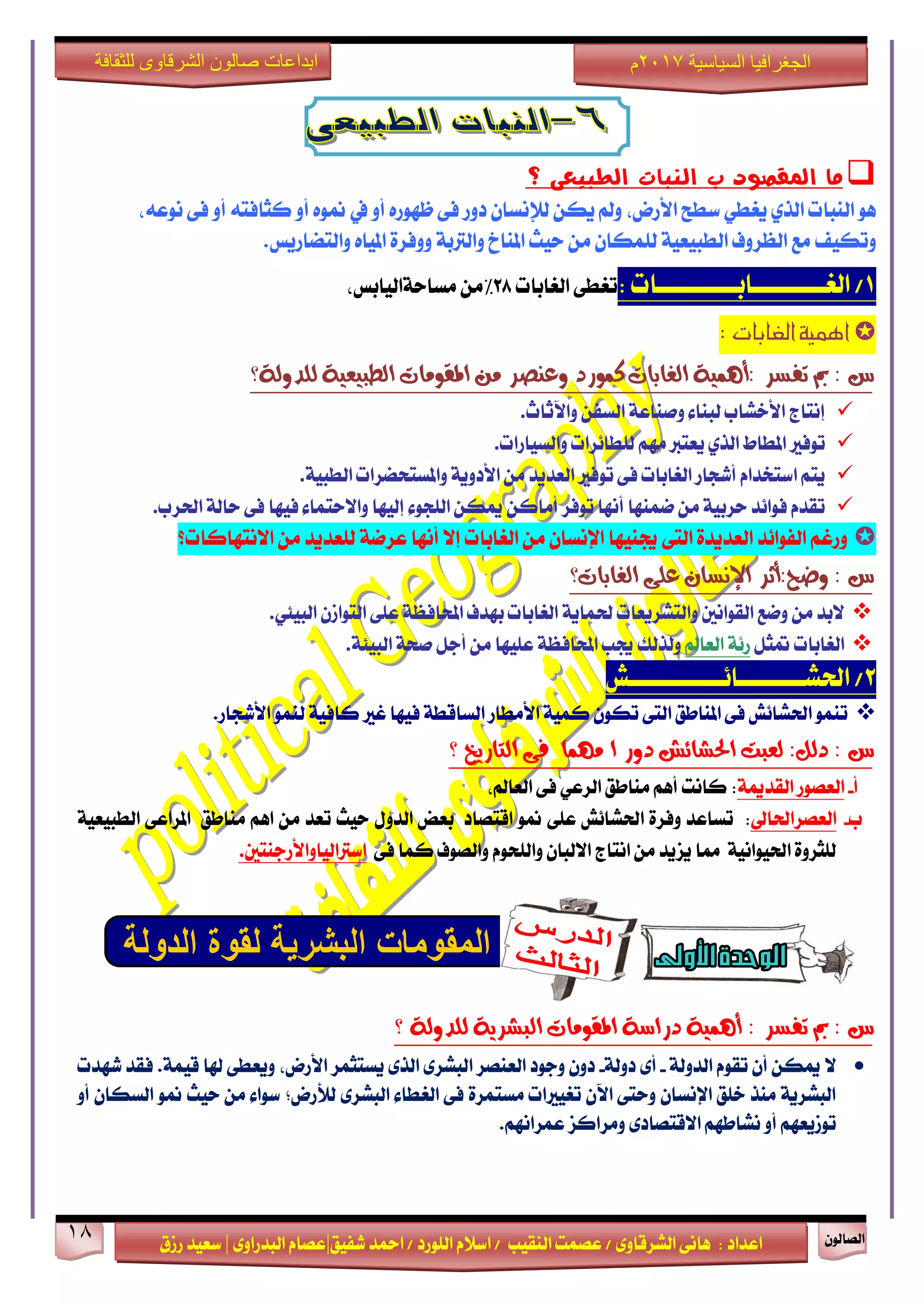 ٕٛ‫ايقاي‬18
‫ابداعات‬‫للثقافة‬ ‫الشرقاوى‬ ‫صالون‬
/ ٣ٚ‫ايؾضقا‬ ٢ْ‫ٖا‬ : ‫اعزار‬‫ؽفٝل‬ ‫امحز‬ / ‫ايًٛصر‬ ّ٬‫اع‬ / ‫ايٓكٝب‬ ‫عقُت‬|٣ٚ‫ايبزصا‬ ّ‫عقا‬|‫صطم‬ ‫ععٝز‬
‫سسسسعيدرزق‬
‫السياسية‬ ‫الجغرافيا‬7102‫م‬
‫ب‬ ‫املكصود‬ ‫ما‬‫الطبيعى‬ ‫اليبات‬‫؟‬
‫ع‬ ٞ‫ٜػط‬ ٟ‫ايش‬ ‫ايٓبات‬ ٖٛ،٘‫ْٛع‬ ٢‫ف‬ ٚ‫أ‬ ٘‫نجافت‬ ٚ‫أ‬ ٙٛ‫من‬ ‫يف‬ ٚ‫أ‬ ٙ‫ظٗٛص‬ ٢‫ف‬ ‫رٚص‬ ٕ‫يإلْغا‬ ٔ‫ٜه‬ ‫ٚمل‬ ،‫ا٭صض‬ ‫طح‬
‫ٚتهٝف‬‫ٚايتناصٜػ‬ ٙ‫املٝا‬ ٠‫ٚٚفض‬ ١‫ٚايذلب‬ ‫املٓاخ‬ ‫سٝح‬ َٔ ٕ‫يًُها‬ ١ٝ‫ايطبٝع‬ ‫ايعضٚف‬ ‫َع‬.
1‫ايػــــــــــابـــــــــــات‬ /:‫ايػابات‬ ٢‫تػط‬28٪َٔ،‫َغاس١ايٝابػ‬
: ‫الغابات‬ ‫اهمية‬
‫تفظش‬ ‫مب‬ : ‫غ‬‫ايػابات‬ ١ُٖٝ‫:أ‬١‫يًذٚي‬ ١ٝ‫ايطبٝع‬ ‫املكَٛات‬ َٔ ‫ٚعٓصش‬ ‫نُٛسد‬‫؟‬
‫ٚاٯثاخ‬ ٔ‫ايغف‬ ١‫ٚفٓاع‬ ٤‫يبٓا‬ ‫ا٭خؾاب‬ ‫إْتاز‬.
‫ٚايغٝاصات‬ ‫يًطا٥ضات‬ َِٗ ‫ٜعتدل‬ ٟ‫ايش‬ ‫املطاط‬ ‫تٛفرل‬.
١ٝ‫ايطب‬ ‫ٚاملغتشنضات‬ ١ٜٚ‫ا٭ر‬ َٔ ‫ايعزٜز‬ ‫تٛفرل‬ ٢‫ف‬ ‫ايػابات‬ ‫أؽذاص‬ ّ‫اعتدزا‬ ِ‫ٜت‬.
١‫ساي‬ ٢‫ف‬ ‫فٝٗا‬ ٤‫ٚا٫ستُا‬ ‫إيٝٗا‬ ٤ٛ‫ايًذ‬ ٔ‫ميه‬ ٔ‫أَان‬ ‫تٛفض‬ ‫أْٗا‬ ‫مُٓٗا‬ َٔ ١ٝ‫سضب‬ ‫فٛا٥ز‬ ّ‫تكز‬‫اؿ‬‫ض‬‫ب‬.
‫ا٫ْتٗانات؟‬ َٔ ‫يًعزٜز‬ ١‫عضم‬ ‫أْٗا‬ ٫‫إ‬ ‫ايػابات‬ َٔ ٕ‫اإلْغا‬ ‫هٓٝٗا‬ ٢‫ايت‬ ٠‫ايعزٜز‬ ‫ايفٛا٥ز‬ ِ‫ٚصغ‬
: ‫غ‬‫ايػابات؟‬ ٢ً‫ع‬ ٕ‫اإلْظا‬ ‫ٚضح:أثش‬
١ٜ‫ؿُا‬ ‫ٚايتؾضٜعات‬ ‫ايكٛاْني‬ ‫ٚمع‬ َٔ ‫٫بز‬ٞ٦ٝ‫ايب‬ ٕ‫ايتٛاط‬ ٢ً‫ع‬ ١‫احملافع‬ ‫بٗزف‬ ‫ايػابات‬.
ٌ‫متج‬ ‫ايػابات‬‫ايعامل‬ ١٥‫ص‬١٦ٝ‫ايب‬ ١‫فش‬ ٌ‫أد‬ َٔ ‫عًٝٗا‬ ١‫احملافع‬ ‫هب‬ ‫ٚيشيو‬.
2‫اؿؾـــــــــا٥ـــــــــــــؿ‬ /
‫ا٭ؽذاص‬ ُٛٓ‫ي‬ ١ٝ‫ناف‬ ‫غرل‬ ‫فٝٗا‬ ١‫ايغاقط‬ ‫ا٭َطاص‬ ١ُٝ‫ن‬ ٕٛ‫ته‬ ٢‫ايت‬ ‫املٓاطل‬ ٢‫ف‬ ‫اؿؾا٥ؿ‬ ُٛٓ‫ت‬.
: ‫غ‬:ٌ‫دي‬‫ا‬ ‫دٚس‬ ‫اذتؼا٥ؽ‬ ‫يعبت‬‫ايتاسٜخ‬ ٢‫ف‬ ‫َُٗا‬‫؟‬
‫أ‬-١‫ايكزمي‬ ‫ايعقٛص‬:‫ناْت‬،‫ايعامل‬ ٢‫ف‬ ٞ‫ايضع‬ ‫َٓاطل‬ ِٖ‫أ‬
‫ب‬-‫ايعقض‬‫اؿاىل‬:١ٝ‫ايطبٝع‬ ٢‫املضاع‬ ‫َٓاطل‬ ِٖ‫ا‬ َٔ ‫تعز‬ ‫سٝح‬ ٍٚ‫ايز‬ ‫بعض‬ ‫اقتقار‬ ٛ‫من‬ ٢ً‫ع‬ ‫اؿؾا٥ؿ‬ ٠‫ٚفض‬ ‫تغاعز‬
٢‫ف‬ ‫نُا‬ ‫ٚايقٛف‬ ّٛ‫ٚايًش‬ ٕ‫ا٫يبا‬ ‫اْتاز‬ َٔ ‫ٜظٜز‬ ‫مما‬ ١ْٝ‫اؿٝٛا‬ ٠ٚ‫يًجض‬‫اعذلايٝاٚا٭صدٓتني‬.
١‫يًذٚي‬ ١ٜ‫ايبؼش‬ ‫املكَٛات‬ ١‫دساط‬ ١ُٖٝ‫أ‬ : ‫تفظش‬ ‫مب‬ : ‫غ‬‫؟‬
١‫ايزٚي‬ ّٛ‫تك‬ ٕ‫أ‬ ٔ‫ميه‬ ٫-١‫رٚي‬ ٣‫أ‬-‫ؽٗزت‬ ‫فكز‬ .١ُٝ‫ق‬ ‫شلا‬ ٢‫ٜٚعط‬ ،‫ا٭صض‬ ‫ٜغتجُض‬ ٣‫ايش‬ ٣‫ايبؾض‬ ‫ايعٓقض‬ ‫ٚدٛر‬ ٕٚ‫ر‬
ٛ‫من‬ ‫سٝح‬ َٔ ٤‫عٛا‬ ;‫يٮصض‬ ٣‫ايبؾض‬ ٤‫ايػطا‬ ٢‫ف‬ ٠‫َغتُض‬ ‫تػٝرلات‬ ٕ‫اٯ‬ ٢‫ٚست‬ ٕ‫اإلْغا‬ ‫خًل‬ ‫َٓش‬ ١ٜ‫ايبؾض‬ٕ‫ايغها‬ٚ‫أ‬
.ِْٗ‫عُضا‬ ‫َٚضانظ‬ ٣‫ا٫قتقار‬ ِٗ‫ْؾاط‬ ٚ‫أ‬ ِٗ‫تٛطٜع‬
 