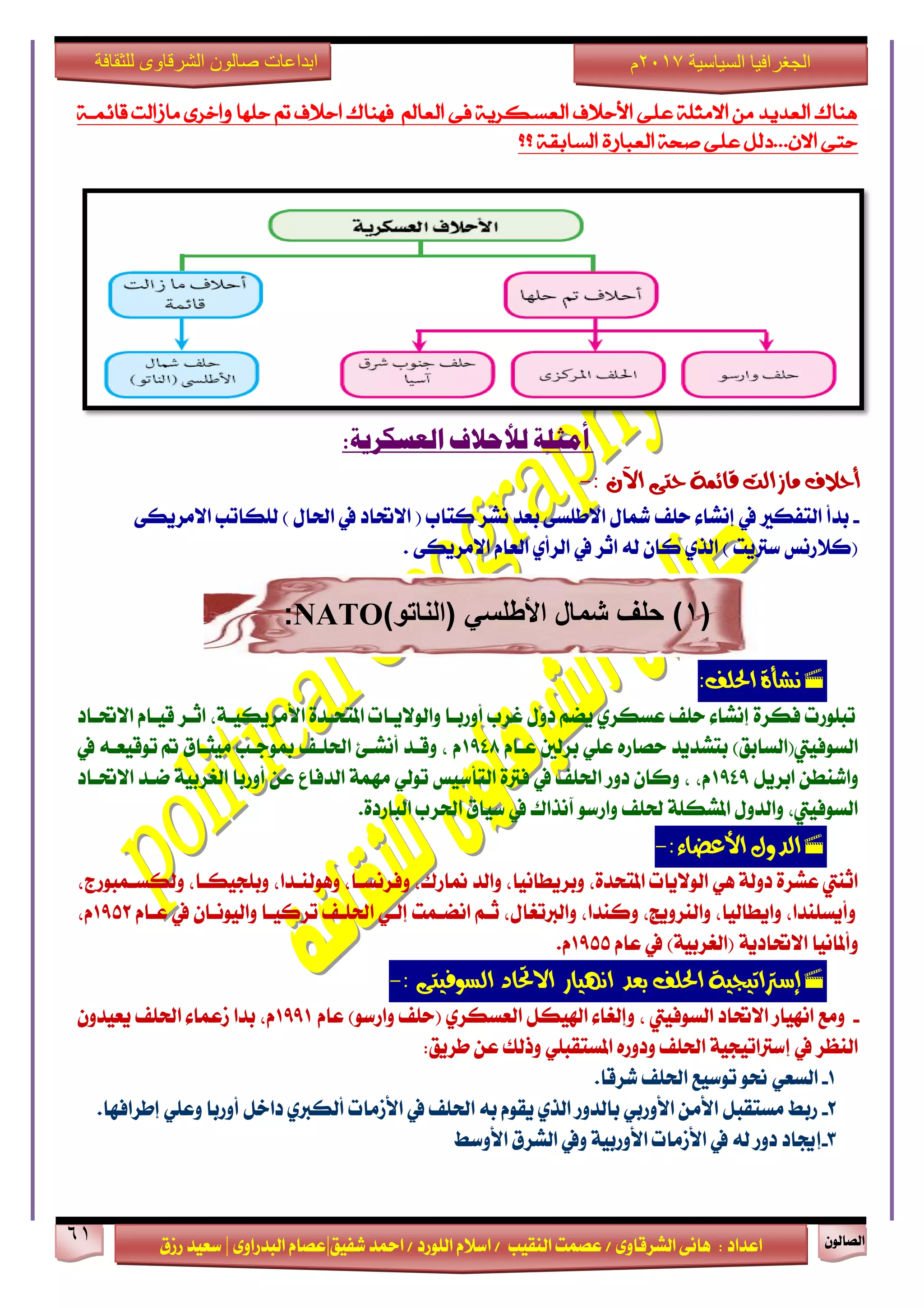 ٕٛ‫ايقاي‬61
‫ابداعات‬‫للثقافة‬ ‫الشرقاوى‬ ‫صالون‬
/ ٣ٚ‫ايؾضقا‬ ٢ْ‫ٖا‬ : ‫اعزار‬‫ؽفٝل‬ ‫امحز‬ / ‫ايًٛصر‬ ّ٬‫اع‬ / ‫ايٓكٝب‬ ‫عقُت‬|٣ٚ‫ايبزصا‬ ّ‫عقا‬|‫صطم‬ ‫ععٝز‬
‫سسسسعيدرزق‬
‫السياسية‬ ‫الجغرافيا‬7102‫م‬
‫مت‬ ‫احالف‬ ‫فًهاك‬ ‫العامل‬ ‫فى‬ ‫العسكرية‬ ‫األحالف‬ ‫عمى‬ ‫االوثمة‬ ‫وو‬ ‫العديد‬ ‫يهاك‬‫قائىةة‬ ‫وازالت‬ ‫واخرى‬ ‫حمًا‬
‫؟؟‬ ‫السابكة‬ ‫العبارة‬ ‫صحة‬ ‫عمى‬ ‫االى...دلن‬ ‫حتى‬
:‫العسكرية‬ ‫لألحالف‬ ‫أمثلة‬
٢‫ست‬ ١ُ٥‫قا‬ ‫َاصايت‬ ‫أسالف‬: ٕ‫اآل‬-
-٢‫ا٫َضٜه‬ ‫يًهاتب‬ ) ٍ‫اؿا‬ ‫يف‬ ‫ا٫ؼار‬ ( ‫نتاب‬ ‫ْؾض‬ ‫بعز‬ ٢‫ا٫طًغ‬ ٍ‫سلا‬ ‫سًف‬ ٤‫إْؾا‬ ‫يف‬ ‫ايتفهرل‬ ‫بزأ‬
‫يف‬ ‫اثض‬ ٘‫ي‬ ٕ‫نا‬ ٟ‫ايش‬ ) ‫عذلٜت‬ ‫(ن٬صْػ‬. ٢‫ا٫َضٜه‬ ّ‫ايعا‬ ٟ‫ايضأ‬
(1)‫(الناتو‬ ‫األطلسي‬ ‫شمال‬ ‫حلف‬ )NATO:
:‫اذتًف‬ ٠‫ْؼأ‬
‫ا٫ؼـار‬ ّ‫قٝـا‬ ‫اثـض‬ ،١‫ا٭َضٜهٝـ‬ ٠‫املتشـز‬ ‫ٚايٛ٫ٜـات‬ ‫أٚصبـا‬ ‫غضب‬ ٍٚ‫ر‬ ِ‫ٜن‬ ٟ‫عغهض‬ ‫سًف‬ ٤‫إْؾا‬ ٠‫فهض‬ ‫تبًٛصت‬
ّ‫عـا‬ ‫بضيني‬ ًٞ‫ع‬ ٙ‫سقاص‬ ‫بتؾزٜز‬ )‫ايغٛفٝيت(ايغابل‬1948‫يف‬ ٘‫تٛقٝعـ‬ ‫مت‬ ‫َٝجـام‬ ‫مبٛدـب‬ ‫اؿًـف‬ ٧‫أْؾـ‬ ‫ٚقـز‬ ، ّ
ٌٜ‫ابض‬ ٔ‫ٚاؽٓط‬1949‫ا٫ؼـار‬ ‫مـز‬ ١ٝ‫ايػضب‬ ‫أٚصبا‬ ٔ‫ع‬ ‫ايزفاع‬ ١َُٗ ٞ‫تٛي‬ ‫ايتأعٝػ‬ ٠‫فذل‬ ‫يف‬ ‫اؿًف‬ ‫رٚص‬ ٕ‫ٚنا‬ ، ،ّ
.٠‫ايباصر‬ ‫اؿضب‬ ‫عٝام‬ ‫يف‬ ‫آْشاى‬ ٛ‫ٚاصع‬ ‫ؿًف‬ ١ً‫املؾه‬ ٍٚ‫ٚايز‬ ،‫ايغٛفٝيت‬
:٤‫األعضا‬ ٍٚ‫ايذ‬-
،‫ٖٚٛيٓـزا‬ ،‫ٚفضْغـا‬ ،‫مناصى‬ ‫ٚايز‬ ،‫ٚبضٜطاْٝا‬ ،٠‫املتشز‬ ‫ايٛ٫ٜات‬ ٖٞ ١‫رٚي‬ ٠‫عؾض‬ ‫اثٓيت‬،‫ٚيهغـُبٛصز‬ ،‫ٚبًذٝهـا‬
ّ‫عـا‬ ‫يف‬ ٕ‫ٚايْٝٛـا‬ ‫تضنٝـا‬ ‫اؿًـف‬ ٞ‫إيـ‬ ‫اْنـُت‬ ِ‫ثـ‬ ،ٍ‫ٚايدلتػا‬ ،‫ٚنٓزا‬ ،‫ٚايٓضٜٚر‬ ،‫ٚاٜطايٝا‬ ،‫ٚأٜغًٓزا‬1952،ّ
ّ‫عا‬ ‫يف‬ )١ٝ‫(ايػضب‬ ١ٜ‫ا٫ؼار‬ ‫ٚأملاْٝا‬1955.ّ
: ٢‫ايظٛفٝت‬ ‫االحتاد‬ ‫اْٗٝاس‬ ‫بعذ‬ ‫اذتًف‬ ١ٝ‫إطرتاتٝذ‬-
-‫ا‬ ٌ‫اشلٝه‬ ٤‫ٚإيػا‬ ، ‫ايغٛفٝيت‬ ‫ا٫ؼار‬ ‫اْٗٝاص‬ ‫َٚع‬ّ‫عا‬ )ٛ‫ٚاصع‬ ‫(سًف‬ ٟ‫يعغهض‬1991ٕٚ‫ٜعٝز‬ ‫اؿًف‬ ٤‫طعُا‬ ‫بزا‬ ،ّ
:‫طضٜل‬ ٔ‫ع‬ ‫ٚسيو‬ ًٞ‫املغتكب‬ ٙ‫ٚرٚص‬ ‫اؿًف‬ ١ٝ‫إعذلاتٝذ‬ ‫يف‬ ‫ايٓعض‬
1-.‫ؽضقا‬ ‫اؿًف‬ ‫تٛعٝع‬ ٛ‫م‬ ٞ‫ايغع‬
2-.‫إطضافٗا‬ ًٞ‫ٚع‬ ‫أٚصبا‬ ٌ‫راخ‬ ٟ‫أيهدل‬ ‫ا٭طَات‬ ‫يف‬ ‫اؿًف‬ ٘‫ب‬ ّٛ‫ٜك‬ ٟ‫ايش‬ ‫بايزٚص‬ ٞ‫ا٭ٚصب‬ َٔ‫ا٭‬ ٌ‫َغتكب‬ ‫صبط‬
3-‫ا٭ٚعط‬ ‫ايؾضم‬ ‫ٚيف‬ ١ٝ‫ا٭ٚصب‬ ‫ا٭طَات‬ ‫يف‬ ٘‫ي‬ ‫رٚص‬ ‫إهار‬
 