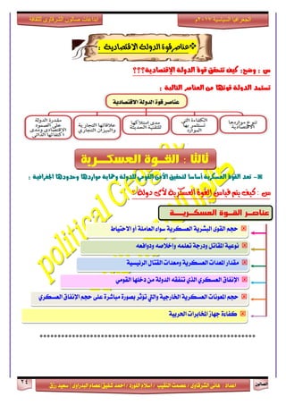 ٕٛ‫ايقاي‬24
‫ابداعات‬‫للثقافة‬ ‫الشرقاوى‬ ‫صالون‬
/ ٣ٚ‫ايؾضقا‬ ٢ْ‫ٖا‬ : ‫اعزار‬‫ؽفٝل‬ ‫امحز‬ / ‫ايًٛصر‬ ّ٬‫اع‬ / ‫ايٓكٝب‬ ‫عقُت‬|٣ٚ‫ايبزصا‬ ّ‫عقا‬|‫صطم‬ ‫ععٝز‬
‫سسسسعيدرزق‬
‫السياسية‬ ‫الجغرافيا‬7102‫م‬
‫عناصرقوة‬‫الدولة‬‫االقتصادية‬:
:‫وضح‬ : ‫س‬‫اإلقتصادية؟؟؟‬ ‫الدولة‬ ‫قوة‬ ‫تتخقق‬ ‫كيف‬
‫التالية‬ ‫العهاصز‬ ‫مو‬ ‫قوتًا‬ ‫الدولة‬ ‫تضتند‬:
◙-‫اجلغزافية‬ ‫وحدوديا‬ ‫موارديا‬ ‫ومحاية‬ ‫للدولة‬ ‫القومي‬ ‫األمو‬ ‫لتخقيق‬ ‫أصاصا‬ ‫العضكزية‬ ‫القوة‬ ‫تعد‬:
: ‫غ‬‫؟‬ ١‫دٚي‬ ٣‫أل‬ ١ٜ‫ايعظهش‬ ٠ٛ‫ايك‬ ‫قٝاغ‬ ِ‫ٜت‬ ‫نٝف‬
************************************************************
‫العسك‬ ‫القــىة‬ : ‫ثالجا‬‫ـــرية‬
‫عهاصي‬‫الغسكييرييييية‬ ‫القييوة‬ ‫ير‬
‫ا٫ستٝاط‬ ٚ‫أ‬ ١ًَ‫ايعا‬ ٤‫عٛا‬ ١ٜ‫ايعغهض‬ ١ٜ‫ايبؾض‬ ٣ٛ‫ايك‬ ِ‫سذ‬
٘‫ٚرٚافع‬ ٘‫ٚإخ٬ف‬ ًُ٘‫تع‬ ١‫ٚرصد‬ ٌ‫املكات‬ ١ٝ‫ْٛع‬
١ٝ‫ايض٥ٝغ‬ ٍ‫ايكتا‬ ‫َٚعزات‬ ١ٜ‫ايعغهض‬ ‫املعزات‬ ‫َكزاص‬
َٞٛ‫ايك‬ ‫رخًٗا‬ َٔ ١‫ايزٚي‬ ٘‫تٓفك‬ ٟ‫ايش‬ ٟ‫ايعغهض‬ ‫اإلْفام‬
ٟ‫ايعغهض‬ ‫اإلْفام‬ ِ‫سذ‬ ٢ً‫ع‬ ٠‫َباؽض‬ ٠‫بقٛص‬ ‫ت٪ثض‬ ‫ٚاييت‬ ١ٝ‫اـاصد‬ ١ٜ‫ايعغهض‬ ‫املعْٛات‬ ِ‫سذ‬
١ٝ‫اؿضب‬ ‫املدابضات‬ ‫دٗاط‬ ٠٤‫نفا‬
 