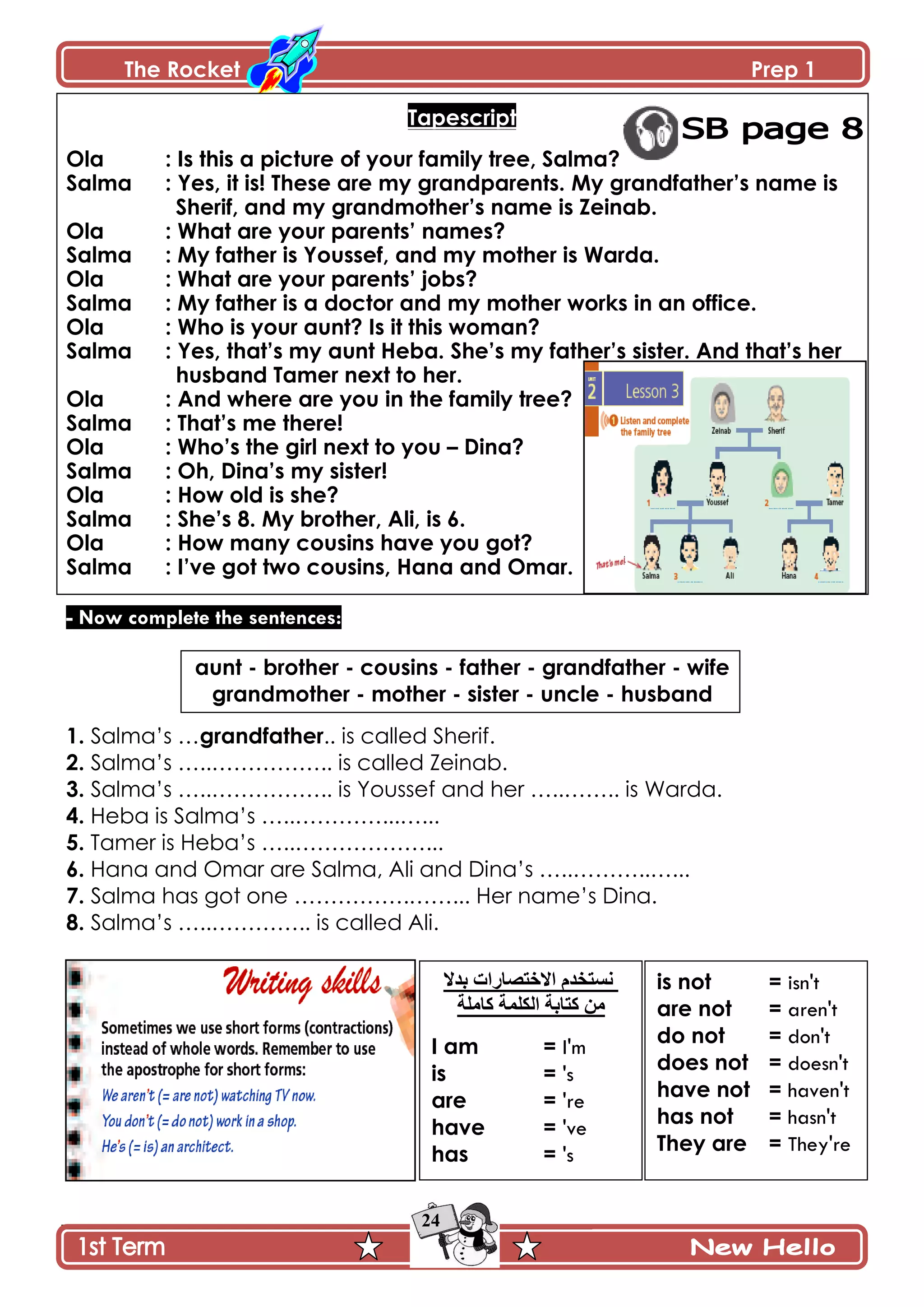 The Rocket Prep 1
24
Tapescript
Ola : Is this a picture of your family tree, Salma?
Salma : Yes, it is! These are my grandparents. My grandfather‟s name is
Sherif, and my grandmother‟s name is Zeinab.
Ola : What are your parents‟ names?
Salma : My father is Youssef, and my mother is Warda.
Ola : What are your parents‟ jobs?
Salma : My father is a doctor and my mother works in an office.
Ola : Who is your aunt? Is it this woman?
Salma : Yes, that‟s my aunt Heba. She‟s my father‟s sister. And that‟s her
husband Tamer next to her.
Ola : And where are you in the family tree?
Salma : That‟s me there!
Ola : Who‟s the girl next to you – Dina?
Salma : Oh, Dina‟s my sister!
Ola : How old is she?
Salma : She‟s 8. My brother, Ali, is 6.
Ola : How many cousins have you got?
Salma : I‟ve got two cousins, Hana and Omar.
- Now complete the sentences:
aunt - brother - cousins - father - grandfather - wife
grandmother - mother - sister - uncle - husband
1. Salma’s …grandfather.. is called Sherif.
2. Salma’s …..…………….. is called Zeinab.
3. Salma’s …..…………….. is Youssef and her …..…….. is Warda.
4. Heba is Salma’s …..…………...…...
5. Tamer is Heba’s …..………………...
6. Hana and Omar are Salma, Ali and Dina’s …..………..…...
7. Salma has got one …………….……... Her name’s Dina.
8. Salma’s …..………….. is called Ali.
‫ذىال‬ ‫جالنطٛحٌجش‬ ‫چٓطهىڀ‬
‫ٺحڂٿس‬ ‫جپٻٿڃس‬ ‫ٺطحذس‬ ‫ڂڅ‬
I am = I'm
is = 's
are = 're
have = 've
has = 's
is not = isn't
are not = aren't
do not = don't
does not = doesn't
have not = haven't
has not = hasn't
They are = They're
 