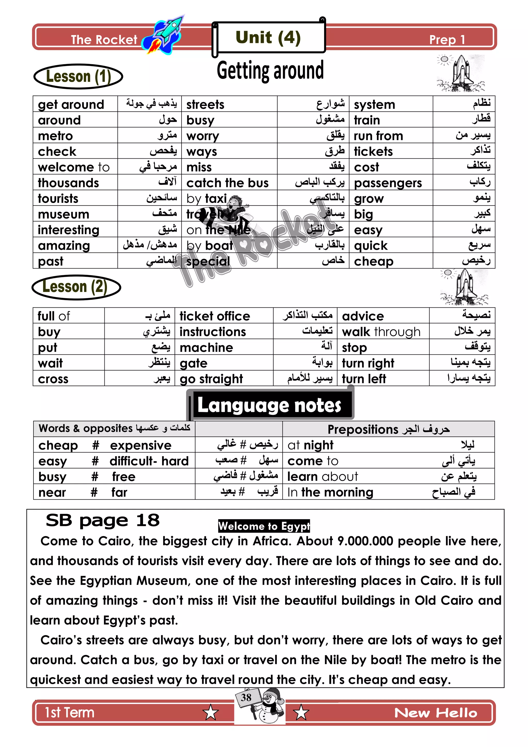 The Rocket Prep 1
38
get around ‫ؾٌپس‬ ِ‫ٲ‬ ‫ًّىد‬ streets ٨ٌ‫ٌٖج‬ system ‫چ٧حڀ‬
around ‫قٌټ‬ busy ‫ڂٗٯٌټ‬ train ٌ‫ٶ٣ح‬
metro ًٍ‫ڂط‬ worry ‫ّٷٿٵ‬ run from ‫ڂڅ‬ ٍّْٓ
check ٙ‫ّٳك‬ ways ‫٢ٍٴ‬ tickets ٍ‫ضًجٺ‬
welcome to ِ‫ٲ‬ ‫ڂٍقرح‬ miss ‫ّٳٷى‬ cost ‫ّطٻٿٱ‬
thousands ٰ‫آال‬ catch the bus ٘‫جپرح‬ ‫ٍّٺد‬ passengers ‫ٌٺحخ‬
tourists ‫ْحتكْڅ‬ by taxi ِٓ‫ذحپطحٺ‬ grow ٌ‫ّنڃ‬
museum ‫ڂطكٱ‬ travel ٍ‫ّٓحٲ‬ big ٍْ‫ٺر‬
interesting ‫ْٖٵ‬ on the Nile ‫جپنْٽ‬ َ‫٪ٿ‬ easy ‫ْيٽ‬
amazing ‫ڂًىٽ‬ /ٕ‫ڂىى‬ by boat ‫ذحپٷحٌخ‬ quick ٩ٍّْ
past ‫جپ‬ِٞ‫ڃح‬ special ٘‫نح‬ cheap ْٙ‫ٌن‬
full of ‫ذـ‬ ‫ڂٿة‬ ticket office ٍ‫جپطًجٺ‬ ‫ڂٻطد‬ advice ‫چْٛكس‬
buy ٍُ‫ّٗط‬ instructions ‫ض٫ٿْڃحش‬ walk through ‫نالټ‬ ٍ‫ّڃ‬
put ٩ّٟ machine ‫آپس‬ stop ‫ّطٌٶٱ‬
wait ٍ٧‫ّنط‬ gate ‫ذٌجذس‬ turn right ‫ذڃْنح‬ ‫ّطؿو‬
cross ٍ‫ّ٫ر‬ go straight ‫پألڂحڀ‬ ٍّْٓ turn left ‫ّٓحٌج‬ ‫ّطؿو‬
Words & opposites ‫ػىغٙا‬ ٚ ‫وٍّاخ‬ Prepositions ‫اٌجش‬ ‫دشٚف‬
cheap # expensive ِ‫ٮحپ‬ # ْٙ‫ٌن‬ at night ‫ٌ١ال‬
easy # difficult- hard ‫ٚ٫د‬ # ‫ْيٽ‬ come to ٌٝ‫أ‬ ٟ‫٠أذ‬
busy # free ِٞ‫ٲح‬ # ‫ڂٗٯٌټ‬ learn about ٓ‫ػ‬ ٍُ‫٠رؼ‬
near # far ‫ذ٫ْى‬ # ‫ٶٍّد‬ In the morning ‫اٌقثاح‬ ٟ‫ف‬
Welcome to Egypt
Come to Cairo, the biggest city in Africa. About 9.000.000 people live here,
and thousands of tourists visit every day. There are lots of things to see and do.
See the Egyptian Museum, one of the most interesting places in Cairo. It is full
of amazing things - don‟t miss it! Visit the beautiful buildings in Old Cairo and
learn about Egypt‟s past.
Cairo‟s streets are always busy, but don‟t worry, there are lots of ways to get
around. Catch a bus, go by taxi or travel on the Nile by boat! The metro is the
quickest and easiest way to travel round the city. It‟s cheap and easy.
 