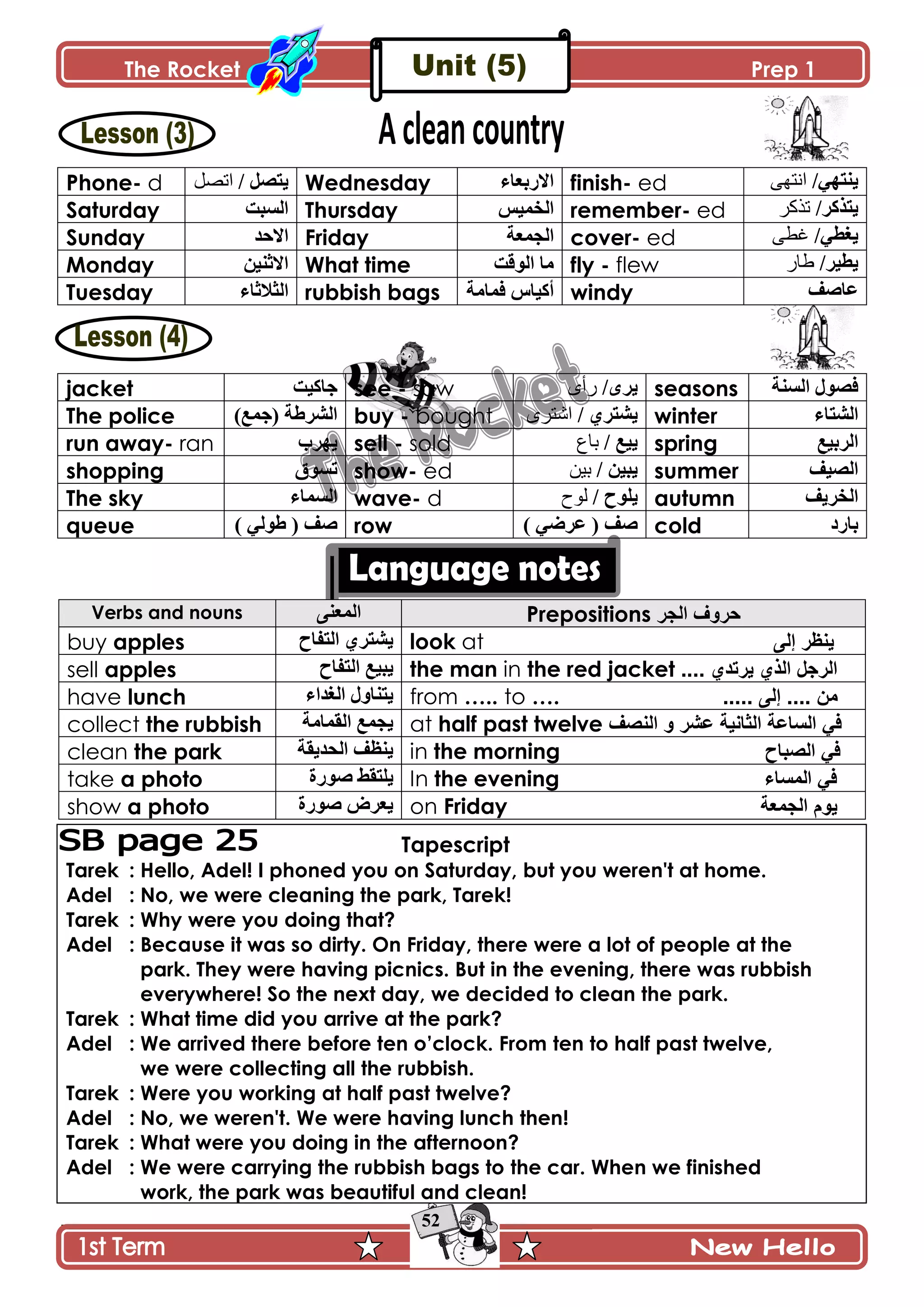 The Rocket Prep 1
52
Phone- d ّ‫طٛٽ‬/‫اتصل‬ Wednesday ‫جالٌذ٫حء‬ finish- ed /ِ‫ّنطي‬ً‫اوته‬
Saturday ‫جپٓرص‬ Thursday ّْ‫جپهڃ‬ remember- ed /ٍ‫ّطًٺ‬‫تذكز‬
Sunday ‫جالقى‬ Friday ‫جپؿڃ٫س‬ cover- ed /ِ٣‫ّٯ‬ً‫غط‬
Monday ‫جالغنْڅ‬ What time ‫جپٌٶص‬ ‫ڂح‬ fly - flew /ٍْ٣ّ‫طار‬
Tuesday ‫جپػالغحء‬ rubbish bags ‫ٲڃحڂس‬ ِ‫أٺْح‬ windy ‫٪حٚٱ‬
jacket ‫ؾحٺْص‬ see - saw /ٍٍّ‫رأي‬ seasons ‫جپٓنس‬ ‫ٲٌٛټ‬
The police )٩‫(ؾڃ‬ ‫جپٍٗ٢س‬ buy - bought / ٍُ‫ّٗط‬‫اشتزي‬ winter ‫جپٗطحء‬
run away- ran ‫ّيٍخ‬ sell - sold / ٩ّْ‫باع‬ spring ٩ْ‫جپٍذ‬
shopping ‫ضٌٓٴ‬ show- ed / ‫ّرْڅ‬‫بيه‬ summer ‫جپْٛٱ‬
The sky ‫جپٓڃحء‬ wave- d ٌ‫ّٿ‬/ ‫ـ‬‫لىح‬ autumn ‫جپهٍّٱ‬
queue ) ِ‫٢ٌپ‬ ( ‫ٚٱ‬ row ) ٍِٞ٪ ( ‫ٚٱ‬ cold ‫ذحٌو‬
Verbs and nouns َ‫جپڃ٫ن‬ Prepositions ‫اٌجش‬ ‫دشٚف‬
buy apples ‫جپطٳحـ‬ ٍُ‫ّٗط‬ look at ٌٝ‫إ‬ ‫٠ٕظش‬
sell apples ‫جپطٳحـ‬ ٩ْ‫ّر‬ the man in the red jacket .... ٞ‫٠شذذ‬ ٞ‫اٌز‬ ً‫اٌشج‬
have lunch ‫جپٯىجء‬ ‫ّطنحًټ‬ from ….. to …. ..... ٌٝ‫إ‬ .... ِٓ
collect the rubbish ‫جپٷڃحڂس‬ ٩‫ّؿڃ‬ at half past twelve ‫إٌقف‬ ٚ ‫ػؾش‬ ‫اٌثأ١ح‬ ‫اٌغاػح‬ ٟ‫ف‬
clean the park ‫جپكىّٷس‬ ‫ّن٧ٱ‬ in the morning ‫اٌقثاح‬ ٟ‫ف‬
take a photo ‫ٌٌٚز‬ ١‫ّٿطٷ‬ In the evening ‫اٌّغاء‬ ٟ‫ف‬
show a photo ‫ٌٌٚز‬ ٍٜ٫ّ on Friday ‫اٌجّؼح‬ َٛ٠
Tapescript
Tarek : Hello, Adel! I phoned you on Saturday, but you weren't at home.
Adel : No, we were cleaning the park, Tarek!
Tarek : Why were you doing that?
Adel : Because it was so dirty. On Friday, there were a lot of people at the
park. They were having picnics. But in the evening, there was rubbish
everywhere! So the next day, we decided to clean the park.
Tarek : What time did you arrive at the park?
Adel : We arrived there before ten o‟clock. From ten to half past twelve,
we were collecting all the rubbish.
Tarek : Were you working at half past twelve?
Adel : No, we weren't. We were having lunch then!
Tarek : What were you doing in the afternoon?
Adel : We were carrying the rubbish bags to the car. When we finished
work, the park was beautiful and clean!
 