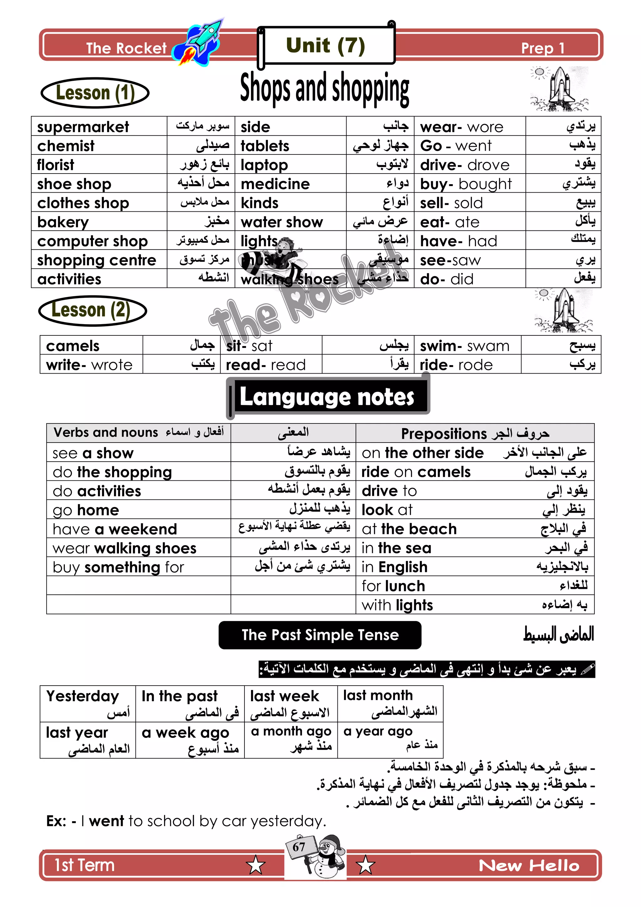 The Rocket Prep 1
67
supermarket ‫ڂحٌٺص‬ ٍ‫ٌْذ‬ side ‫ؾحچد‬ wear- wore ُ‫ٍّضى‬
chemist َ‫ْٚىپ‬ tablets ِ‫پٌق‬ َ‫ؾيح‬ Go - went ‫ًّىد‬
florist ٌٌ‫َى‬ ٩‫ذحت‬ laptop ‫الذطٌخ‬ drive- drove ‫ّٷٌو‬
shoe shop ‫أقًّو‬ ‫ڂكٽ‬ medicine ‫وًجء‬ buy- bought ٍُ‫ّٗط‬
clothes shop ّ‫ڂالذ‬ ‫ڂكٽ‬ kinds ٨‫أچٌج‬ sell- sold ٩ْ‫ّر‬
bakery ‫ڂ‬ُ‫هر‬ water show ٍٜ٪ِ‫ڂحت‬ eat- ate ‫ّأٺٽ‬
computer shop ٍ‫ٺڃرٌْض‬ ‫ڂكٽ‬ lights ‫ئٞحءز‬ have- had ‫ّڃطٿٹ‬
shopping centre ‫ضٌٓٴ‬ ُ‫ڂٍٺ‬ music َ‫ڂٌْْٷ‬ see-saw ٍُّ
activities ‫جچٗ٣و‬ walking shoes ِٗ‫ڂ‬ ‫قًجء‬ do- did ‫ّٳ٫ٽ‬
camels ‫ؾڃحټ‬ sit- sat ّ‫ّؿٿ‬ swim- swam ‫ّٓرف‬
write- wrote ‫ّٻطد‬ read- read ‫ّٷٍأ‬ ride- rode ‫ٍّٺد‬
Verbs and nouns ‫اعّاء‬ ٚ ‫أفؼاي‬ َ‫جپڃ٫ن‬ Prepositions ‫اٌجش‬ ‫دشٚف‬
see a show ً‫ح‬ٍٞ٪ ‫ّٗحىى‬ on the other side ٍ‫جألن‬ ‫جپؿحچد‬ َ‫٪ٿ‬
do the shopping ‫ذحپطٌٓٴ‬ ‫ّٷٌڀ‬ ride on camels ‫اٌجّاي‬ ‫٠شوة‬
do activities ‫أچٗ٣و‬ ‫ذ٫ڃٽ‬ ‫ّٷٌڀ‬ drive to ٌٝ‫إ‬ ‫٠مٛد‬
go home ‫پٿڃنُټ‬ ‫ًّىد‬ look at ٌٟ‫إ‬ ‫٠ٕظش‬
have a weekend ٨ٌ‫جألْر‬ ‫چيحّس‬ ‫٪٣ٿس‬ ِٟ‫ّٷ‬ at the beach ‫اٌثالج‬ ٟ‫ف‬
wear walking shoes َٗ‫جپڃ‬ ‫قًجء‬ ٍ‫ٍّضى‬ in the sea ‫اٌثذش‬ ٟ‫ف‬
buy something for ‫أؾٽ‬ ‫ڂڅ‬ ‫ٖة‬ ٍُ‫ّٗط‬ in English ٗ٠‫تاالٔجٍ١ض‬
for lunch ‫ٌٍغذاء‬
with lights ٖ‫إماء‬ ٗ‫ت‬
The Past Simple Tense
‫٪څ‬ ٍ‫ّ٫ر‬َٞ‫جپڃح‬ َ‫ٲ‬ َ‫ئچطي‬ ً ‫ذىأ‬ ‫ٖة‬:‫جٓضْس‬ ‫جپٻٿڃحش‬ ٩‫ڂ‬ ‫ّٓطهىڀ‬ ً
Yesterday
ّ‫أڂ‬
In the past
َٞ‫جپڃح‬ َ‫ٲ‬
last week
َٞ‫جپڃح‬ ٨ٌ‫جالْر‬
last month
َٞ‫جپٗيٍجپڃح‬
last year
َٞ‫جپڃح‬ ‫جپ٫حڀ‬
a week ago
٨ٌ‫أْر‬ ً‫ڂن‬
a month ago
ٍ‫ٖي‬ ً‫ڂن‬
a year ago
‫٪حڀ‬ ً‫ڂن‬
-‫ذحپڃًٺٍز‬ ‫ٍٖقو‬ ‫ْرٵ‬.‫جپهحڂٓس‬ ‫جپٌقىز‬ ِ‫ٲ‬
-.‫جپڃًٺٍز‬ ‫چيحّس‬ ِ‫ٲ‬ ‫جألٲ٫حټ‬ ‫پطٍّٛٱ‬ ‫ؾىًټ‬ ‫ٌّؾى‬ :‫ڂٿكٌ٦س‬
-ٍّ‫جپٟڃحت‬ ‫ٺٽ‬ ٩‫ڂ‬ ‫پٿٳ٫ٽ‬ َ‫جپػحچ‬ ‫جپطٍّٛٱ‬ ‫ڂڅ‬ ‫طٻٌڄ‬.
Ex: - I went to school by car yesterday.
 