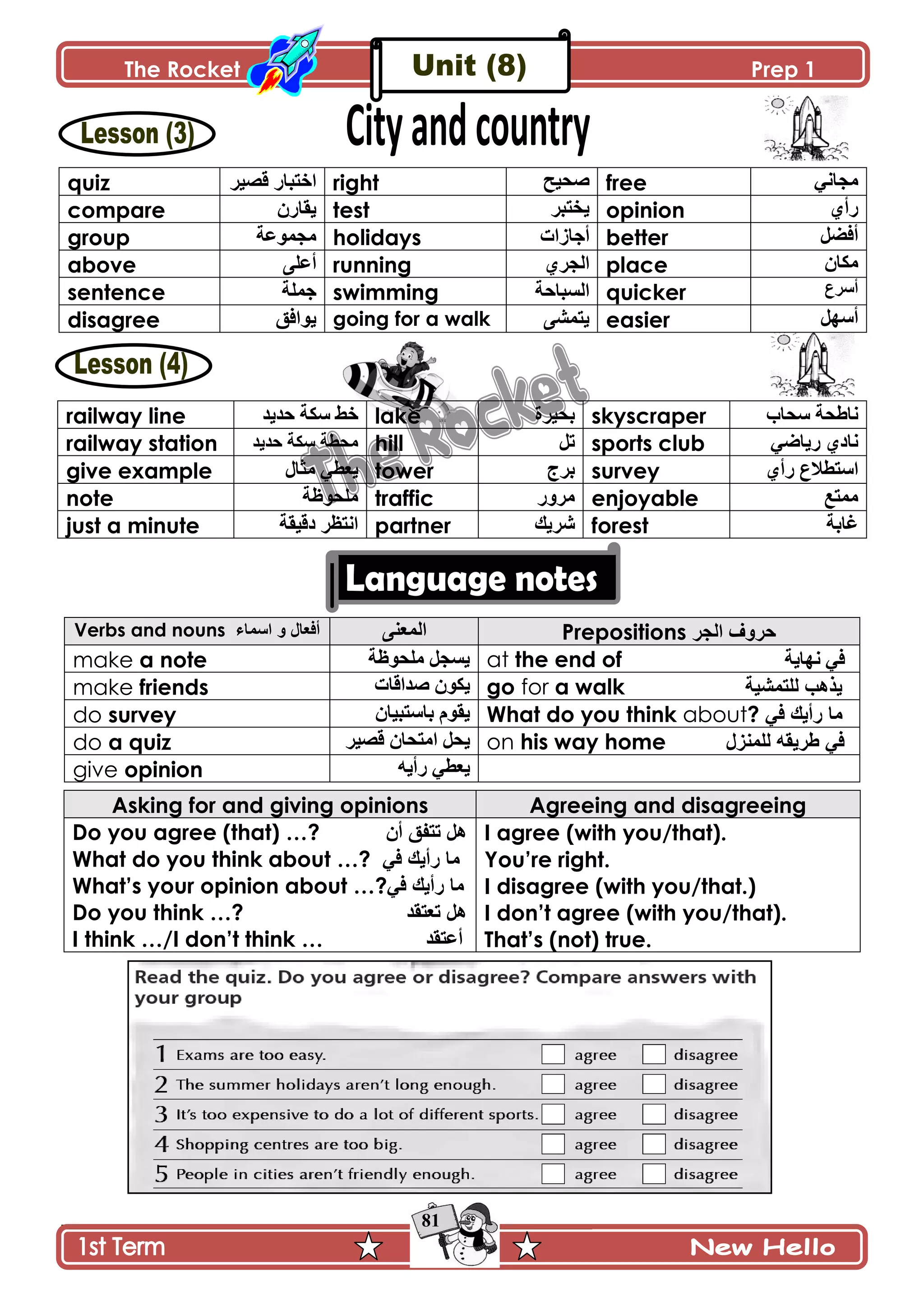 The Rocket Prep 1
81
quiz ٌ‫جنطرح‬ٍْٛ‫ٶ‬ right ‫فذ١خ‬ free ِ‫ڂؿحچ‬
compare ‫ّٷحٌڄ‬ test ٍ‫ّهطر‬ opinion ُ‫ٌأ‬
group ‫ڂؿڃٌ٪س‬ holidays ‫أؾحَجش‬ better ‫أٲٟٽ‬
above َ‫أ٪ٿ‬ running ٍُ‫جپؿ‬ place ‫ڂٻحڄ‬
sentence ‫ؾڃٿس‬ swimming ‫جپٓرحقس‬ quicker ٨ٍْ‫أ‬
disagree ‫ٌّجٲٵ‬ going for a walk َٗ‫ّطڃ‬ easier ‫أْيٽ‬
railway line ‫قىّى‬ ‫ْٻس‬ ١‫ن‬ lake ‫ذكٍْز‬ skyscraper ‫ْكحخ‬ ‫چح٢كس‬
railway station ‫ْٻس‬ ‫ڂك٣س‬‫قىّى‬ hill ‫ضٽ‬ sports club ِٞ‫ٌّح‬ ُ‫چحو‬
give example ‫ڂػحټ‬ ِ٣٫ّ tower ‫ذٍؼ‬ survey ُ‫ٌأ‬ ٨‫جْط٣ال‬
note ‫ڂٿكٌ٦س‬ traffic ًٌٍ‫ڂ‬ enjoyable ٩‫ڂڃط‬
just a minute ‫وٶْٷس‬ ٍ٧‫جچط‬ partner ‫ٍّٖٹ‬ forest ‫ٮحذس‬
Verbs and nouns ‫اعّاء‬ ٚ ‫أفؼاي‬ َ‫جپڃ٫ن‬ Prepositions ‫اٌجش‬ ‫دشٚف‬
make a note ‫ڂٿكٌ٦س‬ ‫ّٓؿٽ‬ at the end of ‫چيحّس‬ ِ‫ٲ‬
make friends ‫ٚىجٶحش‬ ‫ّٻٌڄ‬ go for a walk ‫ٌٍرّؾ١ح‬ ‫٠ز٘ة‬
do survey ‫ذحْطرْحڄ‬ ‫ّٷٌڀ‬ What do you think about? ٟ‫ف‬ ‫سأ٠ه‬ ‫ِا‬
do a quiz ٍْٛ‫ٶ‬ ‫جڂطكحڄ‬ ‫ّكٽ‬ on his way home ‫ٌٍّٕضي‬ ٗ‫طش٠م‬ ٟ‫ف‬
give opinion ‫ٌأّو‬ ِ٣٫ّ
Asking for and giving opinions Agreeing and disagreeing
Do you agree (that) …? ْ‫أ‬ ‫ذرفك‬ ً٘
What do you think about …? ٟ‫ف‬ ‫سأ٠ه‬ ‫ِا‬
What‟s your opinion about …?ٟ‫ف‬ ‫سأ٠ه‬ ‫ِا‬
Do you think …? ‫ذؼرمذ‬ ً٘
I think …/I don‟t think … ‫أػرمذ‬
I agree (with you/that).
You‟re right.
I disagree (with you/that.)
I don‟t agree (with you/that).
That‟s (not) true.
 