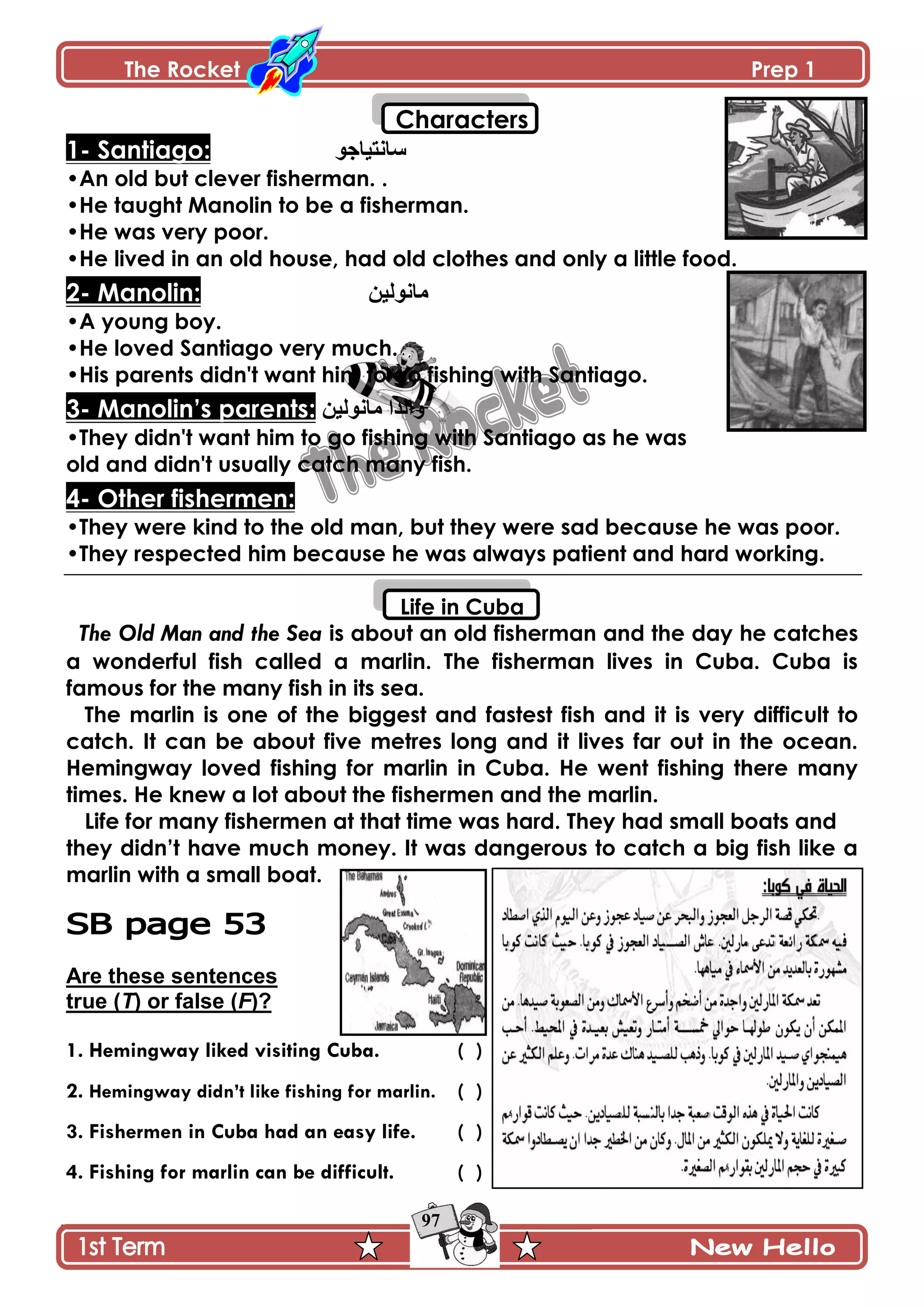 The Rocket Prep 1
97
Characters
1- Santiago: ٌ‫ْحچطْحؾ‬
•An old but clever fisherman. .
•He taught Manolin to be a fisherman.
•He was very poor.
•He lived in an old house, had old clothes and only a little food.
2- Manolin: ‫ڂحچٌپْڅ‬
•A young boy.
•He loved Santiago very much.
•His parents didn't want him to go fishing with Santiago.
3- Manolin‟s parents: ‫ڂحچٌپْڅ‬ ‫ًجپىج‬
•They didn't want him to go fishing with Santiago as he was
old and didn't usually catch many fish.
4- Other fishermen:
•They were kind to the old man, but they were sad because he was poor.
•They respected him because he was always patient and hard working.
Life in Cuba
The Old Man and the Sea is about an old fisherman and the day he catches
a wonderful fish called a marlin. The fisherman lives in Cuba. Cuba is
famous for the many fish in its sea.
The marlin is one of the biggest and fastest fish and it is very difficult to
catch. It can be about five metres long and it lives far out in the ocean.
Hemingway loved fishing for marlin in Cuba. He went fishing there many
times. He knew a lot about the fishermen and the marlin.
Life for many fishermen at that time was hard. They had small boats and
they didn‟t have much money. It was dangerous to catch a big fish like a
marlin with a small boat.
Are these sentences
true (T) or false (F)?
1. Hemingway liked visiting Cuba. ( )
2. Hemingway didn‟t like fishing for marlin. ( )
3. Fishermen in Cuba had an easy life. ( )
4. Fishing for marlin can be difficult. ( )
 
