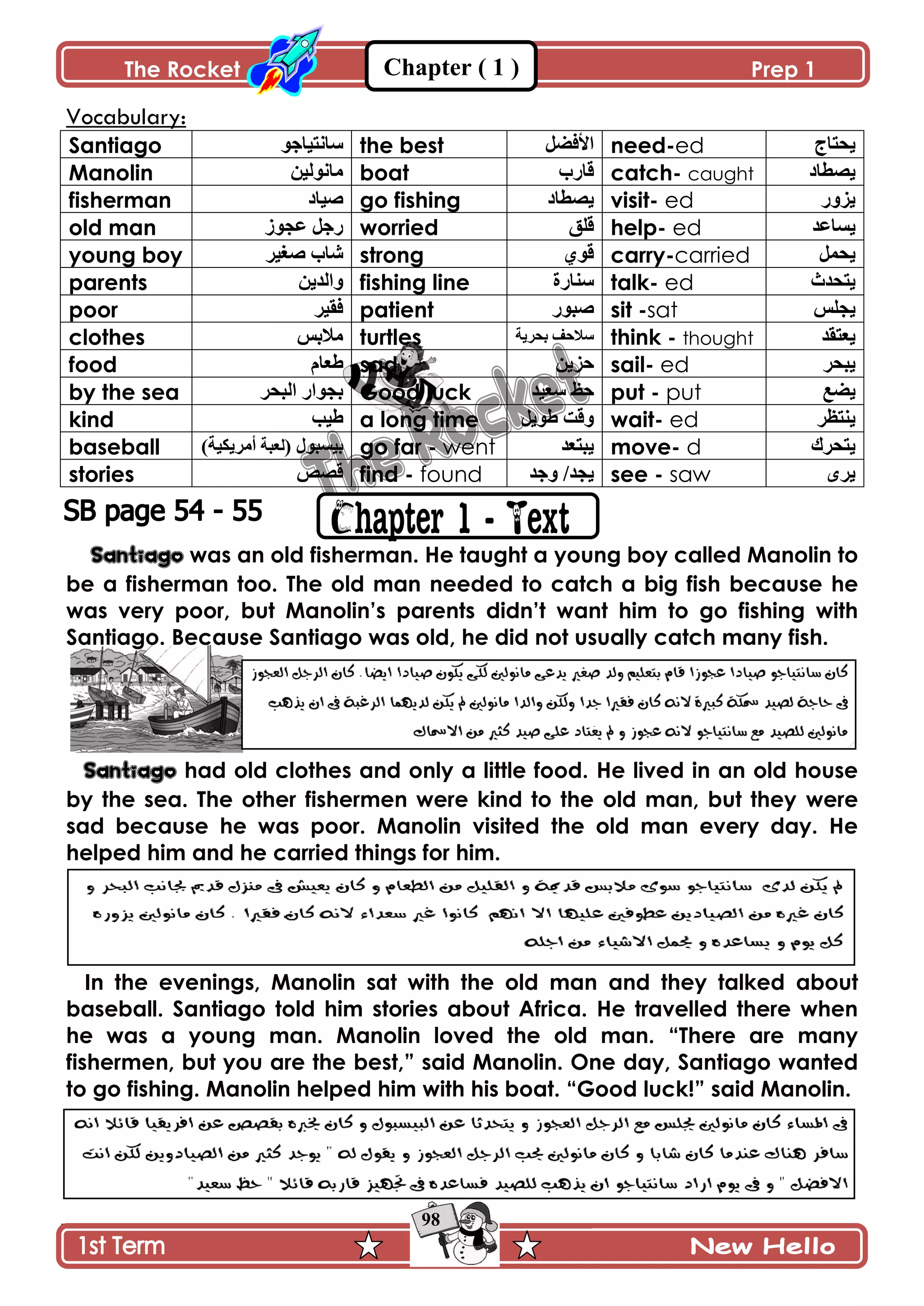 The Rocket Prep 1
98
Chapter ( 1 )
Vocabulary:
Santiago ٌ‫ْحچطْحؾ‬ the best ‫جألٲٟٽ‬ need-ed ‫ّكطحؼ‬
Manolin ‫ڂحچٌپْڅ‬ boat ‫ٶحٌخ‬ catch- caught ‫ّٛ٣حو‬
fisherman ‫ْٚحو‬ go fishing ‫ّٛ٣حو‬ visit- ed ًٌُّ
old man ٌَ‫٪ؿ‬ ‫ٌؾٽ‬ worried ‫ٶٿٵ‬ help- ed ‫ّٓح٪ى‬
young boy ٍْ‫ٚٯ‬ ‫ٖحخ‬ strong ٌُ‫ٶ‬ carry-carried ‫ّكڃٽ‬
parents ‫ًجپىّڅ‬ fishing line ‫ْنحٌز‬ talk- ed ‫ّطكىظ‬
poor ٍْ‫ٲٷ‬ patient ٌٌ‫ٚر‬ sit -sat ّ‫ّؿٿ‬
clothes ّ‫ڂالذ‬ turtles ‫ذكٍّس‬ ‫ْالقٱ‬ think - thought ‫ّ٫طٷى‬
food ‫٢٫حڀ‬ sad ‫قُّڅ‬ sail- ed ٍ‫ّرك‬
by the sea ٍ‫جپرك‬ ٌ‫ذؿٌج‬ Good luck ‫ْ٫ْى‬ ٥‫ق‬ put - put ٩ّٟ
kind ‫٢ْد‬ a long time ‫٢ٌّٽ‬ ‫ًٶص‬ wait- ed ٍ٧‫ّنط‬
baseball ‫ذْٓرٌټ‬(‫پ٫رس‬)‫أڂٍّٻْس‬ go far - went ‫ّرط٫ى‬ move- d ‫ّطكٍٸ‬
stories ٙٛ‫ٶ‬ find - found ‫ًؾى‬ /‫ّؿى‬ see - saw ٍٍّ
Santiago was an old fisherman. He taught a young boy called Manolin to
be a fisherman too. The old man needed to catch a big fish because he
was very poor, but Manolin‟s parents didn‟t want him to go fishing with
Santiago. Because Santiago was old, he did not usually catch many fish.
Santiago had old clothes and only a little food. He lived in an old house
by the sea. The other fishermen were kind to the old man, but they were
sad because he was poor. Manolin visited the old man every day. He
helped him and he carried things for him.
In the evenings, Manolin sat with the old man and they talked about
baseball. Santiago told him stories about Africa. He travelled there when
he was a young man. Manolin loved the old man. “There are many
fishermen, but you are the best,” said Manolin. One day, Santiago wanted
to go fishing. Manolin helped him with his boat. “Good luck!” said Manolin.
 
