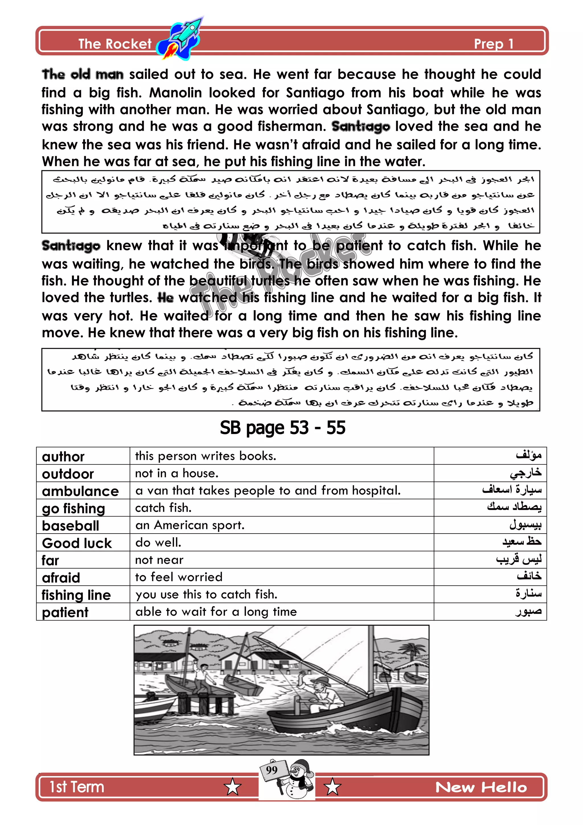 The Rocket Prep 1
99
The old man sailed out to sea. He went far because he thought he could
find a big fish. Manolin looked for Santiago from his boat while he was
fishing with another man. He was worried about Santiago, but the old man
was strong and he was a good fisherman. Santiago loved the sea and he
knew the sea was his friend. He wasn‟t afraid and he sailed for a long time.
When he was far at sea, he put his fishing line in the water.
Santiago knew that it was important to be patient to catch fish. While he
was waiting, he watched the birds. The birds showed him where to find the
fish. He thought of the beautiful turtles he often saw when he was fishing. He
loved the turtles. He watched his fishing line and he waited for a big fish. It
was very hot. He waited for a long time and then he saw his fishing line
move. He knew that there was a very big fish on his fishing line.
author this person writes books. ‫هؤلف‬
outdoor not in a house. ً‫خارج‬
ambulance a van that takes people to and from hospital. ‫اسعاف‬ ‫سٍارة‬
go fishing catch fish. ‫سوك‬ ‫ٌصطاد‬
baseball an American sport. ‫بٍسبول‬
Good luck do well. ‫سعٍذ‬ ‫حظ‬
far not near ‫قرٌب‬ ‫لٍس‬
afraid to feel worried ‫خائف‬
fishing line you use this to catch fish. ‫سنارة‬
patient able to wait for a long time ‫ص‬‫بور‬
 