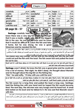 The Rocket Prep 1
103
Chapter ( 2 )
carefully ٍ٘‫ذك‬ softly ‫ىحوب‬ ‫ٌّٛش‬ hope- d ‫ّأڂٽ‬
marlin ‫جپڃحٌپْڅ‬ ‫ْڃٻس‬ wonderful ٩‫ٌجت‬ hold - held ‫ّڃٓٹ‬
difficult ‫ٚ٫د‬ night ‫پْٽ‬ hurt - hurt ‫ّؿٍـ‬
afraid ‫نحتٱ‬ day ٌ‫چيح‬ try - tried ‫ّكحًټ‬
good prize ‫ؾْىز‬ ‫ؾحتُز‬ pull- ed /‫ّٓكد‬‫ّٗى‬ stay- ed َ‫ّرٷ‬ / ‫ّٷْځ‬
hungry ٩‫ؾحت‬ swim - swam ‫ّٓرف‬ talk- ed ‫ّطٻٿځ‬
until the end ‫جپنيحّس‬ َ‫قط‬ sell - sold ٩ْ‫ّر‬ feel - felt ٍ٫ّٗ
Santiago carefully held the fishing line and he
knew there was a very big fish there. He thought
that it was a marlin, which was one of the biggest
fish in the sea. He was an old man and he knew
that it would be difficult to catch this fish and take
it home. But he was strong, he was a good
fisherman and he needed this fish.
The marlin was very strong. The fish was on the fishing line, but the old man
could not pull the fish onto the boat. The fish swam fast and pulled the boat
far out to sea.
‫انسمكت‬ ‫قبمج‬ ‫نرا‬ .‫نهقبزة‬ ‫سحبٍب‬ ‫يسخطع‬ ‫مل‬ ً‫إو‬ ‫إال‬ ‫ببنسىبزة‬ ‫معهقت‬ ‫كبوج‬ ‫انسمكت‬ ‫أن‬ ‫مه‬ ‫انسغم‬ ‫عهى‬ َ ‫ا‬
ً
‫جد‬ ‫قُيت‬ ‫كبوج‬ ‫املبزنني‬ ‫مسكت‬ ‫إن‬
.‫انبحس‬ ‫داخم‬ ‫ا‬
ً
‫بعيد‬ ‫انقبزة‬ ‫سحبج‬ َ ‫بسسعت‬ ‫ببنسببحت‬
Santiago wasn‟t afraid. He knew the fish was a good prize and he could sell
it for a lot of money. That night, he didn‟t sleep. He thought about Manolin
and he thought about the big fish on the fishing line.
“Fish,” he said softly, “I‟ll stay with you until the end.”
‫يسخطيع‬ ً‫إو‬ َ ‫جيدة‬ ‫جبئصة‬ ‫سخكُن‬ ‫انسمكت‬ ‫أن‬ ‫عهم‬ َ .‫ب‬
ً
‫خبئف‬ ُ‫سبوخيبج‬ ‫يكه‬ ‫مل‬‫يىم‬ ‫مل‬ ‫انهيهت‬ ‫ٌري‬ ‫يف‬ َ.‫املبل‬ ‫مه‬ ‫كبري‬ ‫مببهغ‬ ‫يبيعٍب‬ ‫أن‬
".‫انىٍبيت‬ ‫حىت‬ ‫معكي‬ ‫سأظم‬ ‫مسكت‬ ‫"يب‬ ‫ٌبدا‬ ‫بصُث‬ ‫قبل‬ . ‫انكبرية‬ ‫انسمكت‬ َ ‫مبوُنني‬ ‫يف‬ ‫يفكس‬ ‫كهه‬ َ .ُ‫سبوخيبج‬
The fish swam for a long time and pulled the boat a long way. Santiago
held the fishing line with one hand and he hoped the fish would become
tired. The next day, the old man was very hungry and his hand hurt. A small
bird rested on his boat and he talked to it. He was sad that Manolin wasn‟t
with him.
 