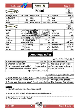 The Rocket Prep 1
32
orange juice ‫ذٍضٷحټ‬ ٍْٛ٪ would like ‫ٍّّى‬ please ‫ٲٟٿٹ‬ ‫ڂڅ‬
restaurant ‫ڂ٣٫ځ‬ help ‫ّٓح٪ى‬ cup ‫ٲنؿحڄ‬
eat ‫ّأٺٽ‬ lunch ‫ٮىجء‬ tea ُ‫ٖح‬
drink ٍّٗ‫خ‬ have lunch ‫جپٯىجء‬ ‫ّطنحًټ‬ falafel ‫ٲالٲٽ‬
areas ‫ڂنح٢ٵ‬ supermarket ‫ڂحٌٺص‬ ٍ‫ٌْذ‬ night ‫پْٽ‬
call َ‫ّٓڃ‬ spice mixture ‫ضٌجذٽ‬ ‫نٿ٣س‬ enjoyed ٩‫جْطڃط‬
little ٍْ‫ٚٯ‬ Broad beans ‫ٲٌټ‬ٍٟ‫أن‬ breakfast ٌ‫جٲ٣ح‬
buy ٍُ‫ّٗط‬ long ‫٢ٌّٽ‬ first ‫أًټ‬
such as ‫ڂػٽ‬ pharaohs ‫جپٳٍج٪نس‬ still ‫ڂحَجټ‬
shops ‫ڂكالش‬ ancient ‫ٶىّځ‬ recipe ‫٢٫حڀ‬ ‫ًٚٳس‬
find ‫ّؿى‬ century ( ‫ٶٍڄ‬ٔٓٓ)‫٪حڀ‬ ful medames ّ‫ڂىڂ‬ ‫ٲٌټ‬
also ‫أّٟح‬ pots ِ‫أًجچ‬ dukkah ) ‫ضٌجذٽ‬ ( ‫وٶس‬
herbs ‫أ٪ٗحخ‬ yoghurt ُ‫َذحو‬ onions ‫ذٛٽ‬
:‫پٿطنحًټ‬ ‫جپڃطحقس‬ ‫جأل٢٫ڃس‬ ‫٪څ‬ ‫جپٓإجټ‬
1. What have you got? ‫پىّٹ؟‬ ‫ڂحيج‬ - Chicken and rice.
2. What about salad? ‫جپٓٿ٣س؟‬ ‫٪څ‬ ‫ڂحيج‬ - We have green salad.
3. Have you got any lentils? ‫پىّٹ‬ ‫ىٽ‬ِ‫٪ى‬‫...؟‬ - Yes, we have got some
4. Can I have some chicken soup?
‫وؾحؼ؟‬ ‫ٌٌٖذس‬ ‫ضنحًټ‬ ِ‫ّڃٻنن‬ ‫ىٽ‬
- Yes, of course.
:‫ذحپڃ٣٫ځ‬ ‫جپڃطحقس‬ ‫جپڃًٍٗذحش‬ ً ‫ذحأل٢٫ڃس‬ ٍٜ٫‫جپ‬
1. What would you like to eat? ‫؟‬ ‫ضطنحًټ‬ ‫أڄ‬ ‫ضٍّى‬ ‫ڂحيج‬ - I'd like fish and rice.
2. What would you like to drink? ‫ضٍٗخ؟‬ ‫أڄ‬ ‫ضٍّى‬ ‫ڂحيج‬ - Orange juice, please.
3. Would you like some soup? ‫جپكٓحء؟‬ ٝ٫‫ذ‬ ‫ضٍّى‬ ‫ىٽ‬ - No, thanks / Yes, please.
Answer:
1. How often do you go to a restaurant?
……………………………………………………………………………………………….
2. What do you like to eat and drink at a restaurant?
……………………………………………………………………………………………….
3. What‟s your favourite food?
……………………………………………………………………………………………….
 