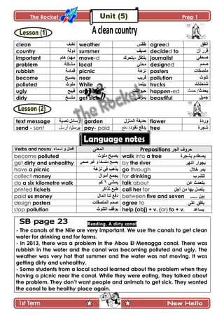 The Rocket Prep 1
47
clean ‫چ٧ْٱ‬ weather ّ‫٢ٷ‬ agreed ‫جضٳٵ‬
country ‫وًپس‬ summer ‫ْٚٱ‬ decided to ‫أڄ‬ ٌٍ‫ٶ‬
important ‫ىحڀ‬ /‫ڂيځ‬ move-d ‫ّنطٷٽ‬-‫ّطكٍٸ‬ journalist ِ‫ٚكٳ‬
problem ‫ڂٗٻٿس‬ local ِ‫ڂكٿ‬ designed ‫ٚڃځ‬
rubbish ‫ٶڃحڂس‬ picnic ‫چُىس‬ posters ‫ڂٿٛٷحش‬
become ‫ّٛرف‬ near ‫ٶٍّد‬ pollution ‫ضٿٌظ‬
polluted ‫ڂٿٌظ‬ While ‫ذْنڃح‬ trucks ‫ٖحقنحش‬
ugly ‫ٶرْف‬ animals ‫قٌْجچحش‬ happen-ed ‫ّكىظ‬/‫حذث‬
dirty ‫ڂطٓم‬ get sick ٍٜ‫ّڃ‬ beautiful ‫ؾڃْٽ‬
text message ‫چْٛس‬ ‫ٌْحتٽ‬ garden ‫جپڃنُټ‬ ‫قىّٷس‬ flower ‫ًٌوز‬
send - sent ‫ٍّْٽ‬/‫أرسل‬ pay- paid ٩‫ّىٲ‬/‫چٷٌو‬‫دفغ‬ tree ‫ٖؿٍز‬
Verbs and nouns ‫اعّاء‬ ٚ ‫أفؼاي‬ َ‫جپڃ٫ن‬ Prepositions ‫اٌجش‬ ‫دشٚف‬
become polluted ‫ڂٿٌظ‬ ‫ّٛرف‬ walk into a tree ‫تؾجشج‬ َ‫٠قطذ‬
get dirty and unhealthy ِ‫ٚك‬ ٍْ‫ٮ‬ ً ‫ڂطٓهح‬ ‫ّٛرف‬ by the river ‫إٌٙش‬ ‫تجٛاس‬
have a picnic ‫چُىس‬ ِ‫ٲ‬ ‫ًّىد‬ go through ‫خالي‬ ‫٠ّش‬
collect money ‫أڂٌجټ‬ ٩‫ّؿڃ‬ for drinking ‫ٌٍؾشب‬
do a six kilometre walk ِٗ‫ّڃ‬ٙ‫ٺځ‬ talk about ٓ‫ػ‬ ‫٠رذذز‬
printed tickets ٍ‫ضًجٺ‬ ٩‫٢ر‬ call her for ً‫أج‬ ِٓ ‫تٙا‬ ً‫٠رق‬
paid us money ‫جپڃحټ‬ ‫پنح‬ ٩‫وٲ‬ between five and seven ..... ٓ١‫ت‬
design posters ‫جپڃٿٛٷحش‬ ‫ٚڃځ‬ agree to ٍٝ‫ػ‬ ‫٠رفك‬
stop pollution ‫جپطٿٌظ‬ ‫ٌّٶٱ‬ help (obj) + v. )or( to + v. ‫٠غاػذ‬
Reading. A dirty canal
- The canals of the Nile are very important. We use the canals to get clean
water for drinking and for farms.
- In 2013, there was a problem in the Abou El Menagga canal. There was
rubbish in the water and the canal was becoming polluted and ugly. The
weather was very hot that summer and the water was not moving. It was
getting dirty and unhealthy.
- Some students from a local school learned about the problem when they
having a picnic near the canal. While they were eating, they talked about
the problem. They don‟t want people and animals to get sick. They wanted
the canal to be healthy place again.
 