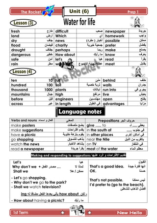 The Rocket Prep 1
61
fresh ‫٢حَؼ‬ difficult ‫ٚ٫د‬ newspaper ‫ؾٍّىز‬
land ٌٜ‫أ‬ Which ُ‫أ‬ homework ‫ًجؾد‬
dry ٰ‫ؾح‬ news )‫ڂٳٍو‬ ( ٌ‫أنرح‬ possible ‫ڂڃٻڅ‬
flood ‫ٲْٟحڄ‬ charity ‫نٍّْس‬ ‫ؾڃ٫ْس‬ prefer ‫ّٳٟٽ‬
drought ٰ‫ؾٳح‬ perhaps ‫ٌذڃح‬ make ٩‫ّٛن‬
dangerous ٍْ٣‫ن‬ How about ‫ٌأّٹ‬ ‫ڂح‬ know ٍٰ٫ّ
safe ‫آڂڅ‬ let's ‫ىْح‬ read ‫ّٷٍأ‬
rain ٍ٣‫ڂ‬ weekend ٨ٌ‫جالْر‬ ‫چيحّس‬ ‫٪٣ٿس‬ meet ‫ّٷحذٽ‬
ten 10 full ‫ڂٿة‬ behind ‫نٿٱ‬
hundred 100 soil ‫نٛرس‬ ‫ضٍذس‬ walls ‫ؾىٌجڄ‬
thousand 1000 plants ‫چرحضحش‬ run into ِ‫ٲ‬ ٍُ‫ّؿ‬
mountains ‫ؾرحټ‬ high ٩‫ڂٍضٳ‬ live ْٕ٫ّ
before ‫ٶرٽ‬ engineers ‫ڂينىْْڅ‬ open ‫ّٳطف‬
across ٍ‫٪ر‬ in length ‫جپ٣ٌټ‬ ِ‫ٲ‬ advantages ‫ڂُجّح‬
Verbs and nouns ‫اعّاء‬ ٚ ‫أفؼاي‬ َ‫جپڃ٫ن‬ Prepositions ‫اٌجش‬ ‫دشٚف‬
make posters ّٟ‫ڂٿٛٷحش‬ ٩ give ….. to ‫پـ‬ ..... ِ٣٫ّ
make suggestions ‫جٶطٍجقحش‬ ‫ّٷىڀ‬ in the south of ٕٛ‫ج‬ ٟ‫ف‬..... ‫ب‬
have a picnic ‫نٿٌّس‬ ‫ذنُىس‬ ‫ّٷٌڀ‬ in other places ٜ‫أخش‬ ٓ‫أِاو‬ ٟ‫ف‬
go shopping ‫پٿطٌٓٴ‬ ‫ًّىد‬ near the Nile ً١ٌٕ‫ا‬ ِٓ ‫تاٌمشب‬
watch the news ٌ‫جالنرح‬ ‫ّٗحىى‬ on TV ‫اٌرٍفاص‬ ٟ‫ف‬
read a newspaper ‫ؾٍّىز‬ ‫ّٷٍأ‬ most of the water ‫اٌّاء‬ ُ‫ِؼظ‬
Making and responding to suggestions ‫٪ٿْيح‬ ‫جپٍو‬ ً ‫جالٶطٍجقحش‬ ‫ضٷىّځ‬
Let‟s ‫٘١ا‬
Why don‟t we + ً‫اٌفؼ‬ ‫ِقذس‬ … ‫ال‬ ‫ٌّارا‬
Shall we ‫٘ال‬ / ٓ‫ِّى‬
- Let‟s go shopping.
- Why don‟t we go to the park?
- Shall we watch television?
-ٓ‫ٌى‬how aboutٌٗ ‫ِنافا‬ ً‫اٌفؼ‬ ‫تؼذ٘ا‬ ٟ‫٠أذ‬ing
- How about having a picnic? ‫سأ٠ه‬ ‫ِا‬
‫اٌمثٛي‬
That‟s a good idea. ‫ج١ذج‬ ‫فىشج‬ ‫أٙا‬
OK. ‫دغٕا‬
That‟s not possible. ‫ِّىٕا‬ ‫ٌ١ظ‬
I‟d prefer to (go to the beach).
‫ٌٍؾاطئ‬ ‫اٌز٘اب‬ ً‫أفن‬
 