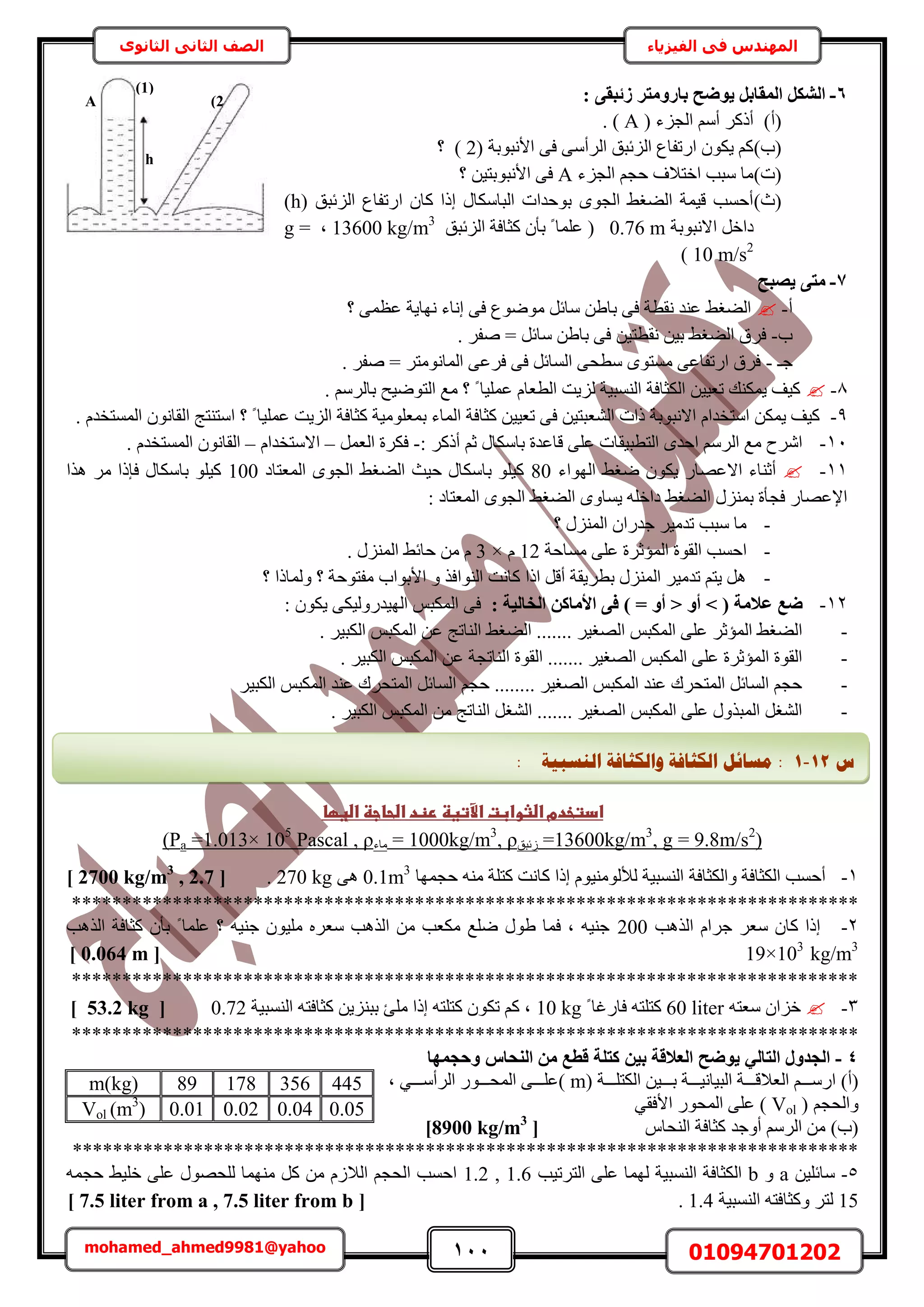 111 01094701202mohamed_ahmed9981@yahoo
‫في‬ ‫المهندس‬‫الفيزياء‬‫الثانوى‬ ‫الثاني‬ ‫الصف‬
6-: ٠‫صئجو‬ ‫ثبسٝٓزش‬ ‫٣ٞضؼ‬ َ‫أُوبث‬ ٌَ‫اُش‬
(‫أ‬)( ‫حُـِء‬ ْٓ‫أ‬ ًًَ‫أ‬A. )
(‫د‬)( ‫حألٗزٞرش‬ ٠‫ك‬ ٠ٓ‫حَُأ‬ ‫حُِثزن‬ ‫حٍطلخع‬ ٌٕٞ٣ ًْ2‫؟‬ )
(‫ص‬)‫حُـِء‬ ْ‫كـ‬ ‫حهظالف‬ ‫ٓزذ‬ ‫ٓخ‬A‫؟‬ ٖ٤‫حألٗزٞرظ‬ ٠‫ك‬
(‫ع‬)‫حٍطل‬ ٕ‫ًخ‬ ‫اًح‬ ٍ‫حُزخٌٓخ‬ ‫رٞكيحص‬ ٟٞ‫حُـ‬ ٢‫حُ٠ـ‬ ‫ه٤ٔش‬ ‫أكٔذ‬( ‫حُِثزن‬ ‫خع‬h)
‫حالٗزٞرش‬ َ‫ىحه‬0.76 m‫حُِثزن‬ ‫ًؼخكش‬ ٕ‫رؤ‬ ً ‫ػِٔخ‬ (13600 kg/m3
‫ز‬g =
10 m/s2
)
7-‫٣صجؼ‬ ٠‫ٓز‬
‫أ‬-‫؟‬ ٠ٔ‫ػظ‬ ‫ٜٗخ٣ش‬ ‫اٗخء‬ ٠‫ك‬ ‫ٟٓٞٞع‬ َ‫ٓخث‬ ٖ١‫رخ‬ ٠‫ك‬ ‫ٗوطش‬ ‫ػ٘ي‬ ٢‫حُ٠ـ‬
‫د‬-. َ‫ٛل‬ = َ‫ٓخث‬ ٖ١‫رخ‬ ٠‫ك‬ ٖ٤‫ٗوطظ‬ ٖ٤‫ر‬ ٢‫حُ٠ـ‬ ‫كَم‬
‫ؿـ‬-ٗ‫حُٔخ‬ ٠‫كَػ‬ ٠‫ك‬ َ‫حُٔخث‬ ٠‫ٓطل‬ ٟٞ‫ٓٔظ‬ ٠‫حٍطلخػ‬ ‫كَم‬. َ‫ٛل‬ = َ‫ٞٓظ‬
8-. َُْٓ‫رخ‬ ‫حُظٟٞ٤ق‬ ‫ٓغ‬ ‫؟‬ ً ‫ػِٔ٤خ‬ ّ‫حُطؼخ‬ ‫ُِ٣ض‬ ‫حُ٘ٔز٤ش‬ ‫حٌُؼخكش‬ ٖ٤٤‫طؼ‬ ‫٣ٌٔ٘ي‬ ‫ً٤ق‬
9-. ّ‫حُٔٔظوي‬ ٕٞٗ‫حُوخ‬ ‫حٓظ٘ظؾ‬ ‫؟‬ ً ‫ػِٔ٤خ‬ ‫حُِ٣ض‬ ‫ًؼخكش‬ ‫رٔؼِٞٓ٤ش‬ ‫حُٔخء‬ ‫ًؼخكش‬ ٖ٤٤‫طؼ‬ ٠‫ك‬ ٖ٤‫حُ٘ؼزظ‬ ‫ًحص‬ ‫حالٗزٞرش‬ ّ‫حٓظويح‬ ٌٖٔ٣ ‫ً٤ق‬
11-ْ‫ػ‬ ٍ‫رخٌٓخ‬ ‫هخػيس‬ ٠ِ‫ػ‬ ‫حُظطز٤وخص‬ ٟ‫حكي‬ َُْٓ‫ح‬ ‫ٓغ‬ ‫حَٗف‬: ًًَ‫أ‬-َٔ‫حُؼ‬ ‫كٌَس‬–ّ‫حالٓظويح‬–. ّ‫حُٔٔظوي‬ ٕٞٗ‫حُوخ‬
11-‫حُٜٞحء‬ ٢‫ٟـ‬ ٌٕٞ٣ ٍ‫حالػٜخ‬ ‫أػ٘خء‬80‫حُٔؼظخى‬ ٟٞ‫حُـ‬ ٢‫حُ٠ـ‬ ‫ك٤غ‬ ٍ‫رخٌٓخ‬ ِٞ٤ً100‫ٌٛح‬ َٓ ‫كبًح‬ ٍ‫رخٌٓخ‬ ِٞ٤ً
: ‫حُٔؼظخى‬ ٟٞ‫حُـ‬ ٢‫حُ٠ـ‬ ٟٝ‫٣ٔخ‬ ِٚ‫ىحه‬ ٢‫حُ٠ـ‬ ٍِ٘ٔ‫ر‬ ‫كـؤس‬ ٍ‫حإلػٜخ‬
-‫؟‬ ٍُِ٘ٔ‫ح‬ ٕ‫ؿيٍح‬ َ٤ٓ‫طي‬ ‫ٓزذ‬ ‫ٓخ‬
-‫حُٔئػ‬ ‫حُوٞس‬ ‫حكٔذ‬‫ٓٔخكش‬ ٠ِ‫ػ‬ ‫َس‬12ّ×3. ٍُِ٘ٔ‫ح‬ ٢‫كخث‬ ٖٓ ّ
-‫؟‬ ‫ُٝٔخًح‬ ‫؟‬ ‫ٓلظٞكش‬ ‫حألرٞحد‬ ٝ ٌ‫حُ٘ٞحك‬ ‫ًخٗض‬ ‫حًح‬ َ‫أه‬ ‫رطَ٣وش‬ ٍُِ٘ٔ‫ح‬ َ٤ٓ‫طي‬ ْ‫٣ظ‬ َٛ
12-( ‫ػالٓخ‬ ‫ضغ‬˂ٝ‫أ‬˃: ‫اُخبُ٤خ‬ ًٖ‫األٓب‬ ٠‫ك‬ ) = ٝ‫أ‬: ٌٕٞ٣ ٠ٌ٤ٍُٝ‫حُٜ٤ي‬ ْ‫حٌُٔز‬ ٠‫ك‬
-ْ‫حٌُٔز‬ ٖ‫ػ‬ ‫حُ٘خطؾ‬ ٢‫حُ٠ـ‬ ....... َ٤‫حُٜـ‬ ْ‫حٌُٔز‬ ٠ِ‫ػ‬ َ‫حُٔئػ‬ ٢‫حُ٠ـ‬. َ٤‫حٌُز‬
-. َ٤‫حٌُز‬ ْ‫حٌُٔز‬ ٖ‫ػ‬ ‫حُ٘خطـش‬ ‫حُوٞس‬ ....... َ٤‫حُٜـ‬ ْ‫حٌُٔز‬ ٠ِ‫ػ‬ ‫حُٔئػَس‬ ‫حُوٞس‬
-َ٤‫حٌُز‬ ْ‫حٌُٔز‬ ‫ػ٘ي‬ ‫حُٔظلَى‬ َ‫حُٔخث‬ ْ‫كـ‬ ........ َ٤‫حُٜـ‬ ْ‫حٌُٔز‬ ‫ػ٘ي‬ ‫حُٔظلَى‬ َ‫حُٔخث‬ ْ‫كـ‬
-. َ٤‫حٌُز‬ ْ‫حٌُٔز‬ ٖٓ ‫حُ٘خطؾ‬ َ‫حُ٘ـ‬ ....... َ٤‫حُٜـ‬ ْ‫حٌُٔز‬ ٠ِ‫ػ‬ ٌٍٝ‫حُٔز‬ َ‫حُ٘ـ‬
‫ادتخدمػاضثوابت‬‫ػ‬‫اآلتغظػرظدػاضحاجظػاضغؼاػ‬‫ػ‬
)2
, g = 9.8m/s3
13600kg/m=‫ُثزن‬, ρ3
1000kg/m=‫ٓخء‬Pascal , ρ5
=1.013× 10a(P‫ػ‬
1-‫ٝحٌُؼخكش‬ ‫حٌُؼخكش‬ ‫أكٔذ‬‫كـٜٔخ‬ ٚ٘ٓ ‫ًظِش‬ ‫ًخٗض‬ ‫اًح‬ ّٞ٤ُ٘ٓٞ‫ُأل‬ ‫حُ٘ٔز٤ش‬0.1m3
٠ٛ270 kg.[2700 kg/m3
, 2.7]
******************************************************************************
2-‫حٌُٛذ‬ ّ‫ؿَح‬ َ‫ٓؼ‬ ٕ‫ًخ‬ ‫اًح‬200‫حٌُٛذ‬ ‫ًؼخكش‬ ٕ‫رؤ‬ ً ‫ػِٔخ‬ ‫؟‬ ٚ٤٘‫ؿ‬ ٕٞ٤ِٓ َٙ‫ٓؼ‬ ‫حٌُٛذ‬ ٖٓ ‫ٌٓؼذ‬ ‫ِٟغ‬ ٍٞ١ ‫كٔخ‬ ‫ز‬ ٚ٤٘‫ؿ‬
19×103
kg/m3
[0.064 m]
******************************************************************************
3-ٚ‫ٓؼظ‬ ٕ‫هِح‬60 literً ‫كخٍؿخ‬ ٚ‫ًظِظ‬10 kg‫حُ٘ٔز٤ش‬ ٚ‫ًؼخكظ‬ ٖ٣ِ٘‫رز‬ ‫ِٓت‬ ‫اًح‬ ٚ‫ًظِظ‬ ٌٕٞ‫ط‬ ًْ ‫ز‬0.72[53.2 kg]
******************************************************************************
4-‫ٝؽغٜٔب‬ ‫اُ٘ؾبط‬ ٖٓ ‫هطغ‬ ‫ًزِخ‬ ٖ٤‫ث‬ ‫اُؼالهخ‬ ‫٣ٞضؼ‬ ٢ُ‫اُزب‬ ٍٝ‫اُغذ‬
)‫(أ‬‫ح‬ ٖ٤‫اااا‬‫ا‬‫ر‬ ‫ااااش‬‫ا‬٤ٗ‫حُز٤خ‬ ‫ااااش‬‫ا‬‫حُؼاله‬ ْ‫حٍٓاااا‬( ‫ٌُظِااااش‬m)٢‫اااا‬‫ا‬ٓ‫حَُأ‬ ٍٞ‫اااا‬‫ا‬‫حُٔل‬ ٠‫اااا‬‫ا‬ِ‫ػ‬‫ز‬
( ْ‫ٝحُلـ‬Vol)‫ح‬ ٍٞ‫حُٔل‬ ٠ِ‫ػ‬٢‫ألكو‬
)‫(د‬‫أٝؿي‬ َُْٓ‫ح‬ ّٖٓ‫حُ٘لخ‬ ‫ًؼخكش‬[8900 kg/m3
]
******************************************************************************
5-ٖ٤ِ‫ٓخث‬aٝb‫حُظَط٤ذ‬ ٠ِ‫ػ‬ ‫ُٜٔخ‬ ‫حُ٘ٔز٤ش‬ ‫حٌُؼخكش‬1.2 , 1.6٢٤ِ‫ه‬ ٠ِ‫ػ‬ ٍٜٞ‫ُِل‬ ‫ٜٓ٘ٔخ‬ ًَ ٖٓ ُّ‫حُال‬ ْ‫حُلـ‬ ‫حكٔذ‬ٚٔ‫كـ‬
15‫حُ٘ٔز٤ش‬ ٚ‫ًٝؼخكظ‬ َ‫ُظ‬1.4.[7.5 liter from a , 7.5 liter from b]
44535617889m(kg)
0.050.040.020.01Vol (m3
)
A (2
)
h
(1)
‫ط‬12-1:‫يغبئم‬‫انُغجٛخ‬ ‫ٔانكضبفخ‬ ‫انكضبفخ‬:
 