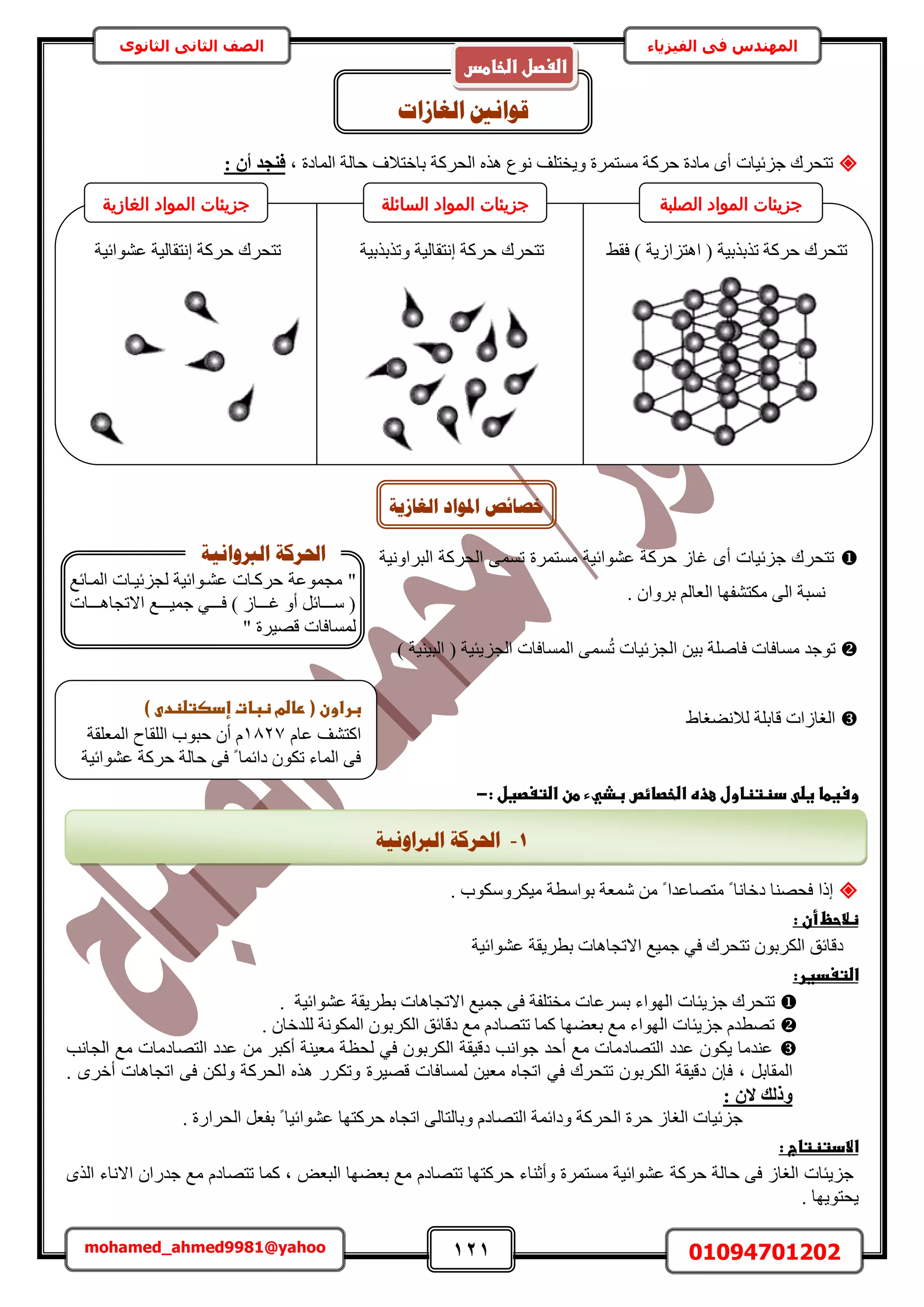 121 01094701202mohamed_ahmed9981@yahoo
‫في‬ ‫المهندس‬‫الفيزياء‬‫الثانوى‬ ‫الثاني‬ ‫الصف‬
‫ز‬ ‫حُٔخىس‬ ‫كخُش‬ ‫رخهظالف‬ ‫حُلًَش‬ ٌٙٛ ‫ٗٞع‬ ‫ٝ٣وظِق‬ ‫ٓٔظَٔس‬ ‫كًَش‬ ‫ٓخىس‬ ٟ‫أ‬ ‫ؿِث٤خص‬ ‫طظلَى‬: ٕ‫أ‬ ‫ك٘غذ‬
‫حُزَحٝٗ٤ش‬ ‫حُلًَش‬ ٠ٔٔ‫ط‬ ‫ٓٔظَٔس‬ ‫ػ٘ٞحث٤ش‬ ‫كًَش‬ ُ‫ؿخ‬ ٟ‫أ‬ ‫ؿِث٤خص‬ ‫طظلَى‬
. ٕ‫رَٝح‬ ُْ‫حُؼخ‬ ‫ٌٓظ٘لٜخ‬ ٠ُ‫ح‬ ‫ٗٔزش‬
ُٔٔ‫ط‬ ‫حُـِث٤خص‬ ٖ٤‫ر‬ ‫كخِٛش‬ ‫ٓٔخكخص‬ ‫طٞؿي‬) ‫حُز٤٘٤ش‬ ( ‫حُـِ٣ج٤ش‬ ‫حُٔٔخكخص‬ ٠
١‫ُالٗ٠ـخ‬ ‫هخرِش‬ ‫حُـخُحص‬
‫ػدظتظاولػعذهػاضخصائصػبذي‬ ‫وسغطاػغض‬‫ء‬‫ػ‬:‫طنػاضتغصغلػ‬-‫ػ‬‫ػ‬
. ‫ٓ٤ٌٌَٝٓٞد‬ ‫رٞحٓطش‬ ‫ٗٔؼش‬ ٖٓ ً ‫ٓظٜخػيح‬ ً ‫ىهخٗخ‬ ‫كلٜ٘خ‬ ‫اًح‬
‫ظالحظػأنػ‬:‫ػ‬‫ػ‬
٢‫ك‬ ‫طظلَى‬ ٕٞ‫حٌَُر‬ ‫ىهخثن‬‫ػ٘ٞحث٤ش‬ ‫رطَ٣وش‬ ‫حالطـخٛخص‬ ‫ؿٔ٤غ‬
‫اض‬‫تغدغر‬:‫ػ‬
‫ٓوظِلش‬ ‫رَٔػخص‬ ‫حُٜٞحء‬ ‫ؿِ٣جخص‬ ‫طظلَى‬٠‫ك‬‫ػ٘ٞحث٤ش‬ ‫رطَ٣وش‬ ‫حالطـخٛخص‬ ‫ؿٔ٤غ‬.
ٕ‫ُِيهخ‬ ‫حٌُٔٞٗش‬ ٕٞ‫حٌَُر‬ ‫ىهخثن‬ ‫ٓغ‬ ّ‫طظٜخى‬ ‫ًٔخ‬ ‫رؼ٠ٜخ‬ ‫ٓغ‬ ‫حُٜٞحء‬ ‫ؿِ٣جخص‬ ّ‫طٜطي‬.
ٓ‫حُظٜخى‬ ‫ػيى‬ ٖٓ َ‫أًز‬ ‫ٓؼ٤٘ش‬ ‫ُلظش‬ ٢‫ك‬ ٕٞ‫حٌَُر‬ ‫ىه٤وش‬ ‫ؿٞحٗذ‬ ‫أكي‬ ‫ٓغ‬ ‫حُظٜخىٓخص‬ ‫ػيى‬ ٌٕٞ٣ ‫ػ٘يٓخ‬‫ٓغ‬ ‫خص‬‫حُـخٗذ‬
َ‫حُٔوخر‬‫ز‬٢‫ك‬ ‫طظلَى‬ ٕٞ‫حٌَُر‬ ‫ىه٤وش‬ ٕ‫كب‬‫هٜ٤َس‬ ‫ُٔٔخكخص‬ ٖ٤‫ٓؼ‬ ٙ‫حطـخ‬. َٟ‫أه‬ ‫حطـخٛخص‬ ٠‫ك‬ ٌُٖٝ ‫حُلًَش‬ ٌٙٛ ٌٍَ‫ٝط‬
: ٕ‫ال‬ ‫ٝرُي‬
. ‫حُلَحٍس‬ َ‫رلؼ‬ ً ‫ػ٘ٞحث٤خ‬ ‫كًَظٜخ‬ ٙ‫حطـخ‬ ٠ُ‫ٝرخُظخ‬ ّ‫حُظٜخى‬ ‫ٝىحثٔش‬ ‫حُلًَش‬ ‫كَس‬ ُ‫حُـخ‬ ‫ؿِث٤خص‬
‫االدتظتاجػ‬:‫ػ‬
ُ‫حُـخ‬ ‫ؿِ٣جخص‬‫كخ‬ ٠‫ك‬‫ط‬ ‫كًَظٜخ‬ ‫ٝأػ٘خء‬ ‫ٓٔظَٔس‬ ‫ػ٘ٞحث٤ش‬ ‫كًَش‬ ‫ُش‬ّ‫ظٜخى‬ٌُٟ‫ح‬ ‫حالٗخء‬ ٕ‫ؿيٍح‬ ‫ٓغ‬ ّ‫طظٜخى‬ ‫ًٔخ‬ ‫ز‬ ٞ‫حُزؼ‬ ‫رؼ٠ٜخ‬ ‫ٓغ‬
. ‫٣لظٞ٣ٜخ‬
‫انغبصاد‬ ‫لٕاَني‬
‫ا‬‫ضغصلػاضخاطس‬
‫الصلبة‬ ‫المواد‬ ‫جزيئات‬‫السائلة‬ ‫المواد‬ ‫جزيئات‬‫جزيئات‬‫الغازية‬ ‫المواد‬
‫ػ٘ٞحث٤ش‬ ‫اٗظوخُ٤ش‬ ‫كًَش‬ ‫طظلَى‬ ‫اٗظوخُ٤ش‬ ‫كًَش‬ ‫طظلَى‬‫ٝطٌرٌر٤ش‬ ‫طٌرٌر٤ش‬ ‫كًَش‬ ‫طظلَى‬٢‫كو‬ ) ‫حٛظِحُ٣ش‬ (
‫انغبصٚخ‬ ‫ادلٕاد‬ ‫خظبئض‬
"‫حركمات‬ ‫مجموعة‬‫حُٔاخثغ‬ ‫ُـِث٤اخص‬ ‫ػ٘اٞحث٤ش‬
‫ااااخص‬‫ا‬ٛ‫حالطـخ‬ ‫ااااغ‬‫ا‬٤ٔ‫ؿ‬ ٢‫اااا‬‫ا‬‫ك‬ ) ُ‫ااااخ‬‫ا‬‫ؿ‬ ٝ‫أ‬ َ‫ااااخث‬‫ا‬ٓ (
‫هٜ٤َس‬ ‫ُٔٔخكخص‬"
‫انربٔاَٛخ‬ ‫احلشكخ‬
‫ب‬)‫راونػ(ػراضمػظباتػإدصتضظدىػ‬‫ػ‬
ّ‫ػخ‬ ‫حًظ٘ق‬1827‫حُٔؼِوش‬ ‫حُِوخف‬ ‫كزٞد‬ ٕ‫أ‬ ّ
‫ػ٘ٞحث٤ش‬ ‫كًَش‬ ‫كخُش‬ ٠‫ك‬ ً ‫ىحثٔخ‬ ٌٕٞ‫ط‬ ‫حُٔخء‬ ٠‫ك‬
.
1-‫انربأَٛخ‬ ‫احلشكخ‬
 