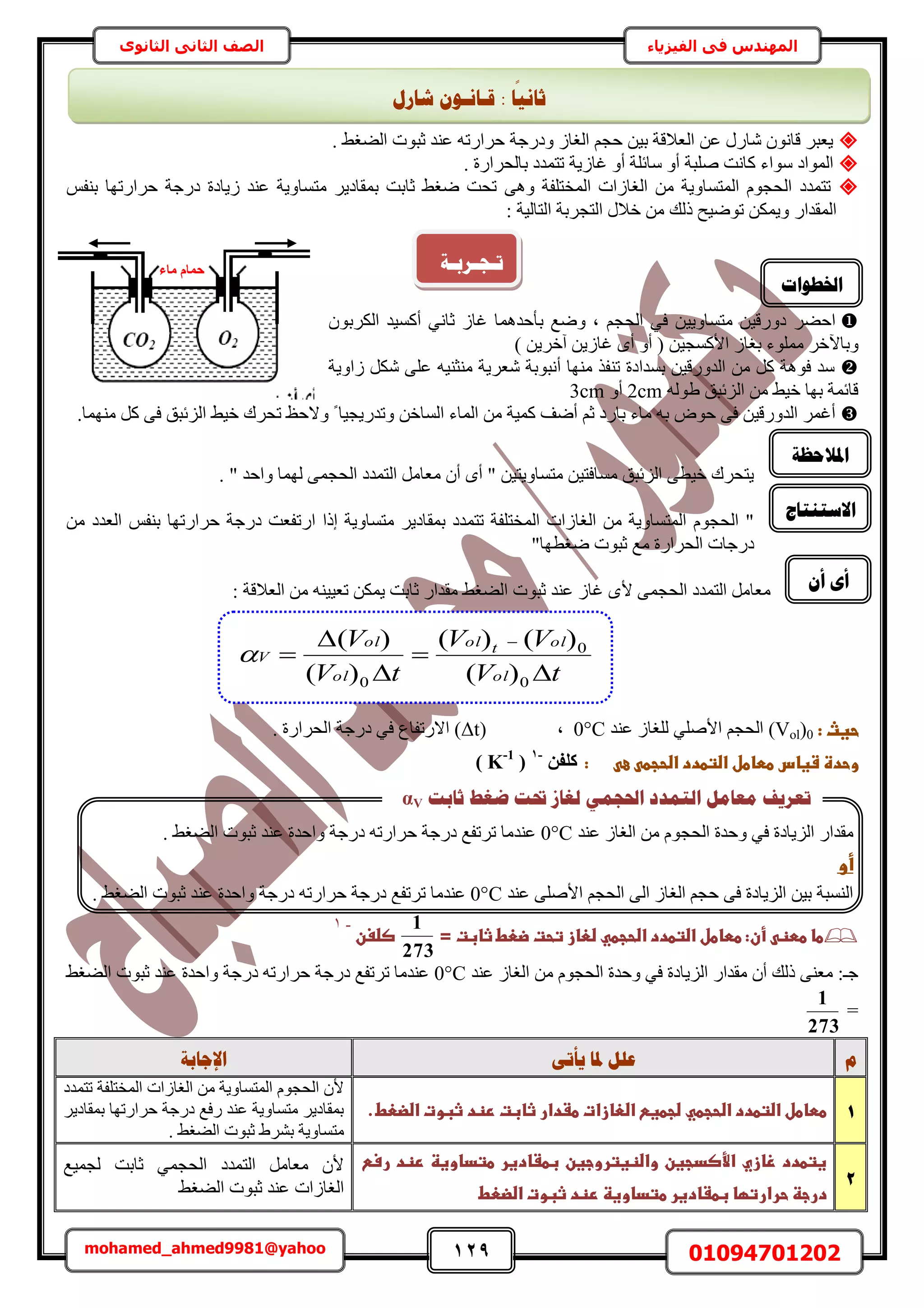 129 01094701202mohamed_ahmed9981@yahoo
‫في‬ ‫المهندس‬‫الفيزياء‬‫الثانوى‬ ‫الثاني‬ ‫الصف‬
. ٢‫حُ٠ـ‬ ‫ػزٞص‬ ‫ػ٘ي‬ ٚ‫كَحٍط‬ ‫ٝىٍؿش‬ ُ‫حُـخ‬ ْ‫كـ‬ ٖ٤‫ر‬ ‫حُؼالهش‬ ٖ‫ػ‬ ٍٍ‫ٗخ‬ ٕٞٗ‫هخ‬ َ‫٣ؼز‬
‫ؿخُ٣ش‬ ٝ‫أ‬ ‫ٓخثِش‬ ٝ‫أ‬ ‫ِٛزش‬ ‫ًخٗض‬ ‫ٓٞحء‬ ‫حُٔٞحى‬. ‫رخُلَحٍس‬ ‫طظٔيى‬
‫حُٔوظِلش‬ ‫حُـخُحص‬ ٖٓ ‫حُٔظٔخٝ٣ش‬ ّٞ‫حُلـ‬ ‫طظٔيى‬٠ْٛٝ‫ر٘ل‬ ‫كَحٍطٜخ‬ ‫ىٍؿش‬ ‫ُ٣خىس‬ ‫ػ٘ي‬ ‫ٓظٔخٝ٣ش‬ َ٣‫رٔوخى‬ ‫ػخرض‬ ٢‫ٟـ‬ ‫طلض‬
ٍ‫حُٔويح‬: ‫حُظخُ٤ش‬ ‫حُظـَرش‬ ٍ‫هال‬ ٖٓ ‫ًُي‬ ‫طٟٞ٤ق‬ ٌٖٔ٣ٝ
َ٠‫حك‬ْ‫حُلـ‬ ٢‫ك‬ ٖ٤٣ٝ‫ٓظٔخ‬ ٖ٤‫ىٍٝه‬‫ر‬ ‫ٟٝغ‬ ‫ز‬‫ؤكيٛٔخ‬ُ‫ؿخ‬ٕٞ‫حٌَُر‬ ‫أًٔ٤ي‬ ٢ٗ‫ػخ‬
ٝ‫ر‬٥‫خ‬ٖ٤‫حألًٔـ‬ ُ‫رـخ‬ ‫ِٓٔٞء‬ َ‫ه‬) ٖ٣َ‫آه‬ ٖ٣ُ‫ؿخ‬ ٟ‫أ‬ ٝ‫أ‬ (
‫ٓي‬ٖٓ ًَ ‫كٞٛش‬ٖ٤‫حُيٍٝه‬‫رٔيحى‬‫س‬ٜ٘ٓ ٌ‫ط٘ل‬‫خ‬‫أٗزٞرش‬‫ٗؼَ٣ش‬ٓ٘‫٘ؼ‬ٚ٤‫ُحٝ٣ش‬ ٌَٗ ٠ِ‫ػ‬
ُٚٞ١ ‫حُِثزن‬ ٖٓ ٢٤‫ه‬ ‫رٜخ‬ ‫هخثٔش‬2cmٝ‫أ‬3cm
َٔ‫أؿ‬ٝٞ‫ك‬ ٠‫ك‬ ٖ٤‫حُيٍٝه‬‫ٓخء‬ ٚ‫ر‬‫رخٍى‬‫أٟق‬ ْ‫ػ‬ُ‫ح‬ ٖٓ ‫ًٔ٤ش‬ٖ‫حُٔخه‬ ‫ٔخء‬ً ‫ٝطيٍ٣ـ٤خ‬ٝ‫الكع‬‫طلَى‬‫ح‬ ٢٤‫ه‬.‫ٜٓ٘ٔخ‬ ًَ ٠‫ك‬ ‫ُِثزن‬
. " ‫ٝحكي‬ ‫ُٜٔخ‬ ٠ٔ‫حُلـ‬ ‫حُظٔيى‬ َٓ‫ٓؼخ‬ ٕ‫أ‬ ٟ‫أ‬ " ٖ٤‫ٓظٔخٝ٣ظ‬ ٖ٤‫ٓٔخكظ‬ ‫حُِثزن‬ ٠‫ه٤ط‬ ‫٣ظلَى‬
‫اًح‬ ‫ٓظٔخٝ٣ش‬ َ٣‫رٔوخى‬ ‫طظٔيى‬ ‫حُٔوظِلش‬ ‫حُـخُحص‬ ٖٓ ‫حُٔظٔخٝ٣ش‬ ّٞ‫حُلـ‬ "‫ح‬ٍ‫ط‬ٖٓ ‫حُؼيى‬ ْ‫ر٘ل‬ ‫كَحٍطٜخ‬ ‫ىٍؿش‬ ‫لؼض‬
"‫ٟـطٜخ‬ ‫ػزٞص‬ ‫ٓغ‬ ‫حُلَحٍس‬ ‫ىٍؿخص‬
‫أل‬ ٠ٔ‫حُلـ‬ ‫حُظٔيى‬ َٓ‫ٓؼخ‬: ‫حُؼالهش‬ ٖٓ ٚ٘٤٤‫طؼ‬ ٌٖٔ٣ ‫ػخرض‬ ٍ‫ٓويح‬ ٢‫حُ٠ـ‬ ‫ػزٞص‬ ‫ػ٘ي‬ ُ‫ؿخ‬ ٟ
‫حغثػ:ػ‬(Vol)0‫ػ٘ي‬ ُ‫ُِـخ‬ ٢ِٛ‫حأل‬ ْ‫حُلـ‬0°C‫ز‬(Δt)‫ىٍؿش‬ ٢‫ك‬ ‫حالٍطلخع‬. ‫حُلَحٍس‬
‫ػ‬ ‫ػع‬ ‫وحدةػشغاسػططاطلػاضتطددػاضحجط‬‫ػ‬‫ػػػػػ‬‫:ػػ‬ٖ‫ًِل‬-1
(K-1
)
‫ػأن:ػططاطلػاضتطددػاضحجطيػضعاز‬ ‫طاػططظ‬‫ػ‬‫تحتػضعطػثابتػ=ػ‬
273
1
‫ػ‬‫صضغنػ‬
-1
ّٞ‫حُلـ‬ ‫ٝكيس‬ ٢‫ك‬ ‫حُِ٣خىس‬ ٍ‫ٓويح‬ ٕ‫أ‬ ‫ًُي‬ ٠٘‫ٓؼ‬ :‫ؿـ‬‫ح‬ ٖٓ‫ػ٘ي‬ ُ‫ُـخ‬0°C‫ٝحكيس‬ ‫ىٍؿش‬ ٚ‫كَحٍط‬ ‫ىٍؿش‬ ‫طَطلغ‬ ‫ػ٘يٓخ‬٢‫حُ٠ـ‬ ‫ػزٞص‬ ‫ػ٘ي‬
=
273
1
‫و‬ٗ‫ٚأر‬ ‫دلب‬ ‫ػهم‬‫اإلعبثخ‬
1‫ططاطلػاضتطددػاضحجطيػ‬‫ػاضعازاتػطػدارػث‬ ‫ضجطغ‬.‫ابتػرظدػثبوتػاضضعطػ‬‫ػ‬
‫طظٔيى‬ ‫حُٔوظِلش‬ ‫حُـخُحص‬ ٖٓ ‫حُٔظٔخٝ٣ش‬ ّٞ‫حُلـ‬ ٕ‫أل‬
َ٣‫رٔوخى‬ ‫كَحٍطٜخ‬ ‫ىٍؿش‬ ‫ٍكغ‬ ‫ػ٘ي‬ ‫ٓظٔخٝ٣ش‬ َ٣‫رٔوخى‬
١َ٘‫ر‬ ‫ٓظٔخٝ٣ش‬. ٢‫حُ٠ـ‬ ‫ػزٞص‬
2
‫ػ‬‫ػواضظغتروجغن‬‫ػاألصدجغن‬‫ػزازي‬‫غتطدد‬‫بطػادغر‬‫ػ‬‫ػ‬ ‫ػرس‬‫ػرظد‬‫طتداوغظ‬
‫درجظػحرارتؼاػ‬‫بطػادغرػطتداوغظ‬‫ػ‬‫رظدػثبوتػاضضعط‬‫ػ‬
‫حُظ‬ َٓ‫ٓؼخ‬ ٕ‫أل‬٢ٔ‫حُلـ‬ ‫ٔيى‬‫ػخرض‬‫ُـٔ٤غ‬
‫حُـخُحص‬٢‫حُ٠ـ‬ ‫ػزٞص‬ ‫ػ٘ي‬
‫شبسل‬ ٌٕ‫لـبَـ‬ : ‫ب‬
‫ا‬
َٛ‫صب‬
‫رـغـشثـخ‬‫ٓبء‬ ّ‫ؽٔب‬
‫اخلـٕاد‬
‫ادلالؽظخ‬
‫االعزُزبط‬
ٌ‫أ‬ ٖ‫أ‬
tV
VV
tV
V
ol
oltol
ol
ol
V






0
0
0 )(
)()(
)(
)(

‫ٓوي‬ٖٓ ّٞ‫حُلـ‬ ‫ٝكيس‬ ٢‫ك‬ ‫حُِ٣خىس‬ ٍ‫ح‬ُ‫حُـخ‬‫ػ٘ي‬0°C‫ط‬ ‫ػ٘يٓخ‬ٚ‫كَحٍط‬ ‫ىٍؿش‬ ‫َطلغ‬‫ىٍؿش‬‫ػ‬ ‫ٝحكيس‬. ٢‫حُ٠ـ‬ ‫ػزٞص‬ ‫٘ي‬
‫أوػ‬‫ػ‬
‫ػ٘ي‬ ٠ِٛ‫حأل‬ ْ‫حُلـ‬ ٠ُ‫ح‬ ُ‫حُـخ‬ ْ‫كـ‬ ٠‫ك‬ ‫حُِ٣خىس‬ ٖ٤‫ر‬ ‫حُ٘ٔزش‬0°C‫ػ٘يٓخ‬‫ط‬ٚ‫كَحٍط‬ ‫ىٍؿش‬ ‫َطلغ‬‫ىٍؿش‬. ٢‫حُ٠ـ‬ ‫ػزٞص‬ ‫ػ٘ي‬ ‫ٝحكيس‬
‫صبثذ‬ ‫ػغؾ‬ ‫حتذ‬ ‫نغبص‬ ًٙ‫احلغ‬ ‫انزًذد‬ ‫يؼبيم‬ ‫رؼشٚف‬αV
 