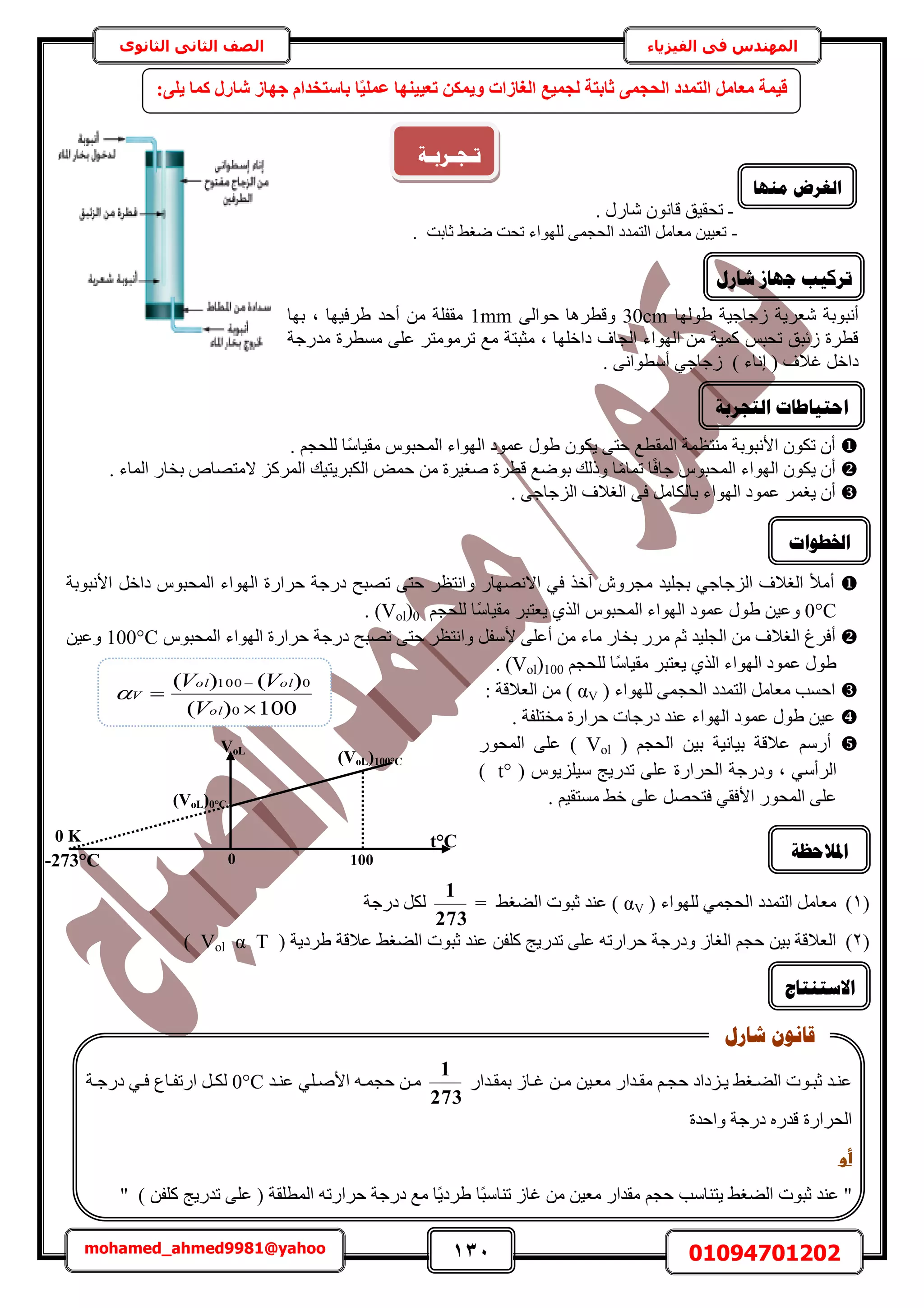 131 01094701202mohamed_ahmed9981@yahoo
‫في‬ ‫المهندس‬‫الفيزياء‬‫الثانوى‬ ‫الثاني‬ ‫الصف‬
ْ‫ا‬‫ا‬‫كـ‬ ‫اِىحى‬‫ا‬٣ ٢‫اـ‬‫ا‬٠ُ‫ح‬ ‫اٞص‬‫ا‬‫ػز‬ ‫اي‬‫ا‬٘‫ػ‬ٖ٤‫ا‬‫ا‬‫ٓؼ‬ ٍ‫ايح‬‫ا‬‫ٓو‬ٍ‫ايح‬‫ا‬‫رٔو‬ ُ‫اخ‬‫ا‬‫ؿ‬ ٖ‫ا‬‫ا‬ٓ
273
1
ٚ‫ا‬‫ا‬ٔ‫كـ‬ ٖ‫ا‬‫ا‬ٓ‫اي‬‫ا‬٘‫ػ‬ ٢ِ‫ا‬‫ا‬ٛ‫حأل‬0°C‫اش‬‫ا‬‫ىٍؿ‬ ٢‫ا‬‫ا‬‫ك‬ ‫اخع‬‫ا‬‫حٍطل‬ َ‫ا‬‫ا‬ٌُ
‫هي‬ ‫حُلَحٍس‬‫ٝحكيس‬ ‫ىٍؿش‬ ٍٙ‫ػ‬
‫ػ‬‫ػ‬‫أو‬‫ػ‬
"٘‫ػ‬‫ػزٞص‬ ‫ي‬) ٖ‫ًِل‬ ‫طيٍ٣ؾ‬ ٠ِ‫ػ‬ ( ‫حُٔطِوش‬ ٚ‫كَحٍط‬ ‫ىٍؿش‬ ‫ٓغ‬ ‫ًخ‬٣‫١َى‬ ‫ًخ‬‫ز‬ٓ‫ط٘خ‬ ُ‫ؿخ‬ ٖٓ ٖ٤‫ٓؼ‬ ٍ‫ٓويح‬ ْ‫كـ‬ ‫٣ظ٘خٓذ‬ ٢‫حُ٠ـ‬"
‫شبسل‬ ٌَٕ‫لب‬
-. ٍٍ‫ٗخ‬ ٕٞٗ‫هخ‬ ‫طلو٤ن‬
-‫ػخرض‬ ٢‫ٟـ‬ ‫طلض‬ ‫ُِٜٞحء‬ ٠ٔ‫حُلـ‬ ‫حُظٔيى‬ َٓ‫ٓؼخ‬ ٖ٤٤‫طؼ‬.
‫ٗؼَ٣ش‬ ‫أٗزٞرش‬‫ُؿخؿ٤ش‬‫١ُٜٞخ‬30cm‫ٝهطَٛخ‬٠ُ‫كٞح‬1mm‫ز‬ ‫١َك٤ٜخ‬ ‫أكي‬ ٖٓ ‫ٓولِش‬‫رٜخ‬
‫حُٜٞحء‬ ٖٓ ‫ًٔ٤ش‬ ْ‫طلز‬ ‫ُثزن‬ ‫هطَس‬‫ز‬ ‫ىحهِٜخ‬ ‫حُـخف‬‫ط‬ ‫ٓغ‬ ‫ٓؼزظش‬‫ٓيٍؿش‬ ‫ٓٔطَس‬ ٠ِ‫ػ‬ َ‫َٓٞٓظ‬
‫ؿالف‬ َ‫ىحه‬) ‫اٗخء‬ (٢‫ُؿخؿ‬. ٠ٗ‫أٓطٞح‬
ُ‫ح‬ ‫ٓ٘ظظٔش‬ ‫حألٗزٞرش‬ ٌٕٞ‫ط‬ ٕ‫أ‬٣ ٠‫كظ‬ ‫ٔوطغ‬ٌٕٞ‫حُٜٞحء‬ ‫ػٔٞى‬ ٍٞ١ّٞ‫حُٔلز‬ًٓ‫ٓو٤خ‬ُ ‫خ‬ِْ‫لـ‬.
ً‫ك‬‫ؿخ‬ ّٞ‫حُٔلز‬ ‫حُٜٞحء‬ ٌٕٞ٣ ٕ‫أ‬ًٓ‫طٔخ‬ ‫خ‬‫حُٔخء‬ ٍ‫روخ‬ ٙ‫الٓظٜخ‬ ًَُِٔ‫ح‬ ‫حٌُزَ٣ظ٤ي‬ ٞٔ‫ك‬ ٖٓ ‫ٛـ٤َس‬ ‫هطَس‬ ‫رٟٞغ‬ ‫ًُٝي‬ ‫خ‬.
‫٣ـ‬ ٕ‫أ‬. ٠‫حُِؿخؿ‬ ‫حُـالف‬ ٠‫ك‬ َٓ‫رخٌُخ‬ ‫حُٜٞحء‬ ‫ػٔٞى‬ َٔ
‫أ‬٢‫ك‬ ٌ‫آه‬ َٕٝ‫ٓـ‬ ‫رـِ٤ي‬ ٢‫حُِؿخؿ‬ ‫حُـالف‬ ‫ٓأل‬ٍ‫حالٜٜٗخ‬َٝ‫حٗظظ‬٠‫كظ‬‫طٜزق‬ٍ‫كَح‬ ‫ىٍؿش‬‫حألٗزٞرش‬ َ‫ىحه‬ ّٞ‫حُٔلز‬ ‫حُٜٞحء‬ ‫س‬
0°Cٖ٤‫ٝػ‬١٣ ١ٌُ‫ح‬ ّٞ‫حُٔلز‬ ‫حُٜٞحء‬ ‫ػٔٞى‬ ٍَٞ‫ؼظز‬ًٓ‫ٓو٤خ‬ُ ‫خ‬ِْ‫لـ‬(Vol)0.
‫أ‬‫حُـِ٤ي‬ ٖٓ ‫حُـالف‬ ‫كَؽ‬ْ‫ػ‬‫رو‬ ٍَٓ‫أػ‬ ٖٓ ‫ٓخء‬ ٍ‫خ‬٠ِ‫أل‬َ‫ٓل‬‫ى‬ ‫طٜزق‬ ٠‫كظ‬ َ‫ٝحٗظظ‬ٍ‫كَح‬ ‫ٍؿش‬ّٞ‫حُٔلز‬ ‫حُٜٞحء‬ ‫س‬100°Cٖ٤‫ٝػ‬
‫حُٜٞحء‬ ‫ػٔٞى‬ ٍٞ١٣ ١ٌُ‫ح‬َ‫ؼظز‬ًٓ‫ٓو٤خ‬ُ ‫خ‬ِْ‫لـ‬(Vol)100.
( ‫ُِٜٞحء‬ ٠ٔ‫حُلـ‬ ‫حُظٔيى‬ َٓ‫ٓؼخ‬ ‫حكٔذ‬αV: ‫حُؼالهش‬ ٖٓ )
. ‫ٓوظِلش‬ ‫كَحٍس‬ ‫ىٍؿخص‬ ‫ػ٘ي‬ ‫حُٜٞحء‬ ‫ػٔٞى‬ ٍٞ١ ٖ٤‫ػ‬
‫أ‬ُ‫ح‬ ٖ٤‫ر‬ ‫ر٤خٗ٤ش‬ ‫ػالهش‬ ٍْْٓ‫لـ‬(Vol)ٍٞ‫حُٔل‬ ٠ِ‫ػ‬
٢ٓ‫حَُأ‬‫ز‬‫حُلَحٍس‬ ‫ٝىٍؿش‬( ّٞ٣ِِ٤ٓ ‫طيٍ٣ؾ‬ ٠ِ‫ػ‬t°)
٠ِ‫ػ‬ٍٞ‫حُٔل‬‫ك‬ ٢‫حألكو‬‫ظ‬ْ٤‫ٓٔظو‬ ٢‫ه‬ ٠ِ‫ػ‬ َٜ‫ل‬.
(1)‫ُِٜٞحء‬ ٢ٔ‫حُلـ‬ ‫حُظٔيى‬ َٓ‫ٓؼخ‬(αV٢‫حُ٠ـ‬ ‫ػزٞص‬ ‫ػ٘ي‬ )=
273
1
‫ىٍؿش‬ ٌَُ
(2)‫ػز‬ ‫ػ٘ي‬ ٖ‫ًِل‬ ‫طيٍ٣ؾ‬ ٠ِ‫ػ‬ ٚ‫كَحٍط‬ ‫ٝىٍؿش‬ ُ‫حُـخ‬ ْ‫كـ‬ ٖ٤‫ر‬ ‫حُؼالهش‬( ‫١َى٣ش‬ ‫ػالهش‬ ٢‫حُ٠ـ‬ ‫ٞص‬Vol α T)
‫ع‬ ّ‫ثبعزخذا‬ ‫ب‬‫ا‬٤ِٔ‫ػ‬ ‫رؼ٤٤ٜ٘ب‬ ٌٖٔ٣ٝ ‫اُـبصاد‬ ‫ُغٔ٤غ‬ ‫صبثزخ‬ ٠ٔ‫اُؾغ‬ ‫اُزٔذد‬ َٓ‫ٓؼب‬ ‫ه٤ٔخ‬:٠ِ٣ ‫ًٔب‬ ٍ‫شبس‬ ‫ٜبص‬
‫شبسل‬ ‫عٓبص‬ ‫رشكٛت‬
‫اخلـٕاد‬
‫رـغـشثـخ‬
‫يُٓب‬ ‫انغشع‬
‫انزغشثخ‬ ‫اؽزٛبؿبد‬
100)(
)()(
0
0100



ol
olol
V
V
VV

(VoL)0°C
VoL
t°C
-273°C 0 100
(VoL)100°C
0 K
‫ادلالؽظخ‬
‫االعزُزبط‬
 