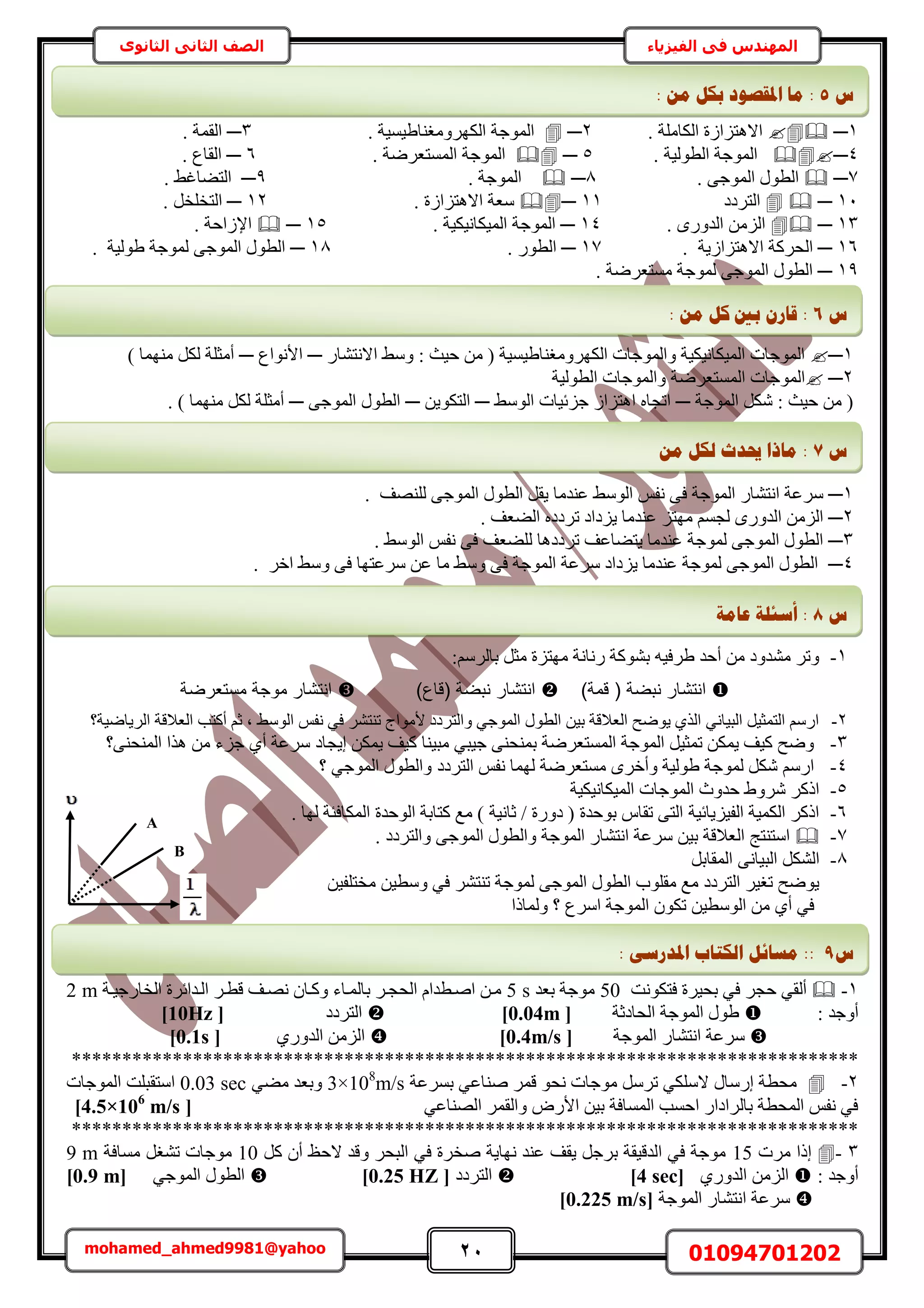 21 01094701202mohamed_ahmed9981@yahoo
‫في‬ ‫المهندس‬‫الفيزياء‬‫الثانوى‬ ‫الثاني‬ ‫الصف‬
1─ٛ‫حال‬. ‫حٌُخِٓش‬ ‫ظِحُس‬2─. ‫حٌَُٜٝٓـ٘خ١٤ٔ٤ش‬ ‫حُٔٞؿش‬3─. ‫حُؤش‬
4─. ‫حُطُٞ٤ش‬ ‫حُٔٞؿش‬5─. ‫حُٔٔظؼَٟش‬ ‫حُٔٞؿش‬6─. ‫حُوخع‬
7─. ٠‫حُٔٞؿ‬ ٍٞ‫حُط‬8─. ‫حُٔٞؿش‬9─. ٢‫حُظ٠خؿ‬
11─‫حُظَىى‬11─. ‫حالٛظِحُس‬ ‫ٓؼش‬12─. َ‫حُظوِو‬
13─. ٍٟٝ‫حُي‬ ُِٖٓ‫ح‬14─. ‫حُٔ٤ٌخٗ٤ٌ٤ش‬ ‫حُٔٞؿش‬15─. ‫حإلُحكش‬
16─‫ح‬‫حالٛظِحُ٣ش‬ ‫ُلًَش‬.17─ٍٞ‫حُط‬.18─‫١ُٞ٤ش‬ ‫ُٔٞؿش‬ ٠‫حُٔٞؿ‬ ٍٞ‫حُط‬.
19─. ‫ٓٔظؼَٟش‬ ‫ُٔٞؿش‬ ٠‫حُٔٞؿ‬ ٍٞ‫حُط‬
1─ٍ‫حالٗظ٘خ‬ ٢ٓٝ : ‫ك٤غ‬ ٖٓ ( ‫حٌَُٜٝٓـ٘خ١٤ٔ٤ش‬ ‫ٝحُٔٞؿخص‬ ‫حُٔ٤ٌخٗ٤ٌ٤ش‬ ‫حُٔٞؿخص‬─‫حألٗٞحع‬─) ‫ٜٓ٘ٔخ‬ ٌَُ ‫أٓؼِش‬
2─‫حُطُٞ٤ش‬ ‫ٝحُٔٞؿخص‬ ‫حُٔٔظؼَٟش‬ ‫حُٔٞؿخص‬
‫حُٔٞؿش‬ ٌَٗ : ‫ك٤غ‬ ٖٓ (─٢ُٓٞ‫ح‬ ‫ؿِث٤خص‬ ُ‫حٛظِح‬ ٙ‫حطـخ‬─ٖ٣ٌٞ‫حُظ‬─٠‫حُٔٞؿ‬ ٍٞ‫حُط‬─. ) ‫ٜٓ٘ٔخ‬ ٌَُ ‫أٓؼِش‬
1─ُ‫ح‬ َ‫٣و‬ ‫ػ٘يٓخ‬ ٢ُٓٞ‫ح‬ ْ‫ٗل‬ ٠‫ك‬ ‫حُٔٞؿش‬ ٍ‫حٗظ٘خ‬ ‫َٓػش‬‫ُِٜ٘ق‬ ٠‫حُٔٞؿ‬ ٍٞ‫ط‬.
2─ٙ‫طَىى‬ ‫٣ِىحى‬ ‫ػ٘يٓخ‬ ِ‫ٜٓظ‬ ْٔ‫ُـ‬ ٍٟٝ‫حُي‬ ُِٖٓ‫ح‬. ‫حُ٠ؼق‬
3─. ٢ُٓٞ‫ح‬ ْ‫ٗل‬ ٠‫ك‬ ‫ُِ٠ؼق‬ ‫طَىىٛخ‬ ‫٣ظ٠خػق‬ ‫ػ٘يٓخ‬ ‫ُٔٞؿش‬ ٠‫حُٔٞؿ‬ ٍٞ‫حُط‬
4─َ‫حه‬ ٢ٓٝ ٠‫ك‬ ‫َٓػظٜخ‬ ٖ‫ػ‬ ‫ٓخ‬ ٢ٓٝ ٠‫ك‬ ‫حُٔٞؿش‬ ‫َٓػش‬ ‫٣ِىحى‬ ‫ػ٘يٓخ‬ ‫ُٔٞؿش‬ ٠‫حُٔٞؿ‬ ٍٞ‫حُط‬.
1-:َُْٓ‫رخ‬ َ‫ٓؼ‬ ‫ٜٓظِس‬ ‫ٍٗخٗش‬ ‫رً٘ٞش‬ ٚ٤‫١َك‬ ‫أكي‬ ٖٓ ‫ٓ٘يٝى‬ َ‫ٝط‬
‫ىمة‬ ( ‫ضة‬ ‫ن‬ ‫انتشار‬))‫(ىاع‬ ‫ضة‬ ‫ن‬ ‫انتشار‬‫مستعرضة‬ ‫موجة‬ ‫انتشار‬
2-‫حَُ٣خٟ٤ش؟‬ ‫حُؼالهش‬ ‫أًظذ‬ ْ‫ػ‬ ‫ز‬ ٢ُٓٞ‫ح‬ ْ‫ٗل‬ ٢‫ك‬ َ٘‫ط٘ظ‬ ‫ألٓٞحؽ‬ ‫ٝحُظَىى‬ ٢‫حُٔٞؿ‬ ٍٞ‫حُط‬ ٖ٤‫ر‬ ‫حُؼالهش‬ ‫٣ٟٞق‬ ١ٌُ‫ح‬ ٢ٗ‫حُز٤خ‬ َ٤‫حُظٔؼ‬ ٍْٓ‫ح‬
3-‫ؿِء‬ ١‫أ‬ ‫َٓػش‬ ‫ا٣ـخى‬ ٌٖٔ٣ ‫ً٤ق‬ ‫ٓز٤٘خ‬ ٢‫ؿ٤ز‬ ٠٘‫رٔ٘ل‬ ‫حُٔٔظؼَٟش‬ ‫حُٔٞؿش‬ َ٤‫طٔؼ‬ ٌٖٔ٣ ‫ً٤ق‬ ‫ٟٝق‬‫حُٔ٘ل٘٠؟‬ ‫ٌٛح‬ ٖٓ
4-‫؟‬ ٢‫حُٔٞؿ‬ ٍٞ‫ٝحُط‬ ‫حُظَىى‬ ْ‫ٗل‬ ‫ُٜٔخ‬ ‫ٓٔظؼَٟش‬ َٟ‫ٝأه‬ ‫١ُٞ٤ش‬ ‫ُٔٞؿش‬ ٌَٗ ٍْٓ‫ح‬
5-‫حُٔ٤ٌخٗ٤ٌ٤ش‬ ‫حُٔٞؿخص‬ ‫كيٝع‬ ١َٝٗ ًًَ‫ح‬
6-. ‫ُٜخ‬ ‫حٌُٔخكجش‬ ‫حُٞكيس‬ ‫ًظخرش‬ ‫ٓغ‬ ) ‫ػخٗ٤ش‬ / ‫ىٍٝس‬ ( ‫رٞكيس‬ ّ‫طوخ‬ ٠‫حُظ‬ ‫حُل٤ِ٣خث٤ش‬ ‫حٌُٔ٤ش‬ ًًَ‫ح‬
7-ُ‫ٝح‬ ‫حُٔٞؿش‬ ٍ‫حٗظ٘خ‬ ‫َٓػش‬ ٖ٤‫ر‬ ‫حُؼالهش‬ ‫حٓظ٘ظؾ‬. ‫ٝحُظَىى‬ ٠‫حُٔٞؿ‬ ٍٞ‫ط‬
8-َ‫حُٔوخر‬ ٠ٗ‫حُز٤خ‬ ٌَُ٘‫ح‬
ٖ٤‫ٓوظِل‬ ٖ٤‫ٝٓط‬ ٢‫ك‬ َ٘‫ط٘ظ‬ ‫ُٔٞؿش‬ ٠‫حُٔٞؿ‬ ٍٞ‫حُط‬ ‫ٓوِٞد‬ ‫ٓغ‬ ‫حُظَىى‬ َ٤‫طـ‬ ‫٣ٟٞق‬
‫ُٝٔخًح‬ ‫؟‬ ‫حَٓع‬ ‫حُٔٞؿش‬ ٌٕٞ‫ط‬ ٖ٤‫حُٞٓط‬ ٖٓ ١‫أ‬ ٢‫ك‬
1-‫كظٌٞٗض‬ ‫رل٤َس‬ ٢‫ك‬ َ‫كـ‬ ٢‫أُو‬50ٓ‫رؼي‬ ‫ٞؿش‬5 s‫حُو‬ ‫حُايحثَس‬ َ‫هطا‬ ‫ٜٗاق‬ ٕ‫ًٝاخ‬ ‫رخُٔاخء‬ َ‫حُلـا‬ ّ‫حٛاطيح‬ ٖ‫ٓا‬‫خٍؿ٤اش‬2 m
: ‫أٝؿي‬‫حُلخىػش‬ ‫حُٔٞؿش‬ ٍٞ١[0.04m]‫حُظَىى‬[10Hz]
‫حُٔٞؿش‬ ٍ‫حٗظ٘خ‬ ‫َٓػش‬[0.4m/s]١ٍٝ‫حُي‬ ُِٖٓ‫ح‬[0.1s]
******************************************************************************
2-‫رَٔػش‬ ٢‫ٛ٘خػ‬ َٔ‫ه‬ ٞ‫ٗل‬ ‫ٓٞؿخص‬ ََٓ‫ط‬ ٢ٌِٓ‫ال‬ ٍ‫آٍخ‬ ‫ٓلطش‬3×108
m/s٢٠ٓ ‫ٝرؼي‬0.03 sec‫حُٔٞؿخص‬ ‫حٓظوزِض‬
٢‫حُٜ٘خػ‬ َٔ‫ٝحُو‬ ٍٝ‫حأل‬ ٖ٤‫ر‬ ‫حُٔٔخكش‬ ‫حكٔذ‬ ٍ‫رخَُحىح‬ ‫حُٔلطش‬ ْ‫ٗل‬ ٢‫ك‬[4.5×106
m/s]
******************************************************************************
3-‫َٓص‬ ‫اًح‬15ًَ ٕ‫أ‬ ‫الكع‬ ‫ٝهي‬ َ‫حُزل‬ ٢‫ك‬ ‫ٛوَس‬ ‫ٜٗخ٣ش‬ ‫ػ٘ي‬ ‫٣وق‬ َ‫رَؿ‬ ‫حُيه٤وش‬ ٢‫ك‬ ‫ٓٞؿش‬10‫ٓٔخكش‬ َ‫ط٘ـ‬ ‫ٓٞؿخص‬9 m
: ‫أٝؿي‬١ٍٝ‫حُي‬ ُِٖٓ‫ح‬[4 sec]‫حُظَىى‬[0.25 HZ]٢‫حُٔٞؿ‬ ٍٞ‫حُط‬[0.9 m]
‫حُٔٞؿش‬ ٍ‫حٗظ٘خ‬ ‫َٓػش‬[0.225 m/s]
‫ط‬5:: ٍ‫ي‬ ‫ثكم‬ ‫ادلمظٕد‬ ‫يب‬
‫ط‬6:: ٍ‫ي‬ ‫كم‬ ‫ثني‬ ٌ‫لبس‬
‫ط‬7:ٍ‫ي‬ ‫نكم‬ ‫حيذس‬ ‫يبرا‬
‫ط‬8:‫ػبيخ‬ ‫أعئهخ‬
‫ط‬9::‫يغبئم‬ٗ‫ادلذسع‬ ‫انكزبة‬:
B
A
 