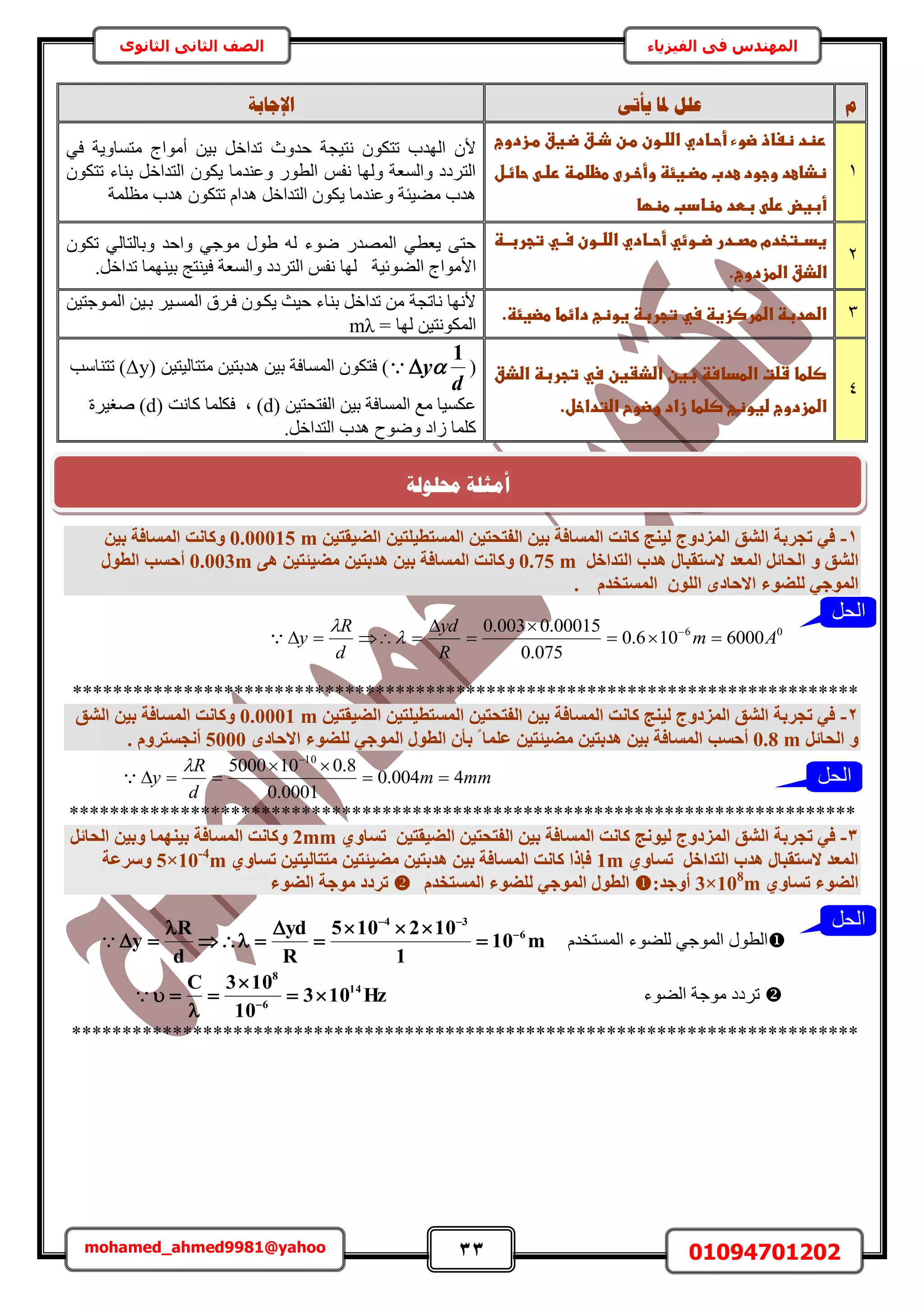 33 01094701202mohamed_ahmed9981@yahoo
‫في‬ ‫المهندس‬‫الفيزياء‬‫الثانوى‬ ‫الثاني‬ ‫الصف‬
‫و‬ٗ‫ٚأر‬ ‫دلب‬ ‫ػهم‬‫اإلعبثخ‬
1
‫ػ‬‫ػ‬‫ػ‬‫ػ‬‫ػ‬‫ػ‬‫ػ‬‫رظدػظغاذػضوءػأحااديػاضضاونػطانػذاقػضاغقػطازدوج‬
‫ػ‬‫ػ‬‫ػ‬‫ػ‬‫ػ‬‫ػ‬‫ػحائال‬ ‫ظذاعدػوجودػعدبػطضاغئظػوأخارىػطظضطاظػرضا‬
‫ػبطدػطظادبػطظؼاػ‬ ‫أبغضػرض‬‫ػ‬
‫كيٝع‬ ‫ٗظ٤ـش‬ ٌٕٞ‫طظ‬ ‫حُٜيد‬ ٕ‫أل‬٢‫ك‬ ‫ٓظٔخٝ٣ش‬ ‫أٓٞحؽ‬ ٖ٤‫ر‬ َ‫طيحه‬
ٌٕٞ‫طظ‬ ‫ر٘خء‬ َ‫حُظيحه‬ ٌٕٞ٣ ‫ٝػ٘يٓخ‬ ٍٞ‫حُط‬ ْ‫ٗل‬ ‫ُٜٝخ‬ ‫ٝحُٔؼش‬ ‫حُظَىى‬
‫ٓظِٔش‬ ‫ٛيد‬ ٌٕٞ‫طظ‬ ّ‫ٛيح‬ َ‫حُظيحه‬ ٌٕٞ٣ ‫ٝػ٘يٓخ‬ ‫ٓ٠٤جش‬ ‫ٛيد‬
2
‫ػ‬‫ػ‬‫ػ‬‫ػ‬‫ػ‬‫ااديػاضضااونػساايػتجربااظ‬‫ا‬‫اتخدمػطصاادرػضااوئيػأح‬‫ا‬‫غد‬
‫اضذقػاضطزدوج‬.‫ػ‬
ٌٕٞ‫ط‬ ٢ُ‫ٝرخُظخ‬ ‫ٝحكي‬ ٢‫ٓٞؿ‬ ٍٞ١ ُٚ ‫ٟٞء‬ ٍ‫حُٜٔي‬ ٢‫٣ؼط‬ ٠‫كظ‬
٠ُ‫ح‬ ‫حألٓٞحؽ‬.َ‫طيحه‬ ‫ر٤ٜ٘ٔخ‬ ‫ك٤٘ظؾ‬ ‫ٝحُٔؼش‬ ‫حُظَىى‬ ْ‫ٗل‬ ‫ُٜخ‬ ‫ٞث٤ش‬
3.‫اضؼدبظػاضطرصزغظػسيػتجربظػغوظبػدائطاػطضغئظ‬‫ػ‬
ٖ٤‫حُٔاٞؿظ‬ ٖ٤‫را‬ َ٤‫حُٔٔا‬ ‫كاَم‬ ٕٞ‫٣ٌا‬ ‫ك٤غ‬ ‫ر٘خء‬ َ‫طيحه‬ ٖٓ ‫ٗخطـش‬ ‫ألٜٗخ‬
= ‫ُٜخ‬ ٖ٤‫حٌُٔٞٗظ‬mλ
4
‫صضطاػشضتػاضطداسظػبغنػاضذػغنػسيػتجربظػاضذقػ‬
.‫اضطزدوجػضغوظبػصضطاػزادػوضوحػاضتداخل‬‫ػ‬
(
d
y
1
( ٖ٤‫ٓظظخُ٤ظ‬ ٖ٤‫ٛيرظ‬ ٖ٤‫ر‬ ‫حُٔٔخكش‬ ٌٕٞ‫كظ‬ )Δy‫طظ٘خٓذ‬ )
( ٖ٤‫حُلظلظ‬ ٖ٤‫ر‬ ‫حُٔٔخكش‬ ‫ٓغ‬ ‫ػٌٔ٤خ‬d( ‫ًخٗض‬ ‫كٌِٔخ‬ ‫ز‬ )d‫ٛـ٤َس‬ )
.َ‫حُظيحه‬ ‫ٛيد‬ ‫ٟٝٞف‬ ‫ُحى‬ ‫ًِٔخ‬
1-ٖ٤‫اُلزؾز‬ ٖ٤‫ث‬ ‫أُغبكخ‬ ‫ًبٗذ‬ ‫ُ٤٘ظ‬ ‫أُضدٝط‬ ‫اُشن‬ ‫رغشثخ‬ ٢‫ك‬ٖ٤‫أُغزط٤ِز‬ٖ٤‫اُض٤وز‬m0.00015‫ا‬ ‫ًٝبٗذ‬ٖ٤‫ث‬ ‫ُٔغبكخ‬
ٝ ‫اُشن‬َ‫اُزذاخ‬ ‫ٛذة‬ ٍ‫العزوجب‬ ‫أُؼذ‬ َ‫اُؾبئ‬0.75 mٖٝ٤‫ٓض٤ئز‬ ٖ٤‫ٛذثز‬ ٖ٤‫ث‬ ‫أُغبكخ‬ ‫ًبٗذ‬٠ٛ0.003m‫أؽغت‬ٍٞ‫اُط‬
‫ُِضٞء‬ ٢‫أُٞع‬ُِٕٞ‫ا‬ ٟ‫االؽبد‬ّ‫أُغزخذ‬.
06
6000106.0
075.0
00015.0003.0
Am
R
yd
d
R
y 



 



******************************************************************************
2-ٖ٤‫اُلزؾز‬ ٖ٤‫ث‬ ‫أُغبكخ‬ ‫ًبٗذ‬ ‫ُ٤٘ظ‬ ‫أُضدٝط‬ ‫اُشن‬ ‫رغشثخ‬ ٢‫ك‬ٖ٤‫أُغزط٤ِز‬ٖ٤‫اُض٤وز‬m0.0001ٖ٤‫ث‬ ‫أُغبكخ‬ ‫ًٝبٗذ‬‫اُشن‬
َٝ‫اُؾبئ‬0.8 m‫أؽغت‬ٖ٤‫ٓض٤ئز‬ ٖ٤‫ٛذثز‬ ٖ٤‫ث‬ ‫أُغبكخ‬ٕ‫ثأ‬ ‫ا‬ ‫ػِٔب‬‫ُِضٞء‬ ٢‫أُٞع‬ ٍٞ‫اُط‬ٟ‫االؽبد‬5000. ّٝ‫أٗغغزش‬
mmm
d
R
y 4004.0
0001.0
8.0105000 10






******************************************************************************
3-٤ُ ‫أُضدٝط‬ ‫اُشن‬ ‫رغشثخ‬ ٢‫ك‬ٖٞ٤‫اُض٤وز‬ ٖ٤‫اُلزؾز‬ ٖ٤‫ث‬ ‫أُغبكخ‬ ‫ًبٗذ‬ ‫ٗظ‬١ٝ‫رغب‬2mmَ‫اُؾبئ‬ ٖ٤‫ٝث‬ ‫ث٤ٜ٘ٔب‬ ‫أُغبكخ‬ ‫ًٝبٗذ‬
َ‫اُزذاخ‬ ‫ٛذة‬ ٍ‫العزوجب‬ ‫أُؼذ‬١ٝ‫رغب‬1mٖ٤‫ٓززبُ٤ز‬ ٖ٤‫ٓض٤ئز‬ ٖ٤‫ٛذثز‬ ٖ٤‫ث‬ ‫أُغبكخ‬ ‫ًبٗذ‬ ‫كئرا‬١ٝ‫رغب‬5×10-4
m‫ٝعشػخ‬
١ٝ‫رغب‬ ‫اُضٞء‬3×108
m:‫أٝعذ‬ّ‫أُغزخذ‬ ‫ُِضٞء‬ ٢‫أُٞع‬ ٍٞ‫اُط‬‫اُضٞء‬ ‫ٓٞعخ‬ ‫رشدد‬
ّ‫حُٔٔظوي‬ ‫ُِ٠ٞء‬ ٢‫حُٔٞؿ‬ ٍٞ‫حُط‬m10
1
102105
R
yd
d
R
y 6
34









‫حُ٠ٞء‬ ‫ٓٞؿش‬ ‫طَىى‬Hz103
10
103C 14
6
8




 

******************************************************************************
‫الحل‬
‫الحل‬
‫الحل‬
‫حمهٕنخ‬ ‫أيضهخ‬
 