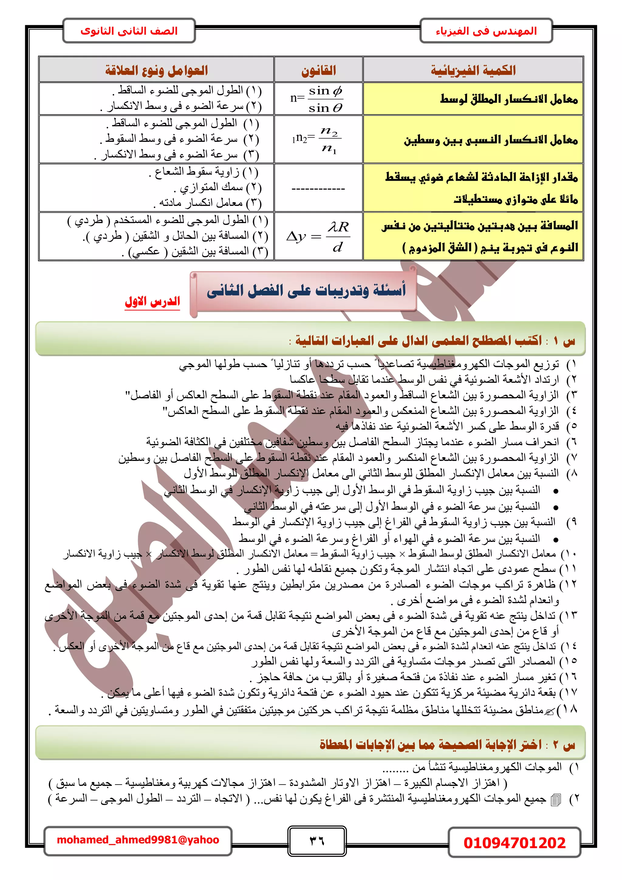 36 01094701202mohamed_ahmed9981@yahoo
‫في‬ ‫المهندس‬‫الفيزياء‬‫الثانوى‬ ‫الثاني‬ ‫الصف‬
‫انفٛضٚبئٛخ‬ ‫انكًٛخ‬ٌَٕ‫انمب‬‫َٕٔع‬ ‫انؼٕايم‬‫انؼاللخ‬
‫ططاطلػاالظصدارػاضططضقػضودط‬‫ػ‬


sin
sin
n=(1). ٢‫حُٔخه‬ ‫ُِ٠ٞء‬ ٠‫حُٔٞؿ‬ ٍٞ‫حُط‬
(2). ٍ‫حالٌٗٔخ‬ ٢ٓٝ ٠‫ك‬ ‫حُ٠ٞء‬ ‫َٓػش‬
‫ػبغنػودطغنػ‬ ‫ططاطلػاالظصدارػاضظدب‬‫ػ‬
1
2
n
n
1n2=
(1). ٢‫حُٔخه‬ ‫ُِ٠ٞء‬ ٠‫حُٔٞؿ‬ ٍٞ‫حُط‬
(2). ١ٞ‫حُٔو‬ ٢ٓٝ ٠‫ك‬ ‫حُ٠ٞء‬ ‫َٓػش‬
(3)‫ح‬ ٢ٓٝ ٠‫ك‬ ‫حُ٠ٞء‬ ‫َٓػش‬. ٍ‫الٌٗٔخ‬
‫طػدارػاإلزاحظػاضحادثظػضذطاعػضوئيػغدػطػ‬
‫ػطتوازىػطدتطغالت‬ ‫طائالػرض‬‫ػ‬
------------
(1. ‫حُ٘ؼخع‬ ١ٞ‫ٓو‬ ‫ُحٝ٣ش‬ )
(2. ١ُ‫حُٔظٞح‬ ‫ٓٔي‬ )
(3. ٚ‫ٓخىط‬ ٍ‫حٌٗٔخ‬ َٓ‫ٓؼخ‬ )
‫اضطداسظػبغنػعدبتغنػطتتاضغتغنػطنػظغسػ‬
)‫ػتجربظػغظبػ(ػاضذقػاضطزدوجػ‬ ‫اضظوعػس‬‫ػ‬d
R
y


(1)‫ُِ٠ٞء‬ ٠‫حُٔٞؿ‬ ٍٞ‫حُط‬) ١‫١َى‬ ( ّ‫حُٔٔظوي‬
(2‫ح‬ )‫ُٔٔخكش‬َ‫حُلخث‬ ٖ٤‫ر‬ٖ٤‫حُ٘و‬ ٝ.) ١‫١َى‬ (
(3ٖ٤‫ر‬ ‫حُٔٔخكش‬ )ٖ٤‫حُ٘و‬. )٢ٌٔ‫ػ‬ (
1)٢‫حُٔٞؿ‬ ‫١ُٜٞخ‬ ‫كٔذ‬ ً ‫ط٘خُُ٤خ‬ ٝ‫أ‬ ‫طَىىٛخ‬ ‫كٔذ‬ ً ‫طٜخػي٣خ‬ ‫حٌَُٜٝٓـ٘خ١٤ٔ٤ش‬ ‫حُٔٞؿخص‬ ‫طُٞ٣غ‬
2)‫حٍطيحى‬‫ٓط‬ َ‫طوخر‬ ‫ػ٘يٓخ‬ ٢ُٓٞ‫ح‬ ْ‫ٗل‬ ٢‫ك‬ ‫حُ٠ٞث٤ش‬ ‫حألٗؼش‬‫ػخًٔخ‬ ‫لخ‬
3)"َٛ‫حُلخ‬ ٝ‫أ‬ ًْ‫حُؼخ‬ ‫حُٔطق‬ ٠ِ‫ػ‬ ١ٞ‫حُٔو‬ ‫ٗوطش‬ ‫ػ٘ي‬ ّ‫حُٔوخ‬ ‫ٝحُؼٔٞى‬ ٢‫حُٔخه‬ ‫حُ٘ؼخع‬ ٖ٤‫ر‬ ‫حُٔلٍٜٞس‬ ‫حُِحٝ٣ش‬
4)"ًْ‫حُؼخ‬ ‫حُٔطق‬ ٠ِ‫ػ‬ ١ٞ‫حُٔو‬ ‫ٗوطش‬ ‫ػ٘ي‬ ّ‫حُٔوخ‬ ‫ٝحُؼٔٞى‬ ٌْ‫حُٔ٘ؼ‬ ‫حُ٘ؼخع‬ ٖ٤‫ر‬ ‫حُٔلٍٜٞس‬ ‫حُِحٝ٣ش‬
5)ٚ٤‫ك‬ ‫ٗلخًٛخ‬ ‫ػ٘ي‬ ‫حُ٠ٞث٤ش‬ ‫حألٗؼش‬ ًَٔ ٠ِ‫ػ‬ ٢ُٓٞ‫ح‬ ‫هيٍس‬
6)‫ح‬ ٍ‫ٓٔخ‬ ‫حٗلَحف‬ٞ٠ُ‫ء‬‫ػ‬ٖ٤‫ٝٓط‬ ٖ٤‫ر‬ َٛ‫حُلخ‬ ‫حُٔطق‬ ُ‫٣ـظخ‬ ‫٘يٓخ‬‫حُ٠ٞث٤ش‬ ‫حٌُؼخكش‬ ٢‫ك‬ ٖ٤‫ٓوظِل‬ ٖ٤‫ٗلخك‬
7)ٖ٤‫ٝٓط‬ ٖ٤‫ر‬ َٛ‫حُلخ‬ ‫حُٔطق‬ ٠ِ‫ػ‬ ١ٞ‫حُٔو‬ ‫ٗوطش‬ ‫ػ٘ي‬ ّ‫حُٔوخ‬ ‫ٝحُؼٔٞى‬ ٌَُٔ٘ٔ‫ح‬ ‫حُ٘ؼخع‬ ٖ٤‫ر‬ ‫حُٔلٍٜٞس‬ ‫حُِحٝ٣ش‬
8)ٍٝ‫حأل‬ ٢ُِٓٞ ‫حُٔطِن‬ ٍ‫حإلٌٗٔخ‬ َٓ‫ٓؼخ‬ ٠ُ‫ح‬ ٢ٗ‫حُؼخ‬ ٢ُِٓٞ ‫حُٔطِن‬ ٍ‫حإلٌٗٔخ‬ َٓ‫ٓؼخ‬ ٖ٤‫ر‬ ‫حُ٘ٔزش‬
ٖ٤‫ر‬ ‫حُ٘ٔزش‬٢ٗ‫حُؼخ‬ ٢ُٓٞ‫ح‬ ٢‫ك‬ ٍ‫حإلٌٗٔخ‬ ‫ُحٝ٣ش‬ ‫ؿ٤ذ‬ ٠ُ‫ا‬ ٍٝ‫حأل‬ ٢ُٓٞ‫ح‬ ٢‫ك‬ ١ٞ‫حُٔو‬ ‫ُحٝ٣ش‬ ‫ؿ٤ذ‬
٢ٗ‫حُؼخ‬ ٢ُٓٞ‫ح‬ ٢‫ك‬ ٚ‫َٓػظ‬ ٠ُ‫ا‬ ٍٝ‫حأل‬ ٢ُٓٞ‫ح‬ ٢‫ك‬ ‫حُ٠ٞء‬ ‫َٓػش‬ ٖ٤‫ر‬ ‫حُ٘ٔزش‬
9)٢ُٓٞ‫ح‬ ٢‫ك‬ ٍ‫حإلٌٗٔخ‬ ‫ُحٝ٣ش‬ ‫ؿ٤ذ‬ ٠ُ‫ا‬ ‫حُلَحؽ‬ ٢‫ك‬ ١ٞ‫حُٔو‬ ‫ُحٝ٣ش‬ ‫ؿ٤ذ‬ ٖ٤‫ر‬ ‫حُ٘ٔزش‬
٠ُ‫ح‬ ‫َٝٓػش‬ ‫حُلَحؽ‬ ٝ‫أ‬ ‫حُٜٞحء‬ ٢‫ك‬ ‫حُ٠ٞء‬ ‫َٓػش‬ ٖ٤‫ر‬ ‫حُ٘ٔزش‬٢ُٓٞ‫ح‬ ٢‫ك‬ ‫ٞء‬
11)١ٞ‫حُٔو‬ ٢ُٓٞ ‫حُٔطِن‬ ٍ‫حالٌٗٔخ‬ َٓ‫ٓؼخ‬×ٍ‫حالٌٗٔخ‬ ٢ُٓٞ ‫حُٔطِن‬ ٍ‫حالٌٗٔخ‬ َٓ‫ٓؼخ‬ = ١ٞ‫حُٔو‬ ‫ُحٝ٣ش‬ ‫ؿ٤ذ‬×ٍ‫حالٌٗٔخ‬ ‫ُحٝ٣ش‬ ‫ؿ٤ذ‬
11). ٍٞ‫حُط‬ ْ‫ٗل‬ ‫ُٜخ‬ ٚ١‫ٗوخ‬ ‫ؿٔ٤غ‬ ٌٕٞ‫ٝط‬ ‫حُٔٞؿش‬ ٍ‫حٗظ٘خ‬ ٙ‫حطـخ‬ ٠ِ‫ػ‬ ٟ‫ػٔٞى‬ ‫ٓطق‬
12)‫طو‬ ‫ػٜ٘خ‬ ‫ٝ٣٘ظؾ‬ ٖ٤‫ٓظَحرط‬ ٖ٣ٍ‫ٜٓي‬ ٖٓ ‫حُٜخىٍس‬ ‫حُ٠ٞء‬ ‫ٓٞؿخص‬ ‫طَحًذ‬ ‫ظخَٛس‬‫حُٔٞحٟغ‬ ٞ‫رؼ‬ ٠‫ك‬ ‫حُ٠ٞء‬ ‫ٗيس‬ ٠‫ك‬ ‫ٞ٣ش‬
. َٟ‫أه‬ ‫ٓٞحٟغ‬ ٠‫ك‬ ‫حُ٠ٞء‬ ‫ُ٘يس‬ ّ‫ٝحٗؼيح‬
13)َٟ‫حأله‬ ‫حُٔٞؿش‬ ٖٓ ‫هٔش‬ ‫ٓغ‬ ٖ٤‫حُٔٞؿظ‬ ٟ‫اكي‬ ٖٓ ‫هٔش‬ َ‫طوخر‬ ‫ٗظ٤ـش‬ ‫حُٔٞحٟغ‬ ٞ‫رؼ‬ ٠‫ك‬ ‫حُ٠ٞء‬ ‫ٗيس‬ ٠‫ك‬ ‫طوٞ٣ش‬ ٚ٘‫ػ‬ ‫٣٘ظؾ‬ َ‫طيحه‬
َٟ‫حأله‬ ‫حُٔٞؿش‬ ٖٓ ‫هخع‬ ‫ٓغ‬ ٖ٤‫حُٔٞؿظ‬ ٟ‫اكي‬ ٖٓ ‫هخع‬ ٝ‫أ‬
14)٠‫ك‬ ‫حُ٠ٞء‬ ‫ُ٘يس‬ ّ‫حٗؼيح‬ ٚ٘‫ػ‬ ‫٣٘ظؾ‬ َ‫طيحه‬. ٌْ‫حُؼ‬ ٝ‫أ‬ َٟ‫حأله‬ ‫حُٔٞؿش‬ ٖٓ ‫هخع‬ ‫ٓغ‬ ٖ٤‫حُٔٞؿظ‬ ٟ‫اكي‬ ٖٓ ‫هٔش‬ َ‫طوخر‬ ‫ٗظ٤ـش‬ ‫حُٔٞحٟغ‬ ٞ‫رؼ‬
15)ٍٞ‫حُط‬ ْ‫ٗل‬ ‫ُٜٝخ‬ ‫ٝحُٔؼش‬ ‫حُظَىى‬ ٠‫ك‬ ‫ٓظٔخٝ٣ش‬ ‫ٓٞؿخص‬ ٍ‫طٜي‬ ٠‫حُظ‬ ٍ‫حُٜٔخى‬
16)‫ػ٘ي‬ ‫حُ٠ٞء‬ ٍ‫ٓٔخ‬ َ٤‫طـ‬‫ٗلخًس‬‫ٛـ٤َس‬ ‫كظلش‬ ٖٖٓٓ ‫رخُوَد‬ ٝ‫أ‬‫كخكش‬. ِ‫كخؿ‬
17)‫حُ٠ٞء‬ ‫ك٤ٞى‬ ‫ػ٘ي‬ ٌٕٞ‫طظ‬ ‫ًَِٓ٣ش‬ ‫ٓ٠٤جش‬ ‫ىحثَ٣ش‬ ‫روؼش‬ٌٖٔ٣ ‫ٓخ‬ ٠ِ‫أػ‬ ‫ك٤ٜخ‬ ‫حُ٠ٞء‬ ‫ٗيس‬ ٌٕٞ‫ٝط‬ ‫ىحثَ٣ش‬ ‫كظلش‬ ٖ‫ػ‬.
18)‫ٓظِٔش‬ ‫ٓ٘خ١ن‬ ‫طظوِِٜخ‬ ‫ٓ٠٤جش‬ ‫ٓ٘خ١ن‬‫ٝحُٔؼش‬ ‫حُظَىى‬ ٢‫ك‬ ٖ٤‫ٝٓظٔخٝ٣ظ‬ ٍٞ‫حُط‬ ٢‫ك‬ ٖ٤‫ٓظلوظ‬ ٖ٤‫ٓٞؿ٤ظ‬ ٖ٤‫كًَظ‬ ‫طَحًذ‬ ‫ٗظ٤ـش‬.
1)........ ٖٓ ‫ط٘٘ؤ‬ ‫حٌَُٜٝٓـ٘خ١٤ٔ٤ش‬ ‫حُٔٞؿخص‬
‫حٌُز٤َس‬ ّ‫حالؿٔخ‬ ُ‫حٛظِح‬ (–‫حال‬ ُ‫حٛظِح‬‫حُٔ٘يٝىس‬ ٍ‫ٝطخ‬–‫ٝٓـ٘خ١٤ٔ٤ش‬ ‫ًَٜر٤ش‬ ‫ٓـخالص‬ ُ‫حٛظِح‬–) ‫ٓزن‬ ‫ٓخ‬ ‫ؿٔ٤غ‬
2)ٙ‫حالطـخ‬ ( ...ْ‫ٗل‬ ‫ُٜخ‬ ٌٕٞ٣ ‫حُلَحؽ‬ ٠‫ك‬ ‫حُٔ٘ظَ٘س‬ ‫حٌَُٜٝٓـ٘خ١٤ٔ٤ش‬ ‫حُٔٞؿخص‬ ‫ؿٔ٤غ‬–‫حُظَىى‬–٠‫حُٔٞؿ‬ ٍٞ‫حُط‬–) ‫حَُٔػش‬
‫ط‬2‫ادلؼـ‬ ‫اإلعبثبد‬ ‫ثني‬ ‫دمب‬ ‫انظؾٛؾخ‬ ‫اإلعبثخ‬ ‫اخرت‬ :‫بح‬
‫أ‬َٗ‫انضب‬ ‫انفظم‬ ٗ‫ػه‬ ‫ٔرذسٚجبد‬ ‫عئهخ‬
‫االٔل‬ ‫انذسط‬
‫ط‬1ًٗ‫انؼه‬ ‫ادلظـهؼ‬ ‫اكزت‬ :: ‫انزبنٛخ‬ ‫انؼجبساد‬ ٗ‫ػه‬ ‫انذال‬
 