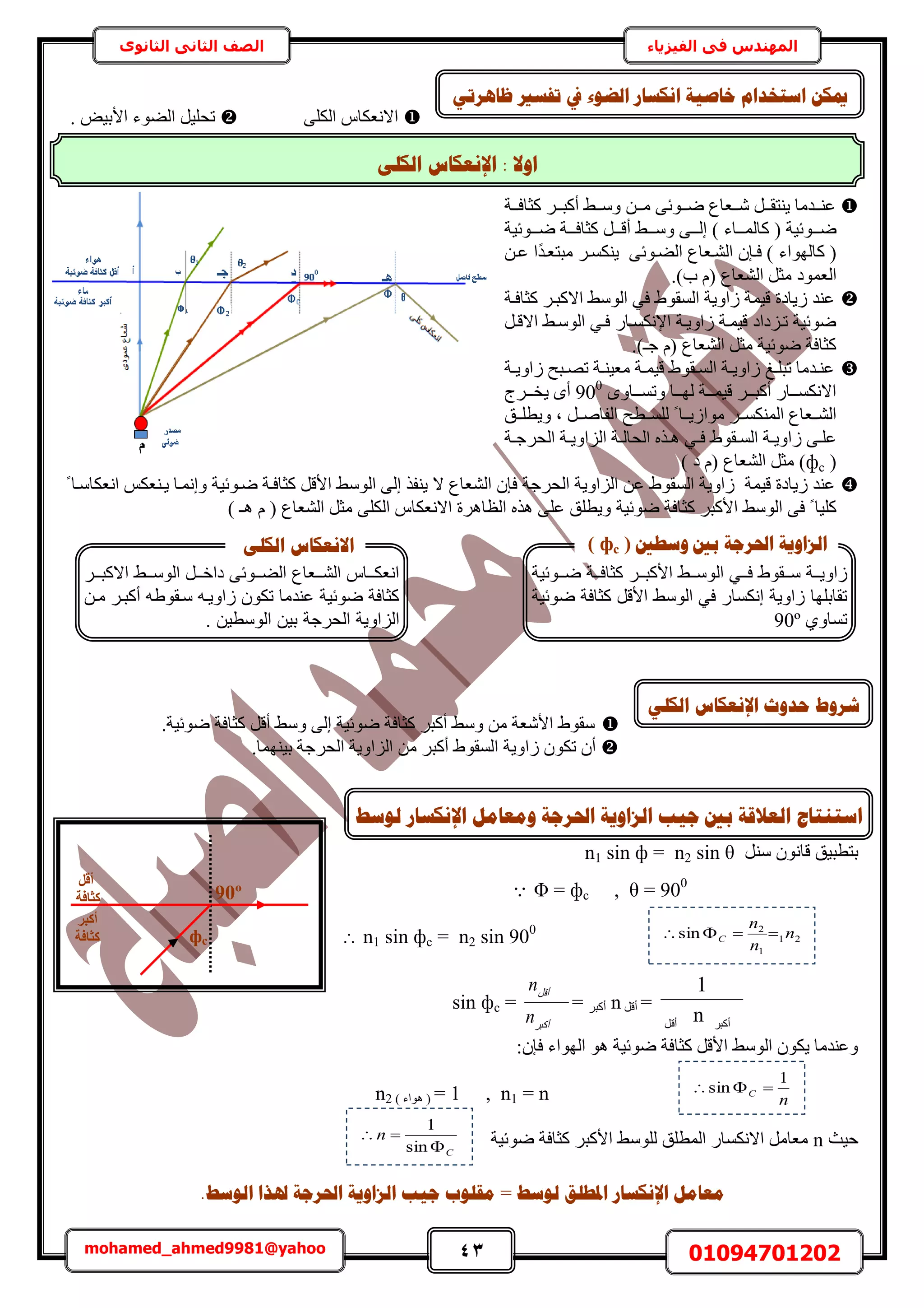 43 01094701202mohamed_ahmed9981@yahoo
‫في‬ ‫المهندس‬‫الفيزياء‬‫الثانوى‬ ‫الثاني‬ ‫الصف‬
ٗ‫انكه‬ ‫اإلَؼكبط‬ : ‫أال‬
‫نٕعؾ‬ ‫اإلَكغبس‬ ‫ٔيؼبيم‬ ‫احلشعخ‬ ‫انضأٚخ‬ ‫عٛت‬ ‫ثني‬ ‫انؼاللخ‬ ‫اعزُزبط‬
٠ٌُِ‫ح‬ ّ‫حالٗؼٌخ‬. ٞ٤‫حألر‬ ‫حُ٠ٞء‬ َ٤ِ‫طل‬
‫اايٓخ‬‫ا‬٘‫ػ‬َ‫اا‬‫ا‬‫٣٘ظو‬‫ااؼخع‬‫ا‬ٗ٠‫ااٞث‬‫ا‬ٟٖ‫اا‬‫ا‬ٓ‫ااش‬‫ا‬‫ًؼخك‬ َ‫اا‬‫ا‬‫أًز‬ ٢‫اا‬‫ا‬ٓٝ
‫ٟاااٞث٤ش‬(‫ًخُٔاااخء‬)ٞ‫ٟااا‬ ‫ًؼخكاااش‬ َ‫أهااا‬ ٢‫ٝٓااا‬ ٠‫اُااا‬‫ث٤ش‬
(‫ًخُٜٞحء‬)‫كا‬٠‫حُ٠اٞث‬ ‫حُ٘اؼخع‬ ٕ‫ب‬ً‫ي‬‫ٓزظؼا‬ َ‫٣ٌ٘ٔا‬ٖ‫ػا‬ ‫ح‬
‫حُؼٔٞى‬.)‫د‬ ّ( ‫حُ٘ؼخع‬ َ‫ٓؼ‬
‫ًؼخكاش‬ َ‫حالًزا‬ ٢ُٓٞ‫ح‬ ٢‫ك‬ ١ٞ‫حُٔو‬ ‫ُحٝ٣ش‬ ‫ه٤ٔش‬ ‫ُ٣خىس‬ ‫ػ٘ي‬
َ‫حالها‬ ٢‫حُٞٓا‬ ٢‫كا‬ ٍ‫حإلٌٗٔاخ‬ ‫ُحٝ٣اش‬ ‫ه٤ٔاش‬ ‫طاِىحى‬ ‫ٟٞث٤ش‬
.)‫ؿـ‬ ّ( ‫حُ٘ؼخع‬ َ‫ٓؼ‬ ‫ٟٞث٤ش‬ ‫ًؼخكش‬
‫اؾ‬‫ا‬ِ‫طز‬ ‫ايٓخ‬‫ا‬٘‫ػ‬‫اش‬‫ا‬٘٤‫ٓؼ‬ ‫اش‬‫ا‬ٔ٤‫ه‬ ١ٞ‫او‬‫ا‬ُٔ‫ح‬ ‫اش‬‫ا‬٣ٝ‫ُح‬‫ا‬‫ا‬ٜ‫ط‬‫اش‬‫ا‬٣ٝ‫ُح‬ ‫زق‬
ٟٝ‫ٝطٔاااخ‬ ‫ااخ‬‫ا‬ُٜ ‫ه٤ٔاااش‬ َ‫أًزااا‬ ٍ‫ااخ‬‫ا‬ٌٔٗ‫حال‬900
‫٣واااَؽ‬ ٟ‫أ‬
‫ٝ٣طِاان‬ ‫ز‬ َ‫حُلخٛاا‬ ‫ُِٔااطق‬ ً ‫ٓٞحُ٣ااخ‬ َ‫حٌُٔ٘ٔاا‬ ‫حُ٘ااؼخع‬
‫اش‬‫ا‬ُ‫حُلخ‬ ٌٙ‫ا‬‫ا‬ٛ ٢‫ا‬‫ا‬‫ك‬ ١ٞ‫او‬‫ا‬ُٔ‫ح‬ ‫اش‬‫ا‬٣ٝ‫ُح‬ ٠‫ا‬‫ا‬ِ‫ػ‬‫ا‬‫ا‬٣ٝ‫حُِح‬‫ش‬‫اش‬‫ا‬‫حُلَؿ‬
(фc)) ‫ى‬ ّ( ‫حُ٘ؼخع‬ َ‫ٓؼ‬
‫حُ٘ؼخع‬ ٕ‫كب‬ ‫حُلَؿش‬ ‫حُِحٝ٣ش‬ ٖ‫ػ‬ ١ٞ‫حُٔو‬ ‫ُحٝ٣ش‬ ‫ه٤ٔش‬ ‫ُ٣خىس‬ ‫ػ٘ي‬َ‫حأله‬ ٢ُٓٞ‫ح‬ ٠ُ‫ا‬ ٌ‫٣٘ل‬ ‫ال‬‫ٟاٞث٤ش‬ ‫ًؼخكاش‬ً ‫حٗؼٌخٓاخ‬ ٌْ‫٣ا٘ؼ‬ ‫ٝاٗٔاخ‬
٠‫ك‬ ً ‫ًِ٤خ‬‫ٟٞث٤ش‬ ‫ًؼخكش‬ َ‫حألًز‬ ٢ُٓٞ‫ح‬٠ٌُِ‫ح‬ ّ‫حالٗؼٌخ‬ ‫حُظخَٛس‬ ٌٙٛ ٠ِ‫ػ‬ ‫ٝ٣طِن‬) ‫ٛـ‬ ّ ( ‫حُ٘ؼخع‬ َ‫ٓؼ‬
.‫ٟٞث٤ش‬ ‫ًؼخكش‬ َ‫أه‬ ٢ٓٝ ٠ُ‫ا‬ ‫ٟٞث٤ش‬ ‫ًؼخكش‬ َ‫أًز‬ ٢ٓٝ ٖٓ ‫حألٗؼش‬ ١ٞ‫ٓو‬
‫ُحٝ٣ش‬ ٌٕٞ‫ط‬ ٕ‫أ‬.‫ر٤ٜ٘ٔخ‬ ‫حُلَؿش‬ ‫حُِحٝ٣ش‬ ٖٓ َ‫أًز‬ ١ٞ‫حُٔو‬
n1 sin ф = n2 sin θ َ٘ٓ ٕٞٗ‫هخ‬ ‫رظطز٤ن‬
 Φ = фc , θ = 900
 n1 sin фc = n2 sin 900
sin фc =
َ‫أًز‬
َ‫أه‬
n
n
= َ‫أًز‬ n َ‫أه‬ =
َ‫أًز‬َ‫أه‬
n
1
:ٕ‫كب‬ ‫حُٜٞحء‬ ٞٛ ‫ٟٞث٤ش‬ ‫ًؼخكش‬ َ‫حأله‬ ٢ُٓٞ‫ح‬ ٌٕٞ٣ ‫ٝػ٘يٓخ‬
n2 ) ‫ٛٞحء‬ ) = 1 , n1 = n
‫ٟٞث٤ش‬ ‫ًؼخكش‬ َ‫حألًز‬ ٢ُِٓٞ ‫حُٔطِن‬ ٍ‫حالٌٗٔخ‬ َٓ‫ٓؼخ‬ n ‫ك٤غ‬
‫نٕعؾ‬ ‫ادلـهك‬ ‫اإلَكغبس‬ ‫يؼبيم‬=.‫انٕعؾ‬ ‫ذلزا‬ ‫احلشعخ‬ ‫انضأٚخ‬ ‫عٛت‬ ‫يمهٕة‬
َ‫أه‬
‫ًضبكخ‬ 90º
‫أًجش‬
‫ًضبكخ‬ фc
‫ممة‬‫م‬‫اوي‬‫ال‬ ‫ممي‬‫م‬‫ف‬ ‫ممقوط‬‫م‬‫س‬‫مموئية‬‫م‬‫ض‬ ‫ممة‬‫م‬‫كماف‬ ‫ممر‬‫م‬ ‫الك‬ ‫ممط‬‫م‬‫وس‬
‫ضوئية‬ ‫كمافة‬ ‫الىل‬ ‫الوسط‬ ‫في‬ ‫هنكسار‬ ‫اوية‬ ‫لها‬ ‫تقا‬
‫تساو‬90º
ٔ‫انضا‬‫ثني‬ ‫احلشعخ‬ ‫ٚخ‬‫ٔعـ‬‫ني‬(фc)
‫ممر‬‫م‬ ‫االك‬ ‫ممط‬‫م‬‫الوس‬ ‫ممل‬‫م‬‫داخ‬ ‫مموئ‬‫م‬‫الض‬ ‫ممعاع‬‫م‬‫الش‬ ‫مماس‬‫م‬‫انعك‬
‫مم‬ ‫مر‬ ‫صك‬ ‫سمقوطا‬ ‫اويما‬ ‫تكو‬ ‫عندما‬ ‫ضوئية‬ ‫كمافة‬
‫الوسطي‬ ‫ي‬ ‫الحرجة‬ ‫اوية‬ ‫ال‬.
ٗ‫انكه‬ ‫االَؼكبط‬
‫اإل‬ ‫ؽذٔس‬ ‫ششٔؽ‬ٙ‫انكه‬ ‫َؼكبط‬
ٙ‫ظبْشر‬ ‫رفغري‬ ‫يف‬ ‫انؼٕء‬ ‫اَكغبس‬ ‫خبطٛخ‬ ‫اعزخذاو‬ ٍ‫ميك‬
21
1
2
sin n
n
n
C 
n
C
1
sin 
C
n


sin
1
 