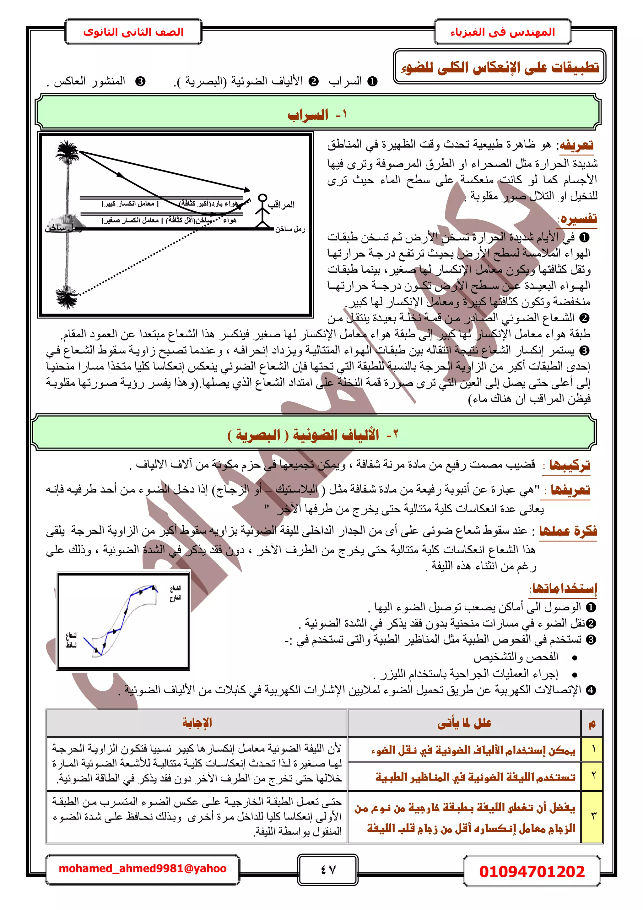 47 01094701202mohamed_ahmed9981@yahoo
‫في‬ ‫المهندس‬‫الفيزياء‬‫الثانوى‬ ‫الثاني‬ ‫الصف‬
1-‫انغشاة‬
2-‫انؼٕئٛخ‬ ‫األنٛبف‬(‫انجظشٚخ‬)
‫حَُٔحد‬.) ‫(حُزَٜ٣ش‬ ‫حُ٠ٞث٤ش‬ ‫حألُ٤خف‬. ًْ‫حُؼخ‬ ٍُٞ٘٘ٔ‫ح‬
ّ‫رؼشٚف‬:‫ظخَٛس‬ ٞٛ‫حُظٜ٤َس‬ ‫ٝهض‬ ‫طليع‬ ‫١ز٤ؼ٤ش‬٢‫ك‬‫حُٔ٘خ١ن‬
٣‫ٗي‬ٝ‫ح‬ ‫حُٜلَحء‬ َ‫ٓؼ‬ ‫حُلَحٍس‬ ‫يس‬‫حَُٔٛٞكش‬ ‫حُطَم‬‫ك٤ٜخ‬ َٟ‫ٝط‬
‫حُٔخء‬ ‫ٓطق‬ ٠ِ‫ػ‬ ‫ٓ٘ؼٌٔش‬ ‫ًخٗض‬ ُٞ ‫ًٔخ‬ ّ‫حألؿٔخ‬َٟ‫ط‬ ‫ك٤غ‬
َ٤‫ُِ٘و‬ٍ‫حُظال‬ ٝ‫ح‬‫ٓوِٞرش‬ ٍٞٛ.
ِ‫رفغري‬:
‫١زواخص‬ ٖ‫طٔاو‬ ْ‫ػا‬ ٍٝ‫حأل‬ ٖ‫طٔاو‬ ‫حُلَحٍس‬ ‫ٗي٣يس‬ ّ‫حأل٣خ‬ ٢‫ك‬
‫كَحٍطٜاخ‬ ‫ىٍؿاش‬ ‫طَطلاغ‬ ‫رل٤اغ‬ ٍٝ‫حأل‬ ‫ُٔطق‬ ‫حُٔالٓٔش‬ ‫حُٜٞحء‬
ٌ٣ٝ ‫ًؼخكظٜخ‬ َ‫ٝطو‬‫١زواخص‬ ‫ر٤٘ٔخ‬ ‫ٛـ٤َز‬ ‫ُٜخ‬ ٍ‫حإلٌٗٔخ‬ َٓ‫ٓؼخ‬ ٕٞ
‫ااخ‬‫ا‬ٜ‫كَحٍط‬ ‫ااش‬‫ا‬‫ىٍؿ‬ ٕٞ‫اا‬‫ا‬ٌ‫ط‬ ٍٝ‫حأل‬ ‫ااطق‬‫ا‬ٓ ٖ‫اا‬‫ا‬‫ػ‬ ‫اايس‬‫ا‬٤‫حُزؼ‬ ‫ااٞحء‬‫ا‬ُٜ‫ح‬
.َ٤‫ًز‬ ‫ُٜخ‬ ٍ‫حإلٌٗٔخ‬ َٓ‫ٝٓؼخ‬ ‫ًز٤َس‬ ‫ًؼخكظٜخ‬ ٌٕٞ‫ٝط‬ ‫ٓ٘ول٠ش‬
ٖ‫ا‬‫ا‬ٓ َ‫ا‬‫ا‬‫٣٘ظو‬ ‫ايس‬‫ا‬٤‫رؼ‬ ‫اش‬‫ا‬ِ‫ٗو‬ ‫اش‬‫ا‬ٔ‫ه‬ ٖ‫ا‬‫ا‬ٓ ٍ‫اخى‬‫ا‬ُٜ‫ح‬ ٢‫اٞث‬‫ا‬٠ُ‫ح‬ ‫اؼخع‬‫ا‬ُ٘‫ح‬
‫ُٜخ‬ ٍ‫حإلٌٗٔخ‬ َٓ‫ٓؼخ‬ ‫ٛٞحء‬ ‫١زوش‬ ٠ُ‫ا‬ َ٤‫ًز‬ ‫ُٜخ‬ ٍ‫حإلٌٗٔخ‬ َٓ‫ٓؼخ‬ ‫ٛٞحء‬ ‫١زوش‬.ّ‫حُٔوخ‬ ‫حُؼٔٞى‬ ٖ‫ػ‬ ‫ٓزظؼيح‬ ‫حُ٘ؼخع‬ ‫ٌٛح‬ ٌَٔ٘٤‫ك‬ َ٤‫ٛـ‬
٢‫كا‬ ‫حُ٘اؼخع‬ ١ٞ‫ٓاو‬ ‫ُحٝ٣اش‬ ‫طٜازق‬ ‫ٝػ٘ايٓخ‬ ‫ز‬ ٚ‫اٗلَحكا‬ ‫ٝ٣اِىحى‬ ‫حُٔظظخُ٤اش‬ ‫حُٜاٞحء‬ ‫١زواخص‬ ٖ٤‫ر‬ ُٚ‫حٗظوخ‬ ‫ٗظ٤ـش‬ ‫حُ٘ؼخع‬ ٍ‫اٌٗٔخ‬ َٔ‫٣ٔظ‬
‫اٗؼٌخٓخ‬ ٌْ‫٣٘ؼ‬ ٢‫حُ٠ٞث‬ ‫حُ٘ؼخع‬ ٕ‫كب‬ ‫طلظٜخ‬ ٢‫حُظ‬ ‫ُِطزوش‬ ‫رخُ٘ٔزش‬ ‫حُلَؿش‬ ‫حُِحٝ٣ش‬ ٖٓ َ‫أًز‬ ‫حُطزوخص‬ ٟ‫اكي‬‫ٓ٘ل٘٤اخ‬ ‫ٓٔخٍح‬ ‫ٓظوٌح‬ ‫ًِ٤خ‬
.‫٣ِٜٜخ‬ ١ٌُ‫ح‬ ‫حُ٘ؼخع‬ ‫حٓظيحى‬ ٠ِ‫ػ‬ ‫حُ٘وِش‬ ‫هٔش‬ ‫ٍٛٞس‬ َٟ‫ط‬ ٢‫حُظ‬ ٖ٤‫حُؼ‬ ٠ُ‫ا‬ َٜ٣ ٠‫كظ‬ ٠ِ‫أػ‬ ٠ُ‫ا‬‫ٓوِٞراش‬ ‫ٛاٍٞطٜخ‬ ‫ٍإ٣اش‬ َ‫٣لٔا‬ ‫(ٌٝٛح‬
)‫ٓخء‬ ‫ٛ٘خى‬ ٕ‫أ‬ ‫حَُٔحهذ‬ ٖ‫ك٤ظ‬
: ‫رشكٛجٓب‬ٌٖٔ٣ٝ ‫ز‬ ‫ٗلخكش‬ ‫َٓٗش‬ ‫ٓخىس‬ ٖٓ ‫ٍك٤غ‬ ‫ٜٓٔض‬ ‫ه٠٤ذ‬‫آال‬ ٖٓ ‫ٌٓٞٗش‬ ِّ‫ك‬ ٠‫ك‬ ‫طـٔ٤ؼٜخ‬. ‫حالُ٤خف‬ ‫ف‬
‫ر‬‫ؼشٚفٓب‬:‫حُزالٓاظ٤ي‬ ( َ‫ٓؼا‬ ‫ٗالخكش‬ ‫ٓخىس‬ ٖٓ ‫ٍك٤ؼش‬ ‫أٗزٞرش‬ ٖ‫ػ‬ ‫ػزخٍس‬ ٢ٛ"–)‫حُِؿاخؽ‬ ٝ‫أ‬ٚ‫كبٗا‬ ٚ‫١َك٤ا‬ ‫أكاي‬ ٖ‫ٓا‬ ‫حُ٠اٞء‬ َ‫ىها‬ ‫اًح‬
َ‫ح٥ه‬ ‫١َكٜخ‬ ٖٓ ‫٣وَؽ‬ ٠‫كظ‬ ‫ٓظظخُ٤ش‬ ‫ًِ٤ش‬ ‫حٗؼٌخٓخص‬ ‫ػيس‬ ٠ٗ‫٣ؼخ‬"
‫فكشح‬‫ػًهٓب‬١ٞ‫ٓو‬ ٚ٣ٝ‫رِح‬ ‫حُ٠ٞث٤ش‬ ‫ُِ٤لش‬ ٠ِ‫حُيحه‬ ٍ‫حُـيح‬ ٖٓ ٟ‫أ‬ ٠ِ‫ػ‬ ٠‫ٟٞث‬ ‫ٗؼخع‬ ١ٞ‫ٓو‬ ‫ػ٘ي‬ :‫أًز‬‫حُلَؿش‬ ‫حُِحٝ٣ش‬ ٖٓ َ٠‫٣ِو‬
‫حُ٘ؼخع‬ ‫ٌٛح‬‫ٓظظخُ٤ش‬ ‫ًِ٤ش‬ ‫حٗؼٌخٓخص‬‫ز‬ َ‫ح٥ه‬ ‫حُطَف‬ ٖٓ ‫٣وَؽ‬ ٠‫كظ‬٠ِ‫ػ‬ ‫ًُٝي‬ ‫ز‬ ‫حُ٠ٞث٤ش‬ ‫حُ٘يس‬ ٢‫ك‬ ًٌَ٣ ‫كوي‬ ٕٝ‫ى‬
. ‫حُِ٤لش‬ ٌٙٛ ‫حٗؼ٘خء‬ ٖٓ ْ‫ٍؿ‬
:‫ئعزخذايبرٓب‬
. ‫حُ٤ٜخ‬ ‫حُ٠ٞء‬ َ٤ٛٞ‫ط‬ ‫٣ٜؼذ‬ ًٖ‫أٓخ‬ ٠ُ‫ح‬ ٍُٞٛٞ‫ح‬
٢‫ك‬ ًٌَ٣ ‫كوي‬ ٕٝ‫ري‬ ‫ٓ٘ل٘٤ش‬ ‫ٓٔخٍحص‬ ٢‫ك‬ ‫حُ٠ٞء‬ َ‫ٗو‬. ‫حُ٠ٞث٤ش‬ ‫حُ٘يس‬
‫حُطز٤ش‬ َ٤‫حُٔ٘خظ‬ َ‫ٓؼ‬ ‫حُطز٤ش‬ ٙٞ‫حُلل‬ ٢‫ك‬ ّ‫طٔظوي‬: ٢‫ك‬ ّ‫طٔظوي‬ ٠‫ٝحُظ‬-
ٚ٤‫ٝحُظ٘و‬ ٚ‫حُلل‬
. ٍِ٤ُِ‫ح‬ ّ‫رخٓظويح‬ ‫حُـَحك٤ش‬ ‫حُؼِٔ٤خص‬ ‫اؿَحء‬
‫حإلطٜخالص‬. ‫حُ٠ٞث٤ش‬ ‫حألُ٤خف‬ ٖٓ ‫ًخرالص‬ ٢‫ك‬ ‫حٌَُٜر٤ش‬ ‫حإلٗخٍحص‬ ٖ٤٣‫ُٔال‬ ‫حُ٠ٞء‬ َ٤ٔ‫طل‬ ‫١َ٣ن‬ ٖ‫ػ‬ ‫حٌَُٜر٤ش‬
‫و‬ٗ‫ٚأر‬ ‫دلب‬ ‫ػهم‬‫اإلعبثخ‬
1‫غطصنػإدتخدامػاألضغافػاضضوئغظػسيػظػلػاضضوءػ‬‫ػ‬‫حُلَؿاش‬ ‫حُِحٝ٣اش‬ ٕٞ‫كظٌا‬ ‫ٗٔاز٤خ‬ َ‫ًز٤ا‬ ‫اٌٗٔاخٍٛخ‬ َ‫ٓؼخٓا‬ ‫حُ٠ٞث٤ش‬ ‫حُِ٤لش‬ ٕ‫أل‬
‫اخٍس‬‫ا‬ُٔ‫ح‬ ‫اٞث٤ش‬‫ا‬٠ُ‫ح‬ ‫اؼش‬‫ا‬ٗ‫ُأل‬ ‫اش‬‫ا‬٤ُ‫ٓظظخ‬ ‫اش‬‫ا‬٤ًِ ‫اخص‬‫ا‬ٓ‫اٗؼٌخ‬ ‫ايع‬‫ا‬‫طل‬ ‫اٌح‬‫ا‬ُ ‫اـ٤َس‬‫ا‬ٛ ‫اخ‬‫ا‬ُٜ
.‫حُ٠ٞث٤ش‬ ‫حُطخهش‬ ٢‫ك‬ ًٌَ٣ ‫كوي‬ ٕٝ‫ى‬ َ‫ح٥ه‬ ‫حُطَف‬ ٖٓ ‫طوَؽ‬ ٠‫كظ‬ ‫هالُٜخ‬ 2‫تدتخدم‬‫ػ‬‫اضضغغظػاضضوئغظػسيػاضطظاظغرػاضطبغظ‬‫ػ‬
3
‫ػ‬‫ػ‬‫ػاضضغغظػبطبػظػخارجغظػطنػظوعػطان‬ ‫غغضلػأنػتعط‬
‫اضزجاجػططاطلػإظصدارهػأشلػطنػزجاجػشضبػاضضغغظ‬‫ػ‬
‫اش‬‫ا‬‫حُطزو‬ ٖ‫ا‬‫ا‬ٓ ‫اَد‬‫ا‬ٔ‫حُٔظ‬ ‫اٞء‬‫ا‬٠ُ‫ح‬ ْ‫ا‬‫ا‬ٌ‫ػ‬ ٠‫ا‬‫ا‬ِ‫ػ‬ ‫اش‬‫ا‬٤‫حُوخٍؿ‬ ‫اش‬‫ا‬‫حُطزو‬ َ‫ا‬‫ا‬ٔ‫طؼ‬ ٠‫ا‬‫ا‬‫كظ‬
‫حُ٠اٞء‬ ‫ٗايس‬ ٠‫ػِا‬ ‫ٗلاخكع‬ ‫ٝراٌُي‬ َٟ‫أها‬ ‫ٓاَس‬ َ‫ُِيحه‬ ‫ًِ٤خ‬ ‫اٗؼٌخٓخ‬ ٠ُٝ‫حأل‬
ٞ‫ر‬ ٍٞ‫حُٔ٘و‬.‫حُِ٤لش‬ ‫حٓطش‬
]‫ًج٤ش‬ ‫اٌٗغبس‬ َٓ‫ٓؼب‬ [ )‫ًضبكخ‬ ‫ثبسد(أًجش‬ ‫ٛٞاء‬
ٖ‫عبخ‬ َٓ‫س‬
‫أُشاهت‬
]‫صـ٤ش‬ ‫اٌٗغبس‬ َٓ‫ٓؼب‬ [ )‫ًضبكخ‬ َ‫عبخٖ(أه‬ ‫ٛٞاء‬
ٖ‫عبخ‬ َٓ‫س‬
‫نهؼٕء‬ ٗ‫انكه‬ ‫اإلَؼكبط‬ ٗ‫ػه‬ ‫رـجٛمبد‬
 