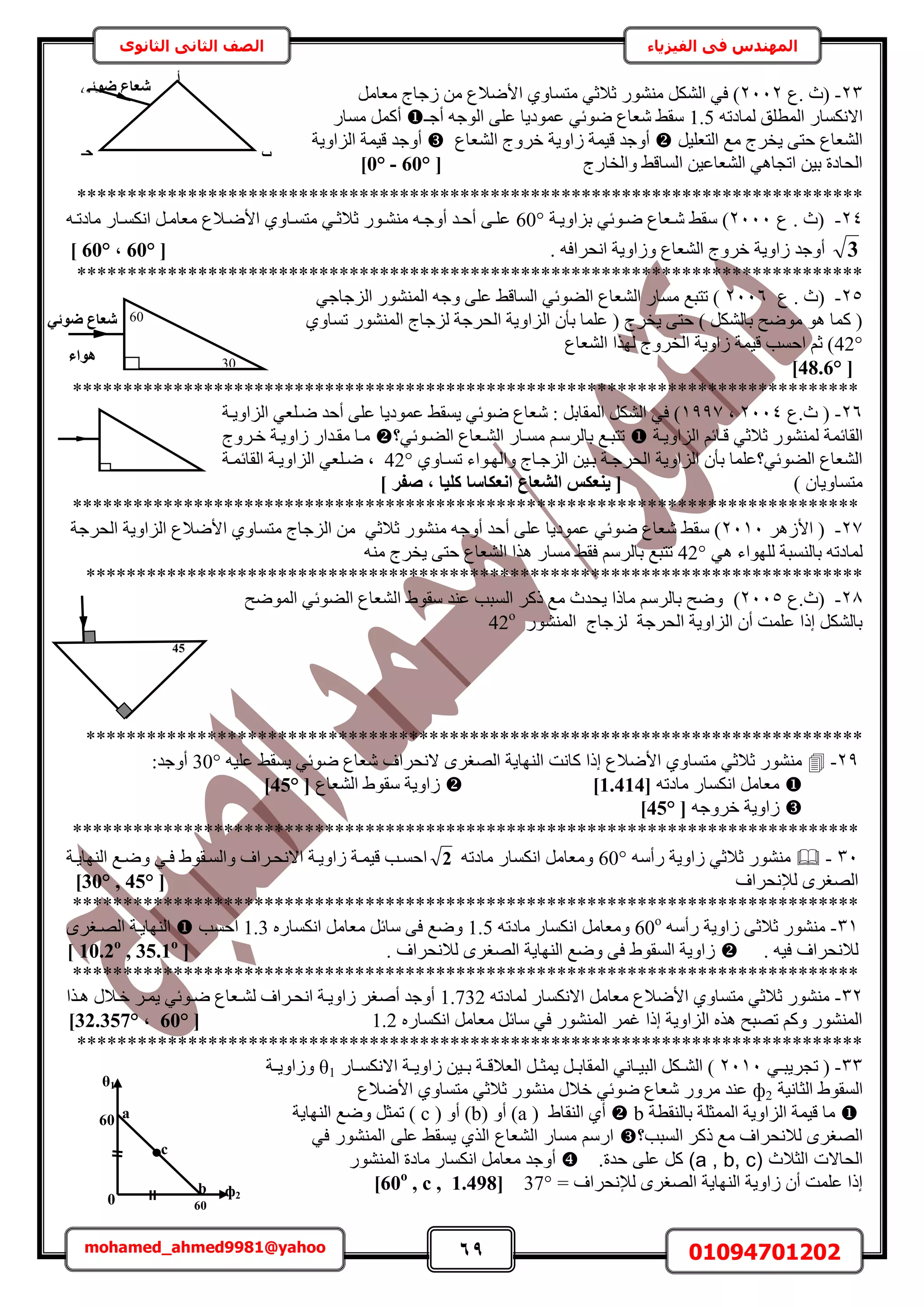 69 01094701202mohamed_ahmed9981@yahoo
‫في‬ ‫المهندس‬‫الفيزياء‬‫الثانوى‬ ‫الثاني‬ ‫الصف‬
23-‫.ع‬ ‫(ع‬2112َٓ‫ٓؼخ‬ ‫ُؿخؽ‬ ٖٓ ‫حألٟالع‬ ١ٝ‫ٓظٔخ‬ ٢‫ػالػ‬ ٍٞ٘٘ٓ ٌَُ٘‫ح‬ ٢‫ك‬ )
‫حالٌٗٔخ‬ٚ‫ُٔخىط‬ ‫حُٔطِن‬ ٍ1.5‫أؿـ‬ ٚ‫حُٞؿ‬ ٠ِ‫ػ‬ ‫ػٔٞى٣خ‬ ٢‫ٟٞث‬ ‫ٗؼخع‬ ٢‫ٓو‬ٍ‫ٓٔخ‬ ًَٔ‫أ‬
َ٤ِ‫حُظؼ‬ ‫ٓغ‬ ‫٣وَؽ‬ ٠‫كظ‬ ‫حُ٘ؼخع‬‫حُ٘ؼخع‬ ‫هَٝؽ‬ ‫ُحٝ٣ش‬ ‫ه٤ٔش‬ ‫أٝؿي‬‫حُِحٝ٣ش‬ ‫ه٤ٔش‬ ‫أٝؿي‬
‫ٝحُوخٍؽ‬ ٢‫حُٔخه‬ ٖ٤‫حُ٘ؼخػ‬ ٢ٛ‫حطـخ‬ ٖ٤‫ر‬ ‫حُلخىس‬[60°-0°]
******************************************************************************
24-‫ع‬ . ‫(ع‬2111‫رِحٝ٣اش‬ ٢‫ٟاٞث‬ ‫ٗاؼخع‬ ٢‫ٓو‬ )60°ٚ‫ٓخىطا‬ ٍ‫حٌٗٔاخ‬ َ‫ٓؼخٓا‬ ‫حألٟاالع‬ ١ٝ‫ٓظٔاخ‬ ٢‫ػالػا‬ ٍٞ‫ٓ٘٘ا‬ ٚ‫أٝؿا‬ ‫أكاي‬ ٠‫ػِا‬
3ٚ‫حٗلَحك‬ ‫ُٝحٝ٣ش‬ ‫حُ٘ؼخع‬ ‫هَٝؽ‬ ‫ُحٝ٣ش‬ ‫أٝؿي‬.[60°,60°]
******************************************************************************
25-‫ع‬ . ‫(ع‬2116٢‫حُِؿخؿ‬ ٍُٞ٘٘ٔ‫ح‬ ٚ‫ٝؿ‬ ٠ِ‫ػ‬ ٢‫حُٔخه‬ ٢‫حُ٠ٞث‬ ‫حُ٘ؼخع‬ ٍ‫ٓٔخ‬ ‫طظزغ‬ )
ٝ‫حُِح‬ ٕ‫رؤ‬ ‫ػِٔخ‬ ( ‫٣وَؽ‬ ٠‫كظ‬ ) ٌَُ٘‫رخ‬ ‫ٟٓٞق‬ ٞٛ ‫ًٔخ‬ (١ٝ‫طٔخ‬ ٍُٞ٘٘ٔ‫ح‬ ‫ُِؿخؽ‬ ‫حُلَؿش‬ ‫٣ش‬
42°‫حُ٘ؼخع‬ ‫ٌُٜح‬ ‫حُوَٝؽ‬ ‫ُحٝ٣ش‬ ‫ه٤ٔش‬ ‫حكٔذ‬ ْ‫ػ‬ )
[48.6°]
******************************************************************************
26-‫ع.ع‬ (2114‫ز‬1997‫حُِحٝ٣اش‬ ٢‫ٟاِؼ‬ ‫أكي‬ ٠ِ‫ػ‬ ‫ػٔٞى٣خ‬ ٢‫٣ٔو‬ ٢‫ٟٞث‬ ‫ٗؼخع‬ : َ‫حُٔوخر‬ ٌَُ٘‫ح‬ ٢‫ك‬ )
ٔ‫حُوخث‬‫حُِحٝ٣اش‬ ْ‫هاخث‬ ٢‫ػالػ‬ ٍُٞ٘٘ٔ ‫ش‬‫حُ٠اٞث٢؟‬ ‫حُ٘اؼخع‬ ٍ‫ٓٔاخ‬ ْ‫رخَُٓا‬ ‫طظزاغ‬‫هاَٝؽ‬ ‫ُحٝ٣اش‬ ٍ‫ٓوايح‬ ‫ٓاخ‬
١ٝ‫طٔاخ‬ ‫ٝحُٜاٞحء‬ ‫حُِؿاخؽ‬ ٖ٤‫را‬ ‫حُلَؿاش‬ ‫حُِحٝ٣ش‬ ٕ‫رؤ‬ ‫حُ٠ٞث٢؟ػِٔخ‬ ‫حُ٘ؼخع‬42°‫حُوخثٔاش‬ ‫حُِحٝ٣اش‬ ٢‫ٟاِؼ‬ ‫ز‬
) ٕ‫ٓظٔخٝ٣خ‬] ‫صلش‬ , ‫ًِ٤ب‬ ‫اٗؼٌبعب‬ ‫اُشؼبع‬ ‫٣٘ؼٌظ‬ [
******************************************************************************
27-َُٛ‫حأل‬ (2111‫حُلَؿش‬ ‫حُِحٝ٣ش‬ ‫حألٟالع‬ ١ٝ‫ٓظٔخ‬ ‫حُِؿخؽ‬ ٖٓ ٢‫ػالػ‬ ٍٞ٘٘ٓ ٚ‫أٝؿ‬ ‫أكي‬ ٠ِ‫ػ‬ ‫ػٔٞى٣خ‬ ٢‫ٟٞث‬ ‫ٗؼخع‬ ٢‫ٓو‬ )
٢ٛ ‫ُِٜٞحء‬ ‫رخُ٘ٔزش‬ ٚ‫ُٔخىط‬42°٘ٓ ‫٣وَؽ‬ ٠‫كظ‬ ‫حُ٘ؼخع‬ ‫ٌٛح‬ ٍ‫ٓٔخ‬ ٢‫كو‬ َُْٓ‫رخ‬ ‫طظزغ‬ٚ
*****************************************************************************
28-‫(ع.ع‬2115)‫حُٟٔٞق‬ ٢‫حُ٠ٞث‬ ‫حُ٘ؼخع‬ ١ٞ‫ٓو‬ ‫ػ٘ي‬ ‫حُٔزذ‬ ًًَ ‫ٓغ‬ ‫٣ليع‬ ‫ٓخًح‬ َُْٓ‫رخ‬ ‫ٟٝق‬
ٍُٞ٘٘ٔ‫ح‬ ‫ُِؿخؽ‬ ‫حُلَؿش‬ ‫حُِحٝ٣ش‬ ٕ‫أ‬ ‫ػِٔض‬ ‫اًح‬ ٌَُ٘‫رخ‬42o
*****************************************************************************
29-ٚ٤ِ‫ػ‬ ٢‫٣ٔو‬ ٢‫ٟٞث‬ ‫ٗؼخع‬ ‫الٗلَحف‬ َٟ‫حُٜـ‬ ‫حُٜ٘خ٣ش‬ ‫ًخٗض‬ ‫اًح‬ ‫حألٟالع‬ ١ٝ‫ٓظٔخ‬ ٢‫ػالػ‬ ٍٞ٘٘ٓ30°:‫أٝؿي‬
ٚ‫ٓخىط‬ ٍ‫حٌٗٔخ‬ َٓ‫ٓؼخ‬[1.414]‫حُ٘ؼخع‬ ١ٞ‫ٓو‬ ‫ُحٝ٣ش‬[45°]
ٚ‫هَٝؿ‬ ‫ُحٝ٣ش‬[45°]
******************************************************************************
31-ٚٓ‫ٍأ‬ ‫ُحٝ٣ش‬ ٢‫ػالػ‬ ٍٞ٘٘ٓ60°ٚ‫ٓخىط‬ ٍ‫حٌٗٔخ‬ َٓ‫ٝٓؼخ‬2‫حُٜ٘خ٣اش‬ ‫ٟٝاغ‬ ٢‫كا‬ ١ٞ‫ٝحُٔاو‬ ‫حالٗلاَحف‬ ‫ُحٝ٣اش‬ ‫ه٤ٔاش‬ ‫حكٔاذ‬
‫ُإلٗلَحف‬ َٟ‫حُٜـ‬[30° , 45°]
******************************************************************************
31-ٚٓ‫ٍأ‬ ‫ُحٝ٣ش‬ ٠‫ػالػ‬ ٍٞ٘٘ٓ60o
ٚ‫ٓخىط‬ ٍ‫حٌٗٔخ‬ َٓ‫ٝٓؼخ‬1.5ٍٙ‫حٌٗٔخ‬ َٓ‫ٓؼخ‬ َ‫ٓخث‬ ٠‫ك‬ ‫ٟٝغ‬1.3‫حكٔذ‬‫حُٜا‬ ‫حُٜ٘خ٣اش‬َٟ‫ـ‬
. ٚ٤‫ك‬ ‫ُالٗلَحف‬. ‫ُالٗلَحف‬ َٟ‫حُٜـ‬ ‫حُٜ٘خ٣ش‬ ‫ٟٝغ‬ ٠‫ك‬ ١ٞ‫حُٔو‬ ‫ُحٝ٣ش‬[10.2o
, 35.1o
]
******************************************************************************
32-ٍ‫حالٌٗٔخ‬ َٓ‫ٓؼخ‬ ‫حألٟالع‬ ١ٝ‫ٓظٔخ‬ ٢‫ػالػ‬ ٍٞ٘٘ٓٚ‫ُٔخىط‬1.732‫ٛاٌح‬ ٍ‫هاال‬ َ‫٣ٔا‬ ٢‫ٟاٞث‬ ‫ُ٘اؼخع‬ ‫حٗلاَحف‬ ‫ُحٝ٣اش‬ َ‫أٛـ‬ ‫أٝؿي‬
ٍٙ‫حٌٗٔخ‬ َٓ‫ٓؼخ‬ َ‫ٓخث‬ ٢‫ك‬ ٍُٞ٘٘ٔ‫ح‬ َٔ‫ؿ‬ ‫اًح‬ ‫حُِحٝ٣ش‬ ٌٙٛ ‫طٜزق‬ ًْٝ ٍُٞ٘٘ٔ‫ح‬1.2[60°,32.357°]
******************************************************************************
33-٢‫ا‬‫ا‬‫طـَ٣ز‬ (2111ٍ‫اخ‬‫ا‬ٌٔٗ‫حال‬ ‫اش‬‫ا‬٣ٝ‫ُح‬ ٖ٤‫ا‬‫ا‬‫ر‬ ‫اش‬‫ا‬‫حُؼاله‬ َ‫ا‬‫ا‬‫٣ٔؼ‬ َ‫ا‬‫ا‬‫حُٔوخر‬ ٢ٗ‫اخ‬‫ا‬٤‫حُز‬ ٌَ‫ا‬‫ا‬ُ٘‫ح‬ )θ1‫اش‬‫ا‬٣ٝ‫ُٝح‬
‫حُؼخٗ٤ش‬ ١ٞ‫حُٔو‬ф2‫حألٟالع‬ ١ٝ‫ٓظٔخ‬ ٢‫ػالػ‬ ٍٞ٘٘ٓ ٍ‫هال‬ ٢‫ٟٞث‬ ‫ٗؼخع‬ ٍَٝٓ ‫ػ٘ي‬
‫رخُ٘وطش‬ ‫حُٔٔؼِش‬ ‫حُِحٝ٣ش‬ ‫ه٤ٔش‬ ‫ٓخ‬b( ١‫حُ٘وخ‬ ١‫أ‬a( ٝ‫أ‬ )b( ٝ‫أ‬ )c‫حُٜ٘خ٣ش‬ ‫ٟٝغ‬ َ‫طٔؼ‬ )
َٟ‫حُٜـ‬‫حُٔزذ؟‬ ًًَ ‫ٓغ‬ ‫ُالٗلَحف‬‫في‬ ‫المنشور‬ ‫عل‬ ‫يسقط‬ ‫اله‬ ‫الشعاع‬ ‫مسار‬ ‫ارس‬
( ‫المالث‬ ‫الحاالت‬a , b, c.‫حدة‬ ‫عل‬ ‫كل‬ )ٍُٞ٘٘ٔ‫ح‬ ‫ٓخىس‬ ٍ‫حٌٗٔخ‬ َٓ‫ٓؼخ‬ ‫أٝؿي‬
= ‫ُإلٗلَحف‬ َٟ‫حُٜـ‬ ‫حُٜ٘خ٣ش‬ ‫ُحٝ٣ش‬ ٕ‫أ‬ ‫ػِٔض‬ ‫اًح‬37°[60o
, c , 1.498]
45
٢‫ضٞئ‬ ‫شؼبع‬ 60
30‫ٛٞاء‬
‫ة‬
‫أ‬
‫عـ‬
٢‫ضٞئ‬ ‫شؼبع‬
c
60
θ1
ф2
60
0
b
a
 