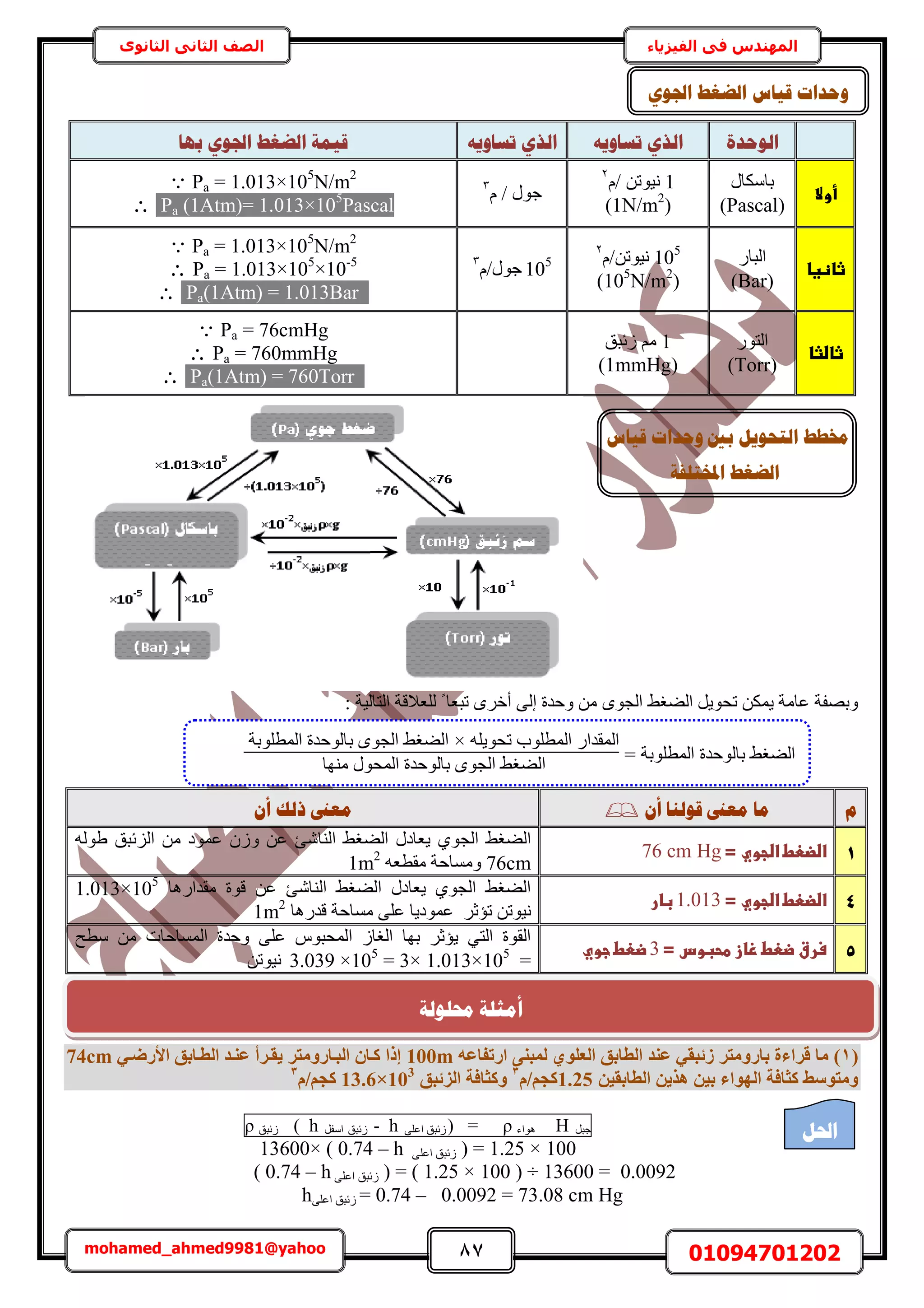87 01094701202mohamed_ahmed9981@yahoo
‫في‬ ‫المهندس‬‫الفيزياء‬‫الثانوى‬ ‫الثاني‬ ‫الصف‬
‫انٕؽذح‬ّٚٔ‫رغب‬ ٘‫انز‬ّٚٔ‫رغب‬ ٘‫انز‬‫ثٓب‬ ٕ٘‫اجل‬ ‫انؼغؾ‬ ‫لًٛخ‬
‫أوال‬
ٍ‫رخٌٓخ‬
(Pascal)
1ّ/ ٖ‫ٗ٤ٞط‬2
(1N/m2
)
ّ / ٍٞ‫ؿ‬3 Pa = 1.013×105
N/m2
 Pa (1Atm)= 1.013×105
Pascal
‫ثاظغا‬
ٍ‫حُزخ‬
(Bar)
105
ّ/ٖ‫ٗ٤ٞط‬2
((105
N/m2105
ّ/ٍٞ‫ؿ‬3
 Pa = 1.013×105
N/m2
 Pa = 1.013×105
×10-5
 Pa(1Atm) = 1.013Bar1
‫ثاضثا‬
ٍٞ‫حُظ‬
(Torr)
1‫ُثزن‬ ْٓ
(1mmHg)
 Pa = 76cmHg
 Pa = 760mmHg
 Pa(1Atm) = 760Torr1
: ‫حُظخُ٤ش‬ ‫ُِؼالهش‬ ً ‫طزؼخ‬ َٟ‫أه‬ ٠ُ‫ا‬ ‫ٝكيس‬ ٖٓ ٟٞ‫حُـ‬ ٢‫حُ٠ـ‬ َ٣ٞ‫طل‬ ٌٖٔ٣ ‫ػخٓش‬ ‫ٝرٜلش‬
‫و‬ٌ‫أ‬ ‫لٕنُب‬ ‫يؼىن‬ ‫يب‬ٌ‫أ‬ ‫رنك‬ ‫يؼىن‬
1‫اضضعطػاضجويػ=ػ‬76 cm Hg‫ػ‬
‫حُ٘خ‬ ٢‫حُ٠ـ‬ ٍ‫٣ؼخى‬ ١ٞ‫حُـ‬ ٢‫حُ٠ـ‬ُٚٞ١ ‫حُِثزن‬ ٖٓ ‫ػٔٞى‬ ُٕٝ ٖ‫ػ‬ ‫ٗت‬
76cmٚ‫ٓوطؼ‬ ‫ٝٓٔخكش‬1m2
4‫اضضعطػاضجويػ=ػ‬1.013‫ػ‬‫بار‬‫ػ‬
‫ٓويحٍٛخ‬ ‫هٞس‬ ٖ‫ػ‬ ‫حُ٘خٗت‬ ٢‫حُ٠ـ‬ ٍ‫٣ؼخى‬ ١ٞ‫حُـ‬ ٢‫حُ٠ـ‬1.013×105
‫هيٍٛخ‬ ‫ٓٔخكش‬ ٠ِ‫ػ‬ ‫ػٔٞى٣خ‬ َ‫طئػ‬ ٖ‫ٗ٤ٞط‬1m2
5‫سرقػ‬‫ضعطػزازػطحبوسػ=ػ‬3‫ػ‬‫ضعطػجوي‬‫ػ‬
‫حُٔٔخك‬ ‫ٝكيس‬ ٠ِ‫ػ‬ ّٞ‫حُٔلز‬ ُ‫حُـخ‬ ‫رٜخ‬ َ‫٣ئػ‬ ٢‫حُظ‬ ‫حُوٞس‬‫ٓطق‬ ٖٓ ‫خص‬
=3× 1.013×105
=3.039 ×105
ٖ‫ٗ٤ٞط‬
(1)ٚ‫اسرلبػ‬ ٠٘‫ُٔج‬ ١ِٞ‫اُؼ‬ ‫اُطبثن‬ ‫ػ٘ذ‬ ٢‫صئجو‬ ‫ثبسٝٓزش‬ ‫هشاءح‬ ‫ٓب‬100m٢‫األسضإ‬ ‫اُطإبثن‬ ‫ػ٘إذ‬ ‫٣وإشأ‬ ‫اُجإبسٝٓزش‬ ٕ‫ًإب‬ ‫إرا‬74cm
ٖ٤‫اُطبثو‬ ٖ٣‫ٛز‬ ٖ٤‫ث‬ ‫اُٜٞاء‬ ‫ًضبكخ‬ ‫ٝٓزٞعظ‬1.25ّ/ْ‫ًغ‬3
‫اُضئجن‬ ‫ًٝضبكخ‬13.6×103
ّ/ْ‫ًغ‬3
َ‫ؿز‬H‫ٛٞحء‬ρ=)‫ُثزن‬٠ِ‫حػ‬h-‫ُثزن‬َ‫حٓل‬h(‫ُثزن‬ρ
1.25 × 100( =٠ِ‫حػ‬ ‫ُثزن‬13600× ( 0.74 – h
0.0092= ( 1.25 × 100 ) ÷ 13600 =(٠ِ‫حػ‬ ‫ُثزن‬( 0.74 – h
0.0092 = 73.08 cm Hg= 0.74 –٠ِ‫حػ‬ ‫ُثزن‬h
‫لٛبط‬ ‫ٔؽذاد‬ ‫ثني‬ ‫انزؾٕٚم‬ ‫خمـؾ‬
‫ادلخزهفخ‬ ‫انؼغؾ‬
ٕ٘‫اجل‬ ‫انؼغؾ‬ ‫لٛبط‬ ‫ٔؽذاد‬
‫احلم‬
‫حمهٕنخ‬ ‫أيضهخ‬
ِ‫حُٔط‬ ‫رخُٞكيس‬ ٢‫حُ٠ـ‬= ‫ٞرش‬
ِٚ٣ٞ‫طل‬ ‫حُٔطِٞد‬ ٍ‫حُٔويح‬×‫حُٔطِٞرش‬ ‫رخُٞكيس‬ ٟٞ‫حُـ‬ ٢‫حُ٠ـ‬
‫ٜٓ٘خ‬ ٍٞ‫حُٔل‬ ‫رخُٞكيس‬ ٟٞ‫حُـ‬ ٢‫حُ٠ـ‬
 
