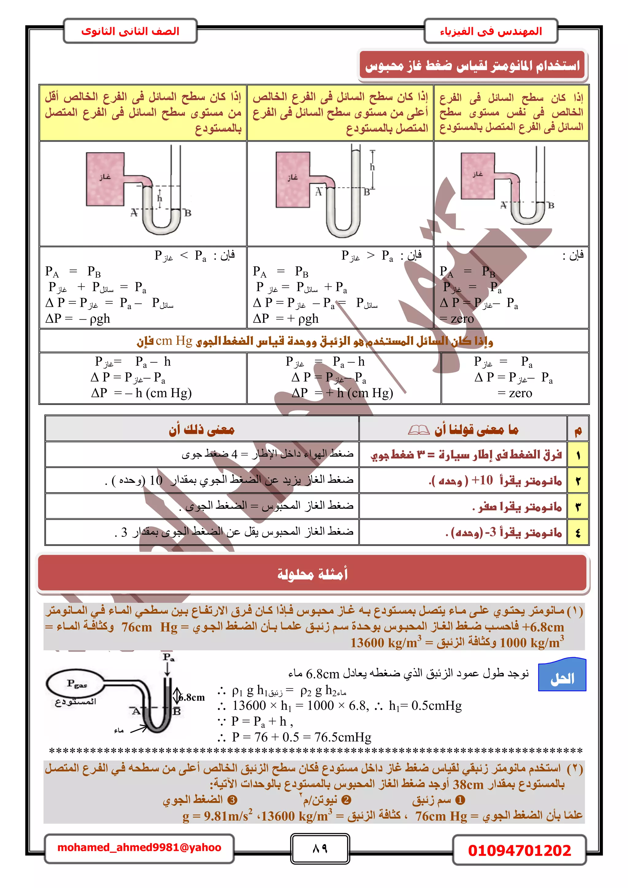 89 01094701202mohamed_ahmed9981@yahoo
‫في‬ ‫المهندس‬‫الفيزياء‬‫الثانوى‬ ‫الثاني‬ ‫الصف‬
‫اُلشع‬ ٠‫ك‬ َ‫اُغبئ‬ ‫عطؼ‬ ٕ‫ًب‬ ‫إرا‬
‫عطؼ‬ ٟٞ‫ٓغز‬ ‫ٗلظ‬ ٠‫ك‬ ‫اُخبُص‬
ُٔ‫ا‬ ‫اُلشع‬ ٠‫ك‬ َ‫اُغبئ‬‫ثبُٔغزٞدع‬ َ‫زص‬
‫اُخبُص‬ ‫اُلشع‬ ٠‫ك‬ َ‫اُغبئ‬ ‫عطؼ‬ ٕ‫ًب‬ ‫إرا‬
‫اُلشع‬ ٠‫ك‬ َ‫اُغبئ‬ ‫عطؼ‬ ٟٞ‫ٓغز‬ ٖٓ ٠ِ‫أػ‬
‫ثبُٔغزٞدع‬ َ‫أُزص‬
َ‫أه‬ ‫اُخبُص‬ ‫اُلشع‬ ٠‫ك‬ َ‫اُغبئ‬ ‫عطؼ‬ ٕ‫ًب‬ ‫إرا‬
َ‫أُزص‬ ‫اُلشع‬ ٠‫ك‬ َ‫اُغبئ‬ ‫عطؼ‬ ٟٞ‫ٓغز‬ ٖٓ
‫ثبُٔغزٞدع‬
: ٕ‫كب‬
PA = PB
Pa=ُ‫ؿخ‬P
– Paُ‫ؿخ‬P = PΔ
= zero
: ٕ‫كب‬Pa<ُ‫ؿخ‬P
PA = PB
+ Paَ‫ٓخث‬P=ُ‫ؿخ‬P
َ‫ٓخث‬– Pa = Pُ‫ؿخ‬P = PΔ
= + ρghPΔ
: ٕ‫كب‬Pa>ُ‫ؿخ‬P
PA = PB
= Paَ‫ٓخث‬P+ُ‫ؿخ‬P
َ‫ٓخث‬= Pa – Pُ‫ؿخ‬P=PΔ
– ρghP =Δ
‫وإذاػصانػاضدائلػاضطدتخدمػعوػاضزئبقػو‬‫وحدةػشغاسػاضضعطػاضجوىػ‬cm Hg‫ػ‬‫سإن‬
Pa=ُ‫ؿخ‬P
– Paُ‫ؿخ‬P = PΔ
= zero
Pa – h=ُ‫ؿخ‬P
– Paُ‫ؿخ‬P = PΔ
= + h (cm Hg)PΔ
Pa – h=ُ‫ؿخ‬P
– Paُ‫ؿخ‬P = PΔ
= – h (cm Hg)PΔ
‫و‬ٌ‫أ‬ ‫لٕنُب‬ ‫يؼىن‬ ‫يب‬ٌ‫أ‬ ‫رنك‬ ‫يؼىن‬
1‫سرقػاضضعطػ‬‫س‬‫ػ‬‫إطارػدغارةػ=ػ‬3‫ػ‬‫ضعطػجوي‬‫ػ‬َ‫ىحه‬ ‫حُٜٞحء‬ ٢‫ٟـ‬‫ح‬‫إل‬ٍ‫١خ‬=4ٟٞ‫ؿ‬ ٢‫ٟـ‬
2‫طاظوطترػغػرأػ‬+10.)‫(ػوحدهػ‬‫ػ‬ٍ‫رٔويح‬ ١ٞ‫حُـ‬ ٢‫حُ٠ـ‬ ٖ‫ػ‬ ‫٣ِ٣ي‬ ُ‫حُـخ‬ ٢‫ٟـ‬) 10. ) ٙ‫ٝكي‬
3.‫طاظوطترػغػراػصغرػ‬‫ػ‬. ٟٞ‫حُـ‬ ٢‫حُ٠ـ‬ = ّٞ‫حُٔلز‬ ُ‫حُـخ‬ ٢‫ٟـ‬
4‫طاظ‬‫وطترػغػرأػ‬-3‫ػ‬.‫(وحده)ػ‬‫ػ‬ٍ‫رٔويح‬ ٟٞ‫حُـ‬ ٢‫حُ٠ـ‬ ٖ‫ػ‬ َ‫٣و‬ ّٞ‫حُٔلز‬ ُ‫حُـخ‬ ٢‫ٟـ‬3.
(1)‫إبٗٞٓزش‬‫إ‬ُٔ‫ا‬ ٢‫إ‬‫إ‬‫ك‬ ‫إبء‬‫إ‬ُٔ‫ا‬ ٢‫إطؾ‬‫إ‬‫ع‬ ٖ٤‫إ‬‫إ‬‫ث‬ ‫إبع‬‫إ‬‫االسرل‬ ‫إشم‬‫إ‬‫ك‬ ٕ‫إب‬‫إ‬ً ‫إئرا‬‫إ‬‫ك‬ ‫إٞط‬‫إ‬‫ٓؾج‬ ‫إبص‬‫إ‬‫ؿ‬ ٚ‫إ‬‫إ‬‫ث‬ ‫إزٞدع‬‫إ‬‫ثٔغ‬ َ‫إ‬‫إ‬‫٣زص‬ ‫إبء‬‫إ‬ٓ ٠‫إ‬‫إ‬ِ‫ػ‬ ١ٞ‫إ‬‫إ‬‫٣ؾز‬ ‫إبٗٞٓزش‬‫إ‬ٓ
6.8cm+‫إـظ‬‫إ‬‫اُض‬ ٕ‫إأ‬‫إ‬‫ث‬ ‫إب‬‫إ‬ِٔ‫ػ‬ ‫إن‬‫إ‬‫صئج‬ ْ‫إ‬‫إ‬‫ع‬ ‫إذح‬‫إ‬‫ثٞؽ‬ ‫إٞط‬‫إ‬‫أُؾج‬ ‫إبص‬‫إ‬‫اُـ‬ ‫إـظ‬‫إ‬‫ض‬ ‫إت‬‫إ‬‫كبؽغ‬= ١ٞ‫إ‬‫إ‬‫اُغ‬76cm Hg= ‫إبء‬‫إ‬ُٔ‫ا‬ ‫إخ‬‫إ‬‫ًٝضبك‬
1000 kg/m3
= ‫اُضئجن‬ ‫ًٝضبكخ‬13600 kg/m3
ٍ‫٣ؼخى‬ ٚ‫ٟـط‬ ١ٌُ‫ح‬ ‫حُِثزن‬ ‫ػٔٞى‬ ٍٞ١ ‫ٗٞؿي‬6.8cm‫ٓخء‬
 ρ1 g h1‫ُثزن‬ = ρ2 g h2‫ٓخء‬
 13600 × h1 = 1000 × 6.8,  h1= 0.5cmHg
 P = Pa + h ,
 P = 76 + 0.5 = 76.5cmHg
******************************************************************************
(2)ٓ ٠ِ‫أػ‬ ‫اُخبُص‬ ‫اُضئجن‬ ‫عطؼ‬ ٕ‫كٌب‬ ‫ٓغزٞدع‬ َ‫داخ‬ ‫ؿبص‬ ‫ضـظ‬ ‫ُو٤بط‬ ٢‫صئجو‬ ‫ٓبٗٞٓزش‬ ّ‫اعزخذ‬َ‫أُزصإ‬ ‫اُلإشع‬ ٢‫كإ‬ ٚ‫عإطؾ‬ ٖ
‫ثٔوذاس‬ ‫ثبُٔغزٞدع‬38cm:‫ا٥ر٤خ‬ ‫ثبُٞؽذاد‬ ‫ثبُٔغزٞدع‬ ‫أُؾجٞط‬ ‫اُـبص‬ ‫ضـظ‬ ‫أٝعذ‬
‫صئجن‬ ْ‫ع‬ّ/ٖ‫ٗ٤ٞر‬2
١ٞ‫اُغ‬ ‫اُضـظ‬
‫ا‬ِٔ‫ػ‬= ١ٞ‫اُغ‬ ‫اُضـظ‬ ٕ‫ثأ‬ ‫ب‬76cm Hg= ‫اُضئجن‬ ‫ًضبكخ‬ ,13600 kg/m3
,g = 9.81m/s2
‫حمجٕط‬ ‫غبص‬ ‫ػغؾ‬ ‫نمٛبط‬ ‫ادلبَٕيرت‬ ‫اعزخذاو‬
6.8cm
‫ٓبء‬
‫احلم‬
‫حمهٕنخ‬ ‫أيضهخ‬
 