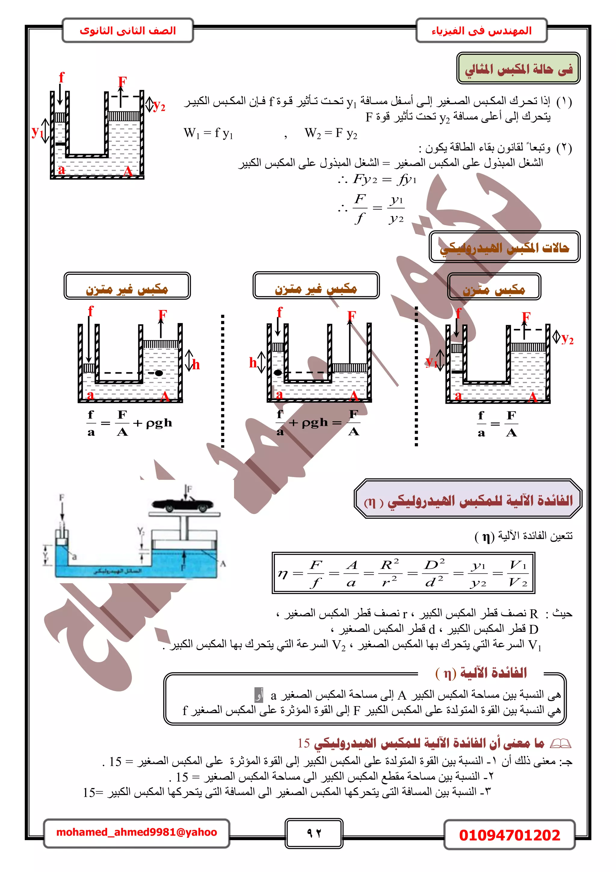92 01094701202mohamed_ahmed9981@yahoo
‫في‬ ‫المهندس‬‫الفيزياء‬‫الثانوى‬ ‫الثاني‬ ‫الصف‬
ٙ‫اذلٛذسٔنٛك‬ ‫نهًكجظ‬ ‫اٜنٛخ‬ ‫انفبئذح‬(η)
ٗ‫ف‬‫ادلكجظ‬ ‫ؽبنخ‬‫ا‬‫دلضبيل‬
(1)‫اخكش‬‫ا‬ٔٓ َ‫ال‬‫ا‬ٓ‫أ‬ ٠‫ا‬‫ا‬ُ‫ا‬ َ٤‫اـ‬‫ا‬ُٜ‫ح‬ ْ‫از‬‫ا‬ٌُٔ‫ح‬ ‫اَى‬‫ا‬‫طل‬ ‫اًح‬y1‫اٞس‬‫ا‬‫ه‬ َ٤‫اؤػ‬‫ا‬‫ط‬ ‫اض‬‫ا‬‫طل‬fَ‫ا‬‫ا‬٤‫حٌُز‬ ْ‫از‬‫ا‬ٌُٔ‫ح‬ ٕ‫اب‬‫ا‬‫ك‬
‫٣ظ‬‫ٓٔخكش‬ ٠ِ‫أػ‬ ٠ُ‫ا‬ ‫لَى‬y2‫هٞس‬ َ٤‫طؤػ‬ ‫طلض‬F
W1 = f y1 , W2 = F y2
(2): ٌٕٞ٣ ‫حُطخهش‬ ‫روخء‬ ٕٞٗ‫ُوخ‬ ً ‫ٝطزؼخ‬
َ٤‫حٌُز‬ ْ‫حٌُٔز‬ ٠ِ‫ػ‬ ٌٍٝ‫حُٔز‬ َ‫حُ٘ـ‬ = َ٤‫حُٜـ‬ ْ‫حٌُٔز‬ ٠ِ‫ػ‬ ٌٍٝ‫حُٔز‬ َ‫حُ٘ـ‬
2
1
12
y
y
f
F
fyFy


( ‫ح٥ُ٤ش‬ ‫حُلخثيس‬ ٖ٤‫طظؼ‬η)
‫ك٤غ‬:R‫ز‬ َ٤‫حٌُز‬ ْ‫حٌُٔز‬ َ‫هط‬ ‫ٜٗق‬r‫ز‬ َ٤‫حُٜـ‬ ْ‫حٌُٔز‬ َ‫هط‬ ‫ٜٗق‬
D‫ز‬ َ٤‫حٌُز‬ ْ‫حٌُٔز‬ َ‫هط‬d‫ز‬ َ٤‫حُٜـ‬ ْ‫حٌُٔز‬ َ‫هط‬
V1‫ز‬ َ٤‫حُٜـ‬ ْ‫حٌُٔز‬ ‫رٜخ‬ ‫٣ظلَى‬ ٢‫حُظ‬ ‫حَُٔػش‬V2َ٤‫حٌُز‬ ْ‫حٌُٔز‬ ‫رٜخ‬ ‫٣ظلَى‬ ٢‫حُظ‬ ‫حَُٔػش‬.
ٙ‫اذلٛذسٔنٛك‬ ‫نهًكجظ‬ ‫اٜنٛخ‬ ‫انفبئذح‬ ٌ‫أ‬ ‫يؼىن‬ ‫يب‬15
‫ؿ‬ٕ‫أ‬ ‫ًُي‬ ٠٘‫ٓؼ‬ :‫ـ‬1-ُ‫ح‬ ‫حُوٞس‬ ٖ٤‫ر‬ ‫حُ٘ٔزش‬‫ٔظُٞيس‬‫ػ‬٠ِ= َ٤‫حُٜـ‬ ْ‫حٌُٔز‬ ٠ِ‫ػ‬ ‫حُٔئػَس‬ ‫حُوٞس‬ ٠ُ‫ا‬ َ٤‫حٌُز‬ ْ‫حٌُٔز‬15.
2-= َ٤‫حُٜـ‬ ْ‫حٌُٔز‬ ‫ٓٔخكش‬ ٠ُ‫ح‬ َ٤‫حٌُز‬ ْ‫حٌُٔز‬ ‫ٓوطغ‬ ‫ٓٔخكش‬ ٖ٤‫ر‬ ‫حُ٘ٔزش‬15.
3-ًَٜ‫٣ظل‬ ٠‫حُظ‬ ‫حُٔٔخكش‬ ٖ٤‫ر‬ ‫حُ٘ٔزش‬َ٤‫حٌُز‬ ْ‫حٌُٔز‬ ‫٣ظلًَٜخ‬ ٠‫حُظ‬ ‫حُٔٔخكش‬ ٠ُ‫ح‬ َ٤‫حُٜـ‬ ْ‫حٌُٔز‬ ‫خ‬15=
y2
y1
f F
a A
ٌ‫يزض‬ ‫يكجظ‬
y2
y1
f F
a A
A
F
a
f

f F
ٌ‫يزض‬ ‫غري‬ ‫يكجظ‬
A
F
gh
a
f

h
a A
f F
ٌ‫يزض‬ ‫غري‬ ‫يكجظ‬
gh
A
F
a
f

h
a A
ٛ‫اذلٛذسٔن‬ ‫ادلكجظ‬ ‫ؽبالد‬ٙ‫ك‬
2
1
2
1
2
2
2
2
V
V
y
y
d
D
r
R
a
A
f
F

‫ه‬ٌُٔ‫ح‬ ‫ٓٔخكش‬ ٖ٤‫ر‬ ‫حُ٘ٔزش‬َ٤‫حٌُز‬ ْ‫ز‬Aَ٤‫حُٜـ‬ ْ‫حٌُٔز‬ ‫ٓٔخكش‬ ٠ُ‫ا‬a‫صو‬
ُ‫ح‬ ‫حُوٞس‬ ٖ٤‫ر‬ ‫حُ٘ٔزش‬ ٢ٛ٠ِ‫ػ‬ ‫ٔظُٞيس‬َ٤‫حٌُز‬ ْ‫حٌُٔز‬Fَ٤‫حُٜـ‬ ْ‫حٌُٔز‬ ٠ِ‫ػ‬ ‫حُٔئػَس‬ ‫حُوٞس‬ ٠ُ‫ا‬f
‫اٜنٛخ‬ ‫انفبئذح‬(η)
 