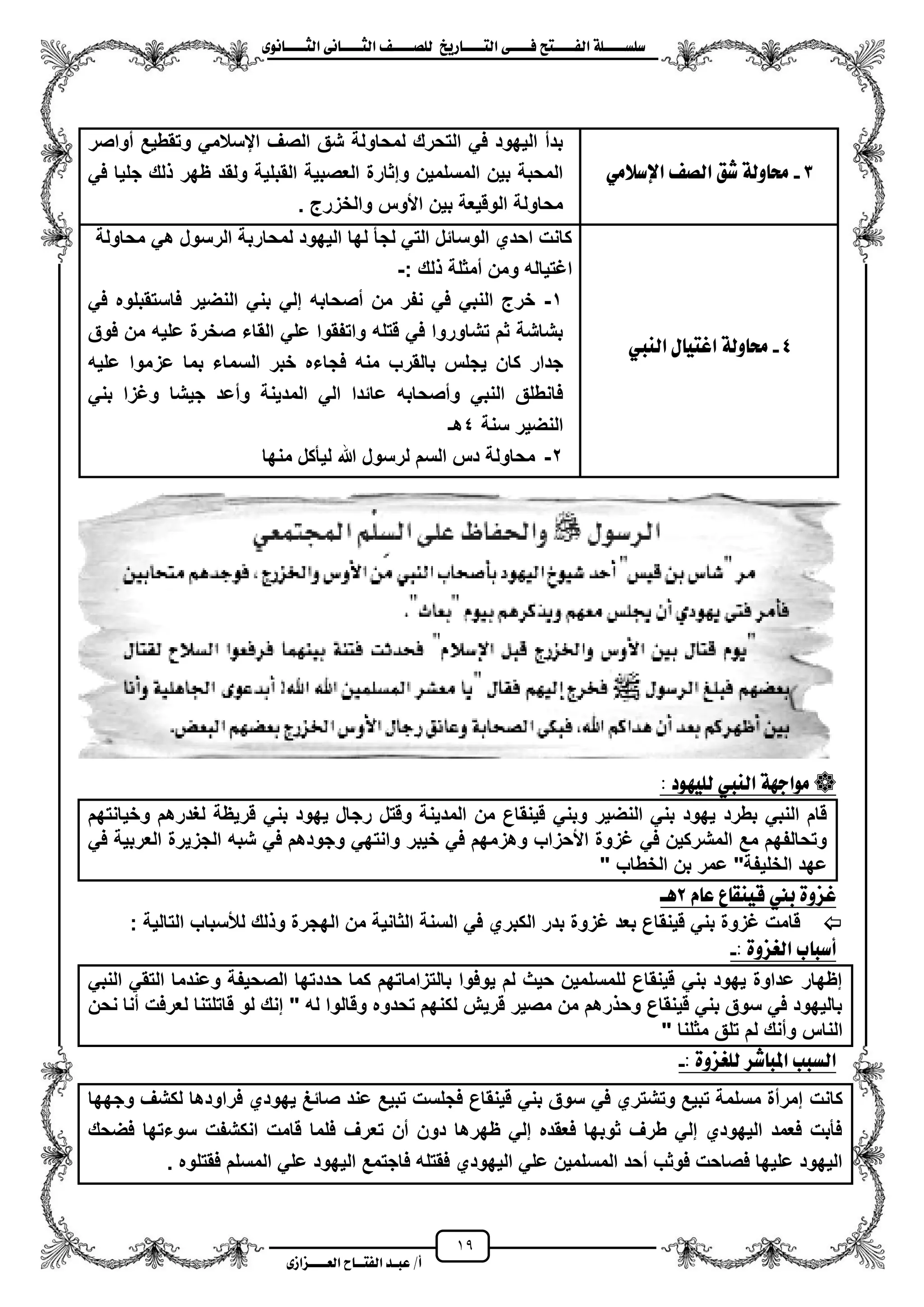 19
١ً‫ل‬‫ل‬‫ضًطللل‬‫ض‬ ‫ل‬‫ل‬‫ايفللل‬٢‫ل‬‫ل‬‫فللل‬‫زٜذ‬ ‫ل‬‫ل‬‫للل‬ ‫اي‬‫ل‬‫ل‬‫يًصللل‬٣ْٛ ‫ل‬‫ل‬‫ايجللل‬ ٢ْ ‫ل‬‫ل‬‫ايجللل‬
‫عب‬ /‫أ‬‫ل‬‫ايف‬ ‫د‬‫لل‬‫ايع‬ ‫ح‬‫لللل‬٣‫صاش‬
3-َٞ‫اإلضال‬ ‫ايص‬ ‫غل‬ ١‫ٚي‬ ‫ست‬
‫مواصر‬ ‫وتقطٌع‬ ً‫ايسالم‬ ‫الصؾ‬ ‫شق‬ ‫لمحاولة‬ ‫التحرك‬ ً‫ف‬ ‫الٌهود‬ ‫بدم‬
ً‫ف‬ ‫جلٌا‬ ‫لك‬ ‫ظهر‬ ‫ولقد‬ ‫القبلٌة‬ ‫العصبٌة‬ ‫وإثارة‬ ‫المسلمٌن‬ ‫بٌن‬ ‫المحبة‬
. ‫والخزرج‬ ‫األوس‬ ‫بٌن‬ ‫الوقٌعة‬ ‫محاولة‬
4-١‫ٚي‬ ‫ست‬‫ايٓيب‬ ٍ ٝ ‫اب‬
‫محاولة‬ ً‫ه‬ ‫الرسول‬ ‫لمحاربة‬ ‫الٌهود‬ ‫لها‬ ‫لجأ‬ ً‫الت‬ ‫الوسائل‬ ‫احدي‬ ‫كانت‬
: ‫لك‬ ‫ممثلة‬ ‫ومن‬ ‫اؼتٌاله‬-
1-ً‫ف‬ ‫فاستقبلوه‬ ‫النضٌر‬ ً‫بن‬ ً‫إل‬ ‫مصحابه‬ ‫من‬ ‫نفر‬ ً‫ف‬ ً‫النب‬ ‫خرج‬
‫فوق‬ ‫من‬ ‫علٌه‬ ‫صخرة‬ ‫القاء‬ ً‫عل‬ ‫واتفقوا‬ ‫قتله‬ ً‫ف‬ ‫تشاوروا‬ ‫ثم‬ ‫بشاشة‬
‫ال‬ ‫خبر‬ ‫فجاءه‬ ‫منه‬ ‫بالقرب‬ ‫ٌجلس‬ ‫كان‬ ‫جدار‬‫علٌه‬ ‫عزموا‬ ‫بما‬ ‫سماء‬
ً‫بن‬ ‫وؼزا‬ ‫جٌشا‬ ‫ومعد‬ ‫المدٌنة‬ ً‫ال‬ ‫عائدا‬ ‫ومصحابه‬ ً‫النب‬ ‫فانطلق‬
‫سنة‬ ‫النضٌر‬4‫هـ‬
2-‫منها‬ ‫لٌأكل‬ ‫هللا‬ ‫لرسول‬ ‫السم‬ ‫دس‬ ‫محاولة‬
‫يًٝٗٛد‬ ‫ايٓيب‬ ١ٗ‫َٛاد‬:
‫وخ‬ ‫لؽدرهم‬ ‫قرٌظة‬ ً‫بن‬ ‫ٌهود‬ ‫رجال‬ ‫وقتل‬ ‫المدٌنة‬ ‫من‬ ‫قٌنقاع‬ ً‫وبن‬ ‫النضٌر‬ ً‫بن‬ ‫ٌهود‬ ‫بطرد‬ ً‫النب‬ ‫قام‬‫ٌانتهم‬
ً‫ف‬ ‫العربٌة‬ ‫الجزٌرة‬ ‫شبه‬ ً‫ف‬ ‫وجودهم‬ ً‫وانته‬ ‫خٌبر‬ ً‫ف‬ ‫وهزمهم‬ ‫األحزاب‬ ‫ؼزوة‬ ً‫ف‬ ‫المشركٌن‬ ‫مع‬ ‫وتحالفهم‬
" ‫الخطاب‬ ‫بن‬ ‫عمر‬ "‫الخلٌفة‬ ‫عهد‬
ّ ‫ع‬ ‫ع‬ ‫قٝٓك‬ ‫بين‬ ٠ٚ‫بص‬2‫ٖل‬
: ‫التالٌة‬ ‫لألسباب‬ ‫لك‬ ‫و‬ ‫الهجرة‬ ‫من‬ ‫الثانٌة‬ ‫السنة‬ ً‫ف‬ ‫الكبري‬ ‫بدر‬ ‫ؼزوة‬ ‫بعد‬ ‫قٌنقاع‬ ً‫بن‬ ‫ؼزوة‬ ‫قامت‬
٠ٚ‫ايغص‬ ‫ب‬ ‫أضب‬:-
ً‫النب‬ ً‫التق‬ ‫وعندما‬ ‫الصحٌفة‬ ‫حددتها‬ ‫كما‬ ‫بالتزاماتهم‬ ‫ٌوفوا‬ ‫لم‬ ‫حٌث‬ ‫للمسلمٌن‬ ‫قٌنقاع‬ ً‫بن‬ ‫ٌهود‬ ‫عداوة‬ ‫إظهار‬
‫نحن‬ ‫منا‬ ‫لعرفت‬ ‫قاتلتنا‬ ‫لو‬ ‫إنك‬ " ‫له‬ ‫وقالوا‬ ‫تحدوه‬ ‫لكنهم‬ ‫قرٌش‬ ‫مصٌر‬ ‫من‬ ‫رهم‬ ‫وح‬ ‫قٌنقاع‬ ً‫بن‬ ‫سوق‬ ً‫ف‬ ‫بالٌهود‬
" ‫مثلنا‬ ‫تلق‬ ‫لم‬ ‫ومنك‬ ‫الناس‬
: ٠ٚ‫يًغص‬ ‫غس‬ ‫املب‬ ‫ايطبب‬-
‫كانت‬‫وجهها‬ ‫لكشؾ‬ ‫فراودها‬ ‫ٌهودي‬ ‫صائػ‬ ‫عند‬ ‫تبٌع‬ ‫فجلست‬ ‫قٌنقاع‬ ً‫بن‬ ‫سوق‬ ً‫ف‬ ‫وتشتري‬ ‫تبٌع‬ ‫مسلمة‬ ‫إمرمة‬
‫فضحك‬ ‫سوءتها‬ ‫انكشفت‬ ‫قامت‬ ‫فلما‬ ‫تعرؾ‬ ‫من‬ ‫دون‬ ‫ظهرها‬ ً‫إل‬ ‫فعقده‬ ‫ثوبها‬ ‫طرؾ‬ ً‫إل‬ ‫الٌهودي‬ ‫فعمد‬ ‫فأبت‬
‫المسلم‬ ً‫عل‬ ‫الٌهود‬ ‫فاجتمع‬ ‫فقتله‬ ‫الٌهودي‬ ً‫عل‬ ‫المسلمٌن‬ ‫محد‬ ‫فوثب‬ ‫فصاحت‬ ‫علٌها‬ ‫الٌهود‬. ‫فقتلوه‬
 