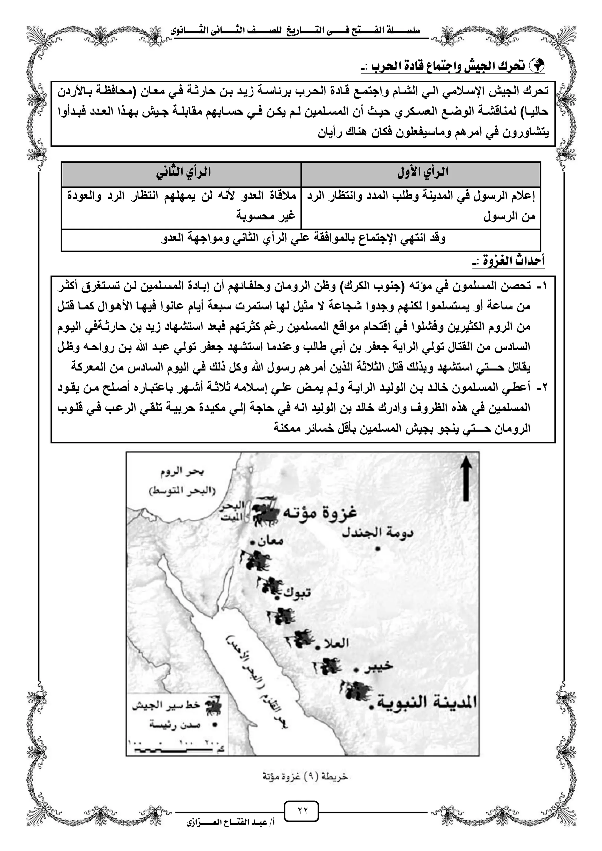 22
١ً‫ل‬‫ل‬‫ضًطللل‬‫ض‬ ‫ل‬‫ل‬‫ايفللل‬٢‫ل‬‫ل‬‫فللل‬‫زٜذ‬ ‫ل‬‫ل‬‫للل‬ ‫اي‬‫ل‬‫ل‬‫يًصللل‬٣ْٛ ‫ل‬‫ل‬‫ايجللل‬ ٢ْ ‫ل‬‫ل‬‫ايجللل‬
‫عب‬ /‫أ‬‫ل‬‫ايف‬ ‫د‬‫لل‬‫ايع‬ ‫ح‬‫لللل‬٣‫صاش‬
: ‫اذتسب‬ ٠‫د‬ ‫ق‬ ‫ع‬ ُ ‫ٚاد‬ ‫ادتٝؼ‬ ‫حتسى‬-
‫بزاألردن‬ ‫(محافظزة‬ ‫معزان‬ ً‫فز‬ ‫حارثزة‬ ‫بزن‬ ‫زٌزد‬ ‫برئاسزة‬ ‫الحزرب‬ ‫قزادة‬ ‫واجتمزع‬ ‫الشزام‬ ً‫الز‬ ً‫ايسزالم‬ ‫الجٌش‬ ‫تحرك‬
‫زدموا‬‫ز‬‫فب‬ ‫زدد‬‫ز‬‫الع‬ ‫ا‬ ‫ز‬‫ز‬‫به‬ ‫زٌش‬‫ز‬‫ج‬ ‫زة‬‫ز‬‫مقابل‬ ‫زابهم‬‫ز‬‫حس‬ ً‫ز‬‫ز‬‫ف‬ ‫زن‬‫ز‬‫ٌك‬ ‫زم‬‫ز‬‫ل‬ ‫زلمٌن‬‫ز‬‫المس‬ ‫من‬ ‫زث‬‫ز‬ٌ‫ح‬ ‫زكري‬‫ز‬‫العس‬ ‫زع‬‫ز‬‫الوض‬ ‫زة‬‫ز‬‫لمناقش‬ )‫زا‬‫ز‬ٌ‫حال‬
‫ه‬ ‫فكان‬ ‫وماسٌفعلون‬ ‫ممرهم‬ ً‫ف‬ ‫ٌتشاورون‬‫رمٌان‬ ‫ناك‬
ٍٚ‫األ‬ ٟ‫ايسأ‬ْٞ ‫ايج‬ ٟ‫ايسأ‬
‫الرد‬ ‫وانتظار‬ ‫المدد‬ ‫وطلب‬ ‫المدٌنة‬ ً‫ف‬ ‫الرسول‬ ‫إعالم‬
‫الرسول‬ ‫من‬
‫والعودة‬ ‫الرد‬ ‫انتظار‬ ‫ٌمهلهم‬ ‫لن‬ ‫ألنه‬ ‫العدو‬ ‫مالقاة‬
‫محسوبة‬ ‫ؼٌر‬
‫العدو‬ ‫ومواجهة‬ ً‫الثان‬ ‫الرمي‬ ً‫عل‬ ‫بالموافقة‬ ‫ايجتماع‬ ً‫انته‬ ‫وقد‬
: ٠ٚ‫ايغص‬ ‫أسداخ‬-
1-‫ته‬ ‫م‬ ً‫ف‬ ‫المسلمون‬ ‫تحصن‬‫مكثزر‬ ‫تسزتؽرق‬ ‫لزن‬ ‫المسزلمٌن‬ ‫إبزادة‬ ‫من‬ ‫وحلفزائهم‬ ‫الرومان‬ ‫وظن‬ )‫الكرك‬ ‫(جنوب‬
‫قتزل‬ ‫كمزا‬ ‫األهزوال‬ ‫فٌهزا‬ ‫عانوا‬ ‫مٌام‬ ‫سبعة‬ ‫استمرت‬ ‫لها‬ ‫مثٌل‬ ‫ال‬ ‫شجاعة‬ ‫وجدوا‬ ‫لكنهم‬ ‫ٌستسلموا‬ ‫مو‬ ‫ساعة‬ ‫من‬
‫الٌزوم‬ ً‫حارثزةف‬ ‫بن‬ ‫زٌد‬ ‫استشهاد‬ ‫فبعد‬ ‫كثرتهم‬ ‫رؼم‬ ‫المسلمٌن‬ ‫مواقع‬ ‫إقتحام‬ ً‫ف‬ ‫وفشلوا‬ ‫الكثٌرٌن‬ ‫الروم‬ ‫من‬
‫وظزل‬ ‫رواحزه‬ ‫بزن‬ ‫هللا‬ ‫عبزد‬ ً‫تول‬ ‫جعفر‬ ‫استشهد‬ ‫وعندما‬ ‫طالب‬ ً‫مب‬ ‫بن‬ ‫جعفر‬ ‫الراٌة‬ ً‫تول‬ ‫القتال‬ ‫من‬ ‫السادس‬
‫المعركة‬ ‫من‬ ‫السادس‬ ‫الٌوم‬ ً‫ف‬ ‫لك‬ ‫وكل‬ ‫هللا‬ ‫رسول‬ ‫ممرهم‬ ‫ٌن‬ ‫ال‬ ‫الثالثة‬ ‫قتل‬ ‫لك‬ ‫وب‬ ‫استشهد‬ ً‫حـــت‬ ‫ٌقاتل‬
2-‫با‬ ‫زهر‬‫ز‬‫مش‬ ‫زة‬‫ز‬‫ثالث‬ ‫زالمه‬‫ز‬‫إس‬ ً‫ز‬‫ز‬‫عل‬ ‫زض‬‫ز‬‫ٌم‬ ‫زم‬‫ز‬‫ول‬ ‫زة‬‫ز‬ٌ‫الرا‬ ‫زد‬‫ز‬ٌ‫الول‬ ‫زن‬‫ز‬‫ب‬ ‫زد‬‫ز‬‫خال‬ ‫زلمون‬‫ز‬‫المس‬ ً‫ز‬‫ز‬‫معط‬‫زود‬‫ز‬‫ٌق‬ ‫زن‬‫ز‬‫م‬ ‫زلح‬‫ز‬‫مص‬ ‫زاره‬‫ز‬‫عتب‬
‫قلزوب‬ ً‫فز‬ ‫الرعزب‬ ً‫تلقز‬ ‫حربٌزة‬ ‫مكٌزدة‬ ً‫إلز‬ ‫حاجة‬ ً‫ف‬ ‫انه‬ ‫الولٌد‬ ‫بن‬ ‫خالد‬ ‫ومدرك‬ ‫الظروؾ‬ ‫ه‬ ‫ه‬ ً‫ف‬ ‫المسلمٌن‬
‫ممكنة‬ ‫خسائر‬ ‫بأقل‬ ‫المسلمٌن‬ ‫بجٌش‬ ‫ٌنجو‬ ً‫حـــت‬ ‫الرومان‬
 