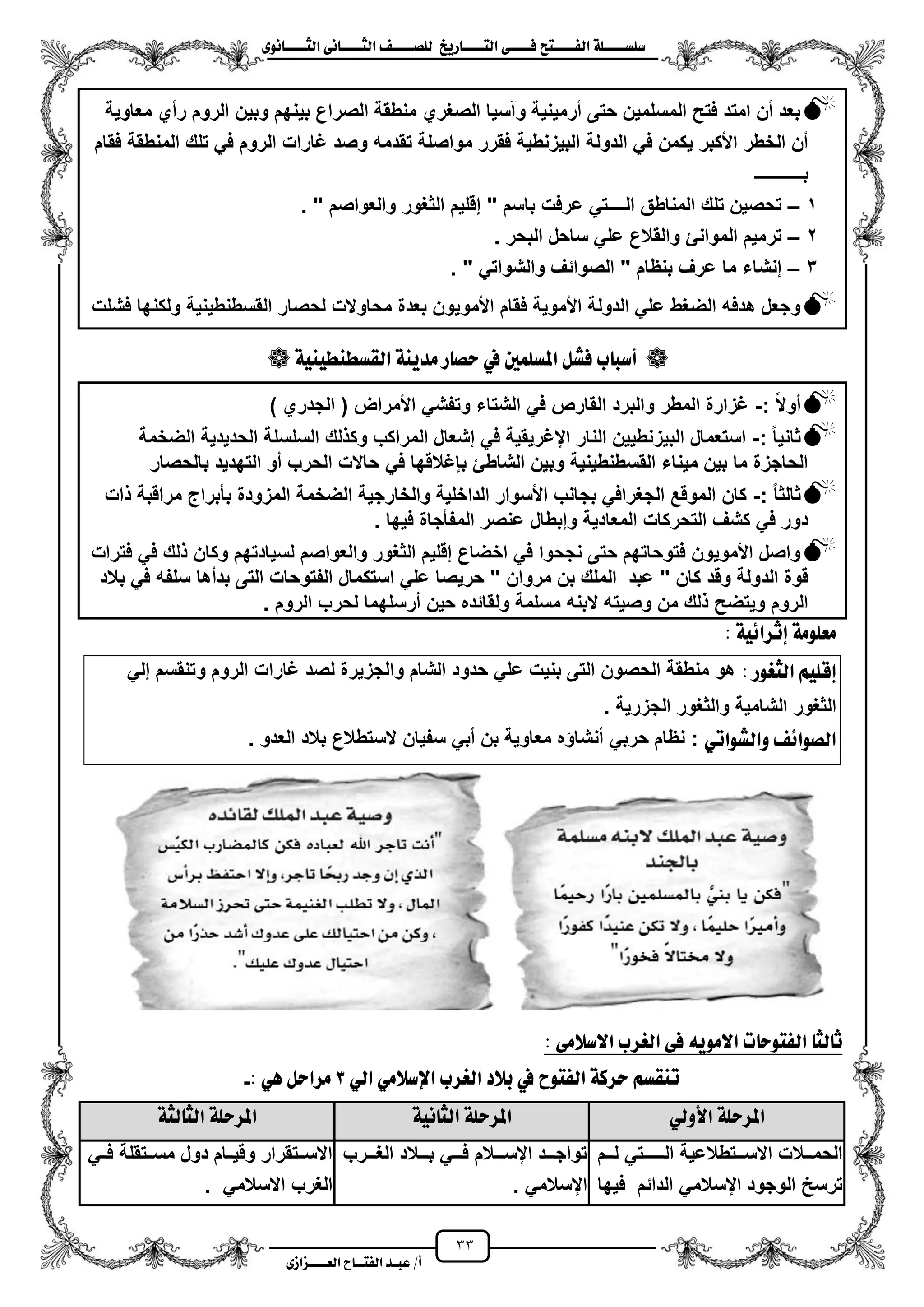 33
١ً‫ل‬‫ل‬‫ضًطللل‬‫ض‬ ‫ل‬‫ل‬‫ايفللل‬٢‫ل‬‫ل‬‫فللل‬‫زٜذ‬ ‫ل‬‫ل‬‫للل‬ ‫اي‬‫ل‬‫ل‬‫يًصللل‬٣ْٛ ‫ل‬‫ل‬‫ايجللل‬ ٢ْ ‫ل‬‫ل‬‫ايجللل‬
‫عب‬ /‫أ‬‫ل‬‫ايف‬ ‫د‬‫لل‬‫ايع‬ ‫ح‬‫لللل‬٣‫صاش‬
‫معاوٌة‬ ‫رمي‬ ‫الروم‬ ‫وبٌن‬ ‫بٌنهم‬ ‫الصراع‬ ‫منطقة‬ ‫الصؽري‬ ‫وآسٌا‬ ‫مرمٌنٌة‬ ‫حتى‬ ‫المسلمٌن‬ ‫فتح‬ ‫امتد‬ ‫من‬ ‫بعد‬
‫فقام‬ ‫المنطقة‬ ‫تلك‬ ً‫ف‬ ‫الروم‬ ‫ؼارات‬ ‫وصد‬ ‫تقدمه‬ ‫مواصلة‬ ‫فقرر‬ ‫البٌزنطٌة‬ ‫الدولة‬ ً‫ف‬ ‫ٌكمن‬ ‫األكبر‬ ‫الخطر‬ ‫من‬
‫بـــــــــــ‬
1–‫إ‬ " ‫باسم‬ ‫عرفت‬ ً‫الــــت‬ ‫المناطق‬ ‫تلك‬ ‫تحصٌن‬" ‫والعواصم‬ ‫الثؽور‬ ‫قلٌم‬.
2–‫البحر‬ ‫ساحل‬ ً‫عل‬ ‫والقالع‬ ‫الموانا‬ ‫ترمٌم‬.
3–" ً‫والشوات‬ ‫الصوائؾ‬ " ‫بنظام‬ ‫عرؾ‬ ‫ما‬ ‫إنشاء‬.
‫محاوالت‬ ‫بعدة‬ ‫األموٌون‬ ‫فقام‬ ‫األموٌة‬ ‫الدولة‬ ً‫عل‬ ‫الضؽط‬ ‫هدفه‬ ‫وجعل‬‫فشلت‬ ‫ولكنها‬ ‫القسطنطٌنٌة‬ ‫لحصار‬
‫ايكطط‬ ١ٜٓ‫َد‬ ‫ز‬ ‫سص‬ ‫يف‬ ‫املطًُني‬ ٌ‫فػ‬ ‫ب‬ ‫أضب‬١ٝٓٝ‫ٓط‬
: ‫موال‬-) ‫الجدري‬ ( ‫األمراض‬ ً‫وتفش‬ ‫الشتاء‬ ً‫ف‬ ‫القارص‬ ‫والبرد‬ ‫المطر‬ ‫ؼزارة‬
: ‫ثانٌا‬-‫الضخمة‬ ‫الحدٌدٌة‬ ‫السلسلة‬ ‫لك‬ ‫وك‬ ‫المراكب‬ ‫إشعال‬ ً‫ف‬ ‫ايؼرٌقٌة‬ ‫النار‬ ‫البٌزنطٌٌن‬ ‫استعمال‬
‫بالح‬ ‫التهدٌد‬ ‫مو‬ ‫الحرب‬ ‫حاالت‬ ً‫ف‬ ‫ببؼالقها‬ ‫الشاطا‬ ‫وبٌن‬ ‫القسطنطٌنٌة‬ ‫مٌناء‬ ‫بٌن‬ ‫ما‬ ‫الحاجزة‬‫صار‬
: ‫ثالثا‬-‫ات‬ ‫مراقبة‬ ‫بأبراج‬ ‫المزودة‬ ‫الضخمة‬ ‫والخارجٌة‬ ‫الداخلٌة‬ ‫األسوار‬ ‫بجانب‬ ً‫الجؽراف‬ ‫الموقع‬ ‫كان‬
. ‫فٌها‬ ‫المفأجاة‬ ‫عنصر‬ ‫وإبطال‬ ‫المعادٌة‬ ‫التحركات‬ ‫كشؾ‬ ً‫ف‬ ‫دور‬
‫فترات‬ ً‫ف‬ ‫لك‬ ‫وكان‬ ‫لسٌادتهم‬ ‫والعواصم‬ ‫الثؽور‬ ‫إقلٌم‬ ‫اخضاع‬ ً‫ف‬ ‫نجحوا‬ ‫حتى‬ ‫فتوحاتهم‬ ‫األموٌون‬ ‫واصل‬
‫الد‬ ‫قوة‬‫بالد‬ ً‫ف‬ ‫سلفه‬ ‫بدمها‬ ‫التى‬ ‫الفتوحات‬ ‫استكمال‬ ً‫عل‬ ‫حرٌصا‬ " ‫مروان‬ ‫بن‬ ‫الملك‬ ‫عبد‬ " ‫كان‬ ‫وقد‬ ‫ولة‬
. ‫الروم‬ ‫لحرب‬ ‫مرسلهما‬ ‫حٌن‬ ‫ولقائده‬ ‫مسلمة‬ ‫البنه‬ ‫وصٌته‬ ‫من‬ ‫لك‬ ‫وٌتضح‬ ‫الروم‬
: ١ٝ٥‫إثسا‬ ١ًَٛ‫َع‬
: ‫ايجغٛز‬ ًِٝ‫إق‬‫هو‬‫الروم‬ ‫ؼارات‬ ‫لصد‬ ‫والجزٌرة‬ ‫الشام‬ ‫حدود‬ ً‫عل‬ ‫بنٌت‬ ‫التى‬ ‫الحصون‬ ‫منطقة‬ً‫إل‬ ‫وتنقسم‬
. ‫الجزرٌة‬ ‫والثؽور‬ ‫الشامٌة‬ ‫الثؽور‬
ٞ‫ٚايػٛات‬ ٥‫ايصٛا‬:. ‫العدو‬ ‫بالد‬ ‫الستطالع‬ ‫سفٌان‬ ً‫مب‬ ‫بن‬ ‫معاوٌة‬ ‫ه‬ ‫منشا‬ ً‫حرب‬ ‫نظام‬
٢َ‫االضال‬ ‫ايغسب‬ ٢‫ف‬ َٜ٘ٛ‫اال‬ ‫ت‬ ‫ٛس‬ ‫ايف‬ ‫يج‬ ‫ث‬:
ٞ‫اي‬ َٞ‫اإلضال‬ ‫ايغسب‬ ‫بالد‬ ‫يف‬ ‫ٛح‬ ‫ايف‬ ١‫سسن‬ ِ‫تٓكط‬3: ٖٞ ٌ‫َساس‬-
ٞ‫األٚي‬ ١ً‫املسس‬١ً‫املسس‬١ْٝ ‫ايج‬١‫يج‬ ‫ايج‬ ١ً‫املسس‬
‫لزززم‬ ً‫الــزززـت‬ ‫االسزززتطالعٌة‬ ‫الحمزززالت‬
‫فٌها‬ ‫الدائم‬ ً‫ايسالم‬ ‫الوجود‬ ‫ترسح‬
‫زززرب‬‫ز‬‫الؽ‬ ‫زززالد‬‫ز‬‫ب‬ ً‫ززز‬‫ز‬‫ف‬ ‫زززالم‬‫ز‬‫ايس‬ ‫زززد‬‫ز‬‫تواج‬
. ً‫ايسالم‬
ً‫زز‬‫ز‬‫ف‬ ‫ززتقلة‬‫ز‬‫مس‬ ‫دول‬ ‫ززام‬‫ز‬ٌ‫وق‬ ‫ززتقرار‬‫ز‬‫االس‬
. ً‫االسالم‬ ‫الؽرب‬
 