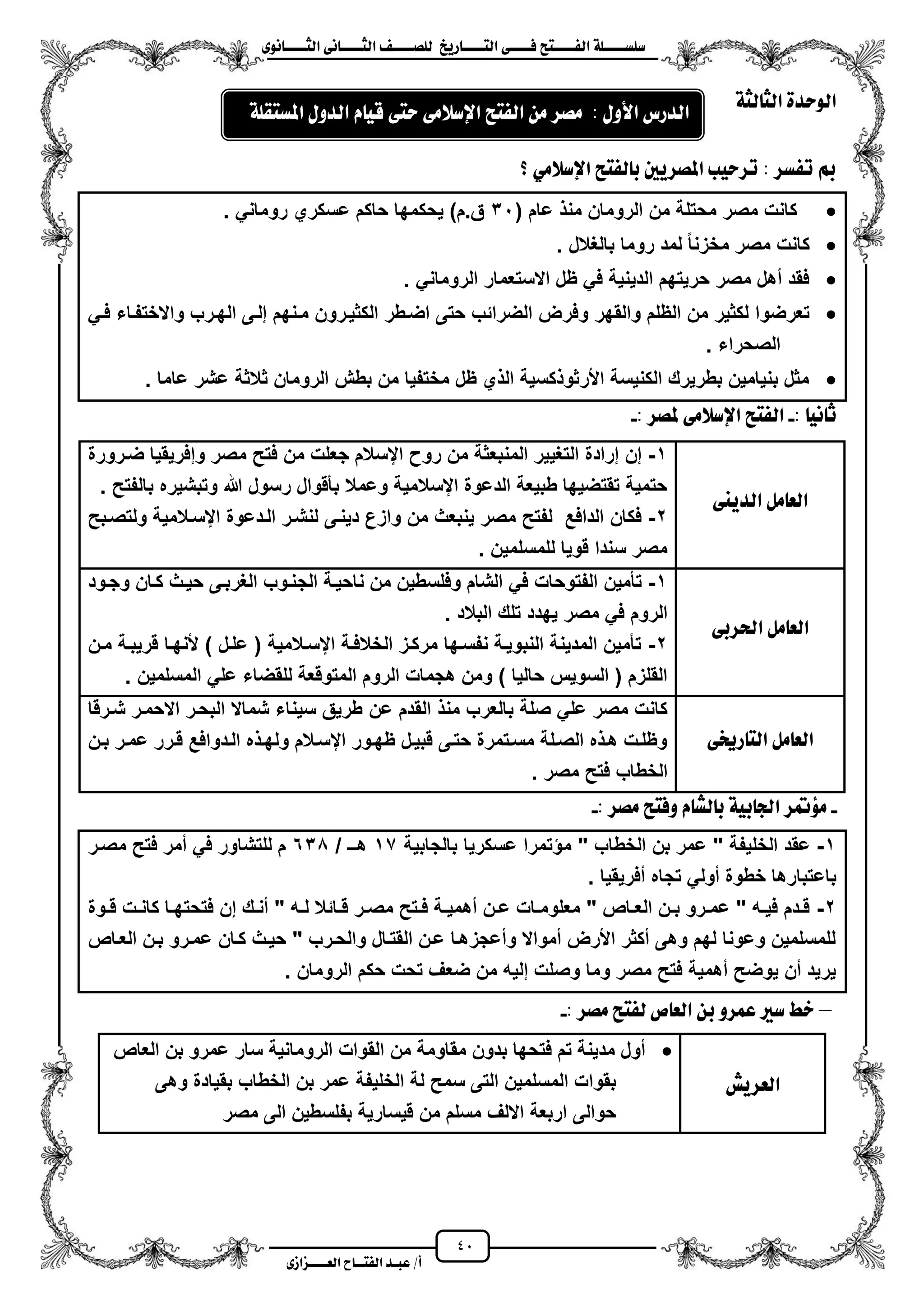 41
١ً‫ل‬‫ل‬‫ضًطللل‬‫ض‬ ‫ل‬‫ل‬‫ايفللل‬٢‫ل‬‫ل‬‫فللل‬‫زٜذ‬ ‫ل‬‫ل‬‫للل‬ ‫اي‬‫ل‬‫ل‬‫يًصللل‬٣ْٛ ‫ل‬‫ل‬‫ايجللل‬ ٢ْ ‫ل‬‫ل‬‫ايجللل‬
‫عب‬ /‫أ‬‫ل‬‫ايف‬ ‫د‬‫لل‬‫ايع‬ ‫ح‬‫لللل‬٣‫صاش‬
١‫يج‬ ‫ايج‬ ٠‫ايٛسد‬
‫؟‬ َٞ‫اإلضال‬ ‫ض‬ ‫يف‬ ‫ب‬ ‫املصسٜني‬ ‫تسسٝب‬ : ‫تفطس‬ ‫مب‬
( ‫عام‬ ‫من‬ ‫الرومان‬ ‫من‬ ‫محتلة‬ ‫مصر‬ ‫كانت‬31ً‫رومان‬ ‫عسكري‬ ‫حاكم‬ ‫ٌحكمها‬ )‫ق.م‬.
‫بالؽالل‬ ‫روما‬ ‫لمد‬ ‫مخزنا‬ ‫مصر‬ ‫كانت‬.
ً‫الرومان‬ ‫االستعمار‬ ‫ظل‬ ً‫ف‬ ‫الدٌنٌة‬ ‫حرٌتهم‬ ‫مصر‬ ‫مهل‬ ‫فقد‬.
‫وفر‬ ‫والقهر‬ ‫الظلم‬ ‫من‬ ‫لكثٌر‬ ‫تعرضوا‬ً‫فز‬ ‫واالختفزاء‬ ‫الهزرب‬ ‫إلزى‬ ‫مزنهم‬ ‫الكثٌزرون‬ ‫اضزطر‬ ‫حتى‬ ‫الضرائب‬ ‫ض‬
‫الصحراء‬.
‫عاما‬ ‫عشر‬ ‫ثالثة‬ ‫الرومان‬ ‫بطش‬ ‫من‬ ‫مختفٌا‬ ‫ظل‬ ‫ي‬ ‫ال‬ ‫كسٌة‬ ‫األرثو‬ ‫الكنٌسة‬ ‫بطرٌرك‬ ‫بنٌامٌن‬ ‫مثل‬.
: ْٝ ‫ث‬-‫ملصس‬ ٢َ‫اإلضال‬ ‫ض‬ ‫ايف‬:-
٢ٜٓ‫ايد‬ ٌَ ‫ايع‬
1-‫م‬ ‫فتح‬ ‫من‬ ‫جعلت‬ ‫ايسالم‬ ‫رو‬ ‫من‬ ‫المنبعثة‬ ‫التؽٌٌر‬ ‫إرادة‬ ‫إن‬‫ضزرورة‬ ‫وإفرٌقٌا‬ ‫صر‬
. ‫بالفتح‬ ‫وتبشٌره‬ ‫هللا‬ ‫رسول‬ ‫بأقوال‬ ‫وعمال‬ ‫ايسالمٌة‬ ‫الدعوة‬ ‫طبٌعة‬ ‫تقتضٌها‬ ‫حتمٌة‬
2-‫ولتصزبح‬ ‫ايسزالمٌة‬ ‫الزدعوة‬ ‫لنشزر‬ ‫دٌنزى‬ ‫وازع‬ ‫من‬ ‫ٌنبعث‬ ‫مصر‬ ‫لفتح‬ ‫الدافع‬ ‫فكان‬
. ‫للمسلمٌن‬ ‫قوٌا‬ ‫سندا‬ ‫مصر‬
٢‫اذتسب‬ ٌَ ‫ايع‬
1-‫الج‬ ‫ناحٌزة‬ ‫من‬ ‫وفلسطٌن‬ ‫الشام‬ ً‫ف‬ ‫الفتوحات‬ ‫تأمٌن‬‫وجزود‬ ‫كزان‬ ‫حٌزث‬ ‫الؽربزى‬ ‫نزوب‬
. ‫البالد‬ ‫تلك‬ ‫ٌهدد‬ ‫مصر‬ ً‫ف‬ ‫الروم‬
2-‫مزن‬ ‫قرٌبزة‬ ‫ألنهزا‬ ) ‫علزل‬ ( ‫ايسزالمٌة‬ ‫الخالفزة‬ ‫مركزز‬ ‫نفسزها‬ ‫النبوٌزة‬ ‫المدٌنة‬ ‫تأمٌن‬
. ‫المسلمٌن‬ ً‫عل‬ ‫للقضاء‬ ‫المتوقعة‬ ‫الروم‬ ‫هجمات‬ ‫ومن‬ ) ‫حالٌا‬ ‫السوٌس‬ ( ‫القلزم‬
٢‫زخي‬ ‫اي‬ ٌَ ‫ايع‬
‫عن‬ ‫القدم‬ ‫من‬ ‫بالعرب‬ ‫صلة‬ ً‫عل‬ ‫مصر‬ ‫كانت‬‫شزرقا‬ ‫االحمزر‬ ‫البحزر‬ ‫شماال‬ ‫سٌناء‬ ‫طرٌق‬
‫زن‬‫ز‬‫ب‬ ‫عمزر‬ ‫قزرر‬ ‫الزدوافع‬ ‫ه‬ ‫ولهز‬ ‫ايسزالم‬ ‫ظهزور‬ ‫قبٌزل‬ ‫حتزى‬ ‫مسزتمرة‬ ‫الصزلة‬ ‫ه‬ ‫هز‬ ‫وظلزت‬
. ‫مصر‬ ‫فتح‬ ‫الخطاب‬
-: ‫َصس‬ ‫ض‬ ‫ٚف‬ ّ ‫يػ‬ ‫ب‬ ١ٝ‫ب‬ ‫ادت‬ ‫َؤمتس‬-
1-‫بالجابٌة‬ ‫عسكرٌا‬ ‫تمرا‬ ‫م‬ " ‫الخطاب‬ ‫بن‬ ‫عمر‬ " ‫الخلٌفة‬ ‫عقد‬17/ ‫هــ‬630‫مصزر‬ ‫فتح‬ ‫ممر‬ ً‫ف‬ ‫للتشاور‬ ‫م‬
‫باع‬‫مفرٌقٌا‬ ‫تجاه‬ ً‫مول‬ ‫خطوة‬ ‫تبارها‬.
2-‫زوة‬‫ز‬‫ق‬ ‫زت‬‫ز‬‫كان‬ ‫زا‬‫ز‬‫فتحته‬ ‫إن‬ ‫زك‬‫ز‬‫من‬ " ‫زه‬‫ز‬‫ل‬ ‫زائال‬‫ز‬‫ق‬ ‫زر‬‫ز‬‫مص‬ ‫زتح‬‫ز‬‫ف‬ ‫زة‬‫ز‬ٌ‫مهم‬ ‫زن‬‫ز‬‫ع‬ ‫زات‬‫ز‬‫معلوم‬ " ‫زاص‬‫ز‬‫الع‬ ‫زن‬‫ز‬‫ب‬ ‫زرو‬‫ز‬‫عم‬ " ‫زه‬‫ز‬ٌ‫ف‬ ‫زدم‬‫ز‬‫ق‬
‫العزاص‬ ‫بزن‬ ‫عمزرو‬ ‫كزان‬ ‫حٌزث‬ " ‫والحزرب‬ ‫القتزال‬ ‫عزن‬ ‫ومعجزهزا‬ ‫ممواال‬ ‫األرض‬ ‫مكثر‬ ‫وهى‬ ‫لهم‬ ‫وعونا‬ ‫للمسلمٌن‬
‫ضع‬ ‫من‬ ‫إلٌه‬ ‫وصلت‬ ‫وما‬ ‫مصر‬ ‫فتح‬ ‫مهمٌة‬ ‫ٌوضح‬ ‫من‬ ‫ٌرٌد‬. ‫الرومان‬ ‫حكم‬ ‫تحت‬ ‫ؾ‬
–: ‫َصس‬ ‫ض‬ ‫يف‬ ‫ص‬ ‫ايع‬ ٔ‫ب‬ ٚ‫عُس‬ ‫ضري‬ ‫خط‬-
‫ايعسٜؼ‬
‫الرومانٌة‬ ‫القوات‬ ‫من‬ ‫مقاومة‬ ‫بدون‬ ‫فتحها‬ ‫تم‬ ‫مدٌنة‬ ‫مول‬‫العاص‬ ‫بن‬ ‫عمرو‬ ‫سار‬
‫وهى‬ ‫بقٌادة‬ ‫الخطاب‬ ‫بن‬ ‫عمر‬ ‫الخلٌفة‬ ‫لة‬ ‫سمح‬ ‫التى‬ ‫المسلمٌن‬ ‫بقوات‬
‫مصر‬ ‫الى‬ ‫بفلسطٌن‬ ‫قٌسارٌة‬ ‫من‬ ‫مسلم‬ ‫االلؾ‬ ‫اربعة‬ ‫حوالى‬
: ٍٚ‫األ‬ ‫ايدزع‬‫َصس‬َٔ‫ا‬‫ض‬ ‫يف‬٢َ‫اإلضال‬٢ ‫س‬ّ ٝ‫ق‬ٍٚ‫ايد‬١ً‫ك‬ ‫املط‬
 