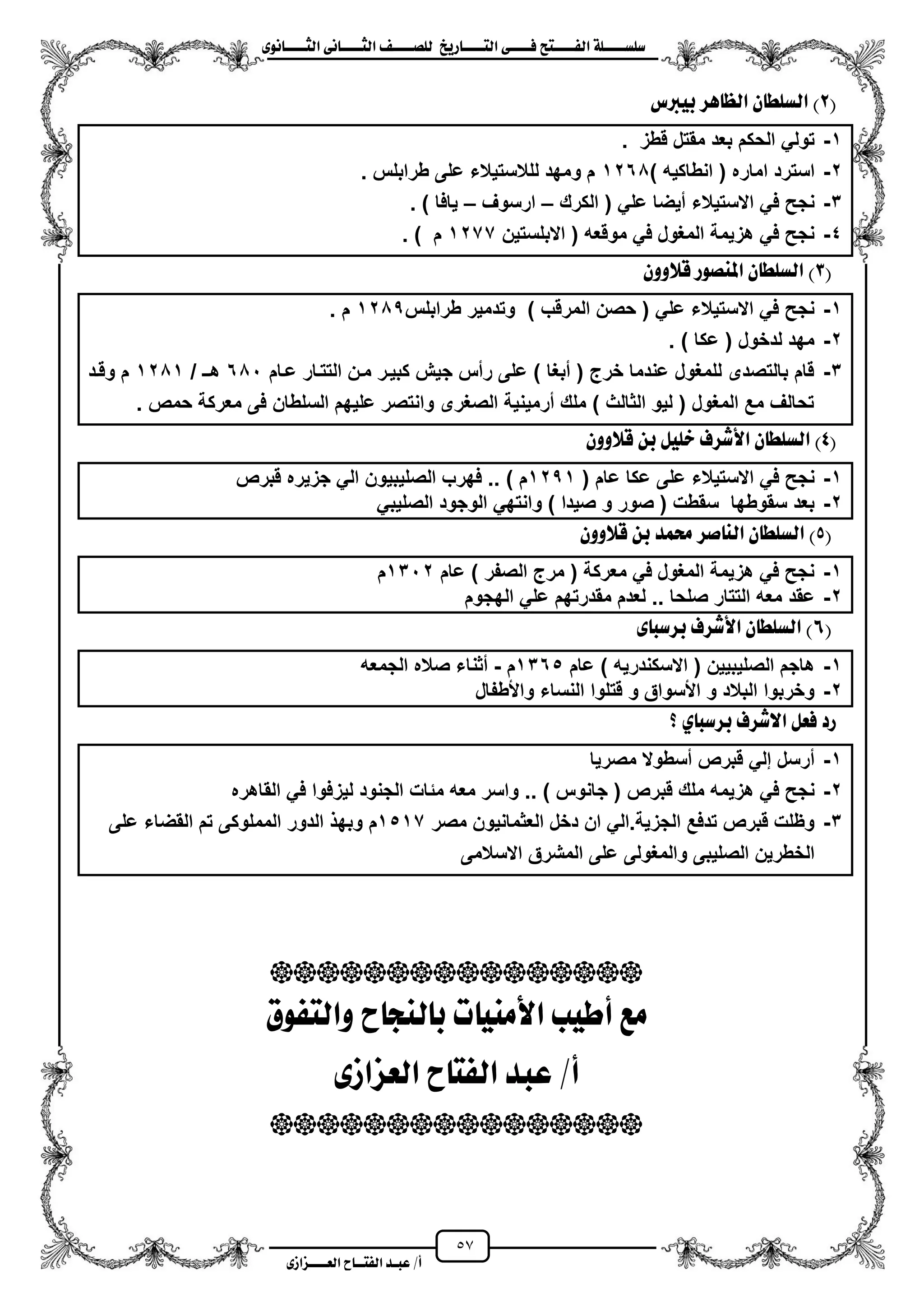 57
١ً‫ل‬‫ل‬‫ضًطللل‬‫ض‬ ‫ل‬‫ل‬‫ايفللل‬٢‫ل‬‫ل‬‫فللل‬‫زٜذ‬ ‫ل‬‫ل‬‫للل‬ ‫اي‬‫ل‬‫ل‬‫يًصللل‬٣ْٛ ‫ل‬‫ل‬‫ايجللل‬ ٢ْ ‫ل‬‫ل‬‫ايجللل‬
‫عب‬ /‫أ‬‫ل‬‫ايف‬ ‫د‬‫لل‬‫ايع‬ ‫ح‬‫لللل‬٣‫صاش‬
(2‫بٝربع‬ ‫ٖس‬ ‫ايع‬ ٕ ‫ايطًط‬ )
1-‫قطز‬ ‫مقتل‬ ‫بعد‬ ‫الحكم‬ ً‫تول‬.
2-) ‫انطاكٌه‬ ( ‫اماره‬ ‫استرد‬1260‫طرابلس‬ ‫على‬ ‫للالستٌالء‬ ‫ومهد‬ ‫م‬.
3-‫الكرك‬ ( ً‫عل‬ ‫مٌضا‬ ‫االستٌالء‬ ً‫ف‬ ‫نجح‬–‫ارسوؾ‬–) ‫ٌافا‬.
4-‫االبلستٌن‬ ( ‫موقعه‬ ً‫ف‬ ‫المؽول‬ ‫هزٌمة‬ ً‫ف‬ ‫نجح‬1277‫م‬).
(3ٕٚٚ‫قال‬ ‫املٓصٛز‬ ٕ ‫ايطًط‬ )
1-) ‫المرقب‬ ‫حصن‬ ( ً‫عل‬ ‫االستٌالء‬ ً‫ف‬ ‫نجح‬‫وتدمٌر‬‫طرابلس‬1205‫م‬.
2-) ‫عكا‬ ( ‫لدخول‬ ‫مهد‬.
3-‫عزام‬ ‫التتزار‬ ‫مزن‬ ‫كبٌزر‬ ‫جٌش‬ ‫رمس‬ ‫على‬ ) ‫مبؽا‬ ( ‫خرج‬ ‫عندما‬ ‫للمؽول‬ ‫بالتصدى‬ ‫قام‬601/ ‫هزـ‬1201‫وقزد‬ ‫م‬
. ‫حمص‬ ‫معركة‬ ‫فى‬ ‫السلطان‬ ‫علٌهم‬ ‫وانتصر‬ ‫الصؽرى‬ ‫مرمٌنٌة‬ ‫ملك‬ ) ‫الثالث‬ ‫لٌو‬ ( ‫المؽول‬ ‫مع‬ ‫تحالؾ‬
(4ٕٚٚ‫قال‬ ٔ‫ب‬ ًٌٝ‫خ‬ ‫األغسف‬ ٕ ‫ايطًط‬ )
1-( ‫عام‬ ‫عكا‬ ‫على‬ ‫االستٌالء‬ ً‫ف‬ ‫نجح‬1251‫قبرص‬ ‫جزٌره‬ ً‫ال‬ ‫الصلٌبٌون‬ ‫فهرب‬ .. ) ‫م‬
2-ً‫الصلٌب‬ ‫الوجود‬ ً‫وانته‬ ) ‫صٌدا‬ ‫و‬ ‫صور‬ ( ‫سقطت‬ ‫سقوطها‬ ‫بعد‬
(5ٕٚٚ‫قال‬ ٔ‫ب‬ ‫ستُد‬ ‫صس‬ ٓ‫اي‬ ٕ ‫ايطًط‬ )
1-‫عام‬ ) ‫الصفر‬ ‫مرج‬ ( ‫معركة‬ ً‫ف‬ ‫المؽول‬ ‫هزٌمة‬ ً‫ف‬ ‫نجح‬1312‫م‬
2-‫عقد‬‫الهجوم‬ ً‫عل‬ ‫مقدرتهم‬ ‫لعدم‬ .. ‫صلحا‬ ‫التتار‬ ‫معه‬
(6٣ ‫بسضب‬ ‫األغسف‬ ٕ ‫ايطًط‬ )
1-‫عام‬ ) ‫االسكندرٌه‬ ( ‫الصلٌبٌٌن‬ ‫هاجم‬1365‫م‬-‫الجمعه‬ ‫صاله‬ ‫مثناء‬
2-‫واألطفال‬ ‫النساء‬ ‫قتلوا‬ ‫و‬ ‫األسواق‬ ‫و‬ ‫البالد‬ ‫وخربوا‬
‫؟‬ ٟ ‫بسضب‬ ‫االغسف‬ ٌ‫فع‬ ‫زد‬
1-‫مصرٌا‬ ‫مسطوال‬ ‫قبرص‬ ً‫إل‬ ‫مرسل‬
2-‫قب‬ ‫ملك‬ ‫هزٌمه‬ ً‫ف‬ ‫نجح‬‫القاهره‬ ً‫ف‬ ‫لٌزفوا‬ ‫الجنود‬ ‫مئات‬ ‫معه‬ ‫واسر‬ .. ) ‫جانوس‬ ( ‫رص‬
3-‫مصر‬ ‫العثمانٌون‬ ‫دخل‬ ‫ان‬ ً‫الجزٌة.ال‬ ‫تدفع‬ ‫قبرص‬ ‫وظلت‬1517‫م‬‫على‬ ‫القضاء‬ ‫تم‬ ‫المملوكى‬ ‫الدور‬ ‫وبه‬
‫االسالمى‬ ‫المشرق‬ ‫على‬ ‫والمؽولى‬ ‫الصلٌبى‬ ‫الخطرٌن‬

‫فٛم‬ ‫ٚاي‬ ‫ح‬ ‫يٓذ‬ ‫ب‬ ‫ت‬ َٝٓ‫األ‬ ‫أطٝب‬ ‫َع‬
‫ح‬ ‫ايف‬ ‫عبد‬ /‫أ‬٣‫ايعصاش‬

 
