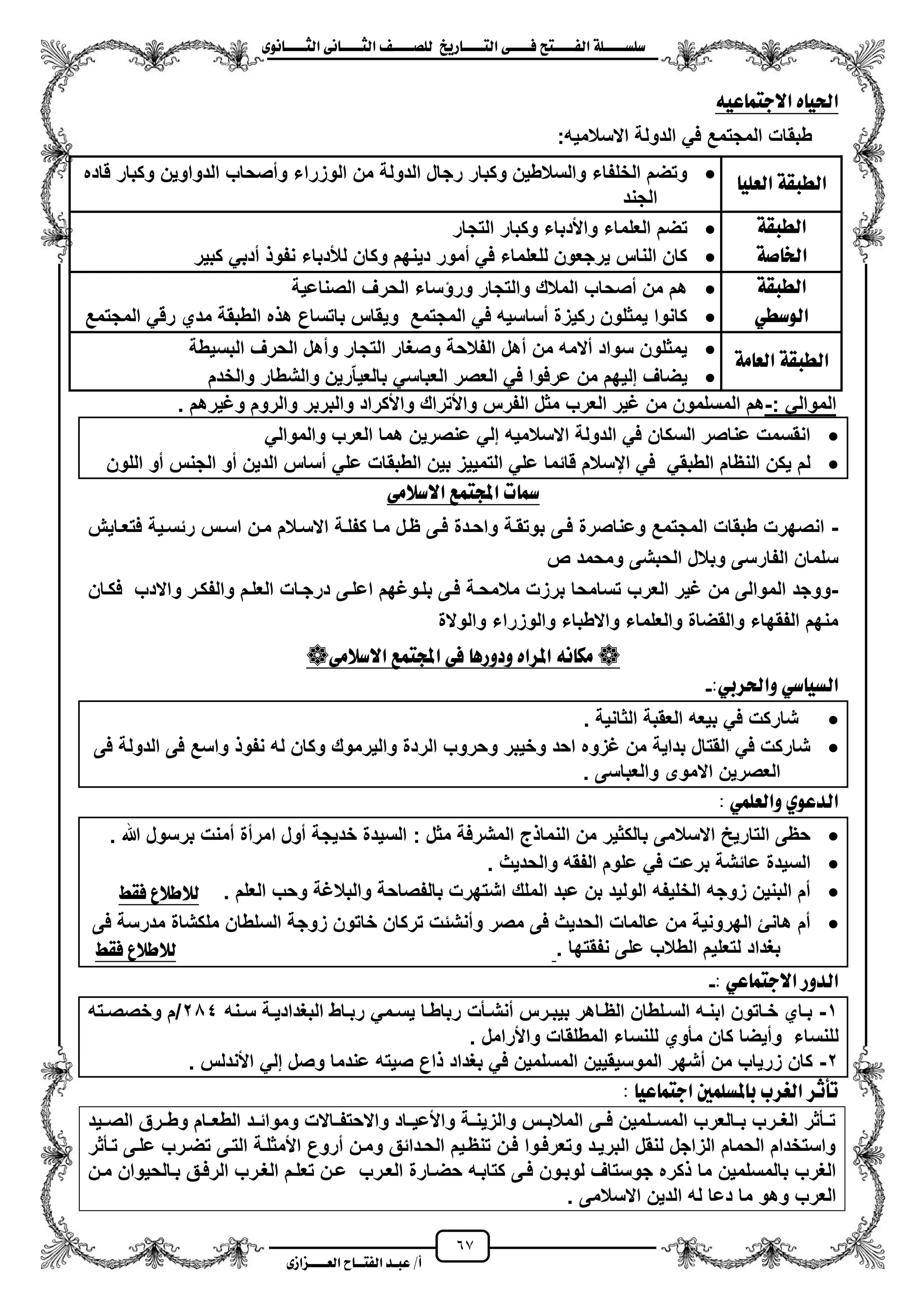 67
١ً‫ل‬‫ل‬‫ضًطللل‬‫ض‬ ‫ل‬‫ل‬‫ايفللل‬٢‫ل‬‫ل‬‫فللل‬‫زٜذ‬ ‫ل‬‫ل‬‫للل‬ ‫اي‬‫ل‬‫ل‬‫يًصللل‬٣ْٛ ‫ل‬‫ل‬‫ايجللل‬ ٢ْ ‫ل‬‫ل‬‫ايجللل‬
‫عب‬ /‫أ‬‫ل‬‫ايف‬ ‫د‬‫لل‬‫ايع‬ ‫ح‬‫لللل‬٣‫صاش‬
ٝ‫ع‬ ُ ‫االد‬ ٙ ٝ‫اذت‬٘
:‫االسالمٌه‬ ‫الدولة‬ ً‫ف‬ ‫المجتمع‬ ‫طبقات‬
ًٝ‫ايع‬ ١‫ايطبك‬‫قاده‬ ‫وكبار‬ ‫الدواوٌن‬ ‫ومصحاب‬ ‫الوزراء‬ ‫من‬ ‫الدولة‬ ‫رجال‬ ‫وكبار‬ ‫والسالطٌن‬ ‫الخلفاء‬ ‫وتضم‬
‫الجند‬
١‫ايطبك‬
١‫ص‬ ‫ارت‬
‫التجار‬ ‫وكبار‬ ‫واألدباء‬ ‫العلماء‬ ‫تضم‬
ٌ‫كب‬ ً‫مدب‬ ‫نفو‬ ‫لألدباء‬ ‫وكان‬ ‫دٌنهم‬ ‫ممور‬ ً‫ف‬ ‫للعلماء‬ ‫ٌرجعون‬ ‫الناس‬ ‫كان‬‫ر‬
١‫ايطبك‬
ٞ‫ايٛضط‬
‫الصناعٌة‬ ‫الحرؾ‬ ‫ساء‬ ‫ور‬ ‫والتجار‬ ‫المالك‬ ‫مصحاب‬ ‫من‬ ‫هم‬
‫المجتمع‬ ً‫رق‬ ‫مدي‬ ‫الطبقة‬ ‫ه‬ ‫ه‬ ‫باتساع‬ ‫وٌقاس‬ ‫المجتمع‬ ً‫ف‬ ‫مساسٌه‬ ‫ركٌزة‬ ‫ٌمثلون‬ ‫كانوا‬
١َ ‫ايع‬ ١‫ايطبك‬‫البسٌطة‬ ‫الحرؾ‬ ‫ومهل‬ ‫التجار‬ ‫وصؽار‬ ‫الفالحة‬ ‫مهل‬ ‫من‬ ‫مالمه‬ ‫سواد‬ ‫ٌمثلون‬
‫ال‬ ‫العصر‬ ً‫ف‬ ‫عرفوا‬ ‫من‬ ‫إلٌهم‬ ‫ٌضاؾ‬‫والخدم‬ ‫والشطار‬ ‫رٌن‬ّ‫ا‬ٌ‫بالع‬ ً‫عباس‬
: ً‫الموال‬-‫وؼٌرهم‬ ‫والروم‬ ‫والبربر‬ ‫واألكراد‬ ‫واألتراك‬ ‫الفرس‬ ‫مثل‬ ‫العرب‬ ‫ؼٌر‬ ‫من‬ ‫المسلمون‬ ‫هم‬.
ً‫والموال‬ ‫العرب‬ ‫هما‬ ‫عنصرٌن‬ ً‫إل‬ ‫االسالمٌه‬ ‫الدولة‬ ً‫ف‬ ‫السكان‬ ‫عناصر‬ ‫انقسمت‬
‫ع‬ ‫الطبقات‬ ‫بٌن‬ ‫التمٌٌز‬ ً‫عل‬ ‫قائما‬ ‫ايسالم‬ ً‫ف‬ ً‫الطبق‬ ‫النظام‬ ‫ٌكن‬ ‫لم‬‫اللون‬ ‫مو‬ ‫الجنس‬ ‫مو‬ ‫الدٌن‬ ‫مساس‬ ً‫ل‬
٢َ‫االضال‬ ‫ُع‬ ‫اجمل‬ ‫ت‬ ‫مس‬
-‫فتعزاٌش‬ ‫رئسزٌة‬ ‫اسزس‬ ‫مزن‬ ‫االسزالم‬ ‫كفلزة‬ ‫مزا‬ ‫ظزل‬ ‫فزى‬ ‫واحزدة‬ ‫بوتقزة‬ ‫فزى‬ ‫وعناصرة‬ ‫المجتمع‬ ‫طبقات‬ ‫انصهرت‬
‫ص‬ ‫ومحمد‬ ‫الحبشى‬ ‫وبالل‬ ‫الفارسى‬ ‫سلمان‬
-‫والف‬ ‫العلزم‬ ‫درجزات‬ ‫اعلزى‬ ‫بلزوؼهم‬ ‫فزى‬ ‫مالمحزة‬ ‫برزت‬ ‫تسامحا‬ ‫العرب‬ ‫ؼٌر‬ ‫من‬ ‫الموالى‬ ‫ووجد‬‫فكزان‬ ‫واالدب‬ ‫كزر‬
‫والوالة‬ ‫والوزراء‬ ‫واالطباء‬ ‫والعلماء‬ ‫والقضاة‬ ‫الفقهاء‬ ‫منهم‬
٢َ‫االضال‬ ‫ُع‬ ‫اجمل‬ ٢‫ف‬ ٖ‫ٚدٚز‬ ٙ‫املسا‬ ْ٘ ‫َه‬
‫ٚاذت‬ ٞ‫ض‬ ٝ‫ايط‬‫س‬:ٞ‫ب‬-
‫الثانٌة‬ ‫العقبة‬ ‫بٌعه‬ ً‫ف‬ ‫شاركت‬.
‫والٌرموك‬ ‫الردة‬ ‫وحروب‬ ‫وخٌبر‬ ‫احد‬ ‫ؼزوه‬ ‫من‬ ‫بداٌة‬ ‫القتال‬ ً‫ف‬ ‫شاركت‬‫الدولة‬ ‫فى‬ ‫واسع‬ ‫نفو‬ ‫له‬ ‫وكان‬‫فى‬
‫والعباسى‬ ‫االموى‬ ‫العصرٌن‬.
: ًُٞ‫ٚايع‬ ٟٛ‫ايدع‬
: ‫مثل‬ ‫المشرفة‬ ‫ج‬ ‫النما‬ ‫من‬ ‫بالكثٌر‬ ‫االسالمى‬ ‫التارٌح‬ ‫حظى‬. ‫هللا‬ ‫برسول‬ ‫ممنت‬ ‫امرمة‬ ‫مول‬ ‫خدٌجة‬ ‫السٌدة‬
‫والحدٌث‬ ‫الفقه‬ ‫علوم‬ ً‫ف‬ ‫برعت‬ ‫عائشة‬ ‫السٌدة‬.
‫وحب‬ ‫والبالؼة‬ ‫بالفصاحة‬ ‫اشتهرت‬ ‫الملك‬ ‫عبد‬ ‫بن‬ ‫الولٌد‬ ‫الخلٌفه‬ ‫زوجه‬ ‫البنٌن‬ ‫مم‬‫العلم‬.‫فكط‬ ‫يالطالع‬
‫فى‬ ‫مدرسة‬ ‫ملكشاة‬ ‫السلطان‬ ‫زوجة‬ ‫خاتون‬ ‫تركان‬ ‫ومنشئت‬ ‫مصر‬ ‫فى‬ ‫الحدٌث‬ ‫عالمات‬ ‫من‬ ‫الهرونٌة‬ ‫هانا‬ ‫مم‬
. ‫نفقتها‬ ‫على‬ ‫الطالب‬ ‫لتعلٌم‬ ‫بؽداد‬‫فكط‬ ‫يالطالع‬
‫اال‬ ‫ايدٚز‬: ٞ‫ع‬ ُ ‫د‬-
1-ً‫زم‬‫ز‬‫ٌس‬ ‫زا‬‫ز‬‫رباط‬ ‫زأت‬‫ز‬‫منش‬ ‫زرس‬‫ز‬‫بٌب‬ ‫زاهر‬‫ز‬‫الظ‬ ‫زلطان‬‫ز‬‫الس‬ ‫زه‬‫ز‬‫ابن‬ ‫زاتون‬‫ز‬‫خ‬ ‫زاي‬‫ز‬‫ب‬‫زنه‬‫ز‬‫س‬ ‫زة‬‫ز‬ٌ‫البؽداد‬ ‫زاط‬‫ز‬‫رب‬204‫زته‬‫ز‬‫وخصص‬ ‫/م‬
‫ل‬‫واألرامل‬ ‫المطلقات‬ ‫للنساء‬ ‫مأوي‬ ‫كان‬ ‫ومٌضا‬ ‫لنساء‬.
2-‫األندلس‬ ً‫إل‬ ‫وصل‬ ‫عندما‬ ‫صٌته‬ ‫اع‬ ‫بؽداد‬ ً‫ف‬ ‫المسلمٌن‬ ‫الموسٌقٌٌن‬ ‫مشهر‬ ‫من‬ ‫زرٌاب‬ ‫كان‬.
‫اد‬ ‫ملطًُني‬ ‫ب‬ ‫ايغسب‬ ‫تأثس‬: ٝ‫ع‬ ُ
‫زٌد‬‫ز‬‫الص‬ ‫زرق‬‫ز‬‫وط‬ ‫زام‬‫ز‬‫الطع‬ ‫زد‬‫ز‬‫وموائ‬ ‫زاالت‬‫ز‬‫واالحتف‬ ‫زاد‬‫ز‬ٌ‫واألع‬ ‫زة‬‫ز‬‫والزٌن‬ ‫زس‬‫ز‬‫المالب‬ ‫زى‬‫ز‬‫ف‬ ‫زلمٌن‬‫ز‬‫المس‬ ‫زالعرب‬‫ز‬‫ب‬ ‫زرب‬‫ز‬‫الؽ‬ ‫زأثر‬‫ز‬‫ت‬
‫تزأثر‬ ‫علزى‬ ‫تضزرب‬ ‫التزى‬ ‫األمثلزة‬ ‫مروع‬ ‫ومزن‬ ‫الحزدائق‬ ‫تنظزٌم‬ ‫فزن‬ ‫وتعرفزوا‬ ‫البرٌزد‬ ‫لنقل‬ ‫الزاجل‬ ‫الحمام‬ ‫واستخدام‬
‫عز‬ ‫العزرب‬ ‫حضزارة‬ ‫كتابزه‬ ‫فزى‬ ‫لوبزون‬ ‫جوستاؾ‬ ‫كره‬ ‫ما‬ ‫بالمسلمٌن‬ ‫الؽرب‬‫مزن‬ ‫بزالحٌوان‬ ‫الرفزق‬ ‫الؽزرب‬ ‫تعلزم‬ ‫ن‬
. ‫االسالمى‬ ‫الدٌن‬ ‫له‬ ‫دعا‬ ‫ما‬ ‫وهو‬ ‫العرب‬
 